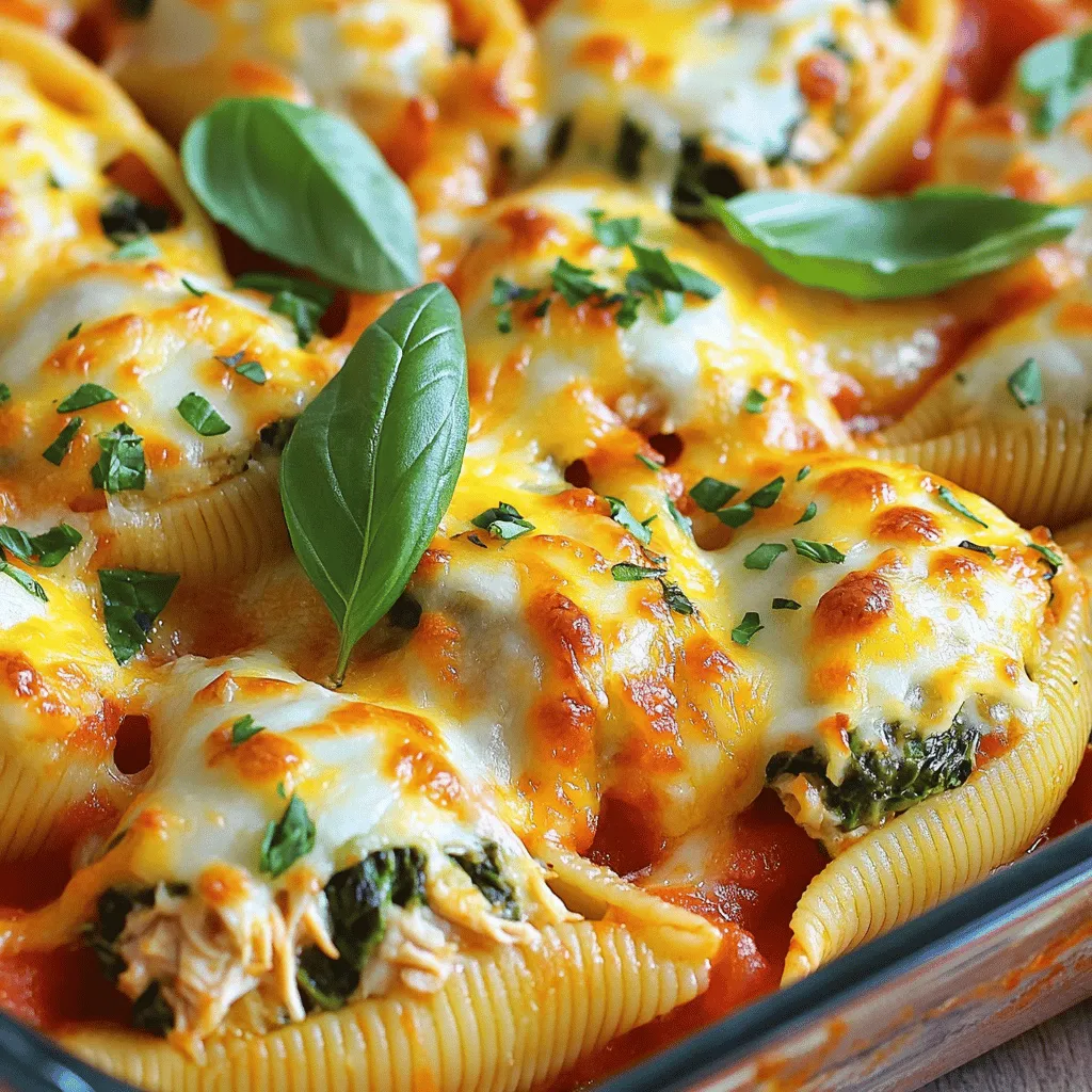 - 20 Jumbo-Pasta-Schalen - 1 Tasse gekochtes Hähnchen, zerkleinert - 2 Tassen frischer Spinat, grob gehackt - 1 Tasse Ricotta-Käse Für die Chicken and Spinach Stuffed Shells sind die Hauptzutaten einfach und leicht zu finden. Jumbo-Pasta-Schalen sind groß genug, um die Füllung aufzunehmen. Ich verwende gekochtes Hähnchen, um Zeit zu sparen. Frischer Spinat bringt Farbe und Nährstoffe. Ricotta-Käse macht die Füllung cremig und lecker. - 1 Teelöffel Knoblauchpulver - 1 Teelöffel Zwiebelpulver - 2 Tassen Marinara-Sauce - Salz und Pfeffer nach Geschmack Die Gewürze bringen Geschmack in die Füllung. Knoblauchpulver und Zwiebelpulver sind einfach zu nutzen. Marinara-Sauce gibt den Muscheln eine leckere Basis. Salz und Pfeffer machen alles noch besser. Diese Kombination sorgt für einen wunderbaren Geschmack. - 1 Tasse Mozzarella-Käse, gerieben - 1/2 Tasse Parmesan-Käse, gerieben Käse ist der Star in diesem Rezept. Mozzarella-Käse schmilzt schön und gibt eine tolle Textur. Parmesan-Käse bringt einen herzhaften Geschmack. Zusammen machen sie die Chicken and Spinach Stuffed Shells unwiderstehlich. Wenn Sie mehr Käse mögen, fügen Sie einfach mehr hinzu. Für die vollständige Anleitung, besuchen Sie das [Full Recipe]. Heizen Sie den Ofen auf 190°C vor. Dies gibt Ihnen eine heiße Basis für die gefüllten Muscheln. Kochen Sie dann die Jumbo-Pasta-Schalen. Folgen Sie dabei den Anweisungen auf der Verpackung. Kochen Sie die Muscheln bis sie al dente sind. Nach dem Kochen, gießen Sie sie ab und lassen Sie sie leicht abkühlen. So können Sie sie später sicher füllen. In einer großen Schüssel vermengen Sie die Hauptzutaten. Geben Sie das zerkleinerte Hähnchen, den gehackten Spinat und den Ricotta-Käse hinein. Fügen Sie auch die Hälfte des Mozzarella-Käses und den Parmesan-Käse hinzu. Das verquirlte Ei sorgt für die Bindung. Jetzt kommt die Würze. Fügen Sie Knoblauchpulver, Zwiebelpulver, Salz und Pfeffer hinzu. Rühren Sie alles gut um, bis die Mischung gleichmäßig ist. Verteilen Sie 1 Tasse Marinara-Sauce auf dem Boden der Auflaufform. Nehmen Sie jede gekochte Muschel und füllen Sie sie vorsichtig mit der Hähnchen-Spinat-Mischung. Legen Sie die gefüllten Muscheln in die Auflaufform. Gießen Sie die restliche Marinara-Sauce über die Muscheln. Achten Sie darauf, dass sie gut bedeckt sind. Streuen Sie den restlichen Mozzarella-Käse gleichmäßig darüber. Decken Sie die Auflaufform mit Aluminiumfolie ab und backen Sie sie 25 Minuten lang. Nehmen Sie die Folie ab und backen Sie weitere 10 Minuten, bis der Käse goldbraun ist. Lassen Sie das Gericht kurz abkühlen. Garnieren Sie es mit frischen Basilikumblättern. Für die vollständige Zubereitung, schauen Sie sich das Rezept an: [Full Recipe]. Um die besten gefüllten Muscheln zu machen, sollten Sie die Pasta al dente kochen. Das bedeutet, dass sie noch etwas fest ist, wenn Sie sie abgießen. So behalten die Muscheln ihre Form und sind leicht zu füllen. Lassen Sie die Muscheln nach dem Kochen etwas auskühlen. Dies hilft, die Füllung besser zu halten und verhindert, dass Sie sich beim Füllen verbrennen. Sie können die Füllung nach Ihrem Geschmack anpassen. Fügen Sie weitere Zutaten hinzu, wie zum Beispiel Pilze oder Paprika. Diese geben der Füllung mehr Geschmack und Textur. Wenn Sie eine vegetarische Option wünschen, ersetzen Sie das Hähnchen durch mehr Spinat oder Ricotta. So bleibt das Gericht lecker und frisch. Präsentieren Sie die gefüllten Muscheln auf einem schönen Teller. Eine einfache Garnierung mit frischen Basilikumblättern macht einen großen Eindruck. Sie können auch frisch geriebenen Parmesan darüber streuen. Für Beilagen passen ein grüner Salat oder Knoblauchbrot gut dazu. Diese Ergänzungen runden Ihr Gericht perfekt ab. {{image_4}} Für eine mediterrane Note können Sie Oliven und Feta-Käse hinzufügen. Diese Zutaten geben den gefüllten Muscheln einen salzigen und herzhaften Geschmack. Oliven passen gut zu Spinat und Hähnchen. Sie bringen auch Farbe und Textur. Feta-Käse sorgt für eine cremige Füllung. Mischen Sie einfach eine Handvoll gehackte Oliven und 100 Gramm zerbröckelten Feta in die Füllung. So wird Ihr Gericht noch aromatischer. Wenn Sie eine fleischfreie Option suchen, probieren Sie vegetarische Hähnchenalternativen. Diese Produkte sind oft aus pflanzlichen Zutaten und bieten einen ähnlichen Geschmack. Sie können auch gekochte Linsen oder Quinoa verwenden. Diese Varianten sind gesund und nahrhaft. Sie fügen Ihrer Füllung auch eine interessante Textur hinzu. Mischen Sie 1 Tasse Linsen oder Quinoa in die Füllung. So bleibt das Gericht lecker und abwechslungsreich. Gewürze machen das Gericht lebendig. Italienische Kräuter wie Oregano und Thymian sind eine gute Wahl. Diese Kräuter bringen die Aromen der Füllung hervor. Fügen Sie 1 Teelöffel getrocknete Kräuter in die Mischung hinzu. Wenn Sie es schärfer mögen, können Sie auch Paprika oder rote Pfefferflocken verwenden. Diese geben einen zusätzlichen Kick. Beginnen Sie mit einer Prise und passen Sie die Menge an, bis es Ihnen gefällt. So gestalten Sie die gefüllten Muscheln nach Ihrem Geschmack. Chicken and Spinach Stuffed Shells bleiben im Kühlschrank bis zu drei Tage frisch. Lagern Sie die gefüllten Muscheln in einem luftdichten Behälter. So bleibt die Füllung saftig und der Käse cremig. Wenn Sie die Schalen länger aufbewahren, verliert das Gericht an Geschmack und Textur. Um die Muscheln einzufrieren, lassen Sie sie zuerst abkühlen. Legen Sie die gefüllten Muscheln in eine gefriergeeignete Form und decken Sie sie gut ab. Sie können sie auch einzeln in Frischhaltefolie wickeln. So bleiben sie bis zu drei Monate haltbar. Zum besten Geschmack sollten Sie die gefrorenen Muscheln vor dem Essen im Kühlschrank auftauen. Die besten Methoden zum Aufwärmen sind einfach. Nutzen Sie den Ofen für gleichmäßige Hitze. Stellen Sie den Ofen auf 180°C ein. Decken Sie die Muscheln mit Folie ab, um sie nicht auszutrocknen. Backen Sie sie etwa 20 Minuten, bis sie heiß sind. Alternativ können Sie die Muscheln in der Mikrowelle erwärmen. Legen Sie sie auf einen mikrowellengeeigneten Teller und decken Sie sie ab. Erwärmen Sie sie in 1-Minuten-Intervallen, bis sie warm sind. Um die besten gefüllten Muscheln zu machen, achte auf die Füllung. Mische das Hähnchen, den Spinat und den Käse gut. Achte darauf, dass die Mischung nicht zu feucht ist. Wenn sie zu nass ist, werden die Muscheln matschig. Backe die gefüllten Muscheln bei 190°C. Die erste Runde sollte mit Folie abgedeckt sein. Dies hält sie saftig. Nach 25 Minuten entferne die Folie. Lass den Käse goldbraun werden. Ja, du kannst die Muscheln im Voraus zubereiten. Fülle die Muscheln und lege sie in die Auflaufform. Gieße die Sauce darüber, aber backe sie nicht sofort. Decke die Form mit Folie ab. Du kannst sie dann im Kühlschrank aufbewahren. Sie bleiben so für 1 bis 2 Tage frisch. Wenn du bereit bist, backe sie einfach. Du musst die Backzeit eventuell etwas verlängern. Zu gefüllten Muscheln passen viele Beilagen. Ein einfacher grüner Salat ist eine gute Wahl. Auch Knoblauchbrot passt gut dazu. Du kannst auch gedünstetes Gemüse servieren. Brokkoli oder grüne Bohnen sind lecker. Für etwas mehr Geschmack, probiere einen frischen Pesto-Dip. Damit ergänzt du das Gericht perfekt. Die gefüllten Muscheln bieten viel Spaß beim Kochen. Wir haben die besten Zutaten besprochen, wie Jumbo-Pasta-Schalen, Hähnchen und frischen Spinat. Die Schritt-für-Schritt-Anleitung hilft dir, die Füllung perfekt zuzubereiten und die Muscheln richtig zu backen. Tipps und Variationen zeigen dir kreative Möglichkeiten. Denke daran, die Muscheln richtig zu lagern und aufzuwärmen. Probiere verschiedene Füllungen aus! Du wirst viele leckere Ergebnisse erzielen. Viel Freude beim Kochen und Genießen deiner einzigartigen Kreationen.