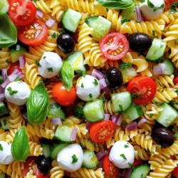 Für den Zesty Italian Pasta Salad brauche ich frische und bunte Zutaten. Hier sind die Hauptzutaten: - 340 g Rotini-Pasta - 240 ml Kirschtomaten, halbiert - 240 ml Gurke, gewürfelt - 120 ml rote Paprika, gewürfelt - 120 ml schwarze Oliven, in Scheiben geschnitten - 120 ml Mozzarella-Bällchen, halbiert - 60 ml rote Zwiebel, fein gehackt - 60 ml frische Basilikumblätter, gehackt - 60 ml Olivenöl - 30 ml Rotweinessig - 15 ml italienische Gewürzmischung - Salz und Pfeffer nach Geschmack Diese Zutaten bringen Frische und Geschmack. Die Pasta ist die Basis. Die Gemüsesorten fügen Farbe und Crunch hinzu. Die Oliven und der Käse bringen einen herzhaften Geschmack. Falls du einige Zutaten nicht hast, gibt es Alternativen. Du kannst die Rotini-Pasta gegen Fusilli oder Penne tauschen. Wenn du keine Kirschtomaten hast, nimm einfach normale Tomaten. Für eine andere Geschmacksrichtung kannst du Feta anstelle von Mozzarella verwenden. Wenn du keine frischen Kräuter findest, sind getrocknete Kräuter auch okay. Achte beim Kauf auf frische Zutaten. Wähle knackige Gurken und leuchtende Paprika. Die Kirschtomaten sollten fest und glänzend sein. Beim Käse greife zu frischen Mozzarella-Bällchen. Sie sind weich und schmecken besser. Bei den Kräutern wähle die, die frisch und duftend sind. Mit frischen Zutaten wird dein Pasta Salad nicht nur gut aussehen, sondern auch viel besser schmecken. Wenn du mehr über die Zubereitung erfahren möchtest, schaue dir das [Full Recipe] an. Koche die Rotini-Pasta in einem großen Topf. Verwende viel Wasser und salze es gut. Koche die Pasta, bis sie al dente ist. Das dauert in der Regel 8 bis 10 Minuten. Wenn die Pasta fertig ist, gieße sie ab. Spüle die Pasta sofort unter kaltem Wasser ab. Dies stoppt den Kochprozess und sorgt dafür, dass die Nudeln nicht zusammenkleben. Nimm eine große Schüssel und füge die gekochte Pasta hinein. Jetzt kommen die frischen Zutaten dazu. Gib die Kirschtomaten, die gewürfelte Gurke, die rote Paprika, die schwarzen Oliven, die Mozzarella-Bällchen, die rote Zwiebel und die gehackten Basilikumblätter in die Schüssel. Mische alles vorsichtig, damit die Zutaten gleichmäßig verteilt sind. In einer kleinen Schüssel vermische das Olivenöl, den Rotweinessig und die italienische Gewürzmischung. Füge Salz und Pfeffer nach Geschmack hinzu. Verquirle alles gut, bis es eine glatte Mischung ergibt. Gieße das Dressing gleichmäßig über den Pasta-Salat und vermenge alles vorsichtig. Lasse den Salat mindestens 30 Minuten im Kühlschrank ruhen, damit sich die Aromen gut entfalten. Vor dem Servieren noch einmal gut durchmischen. Für die vollständige Anleitung und detaillierte Informationen zu diesem Rezept, schau dir das Full Recipe an. Um die Aromen in Ihrem Zesty Italian Pasta Salad zu verstärken, ist frische Kräuter wichtig. Fügen Sie mehr gehackten Basilikum hinzu. Frische Kräuter bringen einen tollen Geschmack. Verwenden Sie auch gutes Olivenöl. Hochwertiges Öl macht einen großen Unterschied. Ein Spritzer Zitronensaft kann die Aromen aufhellen. Es gibt dem Salat eine frische Note. Lassen Sie den Salat nach dem Mischen für 30 Minuten stehen. So können sich die Aromen gut vermischen. Ein häufiger Fehler ist, die Pasta zu lange zu kochen. Achten Sie darauf, dass sie al dente bleibt. Wenn die Pasta zu weich ist, wird der Salat matschig. Ein weiterer Fehler ist, zu wenig Dressing zu verwenden. Das Dressing ist wichtig für den Geschmack. Probieren Sie den Salat vor dem Servieren. So können Sie die Gewürze nach Ihrem Geschmack anpassen. Verwenden Sie auch keine alten Zutaten. Frische Zutaten sind der Schlüssel zu einem leckeren Salat. Servieren Sie den Salat in einer großen Schüssel. Eine schöne Schüssel macht den Salat einladend. Sie können auch einige Fondue-Spieße mit Kirschtomaten und Basilikum zur Dekoration hinzufügen. Das sieht toll aus und macht Spaß. Achten Sie darauf, den Salat vor dem Servieren gut durchzumischen. So bleibt alles frisch und lecker. Wenn Sie den Salat vorbereiten, denken Sie an die Kühlung. Der Salat schmeckt am besten, wenn er kühl serviert wird. Für das komplette Rezept, schauen Sie sich das Full Recipe an. {{image_4}} Dieser Zesty Italian Pasta Salad ist leicht anpassbar. Für eine vegetarische Version lassen Sie die Mozzarella-Bällchen weg. Möchten Sie es vegan machen? Nutzen Sie pflanzliche Käsealternativen oder verzichten Sie ganz darauf. Fügen Sie mehr Gemüse hinzu, wie Spinat oder Rucola. Diese Optionen sorgen für frischen Geschmack und ein tolles Aussehen. Um dem Salat mehr Geschmack zu verleihen, können Sie zusätzliche Zutaten hinzufügen. Gegrillte Zucchini oder Artischockenherzen sind großartige Ergänzungen. Ein Spritzer Zitrone bringt Frische und einen tollen Kick. Sie können auch geröstete Pinienkerne für einen nussigen Crunch verwenden. Experimentieren Sie mit verschiedenen Kräutern wie Oregano oder Petersilie, um den Geschmack zu variieren. Pasta-Salat ist perfekt für jede Jahreszeit. Im Frühling fügen Sie Spargel und frische Erbsen hinzu. Im Sommer können Sie süße, reife Tomaten verwenden. Herbstliche Varianten könnten geröstete Kürbiswürfel oder gebratene Paprika enthalten. Im Winter sind geröstete Karotten und Rote Beete eine gute Wahl. So bleibt Ihr Zesty Italian Pasta Salad frisch und spannend das ganze Jahr über. Um den Zesty Italian Pasta Salad frisch zu halten, sollten Sie ihn in einem luftdichten Behälter lagern. Der Behälter schützt den Salat vor Luft und Feuchtigkeit. Stellen Sie sicher, dass der Salat gut abgedeckt ist. So bleibt er länger knackig und aromatisch. Im Kühlschrank hält der Pasta Salad etwa 3 bis 5 Tage. Achten Sie darauf, den Salat gut zu kühlen, um die Frische zu bewahren. Wenn Sie den Salat länger aufbewahren möchten, überprüfen Sie immer das Aussehen und den Geruch vor dem Essen. Frische Zutaten bieten den besten Geschmack. Das Einfrieren von Pasta Salad ist nicht ideal. Die Textur kann nach dem Auftauen matschig werden. Wenn Sie dennoch einfrieren möchten, trennen Sie das Dressing von der Pasta und den anderen Zutaten. So bleibt die Qualität besser erhalten. Sie können die Zutaten nach dem Auftauen mit frischem Dressing vermischen, um den besten Geschmack zu erzielen. Um den Zesty Italian Pasta Salad vorzubereiten, koche zuerst die Rotini-Pasta. Sie sollte al dente sein. Lass sie abtropfen und spüle sie mit kaltem Wasser, damit sie nicht weiter gart. Dann nimm eine große Schüssel. Vermische die Pasta mit Kirschtomaten, Gurken, roter Paprika, schwarzen Oliven, Mozzarella-Bällchen, roten Zwiebeln und Basilikum. Für das Dressing mische Olivenöl, Rotweinessig, italienische Gewürzmischung, Salz und Pfeffer in einer kleinen Schüssel. Gieße das Dressing über den Salat und mische alles gut. Lass den Salat für mindestens 30 Minuten im Kühlschrank ruhen. So können die Aromen gut durchziehen. Dies ist wichtig, um den besten Geschmack zu erzielen. Ja, du kannst das Rezept leicht anpassen. Wenn du für eine große Gruppe kochen willst, verdopple einfach die Zutaten. Denke daran, dass du auch die Größe der Schüssel anpassen musst. Wenn du mehr Pasta verwendest, könnte die Zubereitungszeit auch etwas länger dauern. Es ist gut, die Mengen zu erhöhen, damit jeder genug bekommt. Du kannst auch verschiedene Zutaten hinzufügen, um den Salat interessanter zu machen. Zum Beispiel kannst du mehr Gemüse oder verschiedene Käsesorten verwenden. So wird der Salat noch bunter und schmackhafter. Zu diesem Salat passen viele Beilagen gut. Du könntest gegrilltes Hähnchen oder Fisch servieren. Diese Ergänzungen machen das Essen herzhaft. Auch frisches Brot oder Baguette sind eine tolle Wahl. Sie sind perfekt zum Dippen in das Dressing. Wenn du etwas Leichtes willst, probiere einen grünen Salat mit einem einfachen Dressing. Das ergänzt die Aromen des Pasta Salads. Auch frisches Obst wie Melonen oder Beeren ist eine erfrischende Beilage. Du kannst auch die *Full Recipe* für weitere Ideen nutzen. Der Zesty Italian Pasta Salad ist einfach zuzubereiten und voller Geschmack. Wir haben die besten Zutaten, Zubereitungsschritte und Tipps geteilt. Frische Zutaten machen einen großen Unterschied. Variationen wie vegetarische Optionen bieten dir neue Ideen. Beachte die Lagerung, damit dein Salat lange hält. Wenn du diese Tipps befolgst, wird dein Pasta Salad ein Hit. Probiere verschiedene Variationen aus und entdecke, was dir am besten schmeckt. Dein Essen wird lecker und frisch sein!