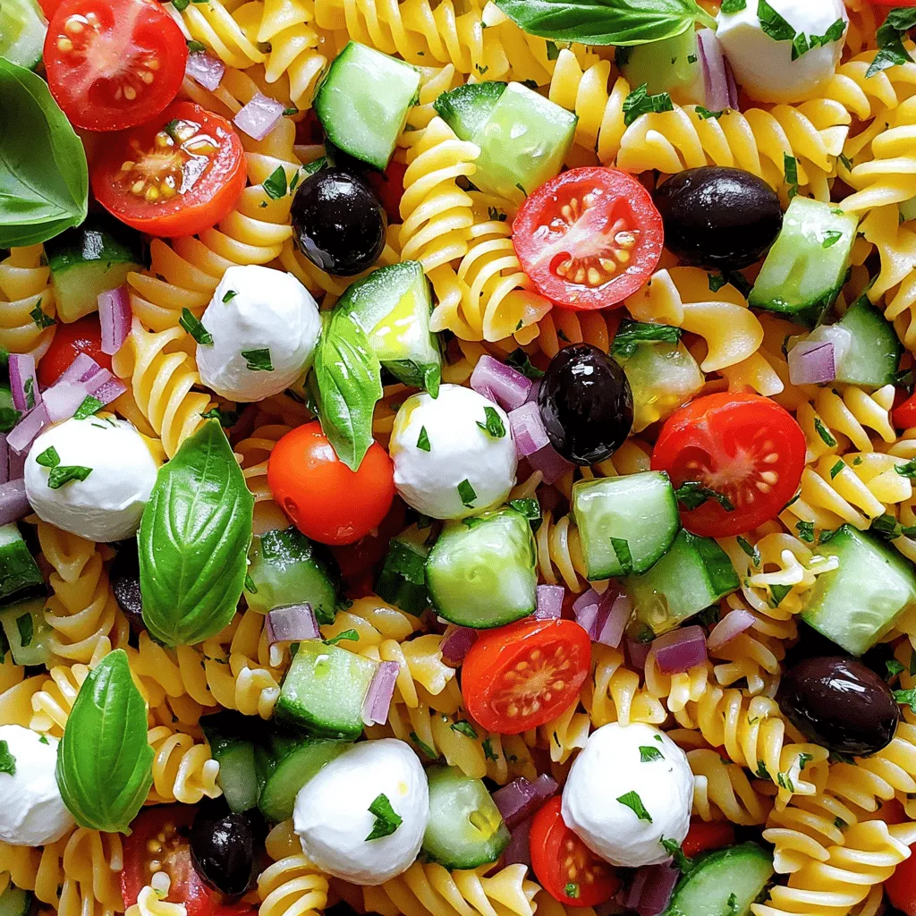 Für den Zesty Italian Pasta Salad brauche ich frische und bunte Zutaten. Hier sind die Hauptzutaten: - 340 g Rotini-Pasta - 240 ml Kirschtomaten, halbiert - 240 ml Gurke, gewürfelt - 120 ml rote Paprika, gewürfelt - 120 ml schwarze Oliven, in Scheiben geschnitten - 120 ml Mozzarella-Bällchen, halbiert - 60 ml rote Zwiebel, fein gehackt - 60 ml frische Basilikumblätter, gehackt - 60 ml Olivenöl - 30 ml Rotweinessig - 15 ml italienische Gewürzmischung - Salz und Pfeffer nach Geschmack Diese Zutaten bringen Frische und Geschmack. Die Pasta ist die Basis. Die Gemüsesorten fügen Farbe und Crunch hinzu. Die Oliven und der Käse bringen einen herzhaften Geschmack. Falls du einige Zutaten nicht hast, gibt es Alternativen. Du kannst die Rotini-Pasta gegen Fusilli oder Penne tauschen. Wenn du keine Kirschtomaten hast, nimm einfach normale Tomaten. Für eine andere Geschmacksrichtung kannst du Feta anstelle von Mozzarella verwenden. Wenn du keine frischen Kräuter findest, sind getrocknete Kräuter auch okay. Achte beim Kauf auf frische Zutaten. Wähle knackige Gurken und leuchtende Paprika. Die Kirschtomaten sollten fest und glänzend sein. Beim Käse greife zu frischen Mozzarella-Bällchen. Sie sind weich und schmecken besser. Bei den Kräutern wähle die, die frisch und duftend sind. Mit frischen Zutaten wird dein Pasta Salad nicht nur gut aussehen, sondern auch viel besser schmecken. Wenn du mehr über die Zubereitung erfahren möchtest, schaue dir das [Full Recipe] an. Koche die Rotini-Pasta in einem großen Topf. Verwende viel Wasser und salze es gut. Koche die Pasta, bis sie al dente ist. Das dauert in der Regel 8 bis 10 Minuten. Wenn die Pasta fertig ist, gieße sie ab. Spüle die Pasta sofort unter kaltem Wasser ab. Dies stoppt den Kochprozess und sorgt dafür, dass die Nudeln nicht zusammenkleben. Nimm eine große Schüssel und füge die gekochte Pasta hinein. Jetzt kommen die frischen Zutaten dazu. Gib die Kirschtomaten, die gewürfelte Gurke, die rote Paprika, die schwarzen Oliven, die Mozzarella-Bällchen, die rote Zwiebel und die gehackten Basilikumblätter in die Schüssel. Mische alles vorsichtig, damit die Zutaten gleichmäßig verteilt sind. In einer kleinen Schüssel vermische das Olivenöl, den Rotweinessig und die italienische Gewürzmischung. Füge Salz und Pfeffer nach Geschmack hinzu. Verquirle alles gut, bis es eine glatte Mischung ergibt. Gieße das Dressing gleichmäßig über den Pasta-Salat und vermenge alles vorsichtig. Lasse den Salat mindestens 30 Minuten im Kühlschrank ruhen, damit sich die Aromen gut entfalten. Vor dem Servieren noch einmal gut durchmischen. Für die vollständige Anleitung und detaillierte Informationen zu diesem Rezept, schau dir das Full Recipe an. Um die Aromen in Ihrem Zesty Italian Pasta Salad zu verstärken, ist frische Kräuter wichtig. Fügen Sie mehr gehackten Basilikum hinzu. Frische Kräuter bringen einen tollen Geschmack. Verwenden Sie auch gutes Olivenöl. Hochwertiges Öl macht einen großen Unterschied. Ein Spritzer Zitronensaft kann die Aromen aufhellen. Es gibt dem Salat eine frische Note. Lassen Sie den Salat nach dem Mischen für 30 Minuten stehen. So können sich die Aromen gut vermischen. Ein häufiger Fehler ist, die Pasta zu lange zu kochen. Achten Sie darauf, dass sie al dente bleibt. Wenn die Pasta zu weich ist, wird der Salat matschig. Ein weiterer Fehler ist, zu wenig Dressing zu verwenden. Das Dressing ist wichtig für den Geschmack. Probieren Sie den Salat vor dem Servieren. So können Sie die Gewürze nach Ihrem Geschmack anpassen. Verwenden Sie auch keine alten Zutaten. Frische Zutaten sind der Schlüssel zu einem leckeren Salat. Servieren Sie den Salat in einer großen Schüssel. Eine schöne Schüssel macht den Salat einladend. Sie können auch einige Fondue-Spieße mit Kirschtomaten und Basilikum zur Dekoration hinzufügen. Das sieht toll aus und macht Spaß. Achten Sie darauf, den Salat vor dem Servieren gut durchzumischen. So bleibt alles frisch und lecker. Wenn Sie den Salat vorbereiten, denken Sie an die Kühlung. Der Salat schmeckt am besten, wenn er kühl serviert wird. Für das komplette Rezept, schauen Sie sich das Full Recipe an. {{image_4}} Dieser Zesty Italian Pasta Salad ist leicht anpassbar. Für eine vegetarische Version lassen Sie die Mozzarella-Bällchen weg. Möchten Sie es vegan machen? Nutzen Sie pflanzliche Käsealternativen oder verzichten Sie ganz darauf. Fügen Sie mehr Gemüse hinzu, wie Spinat oder Rucola. Diese Optionen sorgen für frischen Geschmack und ein tolles Aussehen. Um dem Salat mehr Geschmack zu verleihen, können Sie zusätzliche Zutaten hinzufügen. Gegrillte Zucchini oder Artischockenherzen sind großartige Ergänzungen. Ein Spritzer Zitrone bringt Frische und einen tollen Kick. Sie können auch geröstete Pinienkerne für einen nussigen Crunch verwenden. Experimentieren Sie mit verschiedenen Kräutern wie Oregano oder Petersilie, um den Geschmack zu variieren. Pasta-Salat ist perfekt für jede Jahreszeit. Im Frühling fügen Sie Spargel und frische Erbsen hinzu. Im Sommer können Sie süße, reife Tomaten verwenden. Herbstliche Varianten könnten geröstete Kürbiswürfel oder gebratene Paprika enthalten. Im Winter sind geröstete Karotten und Rote Beete eine gute Wahl. So bleibt Ihr Zesty Italian Pasta Salad frisch und spannend das ganze Jahr über. Um den Zesty Italian Pasta Salad frisch zu halten, sollten Sie ihn in einem luftdichten Behälter lagern. Der Behälter schützt den Salat vor Luft und Feuchtigkeit. Stellen Sie sicher, dass der Salat gut abgedeckt ist. So bleibt er länger knackig und aromatisch. Im Kühlschrank hält der Pasta Salad etwa 3 bis 5 Tage. Achten Sie darauf, den Salat gut zu kühlen, um die Frische zu bewahren. Wenn Sie den Salat länger aufbewahren möchten, überprüfen Sie immer das Aussehen und den Geruch vor dem Essen. Frische Zutaten bieten den besten Geschmack. Das Einfrieren von Pasta Salad ist nicht ideal. Die Textur kann nach dem Auftauen matschig werden. Wenn Sie dennoch einfrieren möchten, trennen Sie das Dressing von der Pasta und den anderen Zutaten. So bleibt die Qualität besser erhalten. Sie können die Zutaten nach dem Auftauen mit frischem Dressing vermischen, um den besten Geschmack zu erzielen. Um den Zesty Italian Pasta Salad vorzubereiten, koche zuerst die Rotini-Pasta. Sie sollte al dente sein. Lass sie abtropfen und spüle sie mit kaltem Wasser, damit sie nicht weiter gart. Dann nimm eine große Schüssel. Vermische die Pasta mit Kirschtomaten, Gurken, roter Paprika, schwarzen Oliven, Mozzarella-Bällchen, roten Zwiebeln und Basilikum. Für das Dressing mische Olivenöl, Rotweinessig, italienische Gewürzmischung, Salz und Pfeffer in einer kleinen Schüssel. Gieße das Dressing über den Salat und mische alles gut. Lass den Salat für mindestens 30 Minuten im Kühlschrank ruhen. So können die Aromen gut durchziehen. Dies ist wichtig, um den besten Geschmack zu erzielen. Ja, du kannst das Rezept leicht anpassen. Wenn du für eine große Gruppe kochen willst, verdopple einfach die Zutaten. Denke daran, dass du auch die Größe der Schüssel anpassen musst. Wenn du mehr Pasta verwendest, könnte die Zubereitungszeit auch etwas länger dauern. Es ist gut, die Mengen zu erhöhen, damit jeder genug bekommt. Du kannst auch verschiedene Zutaten hinzufügen, um den Salat interessanter zu machen. Zum Beispiel kannst du mehr Gemüse oder verschiedene Käsesorten verwenden. So wird der Salat noch bunter und schmackhafter. Zu diesem Salat passen viele Beilagen gut. Du könntest gegrilltes Hähnchen oder Fisch servieren. Diese Ergänzungen machen das Essen herzhaft. Auch frisches Brot oder Baguette sind eine tolle Wahl. Sie sind perfekt zum Dippen in das Dressing. Wenn du etwas Leichtes willst, probiere einen grünen Salat mit einem einfachen Dressing. Das ergänzt die Aromen des Pasta Salads. Auch frisches Obst wie Melonen oder Beeren ist eine erfrischende Beilage. Du kannst auch die *Full Recipe* für weitere Ideen nutzen. Der Zesty Italian Pasta Salad ist einfach zuzubereiten und voller Geschmack. Wir haben die besten Zutaten, Zubereitungsschritte und Tipps geteilt. Frische Zutaten machen einen großen Unterschied. Variationen wie vegetarische Optionen bieten dir neue Ideen. Beachte die Lagerung, damit dein Salat lange hält. Wenn du diese Tipps befolgst, wird dein Pasta Salad ein Hit. Probiere verschiedene Variationen aus und entdecke, was dir am besten schmeckt. Dein Essen wird lecker und frisch sein!