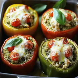 Um köstliche Pesto-Hühnchen gefüllte Paprika zu machen, benötigst du: - 4 große Paprika (jede Farbe) - 2 Tassen gekochtes Hühnchen, zerrissen - 1 Tasse Basilikumpesto (aus dem Laden oder selbstgemacht) - 1 Tasse gekochter Quinoa - 1 Tasse Kirschtomaten, halbiert - 1/2 Tasse Mozzarella Käse, gerieben - 1/4 Tasse Parmesan Käse, gerieben - Salz und Pfeffer nach Geschmack - Frische Basilikumblätter zur Garnitur Wenn du einige Zutaten nicht hast, gibt es gute Alternativen: - Du kannst Hähnchen durch Pute oder Tofu ersetzen. - Verwende Spinat oder Rucola statt Basilikumpesto, wenn du magst. - Statt Quinoa kannst du Reis oder Bulgur nehmen. - Kirschtomaten können durch normale Tomaten ersetzt werden. - Mozzarella kann durch Cheddar oder Gouda ersetzt werden. Frische Zutaten machen das Gericht besonders lecker. Wähle knackige Paprika aus, die fest sind. Achte darauf, dass das Hühnchen frisch zubereitet ist. Wenn du Pesto machst, verwende frisches Basilikum für den besten Geschmack. Gute Kirschtomaten sollten süß und saftig sein. Frische Kräuter, wie Basilikum, geben deinem Gericht das gewisse Etwas. Wenn du diese Tipps beachtest, wird dein Essen ein Hit! Du findest das vollständige Rezept in der oben genannten Liste. Zuerst heizt du deinen Ofen auf 190°C (375°F) vor. Nimm dann die großen Paprika und schneide die Oberseiten ab. Achte darauf, die Samen und die Membranen zu entfernen. Dies ist wichtig, damit die Paprika weich und lecker werden. Bestreiche die Außenseiten leicht mit Olivenöl. Setze die Paprika mit der Schnittfläche nach oben in eine Auflaufform. So bereitest du sie optimal für die Füllung vor. In einer großen Schüssel kombinierst du die Zutaten für die Füllung. Füge das zerrissene Hühnchen, das Basilikumpesto und den gekochten Quinoa hinzu. Mische auch die halbierten Kirschtomaten, die Hälfte des Mozzarella und die Hälfte des Parmesan. Rühre alles gut um, bis die Mischung gleichmäßig ist. Schmecke die Füllung mit Salz und Pfeffer ab. Diese Schritte sorgen für einen tollen Geschmack in deinen gefüllten Paprika. Fülle jede Paprika mit der Hühnchen-Pesto-Mischung. Drücke die Füllung leicht an, damit sie gut sitzt. Bestreue jede gefüllte Paprika mit dem restlichen Käse. Decke die Auflaufform mit Aluminiumfolie ab und backe sie 25 Minuten lang. Nach dieser Zeit entferne die Folie und backe sie für weitere 10 bis 15 Minuten. Der Käse sollte blubbern und die Paprika zart sein. Lass sie nach dem Backen kurz abkühlen und garniere sie mit frischen Basilikumblättern. Jetzt sind deine Pesto Chicken Stuffed Peppers fertig und bereit zum Genießen! Für das vollständige Rezept, schau dir die Full Recipe an. Um gefüllte Paprika perfekt zu machen, wähle frische, feste Paprika. Farben wie rot, grün oder gelb sind alle gut. Schneide die Oberseite ab und entferne die Samen. So bleibt viel Platz für die Füllung. Ich empfehle, die Paprika leicht mit Olivenöl zu bestreichen. Das hilft, die Haut knusprig zu machen. Für Meal Prep kannst du die Füllung im Voraus zubereiten. Koche das Hühnchen und den Quinoa vorher. Auch das Pesto kannst du selbst machen oder im Laden kaufen. Lagere alles in einem Behälter im Kühlschrank. So sparst du Zeit, wenn du das Gericht machst. Du kannst die gefüllten Paprika auch vor dem Backen vorbereiten. Ein häufiger Fehler ist, die Paprika nicht genug zu füllen. Fülle sie gut, damit sie beim Backen nicht auseinanderfallen. Ein anderer Fehler ist, die Paprika nicht vor dem Backen abzudecken. Das kann dazu führen, dass sie austrocknen. Verwende Aluminiumfolie, um die Feuchtigkeit zu halten. Stelle sicher, dass der Käse gleichmäßig verteilt ist, damit er schön schmilzt. Das sind einige Tipps, um deine Pesto-Hühnchen gefüllte Paprika perfekt zu machen. Für das vollständige Rezept, schau dir die Full Recipe an. {{image_4}} Wenn du eine vegetarische Option suchst, sind gefüllte Paprika eine tolle Wahl. Du kannst das Hühnchen durch gebratene Pilze oder schwarze Bohnen ersetzen. Diese Zutaten bieten viel Geschmack und Proteine. Füge zusätzlich etwas Spinat oder Zucchini für mehr Gemüse hinzu. Basilikumpesto passt auch gut zu diesen Alternativen. Für eine scharfe Note kannst du Jalapeños oder zerstoßene rote Pfefferflocken hinzufügen. Diese Zutaten geben den gefüllten Paprika einen Kick. Auch etwas geräucherte Paprika oder Kümmel kann den Geschmack vertiefen. Experimentiere mit verschiedenen Gewürzen, um eine einzigartige Mischung zu kreieren. Diese gefüllten Paprika passen wunderbar zu einem frischen grünen Salat. Auch Knoblauchbrot oder Reis sind tolle Beilagen. Du kannst einen leichten Joghurtdip dazu servieren. Das rundet das Gericht perfekt ab. Für eine gesunde Option, serviere etwas Quinoa oder Couscous. So hast du eine vollwertige Mahlzeit. Die übrig gebliebenen gefüllten Paprika sind einfach zu lagern. Lege sie in einen luftdichten Behälter. Stelle sicher, dass der Deckel gut schließt. So bleiben sie frisch und lecker. Du kannst sie bis zu drei Tage im Kühlschrank aufbewahren. Wenn du sie länger behalten möchtest, gibt es andere Optionen. Das Einfrieren ist eine tolle Methode, um gefüllte Paprika zu lagern. Stelle sicher, dass sie vollständig abgekühlt sind, bevor du sie einfrierst. Wickel jede Paprika in Frischhaltefolie oder lege sie in einen gefrierfesten Behälter. So bleiben sie bis zu drei Monate frisch. Wenn du bereit bist, sie zu essen, kannst du sie einfach im Kühlschrank auftauen. Das Aufwärmen von gefüllten Paprika ist leicht. Du kannst den Ofen nutzen, um sie gleichmäßig zu erwärmen. Heize den Ofen auf 180°C vor. Lege die gefüllten Paprika in eine Auflaufform und decke sie mit Aluminiumfolie ab. Backe sie etwa 20 Minuten lang, bis sie warm sind. Alternativ kannst du die Mikrowelle nutzen. Erwärme sie in kurzen Intervallen, bis sie heiß sind. So bleibt der Geschmack erhalten. Für das beste Ergebnis, garniere sie vor dem Servieren mit frischen Basilikumblättern. Gefüllte Paprika sind im Kühlschrank etwa 3 bis 5 Tage haltbar. Du solltest sie in einem luftdichten Behälter aufbewahren. Wenn du sicherstellen möchtest, dass sie frisch bleiben, lass sie nicht lange stehen. Ja, gefüllte Paprika lassen sich gut im Voraus zubereiten. Du kannst die Füllung einen Tag vorher machen und die Paprika füllen. Lagere sie im Kühlschrank bis zum Backen. Das spart Zeit, wenn du Gäste hast oder einfach eine schnelle Mahlzeit möchtest. Zu gefüllten Paprika passen verschiedene Soßen gut. Eine frische Tomatensoße bringt Geschmack. Auch eine leichte Joghurtsauce kann gut dazu passen. Wenn du es würzig magst, probiere eine scharfe Salsa oder eine BBQ-Sauce. In diesem Blogbeitrag haben wir die Zutaten für gefüllte Paprika besprochen. Du hast gelernt, welche frischen Zutaten ideal sind und welche Alternativen du verwenden kannst. Die Schritt-für-Schritt-Anleitung hilft dir, gefüllte Paprika perfekt zuzubereiten. Du hast Tipps für Meal Prep und Fehlervermeidung erhalten. Schließlich haben wir Variationen und Lagerung von Resten betrachtet. Ich hoffe, du fühlst dich nun bereit, diese köstliche Speise selbst zu machen und zu genießen!