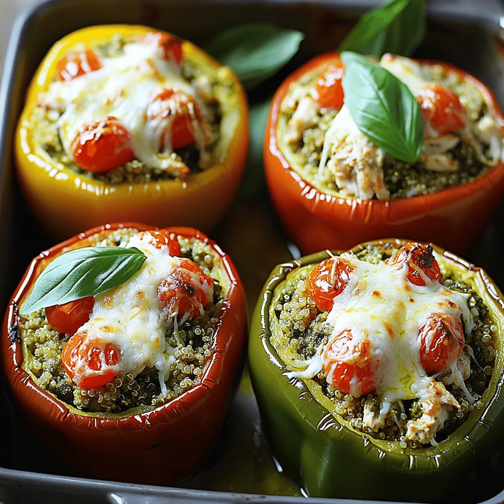 Um köstliche Pesto-Hühnchen gefüllte Paprika zu machen, benötigst du: - 4 große Paprika (jede Farbe) - 2 Tassen gekochtes Hühnchen, zerrissen - 1 Tasse Basilikumpesto (aus dem Laden oder selbstgemacht) - 1 Tasse gekochter Quinoa - 1 Tasse Kirschtomaten, halbiert - 1/2 Tasse Mozzarella Käse, gerieben - 1/4 Tasse Parmesan Käse, gerieben - Salz und Pfeffer nach Geschmack - Frische Basilikumblätter zur Garnitur Wenn du einige Zutaten nicht hast, gibt es gute Alternativen: - Du kannst Hähnchen durch Pute oder Tofu ersetzen. - Verwende Spinat oder Rucola statt Basilikumpesto, wenn du magst. - Statt Quinoa kannst du Reis oder Bulgur nehmen. - Kirschtomaten können durch normale Tomaten ersetzt werden. - Mozzarella kann durch Cheddar oder Gouda ersetzt werden. Frische Zutaten machen das Gericht besonders lecker. Wähle knackige Paprika aus, die fest sind. Achte darauf, dass das Hühnchen frisch zubereitet ist. Wenn du Pesto machst, verwende frisches Basilikum für den besten Geschmack. Gute Kirschtomaten sollten süß und saftig sein. Frische Kräuter, wie Basilikum, geben deinem Gericht das gewisse Etwas. Wenn du diese Tipps beachtest, wird dein Essen ein Hit! Du findest das vollständige Rezept in der oben genannten Liste. Zuerst heizt du deinen Ofen auf 190°C (375°F) vor. Nimm dann die großen Paprika und schneide die Oberseiten ab. Achte darauf, die Samen und die Membranen zu entfernen. Dies ist wichtig, damit die Paprika weich und lecker werden. Bestreiche die Außenseiten leicht mit Olivenöl. Setze die Paprika mit der Schnittfläche nach oben in eine Auflaufform. So bereitest du sie optimal für die Füllung vor. In einer großen Schüssel kombinierst du die Zutaten für die Füllung. Füge das zerrissene Hühnchen, das Basilikumpesto und den gekochten Quinoa hinzu. Mische auch die halbierten Kirschtomaten, die Hälfte des Mozzarella und die Hälfte des Parmesan. Rühre alles gut um, bis die Mischung gleichmäßig ist. Schmecke die Füllung mit Salz und Pfeffer ab. Diese Schritte sorgen für einen tollen Geschmack in deinen gefüllten Paprika. Fülle jede Paprika mit der Hühnchen-Pesto-Mischung. Drücke die Füllung leicht an, damit sie gut sitzt. Bestreue jede gefüllte Paprika mit dem restlichen Käse. Decke die Auflaufform mit Aluminiumfolie ab und backe sie 25 Minuten lang. Nach dieser Zeit entferne die Folie und backe sie für weitere 10 bis 15 Minuten. Der Käse sollte blubbern und die Paprika zart sein. Lass sie nach dem Backen kurz abkühlen und garniere sie mit frischen Basilikumblättern. Jetzt sind deine Pesto Chicken Stuffed Peppers fertig und bereit zum Genießen! Für das vollständige Rezept, schau dir die Full Recipe an. Um gefüllte Paprika perfekt zu machen, wähle frische, feste Paprika. Farben wie rot, grün oder gelb sind alle gut. Schneide die Oberseite ab und entferne die Samen. So bleibt viel Platz für die Füllung. Ich empfehle, die Paprika leicht mit Olivenöl zu bestreichen. Das hilft, die Haut knusprig zu machen. Für Meal Prep kannst du die Füllung im Voraus zubereiten. Koche das Hühnchen und den Quinoa vorher. Auch das Pesto kannst du selbst machen oder im Laden kaufen. Lagere alles in einem Behälter im Kühlschrank. So sparst du Zeit, wenn du das Gericht machst. Du kannst die gefüllten Paprika auch vor dem Backen vorbereiten. Ein häufiger Fehler ist, die Paprika nicht genug zu füllen. Fülle sie gut, damit sie beim Backen nicht auseinanderfallen. Ein anderer Fehler ist, die Paprika nicht vor dem Backen abzudecken. Das kann dazu führen, dass sie austrocknen. Verwende Aluminiumfolie, um die Feuchtigkeit zu halten. Stelle sicher, dass der Käse gleichmäßig verteilt ist, damit er schön schmilzt. Das sind einige Tipps, um deine Pesto-Hühnchen gefüllte Paprika perfekt zu machen. Für das vollständige Rezept, schau dir die Full Recipe an. {{image_4}} Wenn du eine vegetarische Option suchst, sind gefüllte Paprika eine tolle Wahl. Du kannst das Hühnchen durch gebratene Pilze oder schwarze Bohnen ersetzen. Diese Zutaten bieten viel Geschmack und Proteine. Füge zusätzlich etwas Spinat oder Zucchini für mehr Gemüse hinzu. Basilikumpesto passt auch gut zu diesen Alternativen. Für eine scharfe Note kannst du Jalapeños oder zerstoßene rote Pfefferflocken hinzufügen. Diese Zutaten geben den gefüllten Paprika einen Kick. Auch etwas geräucherte Paprika oder Kümmel kann den Geschmack vertiefen. Experimentiere mit verschiedenen Gewürzen, um eine einzigartige Mischung zu kreieren. Diese gefüllten Paprika passen wunderbar zu einem frischen grünen Salat. Auch Knoblauchbrot oder Reis sind tolle Beilagen. Du kannst einen leichten Joghurtdip dazu servieren. Das rundet das Gericht perfekt ab. Für eine gesunde Option, serviere etwas Quinoa oder Couscous. So hast du eine vollwertige Mahlzeit. Die übrig gebliebenen gefüllten Paprika sind einfach zu lagern. Lege sie in einen luftdichten Behälter. Stelle sicher, dass der Deckel gut schließt. So bleiben sie frisch und lecker. Du kannst sie bis zu drei Tage im Kühlschrank aufbewahren. Wenn du sie länger behalten möchtest, gibt es andere Optionen. Das Einfrieren ist eine tolle Methode, um gefüllte Paprika zu lagern. Stelle sicher, dass sie vollständig abgekühlt sind, bevor du sie einfrierst. Wickel jede Paprika in Frischhaltefolie oder lege sie in einen gefrierfesten Behälter. So bleiben sie bis zu drei Monate frisch. Wenn du bereit bist, sie zu essen, kannst du sie einfach im Kühlschrank auftauen. Das Aufwärmen von gefüllten Paprika ist leicht. Du kannst den Ofen nutzen, um sie gleichmäßig zu erwärmen. Heize den Ofen auf 180°C vor. Lege die gefüllten Paprika in eine Auflaufform und decke sie mit Aluminiumfolie ab. Backe sie etwa 20 Minuten lang, bis sie warm sind. Alternativ kannst du die Mikrowelle nutzen. Erwärme sie in kurzen Intervallen, bis sie heiß sind. So bleibt der Geschmack erhalten. Für das beste Ergebnis, garniere sie vor dem Servieren mit frischen Basilikumblättern. Gefüllte Paprika sind im Kühlschrank etwa 3 bis 5 Tage haltbar. Du solltest sie in einem luftdichten Behälter aufbewahren. Wenn du sicherstellen möchtest, dass sie frisch bleiben, lass sie nicht lange stehen. Ja, gefüllte Paprika lassen sich gut im Voraus zubereiten. Du kannst die Füllung einen Tag vorher machen und die Paprika füllen. Lagere sie im Kühlschrank bis zum Backen. Das spart Zeit, wenn du Gäste hast oder einfach eine schnelle Mahlzeit möchtest. Zu gefüllten Paprika passen verschiedene Soßen gut. Eine frische Tomatensoße bringt Geschmack. Auch eine leichte Joghurtsauce kann gut dazu passen. Wenn du es würzig magst, probiere eine scharfe Salsa oder eine BBQ-Sauce. In diesem Blogbeitrag haben wir die Zutaten für gefüllte Paprika besprochen. Du hast gelernt, welche frischen Zutaten ideal sind und welche Alternativen du verwenden kannst. Die Schritt-für-Schritt-Anleitung hilft dir, gefüllte Paprika perfekt zuzubereiten. Du hast Tipps für Meal Prep und Fehlervermeidung erhalten. Schließlich haben wir Variationen und Lagerung von Resten betrachtet. Ich hoffe, du fühlst dich nun bereit, diese köstliche Speise selbst zu machen und zu genießen!