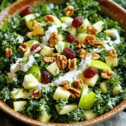 - 4 Tassen gehackter Grünkohl - 1 große Apfel (Granny Smith oder Fuji), gewürfelt - 1 Tasse rote Trauben, halbiert Der Grünkohl gibt dem Salat eine knackige Textur. Äpfel bringen Süße und Frische. Rote Trauben fügen einen süßen, saftigen Biss hinzu. Diese Zutaten machen den Waldorf-Salat besonders lecker. - 1 Tasse Sellerie, fein gehackt - 1/2 Tasse Walnüsse, geröstet und grob gehackt - 1/4 Tasse Rosinen Sellerie bringt einen knackigen Crunch. Geröstete Walnüsse fügen einen nussigen Geschmack hinzu. Rosinen bringen eine süße Note, die den Salat aufhellt. Diese Zutaten ergänzen die Hauptzutaten perfekt. - 1/2 Tasse natürliche griechische Joghurt - 2 Esslöffel Honig - 1 Esslöffel Zitronensaft Das Dressing ist einfach und lecker. Griechischer Joghurt macht es cremig. Honig fügt natürliche Süße hinzu. Zitronensaft bringt Frische und einen Hauch von Säure. Dieses Dressing verbindet alle Aromen im Salat. Für die komplette Zubereitung benutze die [Full Recipe]. Zuerst schneiden wir den Grünkohl. Nimm vier Tassen frischen Grünkohl. Entferne die harten Stiele. Schneide die Blätter in kleine Stücke. Dann wasche sie gründlich. Nun ist der Apfel dran. Wähle einen Granny Smith oder Fuji. Schneide den Apfel in kleine Würfel. Das gibt einen knackigen Biss. Als nächstes bereiten wir die Trauben vor. Halbiere eine Tasse rote Trauben. Diese bringen Süße und Farbe. Jetzt kommt der Sellerie. Hacke eine Tasse fein. Der Sellerie gibt einen tollen Crunch. Jetzt machen wir das Dressing. Nimm eine kleine Schüssel. Vermenge ½ Tasse Joghurt mit zwei Esslöffeln Honig. Füge einen Esslöffel Zitronensaft hinzu. Rühre alles gut durch. Achte darauf, dass die Mischung glatt ist. Das Dressing sollte cremig sein. So schmeckt es besser im Salat. Jetzt kommt der spaßige Teil. Nimm eine große Schüssel. Gib den Grünkohl, den Apfel, die Trauben, den Sellerie, die Walnüsse und die Rosinen hinein. Jetzt ist das Dressing dran. Gieße es gleichmäßig über die Zutaten. Mische alles gut durch. Achte darauf, dass alles gleichmäßig bedeckt ist. Würze den Salat mit Salz und Pfeffer. Lass den Salat etwa 10-15 Minuten stehen. So können sich die Aromen entfalten. Für das vollständige Rezept, schau dir das [Full Recipe] an. - Lassen Sie die Aromen kurz ziehen. Dies hilft, die Geschmäcker zu vereinen und intensiver zu machen. - Verfeinern Sie den Salat mit zusätzlichem Olivenöl. Ein Spritzer Olivenöl bringt mehr Tiefe in den Geschmack. - Servieren Sie den Salat in einer schönen Schüssel. Eine ansprechende Schüssel wertet das Gericht auf und macht es einladend. - Garnieren Sie mit Walnüssen und frischen Kräutern. Diese geben dem Salat einen schönen Farbtupfer und zusätzlichen Geschmack. - Vermeiden Sie es, zu viel Dressing hinzuzufügen. Zu viel Dressing kann den Salat matschig machen. - Verwenden Sie keine unreifen Äpfel. Reife Äpfel sorgen für süßere und knackigere Bissen. Das ist der Schlüssel zur perfekten Waldorf-Salat-Zubereitung! Wenn Sie mehr über die Schritte erfahren möchten, schauen Sie sich das Full Recipe an. {{image_4}} Um den Waldorf-Salat vegan zu machen, kannst du einige einfache Änderungen vornehmen. Ersetze den Joghurt durch pflanzliche Alternativen wie Soja- oder Kokosjoghurt. Diese sorgen für einen ähnlichen Geschmack. Anstelle von Honig nimmst du Agavendicksaft. So bleibt der Salat süß und lecker, aber ganz ohne tierische Produkte. Wenn du etwas Neues ausprobieren möchtest, tausche Sellerie gegen Paprika aus. Paprika bringt eine knackige Süße. Du kannst auch Mandeln oder Pecannüsse anstelle von Walnüssen verwenden. Diese Nüsse fügen eine andere Textur und einen neuen Geschmack hinzu. Experimentiere mit den Zutaten, um deinen perfekten Waldorf-Salat zu kreieren. Der Waldorf-Salat kann auch saisonal angepasst werden. Im Herbst fügen Cranberries ein fruchtiges Element hinzu und geben dem Salat eine schöne Farbe. Für den Sommer probiere frische Beeren, wie Himbeeren oder Erdbeeren. Diese machen den Salat leicht und erfrischend. Egal, welche Variation du wählst, der Waldorf-Salat bleibt ein Genuss. Du kannst die vollständige Rezeptanleitung im Full Recipe finden. Um deinen Waldorf-Salat frisch zu halten, kühle ihn gut. Dies schützt die knackige Textur und den frischen Geschmack. Bewahre den Salat in einem luftdichten Behälter auf. So bleibt er länger genießbar und verliert nicht seine Aromen. Die richtige Kühlung ist wichtig für die Frische der Zutaten. Der Waldorf-Salat bleibt frisch für 2-3 Tage. Achte darauf, ihn im Kühlschrank zu lagern. Das Einfrieren ist keine Option, da die Textur und der Geschmack leiden. Das Gemüse wird matschig und verliert seinen Biss. Daher ist es am besten, den Salat frisch zu genießen. Wenn du den Salat servierst, kann er etwas aufgefrischt werden. Rühre ihn einfach vorsichtig um. So vermischen sich die Aromen neu. Du kannst auch etwas frischen Joghurt oder Zitronensaft hinzufügen, um den Geschmack zu beleben. Damit entfalten sich die Aromen noch besser und der Salat schmeckt wie frisch zubereitet. Der Waldorf-Salat bleibt frisch für 2 bis 3 Tage. Lagern Sie ihn im Kühlschrank in einem luftdichten Behälter. So bleibt der Salat knackig und lecker. Vermeiden Sie es, ihn zu lange stehen zu lassen. Die Frische ist der Schlüssel zum Genuss dieses köstlichen Salats. Ja, Sie können das Dressing im Voraus zubereiten. Mischen Sie den griechischen Joghurt, Honig und Zitronensaft in einer Schüssel. Bewahren Sie es im Kühlschrank auf. So können die Aromen gut durchziehen. Fügen Sie das Dressing erst kurz vor dem Servieren hinzu. So bleibt der Salat frisch und knackig. Die klassischen Zutaten sind Äpfel, Sellerie, Trauben und Walnüsse. Diese Zutaten geben dem Salat Textur und Geschmack. Äpfel bringen Süße, Sellerie sorgt für Knackigkeit, und Walnüsse bringen einen nussigen Crunch. Diese Kombination macht den Salat so besonders. Der Waldorf-Salat stammt aus dem Waldorf-Astoria Hotel in New York. Ein Koch dort kreierte das Rezept im Jahr 1896. Es wurde schnell beliebt und ist heute ein Klassiker. Der Salat zeigt, wie einfach und lecker frische Zutaten sein können. Um den Salat gesünder zu machen, ersetzen Sie den griechischen Joghurt durch eine fettarme Alternative. Verwenden Sie weniger Honig oder ersetzen Sie ihn durch Agavendicksaft. Fügen Sie mehr Gemüse hinzu, wie Karotten oder Paprika. Diese Tipps machen den Salat nährstoffreicher und kalorienärmer. Der Waldorf-Salat bietet eine köstliche Mischung aus Aromen und Texturen. Wir haben die Hauptzutaten wie Grünkohl, Äpfel und Trauben sowie wertvolle Tipps zur Zubereitung und Aufbewahrung betrachtet. Variationen zeigen, wie flexibel das Rezept ist. Denke daran, den Salat frisch zu halten und die Aromen gut miteinander zu kombinieren. Mit diesen einfachen Schritten kannst du einen leckeren und gesunden Salat zubereiten, der jedem schmeckt. Lass deiner Kreativität freien Lauf und genieße jeden Biss!