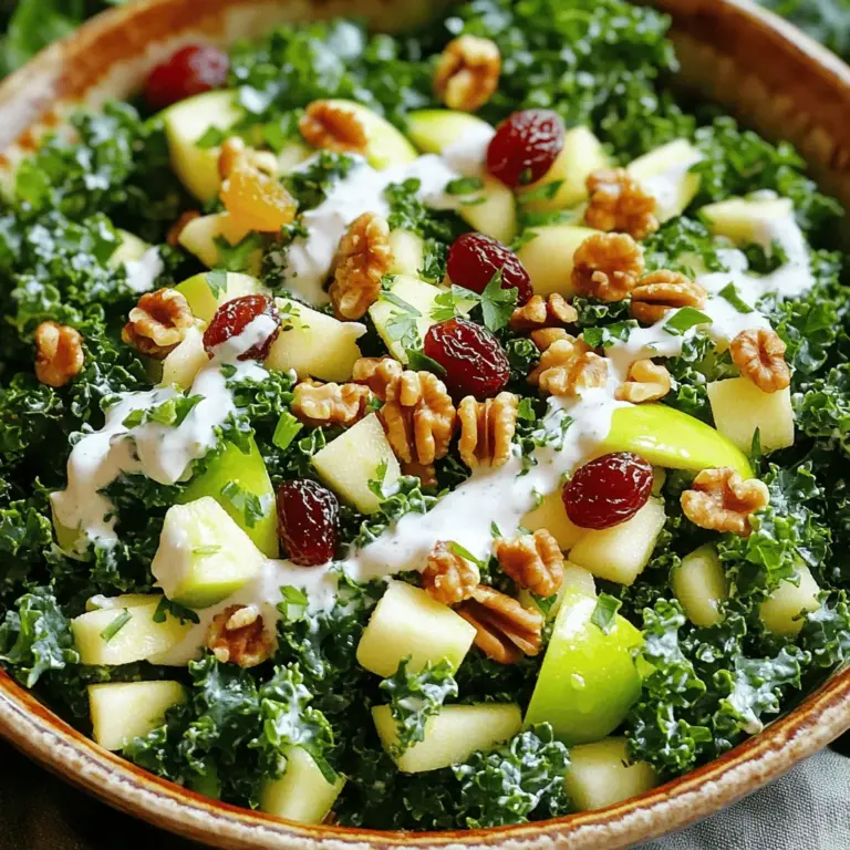- 4 Tassen gehackter Grünkohl - 1 große Apfel (Granny Smith oder Fuji), gewürfelt - 1 Tasse rote Trauben, halbiert Der Grünkohl gibt dem Salat eine knackige Textur. Äpfel bringen Süße und Frische. Rote Trauben fügen einen süßen, saftigen Biss hinzu. Diese Zutaten machen den Waldorf-Salat besonders lecker. - 1 Tasse Sellerie, fein gehackt - 1/2 Tasse Walnüsse, geröstet und grob gehackt - 1/4 Tasse Rosinen Sellerie bringt einen knackigen Crunch. Geröstete Walnüsse fügen einen nussigen Geschmack hinzu. Rosinen bringen eine süße Note, die den Salat aufhellt. Diese Zutaten ergänzen die Hauptzutaten perfekt. - 1/2 Tasse natürliche griechische Joghurt - 2 Esslöffel Honig - 1 Esslöffel Zitronensaft Das Dressing ist einfach und lecker. Griechischer Joghurt macht es cremig. Honig fügt natürliche Süße hinzu. Zitronensaft bringt Frische und einen Hauch von Säure. Dieses Dressing verbindet alle Aromen im Salat. Für die komplette Zubereitung benutze die [Full Recipe]. Zuerst schneiden wir den Grünkohl. Nimm vier Tassen frischen Grünkohl. Entferne die harten Stiele. Schneide die Blätter in kleine Stücke. Dann wasche sie gründlich. Nun ist der Apfel dran. Wähle einen Granny Smith oder Fuji. Schneide den Apfel in kleine Würfel. Das gibt einen knackigen Biss. Als nächstes bereiten wir die Trauben vor. Halbiere eine Tasse rote Trauben. Diese bringen Süße und Farbe. Jetzt kommt der Sellerie. Hacke eine Tasse fein. Der Sellerie gibt einen tollen Crunch. Jetzt machen wir das Dressing. Nimm eine kleine Schüssel. Vermenge ½ Tasse Joghurt mit zwei Esslöffeln Honig. Füge einen Esslöffel Zitronensaft hinzu. Rühre alles gut durch. Achte darauf, dass die Mischung glatt ist. Das Dressing sollte cremig sein. So schmeckt es besser im Salat. Jetzt kommt der spaßige Teil. Nimm eine große Schüssel. Gib den Grünkohl, den Apfel, die Trauben, den Sellerie, die Walnüsse und die Rosinen hinein. Jetzt ist das Dressing dran. Gieße es gleichmäßig über die Zutaten. Mische alles gut durch. Achte darauf, dass alles gleichmäßig bedeckt ist. Würze den Salat mit Salz und Pfeffer. Lass den Salat etwa 10-15 Minuten stehen. So können sich die Aromen entfalten. Für das vollständige Rezept, schau dir das [Full Recipe] an. - Lassen Sie die Aromen kurz ziehen. Dies hilft, die Geschmäcker zu vereinen und intensiver zu machen. - Verfeinern Sie den Salat mit zusätzlichem Olivenöl. Ein Spritzer Olivenöl bringt mehr Tiefe in den Geschmack. - Servieren Sie den Salat in einer schönen Schüssel. Eine ansprechende Schüssel wertet das Gericht auf und macht es einladend. - Garnieren Sie mit Walnüssen und frischen Kräutern. Diese geben dem Salat einen schönen Farbtupfer und zusätzlichen Geschmack. - Vermeiden Sie es, zu viel Dressing hinzuzufügen. Zu viel Dressing kann den Salat matschig machen. - Verwenden Sie keine unreifen Äpfel. Reife Äpfel sorgen für süßere und knackigere Bissen. Das ist der Schlüssel zur perfekten Waldorf-Salat-Zubereitung! Wenn Sie mehr über die Schritte erfahren möchten, schauen Sie sich das Full Recipe an. {{image_4}} Um den Waldorf-Salat vegan zu machen, kannst du einige einfache Änderungen vornehmen. Ersetze den Joghurt durch pflanzliche Alternativen wie Soja- oder Kokosjoghurt. Diese sorgen für einen ähnlichen Geschmack. Anstelle von Honig nimmst du Agavendicksaft. So bleibt der Salat süß und lecker, aber ganz ohne tierische Produkte. Wenn du etwas Neues ausprobieren möchtest, tausche Sellerie gegen Paprika aus. Paprika bringt eine knackige Süße. Du kannst auch Mandeln oder Pecannüsse anstelle von Walnüssen verwenden. Diese Nüsse fügen eine andere Textur und einen neuen Geschmack hinzu. Experimentiere mit den Zutaten, um deinen perfekten Waldorf-Salat zu kreieren. Der Waldorf-Salat kann auch saisonal angepasst werden. Im Herbst fügen Cranberries ein fruchtiges Element hinzu und geben dem Salat eine schöne Farbe. Für den Sommer probiere frische Beeren, wie Himbeeren oder Erdbeeren. Diese machen den Salat leicht und erfrischend. Egal, welche Variation du wählst, der Waldorf-Salat bleibt ein Genuss. Du kannst die vollständige Rezeptanleitung im Full Recipe finden. Um deinen Waldorf-Salat frisch zu halten, kühle ihn gut. Dies schützt die knackige Textur und den frischen Geschmack. Bewahre den Salat in einem luftdichten Behälter auf. So bleibt er länger genießbar und verliert nicht seine Aromen. Die richtige Kühlung ist wichtig für die Frische der Zutaten. Der Waldorf-Salat bleibt frisch für 2-3 Tage. Achte darauf, ihn im Kühlschrank zu lagern. Das Einfrieren ist keine Option, da die Textur und der Geschmack leiden. Das Gemüse wird matschig und verliert seinen Biss. Daher ist es am besten, den Salat frisch zu genießen. Wenn du den Salat servierst, kann er etwas aufgefrischt werden. Rühre ihn einfach vorsichtig um. So vermischen sich die Aromen neu. Du kannst auch etwas frischen Joghurt oder Zitronensaft hinzufügen, um den Geschmack zu beleben. Damit entfalten sich die Aromen noch besser und der Salat schmeckt wie frisch zubereitet. Der Waldorf-Salat bleibt frisch für 2 bis 3 Tage. Lagern Sie ihn im Kühlschrank in einem luftdichten Behälter. So bleibt der Salat knackig und lecker. Vermeiden Sie es, ihn zu lange stehen zu lassen. Die Frische ist der Schlüssel zum Genuss dieses köstlichen Salats. Ja, Sie können das Dressing im Voraus zubereiten. Mischen Sie den griechischen Joghurt, Honig und Zitronensaft in einer Schüssel. Bewahren Sie es im Kühlschrank auf. So können die Aromen gut durchziehen. Fügen Sie das Dressing erst kurz vor dem Servieren hinzu. So bleibt der Salat frisch und knackig. Die klassischen Zutaten sind Äpfel, Sellerie, Trauben und Walnüsse. Diese Zutaten geben dem Salat Textur und Geschmack. Äpfel bringen Süße, Sellerie sorgt für Knackigkeit, und Walnüsse bringen einen nussigen Crunch. Diese Kombination macht den Salat so besonders. Der Waldorf-Salat stammt aus dem Waldorf-Astoria Hotel in New York. Ein Koch dort kreierte das Rezept im Jahr 1896. Es wurde schnell beliebt und ist heute ein Klassiker. Der Salat zeigt, wie einfach und lecker frische Zutaten sein können. Um den Salat gesünder zu machen, ersetzen Sie den griechischen Joghurt durch eine fettarme Alternative. Verwenden Sie weniger Honig oder ersetzen Sie ihn durch Agavendicksaft. Fügen Sie mehr Gemüse hinzu, wie Karotten oder Paprika. Diese Tipps machen den Salat nährstoffreicher und kalorienärmer. Der Waldorf-Salat bietet eine köstliche Mischung aus Aromen und Texturen. Wir haben die Hauptzutaten wie Grünkohl, Äpfel und Trauben sowie wertvolle Tipps zur Zubereitung und Aufbewahrung betrachtet. Variationen zeigen, wie flexibel das Rezept ist. Denke daran, den Salat frisch zu halten und die Aromen gut miteinander zu kombinieren. Mit diesen einfachen Schritten kannst du einen leckeren und gesunden Salat zubereiten, der jedem schmeckt. Lass deiner Kreativität freien Lauf und genieße jeden Biss!