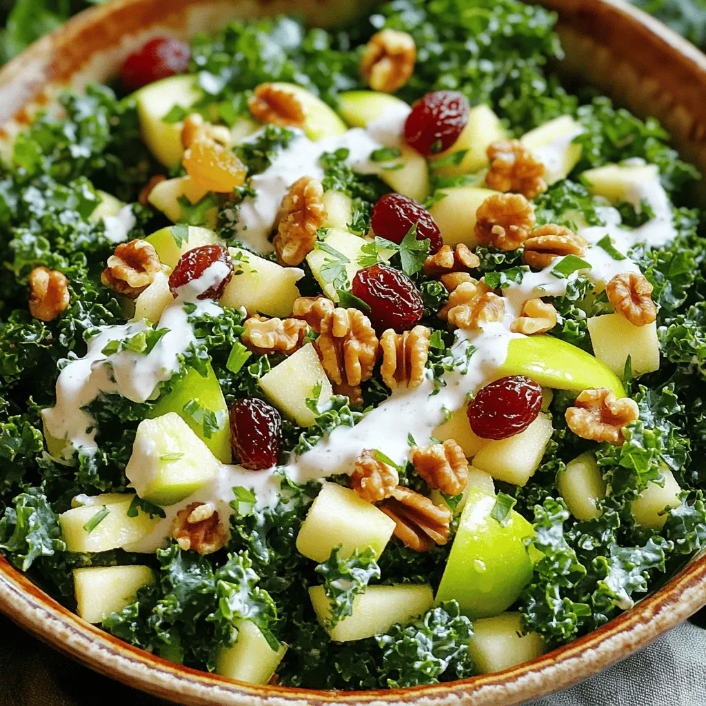 - 4 Tassen gehackter Grünkohl - 1 große Apfel (Granny Smith oder Fuji), gewürfelt - 1 Tasse rote Trauben, halbiert Der Grünkohl gibt dem Salat eine knackige Textur. Äpfel bringen Süße und Frische. Rote Trauben fügen einen süßen, saftigen Biss hinzu. Diese Zutaten machen den Waldorf-Salat besonders lecker. - 1 Tasse Sellerie, fein gehackt - 1/2 Tasse Walnüsse, geröstet und grob gehackt - 1/4 Tasse Rosinen Sellerie bringt einen knackigen Crunch. Geröstete Walnüsse fügen einen nussigen Geschmack hinzu. Rosinen bringen eine süße Note, die den Salat aufhellt. Diese Zutaten ergänzen die Hauptzutaten perfekt. - 1/2 Tasse natürliche griechische Joghurt - 2 Esslöffel Honig - 1 Esslöffel Zitronensaft Das Dressing ist einfach und lecker. Griechischer Joghurt macht es cremig. Honig fügt natürliche Süße hinzu. Zitronensaft bringt Frische und einen Hauch von Säure. Dieses Dressing verbindet alle Aromen im Salat. Für die komplette Zubereitung benutze die [Full Recipe]. Zuerst schneiden wir den Grünkohl. Nimm vier Tassen frischen Grünkohl. Entferne die harten Stiele. Schneide die Blätter in kleine Stücke. Dann wasche sie gründlich. Nun ist der Apfel dran. Wähle einen Granny Smith oder Fuji. Schneide den Apfel in kleine Würfel. Das gibt einen knackigen Biss. Als nächstes bereiten wir die Trauben vor. Halbiere eine Tasse rote Trauben. Diese bringen Süße und Farbe. Jetzt kommt der Sellerie. Hacke eine Tasse fein. Der Sellerie gibt einen tollen Crunch. Jetzt machen wir das Dressing. Nimm eine kleine Schüssel. Vermenge ½ Tasse Joghurt mit zwei Esslöffeln Honig. Füge einen Esslöffel Zitronensaft hinzu. Rühre alles gut durch. Achte darauf, dass die Mischung glatt ist. Das Dressing sollte cremig sein. So schmeckt es besser im Salat. Jetzt kommt der spaßige Teil. Nimm eine große Schüssel. Gib den Grünkohl, den Apfel, die Trauben, den Sellerie, die Walnüsse und die Rosinen hinein. Jetzt ist das Dressing dran. Gieße es gleichmäßig über die Zutaten. Mische alles gut durch. Achte darauf, dass alles gleichmäßig bedeckt ist. Würze den Salat mit Salz und Pfeffer. Lass den Salat etwa 10-15 Minuten stehen. So können sich die Aromen entfalten. Für das vollständige Rezept, schau dir das [Full Recipe] an. - Lassen Sie die Aromen kurz ziehen. Dies hilft, die Geschmäcker zu vereinen und intensiver zu machen. - Verfeinern Sie den Salat mit zusätzlichem Olivenöl. Ein Spritzer Olivenöl bringt mehr Tiefe in den Geschmack. - Servieren Sie den Salat in einer schönen Schüssel. Eine ansprechende Schüssel wertet das Gericht auf und macht es einladend. - Garnieren Sie mit Walnüssen und frischen Kräutern. Diese geben dem Salat einen schönen Farbtupfer und zusätzlichen Geschmack. - Vermeiden Sie es, zu viel Dressing hinzuzufügen. Zu viel Dressing kann den Salat matschig machen. - Verwenden Sie keine unreifen Äpfel. Reife Äpfel sorgen für süßere und knackigere Bissen. Das ist der Schlüssel zur perfekten Waldorf-Salat-Zubereitung! Wenn Sie mehr über die Schritte erfahren möchten, schauen Sie sich das Full Recipe an. {{image_4}} Um den Waldorf-Salat vegan zu machen, kannst du einige einfache Änderungen vornehmen. Ersetze den Joghurt durch pflanzliche Alternativen wie Soja- oder Kokosjoghurt. Diese sorgen für einen ähnlichen Geschmack. Anstelle von Honig nimmst du Agavendicksaft. So bleibt der Salat süß und lecker, aber ganz ohne tierische Produkte. Wenn du etwas Neues ausprobieren möchtest, tausche Sellerie gegen Paprika aus. Paprika bringt eine knackige Süße. Du kannst auch Mandeln oder Pecannüsse anstelle von Walnüssen verwenden. Diese Nüsse fügen eine andere Textur und einen neuen Geschmack hinzu. Experimentiere mit den Zutaten, um deinen perfekten Waldorf-Salat zu kreieren. Der Waldorf-Salat kann auch saisonal angepasst werden. Im Herbst fügen Cranberries ein fruchtiges Element hinzu und geben dem Salat eine schöne Farbe. Für den Sommer probiere frische Beeren, wie Himbeeren oder Erdbeeren. Diese machen den Salat leicht und erfrischend. Egal, welche Variation du wählst, der Waldorf-Salat bleibt ein Genuss. Du kannst die vollständige Rezeptanleitung im Full Recipe finden. Um deinen Waldorf-Salat frisch zu halten, kühle ihn gut. Dies schützt die knackige Textur und den frischen Geschmack. Bewahre den Salat in einem luftdichten Behälter auf. So bleibt er länger genießbar und verliert nicht seine Aromen. Die richtige Kühlung ist wichtig für die Frische der Zutaten. Der Waldorf-Salat bleibt frisch für 2-3 Tage. Achte darauf, ihn im Kühlschrank zu lagern. Das Einfrieren ist keine Option, da die Textur und der Geschmack leiden. Das Gemüse wird matschig und verliert seinen Biss. Daher ist es am besten, den Salat frisch zu genießen. Wenn du den Salat servierst, kann er etwas aufgefrischt werden. Rühre ihn einfach vorsichtig um. So vermischen sich die Aromen neu. Du kannst auch etwas frischen Joghurt oder Zitronensaft hinzufügen, um den Geschmack zu beleben. Damit entfalten sich die Aromen noch besser und der Salat schmeckt wie frisch zubereitet. Der Waldorf-Salat bleibt frisch für 2 bis 3 Tage. Lagern Sie ihn im Kühlschrank in einem luftdichten Behälter. So bleibt der Salat knackig und lecker. Vermeiden Sie es, ihn zu lange stehen zu lassen. Die Frische ist der Schlüssel zum Genuss dieses köstlichen Salats. Ja, Sie können das Dressing im Voraus zubereiten. Mischen Sie den griechischen Joghurt, Honig und Zitronensaft in einer Schüssel. Bewahren Sie es im Kühlschrank auf. So können die Aromen gut durchziehen. Fügen Sie das Dressing erst kurz vor dem Servieren hinzu. So bleibt der Salat frisch und knackig. Die klassischen Zutaten sind Äpfel, Sellerie, Trauben und Walnüsse. Diese Zutaten geben dem Salat Textur und Geschmack. Äpfel bringen Süße, Sellerie sorgt für Knackigkeit, und Walnüsse bringen einen nussigen Crunch. Diese Kombination macht den Salat so besonders. Der Waldorf-Salat stammt aus dem Waldorf-Astoria Hotel in New York. Ein Koch dort kreierte das Rezept im Jahr 1896. Es wurde schnell beliebt und ist heute ein Klassiker. Der Salat zeigt, wie einfach und lecker frische Zutaten sein können. Um den Salat gesünder zu machen, ersetzen Sie den griechischen Joghurt durch eine fettarme Alternative. Verwenden Sie weniger Honig oder ersetzen Sie ihn durch Agavendicksaft. Fügen Sie mehr Gemüse hinzu, wie Karotten oder Paprika. Diese Tipps machen den Salat nährstoffreicher und kalorienärmer. Der Waldorf-Salat bietet eine köstliche Mischung aus Aromen und Texturen. Wir haben die Hauptzutaten wie Grünkohl, Äpfel und Trauben sowie wertvolle Tipps zur Zubereitung und Aufbewahrung betrachtet. Variationen zeigen, wie flexibel das Rezept ist. Denke daran, den Salat frisch zu halten und die Aromen gut miteinander zu kombinieren. Mit diesen einfachen Schritten kannst du einen leckeren und gesunden Salat zubereiten, der jedem schmeckt. Lass deiner Kreativität freien Lauf und genieße jeden Biss!