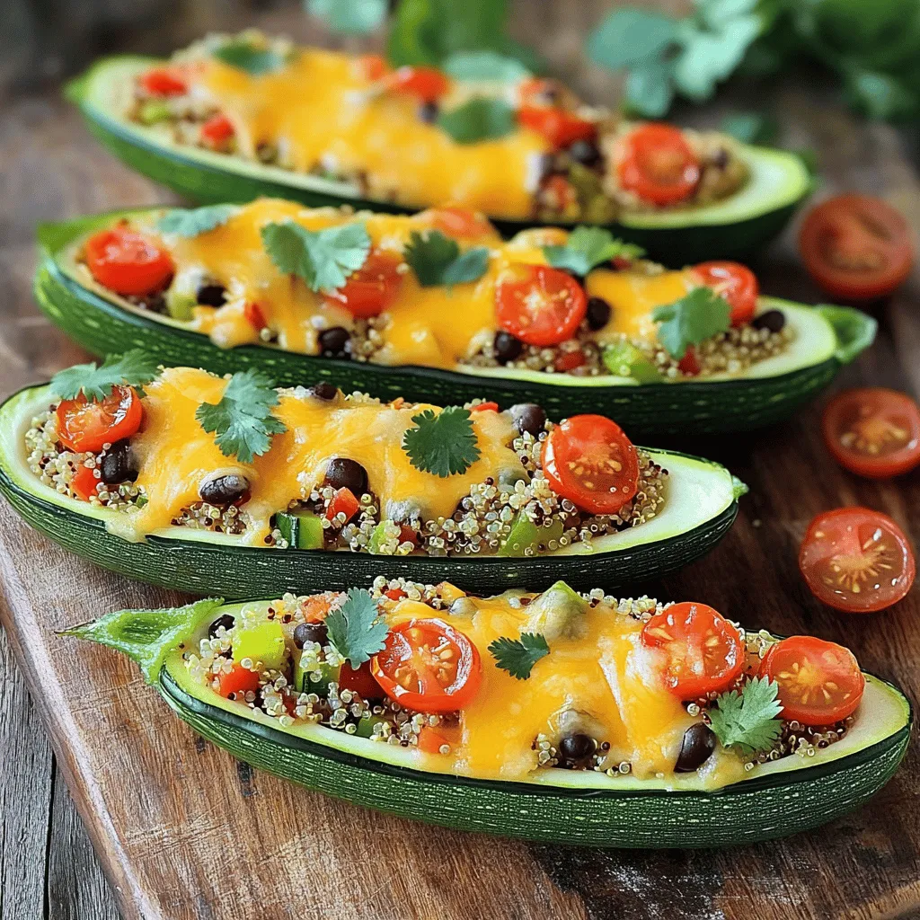 Die Hauptzutaten für die gefüllten Zucchini-Boote sind sehr frisch und bunt. Hier sind die Zutaten, die du brauchst: - 4 mittelgroße Zucchinis - 1 Tasse gekochte Quinoa - 1 Tasse Kirschtomaten, halbiert - 1 Paprika, gewürfelt (jede Farbe) - 1 kleine rote Zwiebel, fein gehackt - 1 Tasse schwarze Bohnen, abgetropft und gespült - 1 Tasse Mais (frisch oder tiefgefroren) Diese Zutaten machen das Gericht gesund und nährstoffreich. Zucchinis sind leicht und haben einen milden Geschmack. Quinoa bringt Protein in die Füllung. Du kannst jede Farbe der Paprika verwenden, um das Gericht schön bunt zu machen. Die Gewürze und Öle bringen den Geschmack in die Zucchini-Boote. Hier sind die wichtigsten: - 1 Teelöffel Kreuzkümmel - 1 Teelöffel geräuchertes Paprikapulver - Salz und Pfeffer nach Geschmack - 2 Esslöffel Olivenöl Kreuzkümmel gibt dem Gericht eine warme Note. Geräuchertes Paprikapulver fügt einen tiefen, rauchigen Geschmack hinzu. Olivenöl ist ideal zum Braten der Zwiebeln und Paprika. Es hilft auch, die Aromen zu verbinden. Wenn du keinen Käse magst oder eine milchfreie Option willst, gibt es gute Alternativen. Hier sind einige Ideen: - Veganer Käse aus Nüssen - Hefeflocken für einen käsigen Geschmack - Avocado als cremige Topping-Option Diese Alternativen sorgen dafür, dass die Zucchini-Boote trotzdem lecker und cremig bleiben. Probiere verschiedene Optionen, um deinen Lieblingsgeschmack zu finden. Du kannst auch ganz ohne Käse gehen und die Füllung einfach pur genießen. Für die vollständige Anleitung, schau dir das Rezept an [Full Recipe]. Zuerst heize deinen Ofen auf 190°C vor. Nimm die Zucchinis und halbiere sie der Länge nach. Achte darauf, dass du das Innere der Zucchini entfernst. Lass etwa 1/2 cm Fruchtfleisch an den Seiten. So entstehen die perfekten Boote. Lege die Zucchini-Hälften mit der Schnittfläche nach oben auf ein Backblech. Jetzt bereiten wir die Füllung vor. Erhitze 2 Esslöffel Olivenöl in einer großen Pfanne bei mittlerer Hitze. Füge die fein gehackte rote Zwiebel und die gewürfelte Paprika hinzu. Brate sie für etwa 5 Minuten, bis sie weich sind. Dann kommen die halbierten Kirschtomaten, schwarzen Bohnen und der Mais dazu. Gib einen Teelöffel Kreuzkümmel und geräuchertes Paprikapulver hinein. Würze mit Salz und Pfeffer nach Geschmack. Lass alles für 3-4 Minuten köcheln. Rühre dann 1 Tasse gekochte Quinoa unter. Lass das Ganze weitere 2 Minuten erhitzen. Fülle jede Zucchini-Hälfte vorsichtig mit der Quinoa-Mischung. Drücke die Füllung sanft hinein, damit sie gut sitzt. Bestreue jede gefüllte Zucchini mit 1 Tasse geriebenem Cheddar-Käse. Backe die Zucchini-Boote im Ofen für 20-25 Minuten. Sie sind fertig, wenn die Zucchini zart ist und der Käse leicht goldbraun wird. Lass die Zucchini-Boote ein paar Minuten abkühlen. Garniere sie dann mit frischem Koriander oder Petersilie. Für das vollständige Rezept, schau dir die Details im [Full Recipe] an. Um die Zucchini-Boote perfekt zu machen, wähle frische Zucchinis. Sie sollten fest und glatt sein. Achte darauf, die Zucchinis gleichmäßig zu halbieren. Das hilft beim Backen. Entferne das Innere mit einem Löffel, aber lasse etwas Fruchtfleisch stehen. So bleibt die Form stabil. Backe sie nicht zu lange, damit sie nicht matschig werden. Prüfe die Zucchini nach 20 Minuten. Sie sollten zart, aber nicht zerfallen sein. Zu gefüllten Zucchini-Boote passen viele Beilagen. Ein einfacher grüner Salat ist frisch und leicht. Du kannst auch Quinoa-Salat dazu machen, der die Aromen ergänzt. Zudem passen knuspriges Brot oder ein Hummus-Dip gut. Wenn du mehr Gemüse magst, probiere geröstete Karotten oder Paprika. Diese Beilagen machen das Essen bunt und gesund. Um die Füllung zu verändern, kannst du verschiedene Zutaten hinzufügen. Zum Beispiel sind Spinat oder Mangold großartige Optionen. Sie bringen Farbe und zusätzliche Nährstoffe. Füge auch Nüsse oder Kerne für einen knackigen Biss hinzu. Wenn du es würziger magst, probiere frische Chilischoten oder Jalapeños. Du kannst auch alte Reste von Gemüse verwenden. Sei kreativ und passe die Füllung deinem Geschmack an. {{image_4}} Wenn du vegetarisch isst, sind gefüllte Zucchini-Boote eine wunderbare Wahl. Du kannst die Füllung mit verschiedenen Gemüsearten erweitern. Zum Beispiel kannst du Spinat, Pilze oder Zucchinistreifen hinzufügen. Diese Zutaten geben mehr Geschmack und Nährstoffe. Eine weitere gute Idee ist, Feta-Käse statt Cheddar zu verwenden. Feta fügt eine salzige Note hinzu und schmilzt gut. Du kannst auch verschiedene Kräuter wie Basilikum oder Oregano verwenden, um den Geschmack zu verbessern. Für eine herzhaftere Füllung kannst du Hackfleisch verwenden. Rinderhack oder Putenhack passen sehr gut. Brate das Fleisch zuerst in der Pfanne an, bis es durchgegart ist. Füge dann die Zwiebeln und Paprika hinzu, wie im Rezept beschrieben. Du kannst auch Wurst verwenden, um einen würzigeren Geschmack zu erzielen. Denke daran, die Gewürze anzupassen, wenn du Fleisch verwendest. Paprika oder Chili können eine scharfe Note hinzufügen. Wenn du glutenfrei kochen möchtest, ist dieses Rezept einfach anzupassen. Verwende einfach glutenfreie Quinoa oder Reis als Füllung. Achte darauf, dass alle anderen Zutaten auch glutenfrei sind. Zum Beispiel, verwende glutenfreien Käse oder lasse den Käse ganz weg. Das Gericht bleibt trotzdem lecker und sättigend. Du kannst auch Nüsse oder Samen für zusätzlichen Crunch hinzufügen. Du findest das vollständige Rezept unter [Full Recipe]. Wenn du Zucchini-Boote übrig hast, lagere sie in einem luftdichten Behälter. Stelle sicher, dass sie gut abgekühlt sind. So bleiben sie frisch. Du kannst sie im Kühlschrank aufbewahren. Sie sind dort bis zu drei Tage haltbar. Du kannst gefüllte Zucchini-Boote auch einfrieren. Wickel sie gut in Frischhaltefolie. Lege sie dann in einen Gefrierbeutel. So bleiben sie bis zu drei Monate frisch. Um sie wieder aufzuwärmen, tau sie über Nacht im Kühlschrank auf. Dann backe sie bei 180°C für etwa 15 Minuten. Die gefüllten Zucchini-Boote bleiben im Kühlschrank bis zu drei Tage gut. Achte darauf, sie in einem luftdichten Behälter zu lagern. Wenn du sie länger aufbewahren willst, friere sie besser ein. So bleiben Geschmack und Textur erhalten. Gefüllte Zucchini-Boote brauchen etwa 20 bis 25 Minuten im Ofen. Die genaue Zeit hängt von deinem Ofen ab. Stelle sicher, dass die Zucchini zart ist und der Käse leicht goldbraun wird. Das ist das Zeichen, dass sie fertig sind. Ja, du kannst andere Gemüsesorten verwenden! Zucchini-Boote sind sehr vielseitig. Du kannst Spinat, Pilze oder Auberginen hinzufügen. Ich empfehle, das Gemüse klein zu schneiden. So garen sie gleichmäßig und passen gut in die Zucchini. Das beste Rezept für gefüllte Zucchini-Boote ist das mit würziger Quinoa. Es ist lecker und einfach zuzubereiten. Du findest das vollständige Rezept hier: [Full Recipe]. Die Kombination aus Quinoa, Bohnen und frischem Gemüse macht es zu einem echten Hit. Zusammenfassend bieten gefüllte Zucchini-Boote eine tolle Möglichkeit, gesund zu essen. Wir haben die Hauptzutaten, die Zubereitung und hilfreiche Tipps besprochen. Variationen und Lagerung zeigen die Vielseitigkeit dieses Gerichts. Denke daran, bei der Füllung kreativ zu sein und deine Lieblingszutaten zu verwenden. Dieses Gericht lässt sich leicht anpassen, sodass du immer neue Geschmackserlebnisse sammeln kannst. Probiere es aus und genieße die leckeren Möglichkeiten!