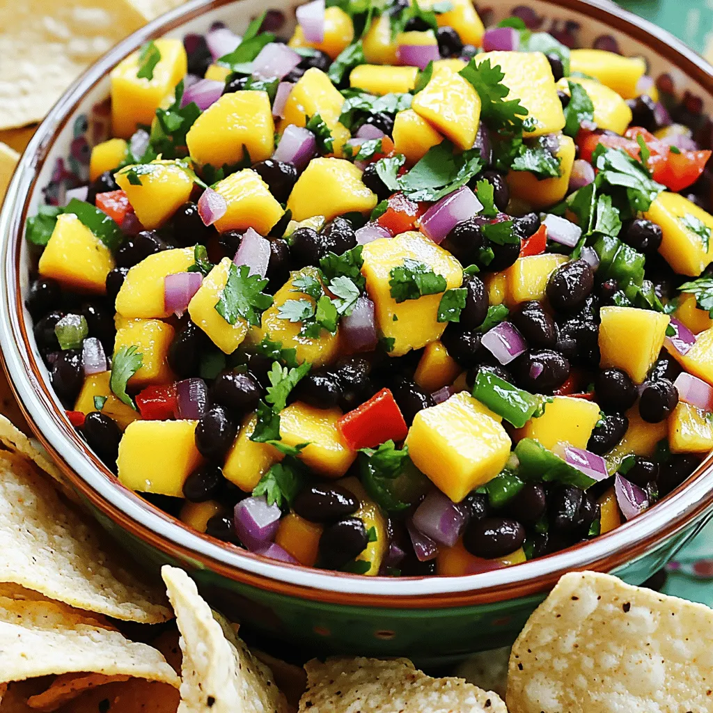 Hier sind die Zutaten, die du für die Mango Black Bean Salsa benötigst: - 1 reife Mango, gewürfelt - 1 Dose (425 g) schwarze Bohnen, gut abgespült und abgetropft - 1 rote Paprika, fein gehackt - 1 kleine rote Zwiebel, fein gehackt - 1 Jalapeño, entkernt und klein geschnitten - 1/4 Tasse frischer Koriander, gehackt - Saft von 1 Limette - 1 Esslöffel Olivenöl - Salz und Pfeffer nach Geschmack Die Wahl der Zutaten ist wichtig für den Geschmack. Wähle eine reife Mango. Sie sollte leicht weich sein und einen süßen Duft haben. Achte darauf, dass die schwarzen Bohnen gut abgetropft sind. Dies verhindert, dass die Salsa wässrig wird. Die rote Paprika sollte knackig sein. Sie gibt der Salsa einen schönen Crunch. Frischer Koriander bringt Aromen, die sich gut mit der Mango verbinden. Verwende frischen Limettensaft für den besten Geschmack. Hier sind einige Nährstoffe der Hauptbestandteile: - Mango: Reich an Vitamin C und A. Sie sorgt für eine natürliche Süße. - Schwarze Bohnen: Hoch in Ballaststoffen und Proteinen. Sie machen die Salsa sättigender. - Rote Paprika: Voll von Antioxidantien und Vitamin C. Sie bringt Farbe und Geschmack. - Zwiebel: Sie gibt einen würzigen Kick und hat viele Vitamine. - Koriander: Er enthält Vitamine und ist gut für die Verdauung. Diese Zutaten machen die Salsa nicht nur lecker, sondern auch gesund! Um die Mango Black Bean Salsa zuzubereiten, beginne mit einer großen Schüssel. Du nimmst eine gewürfelte Mango, eine Dose schwarze Bohnen, eine fein gehackte rote Paprika, eine kleine rote Zwiebel und eine Jalapeño. Mische alles gut, bis es gleichmäßig ist. Dann füge frischen, gehackten Koriander hinzu. Mische vorsichtig, damit der Koriander nicht zerdrückt wird. In einer kleinen Schüssel verrührst du den Saft von einer Limette mit einem Esslöffel Olivenöl. Gieße das Dressing über die Salsa-Mischung. Unterhebe alles sanft, damit die Aromen sich gut verbinden. Schmecke die Salsa mit Salz und Pfeffer ab. Lass die Salsa dann mindestens 30 Minuten im Kühlschrank ruhen. So entfalten sich die Aromen und machen die Salsa noch besser. Um die beste Salsa zu machen, achte auf die Reife deiner Mango. Sie sollte weich, aber nicht matschig sein. Das gibt der Salsa den besten Geschmack. Verwende frische Zutaten, um die Aromen lebendig zu halten. Rühre die Salsa vorsichtig, damit die Bohnen nicht zerdrückt werden. Wenn du es scharf magst, kannst du mehr Jalapeño hinzufügen. Probiere die Salsa vor dem Servieren. So kannst du den Geschmack nach deinem Wunsch anpassen. - Vorbereitung: 15 Minuten - Kühlen: 30 Minuten - Gesamtzeit: 45 Minuten Diese schnelle und einfache Zubereitung macht die Salsa zu einem perfekten Snack oder Beilage. Du kannst sie mit Tortilla-Chips genießen oder zu Tacos servieren. Probiere das Rezept aus, um die volle Frische zu erleben! Du findest das vollständige Rezept in der Rubrik "Vollständige Zutatenliste für Mango Black Bean Salsa". Es gibt einige häufige Fehler, die du vermeiden solltest. Erstens, wähle eine unreife Mango. Eine reife Mango hat mehr Geschmack und Süße. Zweitens, übermix die Zutaten nicht. Du möchtest die Textur der Bohnen und der Mango spüren. Drittens, vergiss nicht, die Bohnen gut abzuspülen. Das entfernt Konservierungsstoffe und sorgt für einen besseren Geschmack. Die Präsentation macht viel aus. Serviere die Salsa in einer bunten Schüssel. So sieht sie frischer und einladender aus. Lege Tortilla-Chips daneben, damit jeder die Salsa genießen kann. Du kannst auch frische Korianderblätter oben drauf legen. Das gibt einen schönen grünen Akzent. Es gibt viele Wege, um den Geschmack zu verändern. Füge mehr Jalapeño hinzu, wenn du es scharf magst. Du kannst auch Limettensaft für mehr Frische verwenden. Wenn du es süßer magst, gib einen Spritzer Honig oder Agavendicksaft dazu. Experimentiere mit verschiedenen Kräutern, wie Minze oder Petersilie, um neue Aromen zu entdecken. Für das vollständige Rezept, siehe die Full Recipe. {{image_4}} Mango Black Bean Salsa ist vielseitig. Sie können Feta-Käse hinzufügen, um einen salzigen Kick zu erhalten. Eine andere Idee ist, die Jalapeños durch süße Paprika zu ersetzen. Das macht die Salsa milder. Experimentieren Sie mit verschiedenen Kräutern wie Minze oder Petersilie. Diese geben der Salsa einen frischen Geschmack. Sie können auch Ananas anstelle von Mango verwenden. So erhalten Sie eine tropische Note. Um mehr Geschmack hinzuzufügen, probieren Sie frische Limettenzesten. Sie bringen einen tollen Zitrusgeschmack. Auch Avocado ist eine großartige Ergänzung. Sie macht die Salsa cremiger und sättigender. Ein Spritzer scharfer Sauce kann die Salsa aufregender machen. Wenn Sie es süßer mögen, fügen Sie etwas Honig hinzu. Das balanciert die Aromen gut aus. Im Sommer ist es toll, frische Tomaten hinzuzufügen. Sie sorgen für Saftigkeit und Frische. Im Herbst können Sie geröstete Kürbiswürfel einmischen. Das gibt der Salsa einen warmen, herbstlichen Geschmack. Im Winter sind Granatäpfel eine schöne Wahl. Sie bringen Farbe und einen knackigen Biss. Im Frühling können Sie frische Erbsen hinzufügen. Diese machen die Salsa knackig und süß. Für das komplette Rezept, schauen Sie sich die [Full Recipe] an. Um die Frische der Mango Black Bean Salsa zu bewahren, lagern Sie sie in einem luftdichten Behälter. Ein Glasgefäß funktioniert gut. Stellen Sie sicher, dass der Behälter gut verschlossen ist, um Luft und Feuchtigkeit fernzuhalten. So bleibt der Geschmack lebendig und frisch. Die Salsa hält sich im Kühlschrank etwa drei bis fünf Tage. Nach dieser Zeit können die Aromen schwächer werden. Überprüfen Sie die Salsa auf Geruch und Aussehen, bevor Sie sie essen. Wenn sie seltsam riecht oder sich die Farbe ändert, ist es besser, sie nicht zu essen. Sie können die Salsa auch einfrieren, wenn Sie etwas übrig haben. Nutzen Sie einen gefrierfesten Behälter oder Beutel. Lassen Sie dabei etwas Platz, da die Salsa beim Einfrieren expandiert. Im Gefrierfach bleibt sie bis zu drei Monate frisch. Zum Auftauen legen Sie die Salsa einfach in den Kühlschrank. Verzehren Sie sie dann innerhalb von ein bis zwei Tagen. Für das vollständige Rezept schauen Sie sich die [Full Recipe] an. Die Salsa hält sich im Kühlschrank bis zu drei Tage. Sie bleibt frisch, wenn du sie in einem luftdichten Behälter aufbewahrst. Achte darauf, dass die Salsa gut abgedeckt ist. So bleibt der Geschmack lebendig. Nach ein paar Tagen kann die Salsa jedoch etwas matschig werden. Wenn das passiert, schmecke sie vor dem Servieren ab. Ja, du kannst die Salsa im Voraus zubereiten. Tatsächlich wird der Geschmack besser, wenn sie etwas Zeit hat, um zu ziehen. Bereite die Salsa einfach einen Tag vorher zu. Lass sie im Kühlschrank ruhen, damit die Aromen sich entfalten können. Du kannst sie dann direkt servieren. So sparst du Zeit und genießt einen tollen Geschmack. Mango Black Bean Salsa passt zu vielen Gerichten. Sie ist toll als Dip für Tortilla-Chips. Du kannst sie auch auf Tacos oder Burritos geben. Probiere sie zu gegrilltem Hühnchen oder Fisch. Sie bringt frische Aromen in jedes Gericht. Verwende sie als Beilage zu Reis oder Quinoa. Die Möglichkeiten sind endlos! Für das gesamte Rezept schau dir den [Full Recipe] an. Mango Black Bean Salsa ist einfach lecker und gesund. Wir haben die besten Zutaten und Tipps für die Zubereitung geteilt. Du lernst auch, wie du Fehler vermeidest und deine Salsa schön präsentierst. Variationen sorgen für neuen Geschmack und Frische. Mit diesen Lagerhinweisen bleibt deine Salsa lange frisch. Probiere sie zu deinen Lieblingsgerichten aus. Diese Salsa bringt Freude auf jedem Tisch. Mach dir keine Sorgen, du wirst sie lieben!
