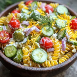 - 2 Tassen Rotini- oder Fusilli-Pasta - 1 Tasse Dill-Gurken, gewürfelt - 1/2 Tasse Kirschtomaten, halbiert - 1/2 Tasse Gurke, gewürfelt - 1/4 Tasse rote Zwiebel, fein gehackt - 1/2 Tasse saure Sahne - 1/4 Tasse Ranch-Dressing - 1 Esslöffel Essiggurkensaft - Salz und Pfeffer nach Geschmack Ich liebe es, mit frischen Zutaten zu kochen. Für meinen Pickle Ranch Pasta Salad Bowl nutze ich einfache, aber leckere Zutaten. Die Rotini- oder Fusilli-Pasta gibt dem Salat eine schöne Form. Ich wähle gerne die Pasta, die die Sauce gut hält. Dill-Gurken sind ein Muss. Sie bringen einen tollen, knackigen Geschmack. Die Kirschtomaten und Gurken sorgen für Farbe und Frische. Die rote Zwiebel fügt einen süßen, würzigen Kick hinzu. Für das Dressing mische ich saure Sahne und Ranch-Dressing. Das bringt Cremigkeit und einen zarten Geschmack. Der Essiggurkensaft gibt dem Ganzen eine schöne Säure. Vergessen Sie nicht, mit Salz und Pfeffer abzuschmecken. Um meinen Salat perfekt zu machen, verwende ich frische Kräuter. Sie bringen das Gericht zum Strahlen. Wenn Sie die Zutaten zusammenfügen, denken Sie daran, alles gut zu vermengen. So verteilt sich der Geschmack gleichmäßig. Für die komplette Anleitung, schauen Sie sich das [Full Recipe] an. Um die Pasta perfekt zu kochen, bringe einen großen Topf mit Wasser zum Kochen. Füge etwas Salz hinzu, um den Geschmack zu verbessern. Gib die 2 Tassen Rotini- oder Fusilli-Pasta hinein. Koche die Pasta etwa 8 bis 10 Minuten lang, bis sie al dente ist. Danach gieße die Pasta ab und spüle sie unter kaltem Wasser ab. Dies stoppt den Garprozess und kühlt die Pasta schnell ab. Nimm eine große Schüssel und füge die abgekühlte Pasta hinzu. Jetzt ist es Zeit, die bunten Zutaten hinzuzufügen. Gib 1 Tasse gewürfelte Dill-Gurken, 1/2 Tasse halbierte Kirschtomaten, 1/2 Tasse gewürfelte Gurke, 1/4 Tasse fein gehackte rote Zwiebel und 1/2 Tasse geriebenen Cheddar-Käse dazu. Vermische alles gut. In einer anderen Schüssel mische 1/2 Tasse saure Sahne, 1/4 Tasse Ranch-Dressing und 1 Esslöffel Essiggurkensaft. Rühre alles glatt und füge Salz und Pfeffer hinzu. Gieße die Dressing-Mischung gleichmäßig über den Pasta-Salat. Mische alles vorsichtig, bis jede Zutat gut mit der Sauce bedeckt ist. Probiere den Salat und passe die Würze nach deinem Geschmack an. Decke die Schüssel mit Frischhaltefolie ab und stelle sie für mindestens 30 Minuten in den Kühlschrank. So können sich die Aromen gut verbinden. Wenn du bereit bist zu servieren, mische den Salat erneut und garniere ihn mit frischem Dill oder Petersilie. Jetzt hast du einen köstlichen Essiggurken-Ranch-Pasta-Salat! Für das vollständige Rezept schaue dir den Abschnitt "Full Recipe" an. Die Pasta ist der Schlüssel zu einem tollen Salat. Kochen Sie die Pasta bis sie al dente ist. Dies bedeutet, dass die Pasta weich, aber noch bissfest ist. Normalerweise dauert das etwa 8 bis 10 Minuten. - Do’s beim Nudelkochen: - Verwenden Sie reichlich Wasser. - Fügen Sie Salz hinzu, um den Geschmack zu verbessern. - Don'ts beim Nudelkochen: - Lassen Sie die Pasta nicht zu lange kochen. - Spülen Sie die Pasta nicht, wenn Sie sie heiß servieren möchten. Ein guter Salat braucht das richtige Würzen. Beginnen Sie mit der Basis aus Ranch-Dressing und saurer Sahne. Fügen Sie einen Esslöffel Essiggurkensaft hinzu, um den Geschmack aufzufrischen. - Zusätzliche Zutaten: - Gehackte Paprika für mehr Crunch. - Oliven für einen salzigen Kick. - Geröstete Sonnenblumenkerne für eine nussige Note. Experimentieren Sie mit anderen Kräutern wie Oregano oder Basilikum. Diese können den Salat beleben. Die Präsentation macht einen großen Unterschied. Servieren Sie die Pasta-Salat-Schalen in bunten Schüsseln. Das sieht frisch und einladend aus. - Garnierung: - Verwenden Sie frischen Dill oder Petersilie für das grüne Finish. - Fügen Sie einige Kirschtomatenhälften obenauf für Farbe hinzu. Verleihen Sie jedem Teller einen besonderen Look. So wird jeder Biss zu einem Genuss! {{image_4}} Für Leute, die auf ihre Kohlenhydrate achten, gibt es tolle Low-Carb-Optionen. Sie können Zucchini-Nudeln oder Blumenkohlreis verwenden. Diese sind leicht und geben einen frischen Biss. Wenn Sie eine vegane Option wünschen, nutzen Sie pflanzliches Dressing. Statt saurer Sahne können Sie Cashew-Creme oder Soja-Joghurt verwenden. Diese Alternativen sind gesund und lecker. Möchten Sie den Geschmack ändern? Probieren Sie andere Dressings aus. Ein würziges Balsamico-Dressing kann dem Salat neue Tiefe verleihen. Auch ein Joghurt-Dressing kann frisch und leicht wirken. Zusätzliches Gemüse bringt Farbe und Nährstoffe. Fügen Sie Paprika, Mais oder Karotten hinzu. Diese Zutaten sorgen für mehr Crunch und Vitamine. Um den Salat nahrhafter zu machen, können Sie Hähnchen oder Thunfisch hinzufügen. Diese Proteine machen den Salat sättigender. Sie können auch gekochte Eier für einen extra Protein-Kick verwenden. Eine gute pflanzliche Option sind Hülsenfrüchte. Kichererbsen oder schwarze Bohnen bringen Protein und Ballaststoffe. Sie sind einfach zuzubereiten und vielseitig. Für das vollständige Rezept verweisen Sie bitte auf die vollständige Anleitung oben. Lagern Sie die Pickle Ranch Pasta Salad Bowls im Kühlschrank. Nutzen Sie einen luftdichten Behälter. So bleibt der Salat frisch und lecker. Der Salat bleibt bis zu drei Tage haltbar. Wenn Sie ihn länger aufbewahren, kann die Qualität leiden. Einfrieren von Pasta-Salat ist möglich, aber nicht ideal. Die Pasta kann weich werden, wenn Sie sie auftauen. Wenn Sie ihn einfrieren möchten, fügen Sie das Dressing erst nach dem Auftauen hinzu. Um den Salat aufzutauen, legen Sie ihn über Nacht in den Kühlschrank. So bleibt der Geschmack am besten. Sie können den Salat im Voraus zubereiten. Kochen Sie die Pasta und lassen Sie sie abkühlen. Sie können die anderen Zutaten getrennt aufbewahren. So bleiben sie frisch und knackig. Mischen Sie alles erst kurz vor dem Servieren. Das sorgt für den besten Geschmack und die beste Textur. Der Salat bleibt frisch im Kühlschrank für bis zu drei Tage. Achte darauf, ihn in einem luftdichten Behälter zu lagern. So bleiben die Aromen frisch. Nach ein paar Tagen kann die Pasta weich werden. Daher ist es am besten, den Salat frisch zu genießen. Ja, du kannst viele Gemüsearten in deinem Salat verwenden. Karotten, Paprika oder Erbsen sind tolle Optionen. Wenn du etwas Knackiges möchtest, probiere Sellerie. Du kannst auch geröstete Gemüse hinzufügen. Diese bringen einen neuen Geschmack und Textur. Wenn du kein Ranch-Dressing magst, gibt es viele Alternativen. Probier italienisches Dressing für einen anderen Geschmack. Du kannst auch Joghurt oder eine Vinaigrette verwenden. Diese Optionen machen den Salat leicht und frisch. Ja, dieser Salat ist perfekt für BBQs. Er ist leicht und voller Geschmack. Du kannst ihn im Voraus zubereiten, was dir Zeit spart. Serviere ihn in bunten Schüsseln für einen tollen Look. Der Salat passt gut zu Grillgerichten und ist ein Hit bei den Gästen. Dieser Blogbeitrag führt Sie durch die Zubereitung eines leckeren Pasta-Salats. Sie lernen die Hauptzutaten, Umrührmethoden und Variationen kennen. Zudem gebe ich Tipps zur perfekten Pasta und zu Lagerung. Ganz gleich, ob Sie eine gesunde Variante oder einen einfachen Snack suchen, dieser Salat passt immer. Nutzen Sie die Ideen, um den Salat nach Ihrem Geschmack zu gestalten. So haben Sie schnell eine große Portion köstlichen Salat für jeden Anlass.