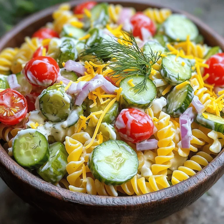 - 2 Tassen Rotini- oder Fusilli-Pasta - 1 Tasse Dill-Gurken, gewürfelt - 1/2 Tasse Kirschtomaten, halbiert - 1/2 Tasse Gurke, gewürfelt - 1/4 Tasse rote Zwiebel, fein gehackt - 1/2 Tasse saure Sahne - 1/4 Tasse Ranch-Dressing - 1 Esslöffel Essiggurkensaft - Salz und Pfeffer nach Geschmack Ich liebe es, mit frischen Zutaten zu kochen. Für meinen Pickle Ranch Pasta Salad Bowl nutze ich einfache, aber leckere Zutaten. Die Rotini- oder Fusilli-Pasta gibt dem Salat eine schöne Form. Ich wähle gerne die Pasta, die die Sauce gut hält. Dill-Gurken sind ein Muss. Sie bringen einen tollen, knackigen Geschmack. Die Kirschtomaten und Gurken sorgen für Farbe und Frische. Die rote Zwiebel fügt einen süßen, würzigen Kick hinzu. Für das Dressing mische ich saure Sahne und Ranch-Dressing. Das bringt Cremigkeit und einen zarten Geschmack. Der Essiggurkensaft gibt dem Ganzen eine schöne Säure. Vergessen Sie nicht, mit Salz und Pfeffer abzuschmecken. Um meinen Salat perfekt zu machen, verwende ich frische Kräuter. Sie bringen das Gericht zum Strahlen. Wenn Sie die Zutaten zusammenfügen, denken Sie daran, alles gut zu vermengen. So verteilt sich der Geschmack gleichmäßig. Für die komplette Anleitung, schauen Sie sich das [Full Recipe] an. Um die Pasta perfekt zu kochen, bringe einen großen Topf mit Wasser zum Kochen. Füge etwas Salz hinzu, um den Geschmack zu verbessern. Gib die 2 Tassen Rotini- oder Fusilli-Pasta hinein. Koche die Pasta etwa 8 bis 10 Minuten lang, bis sie al dente ist. Danach gieße die Pasta ab und spüle sie unter kaltem Wasser ab. Dies stoppt den Garprozess und kühlt die Pasta schnell ab. Nimm eine große Schüssel und füge die abgekühlte Pasta hinzu. Jetzt ist es Zeit, die bunten Zutaten hinzuzufügen. Gib 1 Tasse gewürfelte Dill-Gurken, 1/2 Tasse halbierte Kirschtomaten, 1/2 Tasse gewürfelte Gurke, 1/4 Tasse fein gehackte rote Zwiebel und 1/2 Tasse geriebenen Cheddar-Käse dazu. Vermische alles gut. In einer anderen Schüssel mische 1/2 Tasse saure Sahne, 1/4 Tasse Ranch-Dressing und 1 Esslöffel Essiggurkensaft. Rühre alles glatt und füge Salz und Pfeffer hinzu. Gieße die Dressing-Mischung gleichmäßig über den Pasta-Salat. Mische alles vorsichtig, bis jede Zutat gut mit der Sauce bedeckt ist. Probiere den Salat und passe die Würze nach deinem Geschmack an. Decke die Schüssel mit Frischhaltefolie ab und stelle sie für mindestens 30 Minuten in den Kühlschrank. So können sich die Aromen gut verbinden. Wenn du bereit bist zu servieren, mische den Salat erneut und garniere ihn mit frischem Dill oder Petersilie. Jetzt hast du einen köstlichen Essiggurken-Ranch-Pasta-Salat! Für das vollständige Rezept schaue dir den Abschnitt "Full Recipe" an. Die Pasta ist der Schlüssel zu einem tollen Salat. Kochen Sie die Pasta bis sie al dente ist. Dies bedeutet, dass die Pasta weich, aber noch bissfest ist. Normalerweise dauert das etwa 8 bis 10 Minuten. - Do’s beim Nudelkochen: - Verwenden Sie reichlich Wasser. - Fügen Sie Salz hinzu, um den Geschmack zu verbessern. - Don'ts beim Nudelkochen: - Lassen Sie die Pasta nicht zu lange kochen. - Spülen Sie die Pasta nicht, wenn Sie sie heiß servieren möchten. Ein guter Salat braucht das richtige Würzen. Beginnen Sie mit der Basis aus Ranch-Dressing und saurer Sahne. Fügen Sie einen Esslöffel Essiggurkensaft hinzu, um den Geschmack aufzufrischen. - Zusätzliche Zutaten: - Gehackte Paprika für mehr Crunch. - Oliven für einen salzigen Kick. - Geröstete Sonnenblumenkerne für eine nussige Note. Experimentieren Sie mit anderen Kräutern wie Oregano oder Basilikum. Diese können den Salat beleben. Die Präsentation macht einen großen Unterschied. Servieren Sie die Pasta-Salat-Schalen in bunten Schüsseln. Das sieht frisch und einladend aus. - Garnierung: - Verwenden Sie frischen Dill oder Petersilie für das grüne Finish. - Fügen Sie einige Kirschtomatenhälften obenauf für Farbe hinzu. Verleihen Sie jedem Teller einen besonderen Look. So wird jeder Biss zu einem Genuss! {{image_4}} Für Leute, die auf ihre Kohlenhydrate achten, gibt es tolle Low-Carb-Optionen. Sie können Zucchini-Nudeln oder Blumenkohlreis verwenden. Diese sind leicht und geben einen frischen Biss. Wenn Sie eine vegane Option wünschen, nutzen Sie pflanzliches Dressing. Statt saurer Sahne können Sie Cashew-Creme oder Soja-Joghurt verwenden. Diese Alternativen sind gesund und lecker. Möchten Sie den Geschmack ändern? Probieren Sie andere Dressings aus. Ein würziges Balsamico-Dressing kann dem Salat neue Tiefe verleihen. Auch ein Joghurt-Dressing kann frisch und leicht wirken. Zusätzliches Gemüse bringt Farbe und Nährstoffe. Fügen Sie Paprika, Mais oder Karotten hinzu. Diese Zutaten sorgen für mehr Crunch und Vitamine. Um den Salat nahrhafter zu machen, können Sie Hähnchen oder Thunfisch hinzufügen. Diese Proteine machen den Salat sättigender. Sie können auch gekochte Eier für einen extra Protein-Kick verwenden. Eine gute pflanzliche Option sind Hülsenfrüchte. Kichererbsen oder schwarze Bohnen bringen Protein und Ballaststoffe. Sie sind einfach zuzubereiten und vielseitig. Für das vollständige Rezept verweisen Sie bitte auf die vollständige Anleitung oben. Lagern Sie die Pickle Ranch Pasta Salad Bowls im Kühlschrank. Nutzen Sie einen luftdichten Behälter. So bleibt der Salat frisch und lecker. Der Salat bleibt bis zu drei Tage haltbar. Wenn Sie ihn länger aufbewahren, kann die Qualität leiden. Einfrieren von Pasta-Salat ist möglich, aber nicht ideal. Die Pasta kann weich werden, wenn Sie sie auftauen. Wenn Sie ihn einfrieren möchten, fügen Sie das Dressing erst nach dem Auftauen hinzu. Um den Salat aufzutauen, legen Sie ihn über Nacht in den Kühlschrank. So bleibt der Geschmack am besten. Sie können den Salat im Voraus zubereiten. Kochen Sie die Pasta und lassen Sie sie abkühlen. Sie können die anderen Zutaten getrennt aufbewahren. So bleiben sie frisch und knackig. Mischen Sie alles erst kurz vor dem Servieren. Das sorgt für den besten Geschmack und die beste Textur. Der Salat bleibt frisch im Kühlschrank für bis zu drei Tage. Achte darauf, ihn in einem luftdichten Behälter zu lagern. So bleiben die Aromen frisch. Nach ein paar Tagen kann die Pasta weich werden. Daher ist es am besten, den Salat frisch zu genießen. Ja, du kannst viele Gemüsearten in deinem Salat verwenden. Karotten, Paprika oder Erbsen sind tolle Optionen. Wenn du etwas Knackiges möchtest, probiere Sellerie. Du kannst auch geröstete Gemüse hinzufügen. Diese bringen einen neuen Geschmack und Textur. Wenn du kein Ranch-Dressing magst, gibt es viele Alternativen. Probier italienisches Dressing für einen anderen Geschmack. Du kannst auch Joghurt oder eine Vinaigrette verwenden. Diese Optionen machen den Salat leicht und frisch. Ja, dieser Salat ist perfekt für BBQs. Er ist leicht und voller Geschmack. Du kannst ihn im Voraus zubereiten, was dir Zeit spart. Serviere ihn in bunten Schüsseln für einen tollen Look. Der Salat passt gut zu Grillgerichten und ist ein Hit bei den Gästen. Dieser Blogbeitrag führt Sie durch die Zubereitung eines leckeren Pasta-Salats. Sie lernen die Hauptzutaten, Umrührmethoden und Variationen kennen. Zudem gebe ich Tipps zur perfekten Pasta und zu Lagerung. Ganz gleich, ob Sie eine gesunde Variante oder einen einfachen Snack suchen, dieser Salat passt immer. Nutzen Sie die Ideen, um den Salat nach Ihrem Geschmack zu gestalten. So haben Sie schnell eine große Portion köstlichen Salat für jeden Anlass.