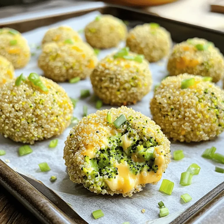 - 1 Tasse gekochter Quinoa - 1 Tasse Brokkoli-Röschen, fein gehackt - 1 Tasse Cheddar-Käse, gerieben Für die Broccoli Cheddar Quinoa Bites sind die Hauptzutaten sehr wichtig. Quinoa ist voll von Nährstoffen und hält dich satt. Brokkoli bringt Farbe und Vitamine. Der Cheddar-Käse sorgt für einen leckeren Geschmack. - 2 große Eier - 1/2 Tasse Semmelbrösel - 1/4 Tasse Frühlingszwiebeln, gehackt Die zusätzlichen Zutaten geben den Bissen die richtige Konsistenz. Eier helfen, alles zusammenzuhalten. Semmelbrösel sorgen für eine knusprige Textur. Frühlingszwiebeln bringen Frische und einen milden Zwiebelgeschmack. - 1/4 Teelöffel Knoblauchpulver - 1/4 Teelöffel Zwiebelpulver - Salz und Pfeffer nach Geschmack - Olivenölspray Gewürze machen das Gericht spannend. Knoblauchpulver und Zwiebelpulver geben einen tollen Geschmack. Salz und Pfeffer runden alles ab. Das Olivenölspray hilft, die Bissen im Ofen knusprig zu machen. Für das gesamte Rezept schau dir die [Full Recipe] an. - Ofen auf 190°C (375°F) vorheizen - Backblech mit Backpapier auslegen Zuerst heize ich den Ofen. Die richtige Temperatur sorgt für eine perfekte Textur. Dann lege ich ein Backblech mit Backpapier aus. So kleben die Bissen nicht fest. - Quinoa, Brokkoli und Cheddar in einer Schüssel vermengen - Eier und weitere Zutaten hinzufügen In einer großen Schüssel vermenge ich gekochten Quinoa, fein gehackten Brokkoli und geriebenen Cheddar. Diese Mischung sorgt für einen tollen Geschmack. Danach füge ich die Eier hinzu. Sie helfen, alles zusammenzuhalten. Ich gebe auch Semmelbrösel, Frühlingszwiebeln, Knoblauchpulver, Zwiebelpulver, Salz und Pfeffer hinzu. Alles gut vermischen, bis die Zutaten gleichmäßig verteilt sind. - Mischung zu Bällchen oder Patties formen - Bissen auf das Backblech legen und mit Olivenöl besprühen - Backzeit und -temperatur Jetzt forme ich kleine Bällchen oder Patties aus der Mischung. Ich lasse etwa 2,5 cm Platz zwischen den Bissen auf dem Backblech. Dann besprühe ich die Oberseite mit Olivenöl. Das gibt eine knusprige Textur. Ich backe die Bissen 20 bis 25 Minuten lang. Sie sind fertig, wenn sie goldbraun sind. Nach dem Backen lasse ich sie kurz abkühlen. So kann ich sie besser servieren. Für die volle Anleitung siehe den Full Recipe. Um die Bissen knusprig zu machen, benutze Olivenölspray. Sprühe es gleichmäßig auf die Oberseite. So wird die Oberfläche schön goldbraun. Die richtige Backzeit ist auch wichtig. Backe die Bissen für 20 bis 25 Minuten. Überprüfe sie nach 20 Minuten. Wenn sie fest und goldbraun sind, sind sie perfekt. Serviere die Quinoa-Bissen mit Dips. Ein würziger Joghurt-Dip passt toll. Auch eine scharfe Sauce ist eine gute Wahl. Du kannst die Bissen auch mit anderen Snacks kombinieren. Sie passen gut zu Salaten oder Gemüse-Sticks. So wird dein Snack-Buffet noch besser. Wenn du Gluten meiden möchtest, nimm glutenfreie Semmelbrösel. Diese Bissen bleiben trotzdem lecker und knusprig. Du kannst auch andere Käsesorten ausprobieren. Feta oder Gouda sind gute Alternativen. Diese Käse bringen neue Aromen in die Bissen. Mixe und kombiniere, um deinen perfekten Snack zu finden. {{image_4}} Du kannst die Broccoli Cheddar Quinoa Bites anpassen. Karotten geben eine süße Note. Spinat bringt Farbe und Nährstoffe. Verwende Gemüse, das du magst. Du kannst auch Blumenkohl oder Zucchini probieren. Jede Sorte hat ihren eigenen Geschmack. Möchtest du mehr Protein? Füge gekochtes Hähnchen hinzu. Zerkleinere es und mische es gut ein. Quark ist eine weitere gute Wahl. Für Veganer gibt es tolle Optionen. Kichererbsen oder Tofu passen super dazu. Sie machen die Bissen sättigender. Die Gewürze machen den Unterschied! Probiere scharfe Paprika für einen Kick. Kreuzkümmel bringt ein neues Aroma. Du kannst auch frische Kräuter wie Petersilie oder Basilikum nutzen. Experimentiere mit verschiedenen Kombinationen. So findest du deinen perfekten Geschmack. Bewahre die Broccoli Cheddar Quinoa Bites in einem luftdichten Behälter auf. So bleiben sie frisch. Diese Bissen halten sich gut bis zu fünf Tage im Kühlschrank. Achte darauf, dass sie abgekühlt sind, bevor du sie lagern. So vermeidest du Kondensation und matschige Bissen. Du kannst die Bissen auch einfrieren. Lege sie auf ein Backblech und friere sie für zwei Stunden ein. Dann packe sie in Gefrierbeutel oder -behälter. So bleiben sie bis zu drei Monate frisch. Zum Auftauen lege sie einfach über Nacht in den Kühlschrank. Du kannst sie auch direkt aus dem Gefrierfach im Ofen backen. Um die Bissen aufzuwärmen, benutze den Ofen. Heize ihn auf 190°C vor und backe die Bissen für 10 bis 15 Minuten. So bleiben sie knusprig. In der Mikrowelle erwärmst du sie in 30-Sekunden-Intervallen. Achte darauf, dass sie nicht zu lange drin sind, damit sie nicht gummiartig werden. Die Broccoli Cheddar Quinoa Bites ergeben etwa 12 Portionen. Jede Portion ist perfekt für einen kleinen Snack oder als Beilage. Du kannst die Bissen leicht teilen oder für eine größere Gruppe zubereiten. Einfach die Menge verdoppeln, wenn du mehr Gäste hast oder einen großen Hunger stillen möchtest. Ja, du kannst die Rezepte anpassen. Wenn du Allergien hast, ersetze die Zutaten nach Bedarf. Zum Beispiel, wenn du kein Ei essen kannst, probiere einen Ei-Ersatz wie Apfelmus oder Leinsamenmehl. Wenn du Laktose vermeidest, wähle einen veganen Käse oder lasse ihn ganz weg. Die Bissen bleiben auch ohne Käse lecker. Die Bissen können gut im Kühlschrank aufbewahrt werden. Sie bleiben dort etwa 3 bis 5 Tage frisch. Wenn du sie länger lagern möchtest, friere sie ein. Achte darauf, sie in einem luftdichten Behälter zu verpacken. So bleiben sie bis zu 3 Monate haltbar. Zum Aufwärmen kannst du die Bissen im Ofen oder in der Mikrowelle genießen. Die Brokkoli-Cheddar-Quinoa-Bissen sind einfache und leckere Snacks. Wir haben die Hauptzutaten, zusätzliche Zutaten und die besten Gewürze besprochen. Außerdem habe ich dir Schritt-für-Schritt-Anleitungen gegeben, um sie zuzubereiten. Denk an die Tipps für die perfekte Knusprigkeit und die Variationen, die du ausprobieren kannst. Diese Bissen sind vielseitig und anpassbar. Egal ob als Snack oder Hauptgericht, sie bieten viele Möglichkeiten. Probiere sie aus und genieße die Aromen!