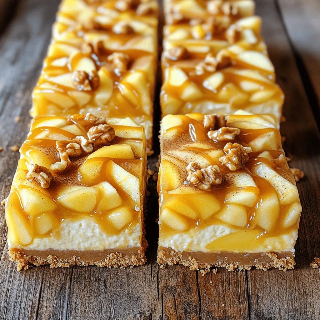 - 1 ½ Tassen Graham-Cracker-Brösel - 2 Packungen (je 226 g) Frischkäse, weich - 2 mittelgroße Äpfel, geschält, entkernt und gewürfelt (vorzugsweise Granny Smith) Die Grundzutaten sind einfach. Graham-Cracker-Brösel geben der Kruste einen tollen Crunch. Frischkäse sorgt für die cremige Füllung. Granny-Smith-Äpfel bringen einen schönen, frischen Geschmack. - ½ Tasse ungesalzene Butter, geschmolzen - 1 Tasse Kristallzucker - 2 große Eier - ½ Tasse Karamellsauce (fertig gekauft oder selbstgemacht) Diese Zutaten sind wichtig für die Süße und Textur. Die Butter hält die Kruste zusammen. Eier machen die Füllung fest und fluffig. Karamellsauce bringt den süßen, klebrigen Genuss. - ¼ Tasse gehackte Walnüsse - 1 Teelöffel Vanilleextrakt - 1 Teelöffel Zimt Walnüsse fügen einen extra Crunch hinzu. Vanilleextrakt sorgt für einen reichen Geschmack. Zimt gibt den Äpfeln Wärme und Aroma. Diese Zutaten sind nicht zwingend, aber sie machen das Dessert noch besser. Sie finden die Details für die Zubereitung in der [Full Recipe]. Heize deinen Ofen auf 175°C vor. Lege eine 23x33 cm große Backform mit Backpapier aus. Lass genügend Papier überstehen, um die Riegel später leicht herauszunehmen. Messe alle Zutaten ab und stelle sie bereit. So hast du alles zur Hand, wenn du anfängst. Vermische in einer großen Schüssel die Graham-Cracker-Brösel mit der geschmolzenen Butter und zwei Esslöffeln Zucker. Rühre alles gut um, bis die Brösel gleichmäßig mit Butter bedeckt sind. Drücke diese Mischung gleichmäßig auf den Boden der Backform, um die Kruste zu formen. Backe die Kruste für 10 Minuten und lass sie dann etwas abkühlen. In einer separaten großen Schüssel schlage den weichen Frischkäse mit einer Tasse Zucker cremig. Es ist wichtig, dass keine Klumpen bleiben. Füge die Eier nacheinander hinzu und rühre nach jedem Ei gut um. Zum Schluss mische den Vanilleextrakt unter, bis alles gut vermischt ist. Bereite in einer anderen Schüssel die gewürfelten Äpfel mit einem Teelöffel Zimt vor. Achte darauf, die Äpfel gleichmäßig mit Zimt zu bestäuben. Füge die Apfelmischung vorsichtig in die Frischkäsemasse ein. Rühre sanft, damit die Äpfel gleichmäßig verteilt sind. Gieße die Füllung über die abgekühlte Graham-Cracker-Kruste. Träufle die Karamellsauce über die Oberseite. Verwende ein Messer, um die Karamellsauce sanft in die Masse zu wirbeln. Wenn du magst, streue die gehackten Walnüsse darüber. Backe die Riegel für 30 bis 35 Minuten, bis die Mitte fest und die Ränder leicht goldbraun sind. Lass die Riegel auf Raumtemperatur abkühlen und stelle sie dann für mindestens 3 Stunden in den Kühlschrank. Du kannst sie später in Stücke schneiden. Wenn du die vollständige Anleitung benötigst, schau dir das Rezept an. Für eine glatte Füllung ist es wichtig, den Frischkäse auf Zimmertemperatur zu bringen. Kalter Frischkäse klumpt. Schlage ihn gut, bis er cremig ist. Füge die Eier einzeln hinzu. Rühre nach jedem Ei nur kurz, um die Luft nicht zu schlagen. So bleibt die Füllung schön dicht. Du kannst Karamellsauce kaufen oder selbst machen. Selbstgemachte Sauce hat oft besseren Geschmack. Probiere, andere Aromen hinzuzufügen. Eine Prise Meersalz macht die Sauce besonders lecker. Du kannst auch Gewürze wie Muskatnuss oder Ingwer verwenden. Die Optik zählt! Richte die Riegel schön an. Verwende frische Äpfel oder ein paar Minzblätter zur Dekoration. Träufle mehr Karamellsauce darüber für einen tollen Look. Teile die Riegel in gleichmäßige Stücke. So sehen sie einladend aus und sind leicht zu servieren. {{image_4}} Sie können dieses Rezept anpassen, indem Sie verschiedene Früchte verwenden. Birnen oder Pfirsiche passen gut zu diesem Dessert. Sie bringen eine süße Note und eine tolle Textur. Wenn Sie etwas anderes wollen, probieren Sie Bananen. Diese geben den Riegeln eine weiche, cremige Konsistenz. Achten Sie darauf, die Früchte klein zu schneiden, damit sie gut in die Füllung passen. Für glutenfreie Optionen können Sie glutenfreie Graham-Cracker verwenden. Diese sind leicht erhältlich und schmecken gut. Wenn Sie eine vegane Version machen möchten, ersetzen Sie die Eier. Apfelmus oder Leinsamen können hier eine gute Wahl sein. So bleiben die Riegel lecker, ohne tierische Produkte zu verwenden. Das Topping kann einen großen Unterschied machen. Schlagsahne fügt eine luftige Textur hinzu und sieht schön aus. Wenn Sie es schokoladig mögen, fügen Sie geschmolzene Schokolade hinzu. Karamell passt natürlich perfekt zu den Äpfeln. Sie können auch crunchy Knuspermischungen verwenden. Diese geben den Riegeln einen tollen Crunch und machen sie noch leckerer. Für das beste Ergebnis kombinieren Sie verschiedene Toppings! Die Karamell-Apfel-Cheesecake-Riegel bleiben im Kühlschrank bis zu fünf Tage frisch. Achten Sie darauf, sie in einem luftdichten Behälter zu lagern. So bleibt die Textur gut und der Geschmack bleibt erhalten. Sie können auch Frischhaltefolie verwenden, um die Riegel abzudecken. Um die Riegel einzufrieren, schneiden Sie sie zuerst in Stücke. Legen Sie die Riegel in eine einzelne Schicht auf ein Backblech. Stellen Sie sicher, dass sie nicht aneinanderkleben. Frieren Sie sie für zwei Stunden ein. Danach können Sie die Riegel in einen gefriergeeigneten Behälter oder einen Gefrierbeutel umfüllen. Für das Auftauen legen Sie die Riegel einfach in den Kühlschrank. Lassen Sie sie dort über Nacht auftauen. So bleiben sie weich und lecker. Vermeiden Sie es, sie in der Mikrowelle aufzutauen, da sie dann matschig werden können. Genießen Sie die Riegel kühl und frisch, direkt nach dem Auftauen! Die Karamell-Apfel-Cheesecake-Riegel sind im Kühlschrank etwa eine Woche haltbar. Lagern Sie sie in einem luftdichten Behälter. So bleiben sie frisch und lecker. Wenn Sie sie länger aufbewahren möchten, können Sie sie auch einfrieren. Ja, Sie können andere Käsesorten verwenden. Ricotta oder Mascarpone sind gute Alternativen. Diese Käsesorten bringen einen anderen Geschmack, aber die Textur bleibt gut. Achten Sie darauf, dass die Käsesorten weich sind und gut mixen. Um die Riegel sauber zu schneiden, nutzen Sie ein scharfes Messer. Tauchen Sie das Messer vorher in heißes Wasser und wischen Sie es trocken. So bekommen Sie saubere Kanten. Schneiden Sie die Riegel, wenn sie ganz kalt sind. So bleibt die Füllung fest. Für Nussallergiker sind einige Alternativen möglich. Sie können Sonnenblumenkerne oder Kürbiskerne verwenden. Diese sorgen für einen ähnlichen Crunch. Außerdem können Sie die Riegel auch ganz ohne Nüsse zubereiten. Sie bleiben trotzdem köstlich! Dieser Blogbeitrag führte durch die Schritte zur Herstellung eines leckeren Apfel-Cheesecake. Wir haben die Haupt- und optionalen Zutaten sowie die Zubereitung und Lagerung besprochen. Mit Tipps zu Konsistenz und Präsentation kannst du dein Dessert optimieren. Denke daran, mit verschiedenen Früchten zu experimentieren und gesunde Alternativen zu verwenden. Am Ende macht es die Kreativität in der Küche aus. Probiere es einfach aus und genieße!