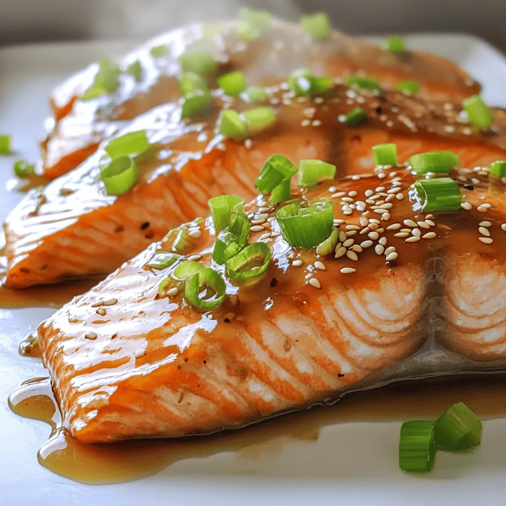 - Lachsfilets: Auswahl und Tipps Wählen Sie frische Lachsfilets von guter Qualität. Achten Sie auf eine lebendige Farbe und eine feste Textur. Wildlachs hat oft einen feinen Geschmack. Zuchtlachs ist eine gute, oft günstigere Wahl. Beide sind reich an Omega-3-Fettsäuren. Für das beste Ergebnis, verwenden Sie Lachs mit Haut. Das hilft, den Lachs saftig zu halten. - Sojasauce: Typen und Verwendung Sojasauce gibt dem Gericht Tiefe. Es gibt verschiedene Typen, wie helle und dunkle Sojasauce. Helle Sojasauce ist milder und süßer. Dunkle Sojasauce hat einen stärkeren Geschmack und eine tiefere Farbe. Für dieses Rezept empfehle ich eine Sojasauce mit geringem Natriumgehalt. So bleibt das Gericht gesünder und weniger salzig. - Honig oder Ahornsirup: Unterschied und Auswahl Honig bringt Süße und einen blumigen Geschmack. Ahornsirup hat einen reichen, karamelligen Geschmack. Beide sind großartig für die Marinade. Wählen Sie, was Ihnen besser gefällt. Achten Sie auf die Qualität. Reiner Honig oder echter Ahornsirup sind immer die beste Wahl. Sie machen die Marinade besonders lecker. Diese Zutaten sind der Schlüssel zu einem köstlichen Baked Teriyaki Salmon. Sie sind einfach zu finden und machen das Gericht schnell zubereitet. Für das volle Rezept, schauen Sie sich die Full Recipe an. Heizen Sie den Ofen auf 200 °C vor. Ein vorgeheizter Ofen sorgt für gleichmäßiges Garen. Legen Sie eine Backform mit Backpapier aus. So bleibt die Form sauber und der Lachs klebt nicht fest. Für die Marinade kombinieren Sie in einer Schüssel: - 80 ml Sojasauce - 60 ml Honig oder Ahornsirup - 30 ml Reisessig - 15 ml Sesamöl - 2 fein gehackte Knoblauchzehen - 1 Teelöffel geriebenen Ingwer Schlagen Sie alles gut zusammen, bis es gut vermischt ist. Möchten Sie eine dickere Glasur? Mischen Sie 1 Esslöffel Maisstärke mit 2 Esslöffeln Wasser. Rühren Sie die Mischung in die Marinade ein. So wird die Glasur schön dick. Legen Sie die Lachsfilets mit der Hautseite nach unten in die Backform. Gießen Sie die Hälfte der Marinade gleichmäßig über die Filets. Die restliche Sauce bewahren Sie für später auf. Backen Sie den Lachs 12-15 Minuten lang. Er ist fertig, wenn er sich leicht mit einer Gabel zerteilen lässt. In den letzten 5 Minuten der Backzeit bestreichen Sie den Lachs mit der restlichen Marinade. Das verleiht ihm extra Geschmack und Glanz. Nehmen Sie den Lachs aus dem Ofen. Garnieren Sie ihn mit gehackten Frühlingszwiebeln und Sesamsamen. Das macht das Gericht nicht nur schmackhaft, sondern sieht auch toll aus. Servieren Sie den Lachs heiß für das beste Geschmackserlebnis. Für das vollständige Rezept, schauen Sie sich das [Full Recipe] an. - Feuchtigkeitsbewahrung: Um den Lachs saftig zu halten, lege ihn mit der Hautseite nach unten. Die Haut hilft, Feuchtigkeit zu speichern. Achte darauf, nicht zu lange zu backen. Bei 12 bis 15 Minuten ist der Lachs perfekt. Du kannst auch einen Spritzer Zitrone für zusätzlichen Geschmack hinzufügen. - Verwendung von frisch oder gefroren: Frischer Lachs hat einen tollen Geschmack. Achte darauf, dass der Fisch hell und glänzend aussieht. Gefrorener Lachs ist auch gut. Lass ihn über Nacht im Kühlschrank auftauen. So bleibt er lecker und saftig. - Überbacken: Wenn der Lachs trocken wird, ist das ein Zeichen für Überbacken. Die Oberfläche sollte leicht bräunlich sein, aber nicht verbrennen. Wenn du unsicher bist, teste mit einer Gabel. Wenn er sich leicht zerteilen lässt, ist er fertig. - Zu viel Marinade: Zu viel Marinade kann den Lachs überwältigen. Eine gute Balance ist wichtig. Gieße nur die Hälfte der Sauce über den Lachs und behalte den Rest für die letzten Minuten. So bleibt der Geschmack frisch und intensiv. {{image_4}} Wenn du eine vegane Option suchst, kannst du die Marinade leicht anpassen. Verwende anstelle von Honig Agavendicksaft oder Kokosblütenzucker. Diese Alternativen bieten eine süße Note, die gut zu dem Lachs passt. Für die Beilagen sind gedämpfte Gemüse, wie Brokkoli oder grüne Bohnen, perfekt. Auch Basmatireis oder Quinoa harmonieren gut mit dem Teriyaki-Geschmack. Um einen Asia-Style zu kreieren, füge zusätzliche Gewürze hinzu. Ein Hauch von fünf Gewürzen oder etwas Chili verleiht dem Gericht eine aufregende Note. Wenn du einen Western-Style bevorzugst, kannst du die Sojasauce durch eine BBQ-Sauce ersetzen. Auch Zitrone oder Kräuter wie Thymian bringen eine frische Note. Experimentiere mit verschiedenen Aromen, um deinen Favoriten zu finden. Um übrig gebliebenen Lachs frisch zu halten, lege ihn in einen luftdichten Behälter. So bleibt der Geschmack erhalten. Du kannst den Lachs auch in Frischhaltefolie einwickeln. Achte darauf, dass keine Luft an die Filets kommt. Das sorgt für eine längere Haltbarkeit. Wenn du den Lachs länger aufbewahren willst, ist das Einfrieren eine gute Option. Wickle die Lachsfilets in Frischhaltefolie und lege sie in einen Gefrierbeutel. So bleibt der Lachs bis zu drei Monate frisch. Stelle sicher, dass du das Datum auf dem Beutel notierst. So behältst du den Überblick. Gebackener Teriyaki Lachs kann im Kühlschrank bis zu drei Tage aufbewahrt werden. Wenn du ihn richtig lagerst, bleibt der Geschmack gut. Achte darauf, den Lachs in einem luftdichten Behälter zu lagern. Wenn du ihn länger aufbewahren möchtest, friere ihn ein. So bleibt er bis zu drei Monate frisch und lecker. Um Baked Teriyaki Salmon vegan zu machen, tauschen Sie den Lachs aus. Sie können Tofu oder Tempeh verwenden. Diese Zutaten nehmen die Marinade gut auf. Schneiden Sie Tofu oder Tempeh in dicke Scheiben. Marinieren Sie sie wie im Rezept beschrieben. Backen Sie sie dann genauso, wie es für den Lachs vorgesehen ist. Tofu hat eine ähnliche Textur und wird köstlich. Zu Baked Teriyaki Salmon passen viele Beilagen gut. Sie können gedämpften Reis oder Quinoa servieren. Gemüse wie Brokkoli oder grüne Bohnen sind eine gute Wahl. Ein einfacher Salat mit Gurken und Karotten ergänzt das Gericht. Verwenden Sie auch knusprige Frühlingsrollen für einen asiatischen Touch. Diese Beilagen sorgen für ein ausgewogenes Essen. Ja, Sie können die Marinade im Voraus machen. Mischen Sie alle Zutaten in einer Schüssel. Stellen Sie die Marinade in den Kühlschrank. Sie bleibt dort bis zu drei Tage frisch. So sparen Sie Zeit, wenn Sie das Gericht zubereiten. Die Aromen können sogar intensiver werden, wenn sie länger ziehen. In diesem Blogpost haben wir die wichtigsten Zutaten für gebackenen Teriyaki-Lachs behandelt. Du hast gelernt, wie du den Lachs vorbereitest, backst und anrichtest. Wir haben auch nützliche Tipps gegeben, um häufige Fehler zu vermeiden. Variationen und Lagerinformationen bieten dir kreative Möglichkeiten für deine Mahlzeiten. Denke daran, dass die richtige Zubereitung und Lagerung entscheidend sind. Nutze die Tipps, um deinen Lachs perfekt zu machen. Experimentiere mit Aromen und genieße dein Gericht!