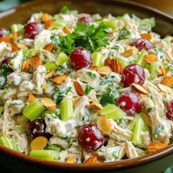 - 2 Tassen gekochtes Huhn, zerkleinert oder gewürfelt - 1/2 Tasse Sellerie, fein gehackt - 1/2 Tasse rote Trauben, halbiert Die Hauptzutaten bilden die Basis für den klassischen Hühnersalat. Gekochtes Huhn gibt dem Salat sein Herz. Ich empfehle, das Huhn vor dem Kochen zu würzen. Das gibt mehr Geschmack. Sellerie bringt einen knackigen Biss. Der süße Geschmack der Trauben rundet alles ab und sorgt für einen tollen Kontrast. - 1/4 Tasse griechischer Joghurt - 2 Esslöffel Mayonnaise - 1 Esslöffel Dijon-Senf Das Dressing ist einfach und lecker. Der griechische Joghurt macht es cremig. Mayonnaise fügt eine reichhaltige Note hinzu. Dijon-Senf gibt einen kleinen Kick. Diese Mischung verbindet sich gut mit den Zutaten und macht den Salat frisch und einladend. - 1 Esslöffel Honig - Salz und Pfeffer nach Geschmack - Frische Petersilie, gehackt zur Garnitur Die Gewürze sind wichtig für den Geschmack. Honig fügt eine süße Note hinzu. Salz und Pfeffer helfen, die Aromen zu verstärken. Frische Kräuter wie Petersilie sorgen für Farbe und Frische. Sie machen den Salat noch ansprechender. Ich liebe es, mit diesen Zutaten zu arbeiten, um den perfekten klassischen Hühnersalat zuzubereiten. Für das vollständige Rezept, schau dir die [Full Recipe] an. Zuerst müssen wir das Huhn kochen und zerkleinern. Ich empfehle, das Huhn in leicht gesalzenem Wasser zu kochen. Das Huhn sollte etwa 15 bis 20 Minuten kochen, bis es durchgegart ist. Danach lasse ich es etwas abkühlen, bevor ich das Fleisch zerkleinere. Wenn du kein gekochtes Huhn hast, kannst du auch Reste vom Grill oder Braten verwenden. Das gibt dem Salat einen tollen Geschmack. Nun geht es an das Gemüse und die Früchte. Ich schneide den Sellerie in kleine Stücke, etwa einen halben Zentimeter dick. Der Sellerie gibt eine schöne Knackigkeit. Die Trauben halbiere ich, damit sie süß und saftig bleiben. Weitere empfehlenswerte Zutaten sind Äpfel oder Walnüsse. Diese bringen zusätzliche Frische und Textur in den Salat. Für das Dressing mische ich griechischen Joghurt, Mayonnaise, Dijon-Senf und Honig in einer kleinen Schüssel. Ich gebe eine Prise Salz und Pfeffer dazu. Das Dressing sollte glatt und cremig sein. Jetzt gießen wir das Dressing über die Hühner-Mischung. Ich hebe alles vorsichtig unter, damit jeder Bissen gut gewürzt ist. Lass den Hühnersalat für mindestens 30 Minuten im Kühlschrank ruhen. So können sich die Aromen verbinden. Vor dem Servieren garniere ich den Salat mit frischer, gehackter Petersilie. Für die genaue Zubereitung, schau dir das [Full Recipe] an. Um den Geschmack Ihres klassischen Hühnersalats zu verbessern, empfehle ich frische Kräuter. Petersilie, Dill oder Schnittlauch bringen viel Aroma. Hacken Sie die Kräuter fein und mischen Sie sie unter den Salat. Sie geben eine frische Note, die den Geschmack hebt. Achten Sie auch auf die Anpassung von Salz und Pfeffer. Beginnen Sie mit einer kleinen Menge und probieren Sie. Fügen Sie mehr hinzu, je nach Geschmack. So stellen Sie sicher, dass der Salat perfekt gewürzt ist. Dieser Salat eignet sich super für Partys oder Veranstaltungen. Sie können ihn leicht im Voraus zubereiten. Der Hühnersalat hält sich gut im Kühlschrank. Lagern Sie ihn in einem luftdichten Behälter. So bleibt er frisch und lecker. Planen Sie, den Salat mindestens 30 Minuten vor dem Servieren zu machen. Das gibt den Aromen Zeit, sich zu vermischen. Sie schmecken dann viel besser. Es gibt viele Möglichkeiten, wie Sie den Salat servieren können. Eine beliebte Wahl ist, ihn auf frischem Brot zu genießen. Ein knuspriges Baguette oder ein Sandwichbrot passt gut. Alternativ können Sie den Hühnersalat auch in einer Schüssel servieren. So ist er leicht zu teilen und zu genießen. Überlegen Sie sich auch Beilagen, die gut passen. Ein einfacher grüner Salat oder frisches Obst ergänzt den Hühnersalat wunderbar. Wenn Sie mehr Ideen möchten, schauen Sie sich das [Full Recipe] an. {{image_4}} Klassischer Hühnersalat hat viele gesunde Varianten. Für eine Low-Carb-Version verwenden Sie einfach Blumenkohlrisotto anstelle von Huhn. Das gibt Ihnen das Gefühl einer Füllung, ohne viele Kohlenhydrate. Eine andere Option ist eine vegetarische Version. Statt Huhn können Sie Kichererbsen verwenden. Diese sind proteinreich und machen den Salat sättigend. Die Anpassungen des Hühnersalats können aus verschiedenen Küchen kommen. Zum Beispiel können Sie asiatische Aromen hinzufügen. Fügen Sie Sesamöl und Sojasauce hinzu, um einen neuen Geschmack zu erhalten. In Mexiko können Sie Avocado und Limettensaft verwenden. Das gibt dem Salat Frische und einen tollen Kick. Saisonale Zutaten machen den Salat noch besser. Im Frühling können Sie Spargel oder Erbsen hinzufügen. Diese bringen Farbe und einen knackigen Biss. Im Sommer sind frische Pfirsiche oder Wassermelonen eine tolle Idee. Sie geben Süße und Saftigkeit. Im Herbst können Sie Äpfel und Nüsse verwenden. Diese Zutaten passen gut zu kühleren Tagen und machen den Salat herzhaft. Für alle Variationen können Sie die Grundzutaten aus dem Full Recipe nutzen. Das sorgt für Vielfalt und Spaß beim Kochen! Um den Hühnersalat frisch zu halten, ist die Lagerung wichtig. Bewahre ihn immer im Kühlschrank auf. Verwende dafür einen luftdichten Behälter. So bleibt der Salat bis zu drei Tage frisch. Achte darauf, dass die Temperatur unter 4 Grad Celsius bleibt. Wenn du den Hühnersalat länger aufbewahren möchtest, kannst du ihn auch einfrieren. Fülle den Salat in einen gefriersicheren Behälter oder in einen speziellen Gefrierbeutel. Drücke so viel Luft wie möglich heraus. So kannst du die Frische bis zu drei Monate halten. Der Hühnersalat ist nach drei Tagen im Kühlschrank nicht mehr gut. Wenn du einen komischen Geruch bemerkst, ist es Zeit, ihn wegzuwerfen. Auch wenn der Salat eine schleimige Textur hat, solltest du ihn nicht mehr essen. Achte auf die Zutaten. Trauben und Sellerie sollten frisch aussehen. Verwende den Salat nicht, wenn du Anzeichen von Verderb siehst. Um den Hühnersalat einzufrieren, folge diesen Schritten: 1. Teile den Salat in Portionen auf. 2. Fülle die Portionen in gefriergeeignete Behälter oder Beutel. 3. Beschrifte die Behälter mit Datum und Inhalt. Wenn du deinen Salat auftauen möchtest, lege ihn über Nacht in den Kühlschrank. Du kannst ihn auch unter kaltem Wasser auftauen. Erhitze ihn nicht in der Mikrowelle, da die Textur leiden kann. Für beste Ergebnisse, genieße deinen Hühnersalat frisch. So schmeckt er am besten! Du kannst das Rezept für den klassischen Hühnersalat hier finden: [Full Recipe]. Klassischer Hühnersalat bleibt im Kühlschrank etwa drei bis fünf Tage frisch. Achte darauf, ihn in einem luftdichten Behälter zu lagern. So bleibt der Salat knusprig und lecker. Wenn du ihn länger aufbewahren möchtest, kannst du ihn auch einfrieren. Beachte, dass die Textur sich beim Auftauen ändern kann. Ja, du kannst frisches Huhn verwenden. Koche das Huhn in Wasser, bis es gar ist. Lass es abkühlen und zerkleinere es dann. Achte darauf, dass das Huhn gut durchgegart ist, um sicherzustellen, dass es sicher zu essen ist. Frisches Huhn kann den Salat besonders saftig machen. Du kannst Joghurt oder Avocado verwenden. Joghurt macht den Salat leichter und frischer. Avocado bringt eine cremige Textur. Beide Alternativen haben einen anderen Geschmack, der sehr gut harmonieren kann. Probiere aus, was dir am besten schmeckt. Ja, der klassische Hühnersalat liegt gut im Kühlschrank. Halte ihn bei 4 Grad Celsius oder kälter. Lasse den Salat mindestens 30 Minuten im Kühlschrank ruhen, bevor du ihn servierst. So vermischen sich die Aromen besser und der Geschmack wird intensiver. Ja, der Hühnersalat kann glutenfrei und kalorienarm sein. Verwende frisches Gemüse und achte auf die Menge an Dressing. Wenn du Allergien hast, überprüfe die Zutaten sorgfältig. Mandeln können in manchen Fällen Allergien auslösen. Du kannst sie auch weglassen oder durch andere Nüsse ersetzen. Um einen klassischen Hühnersalat zuzubereiten, braucht es nur einige Hauptzutaten. Dazu gehören gekochtes Huhn, Sellerie und Trauben. Das Dressing aus griechischem Joghurt, Mayonnaise und Senf bringt den Geschmack perfekt zur Geltung. Tipps zur Zubereitung verbessern das Ergebnis. Vorbereitete Varianten wie Low-Carb oder vegetarische Optionen bieten Vielfalt. Richtig aufbewahrt, bleibt der Salat frisch. Beachte die Haltbarkeit und Lagerung. Mit diesen Tipps machst du jeden Hühnersalat zum Hit!