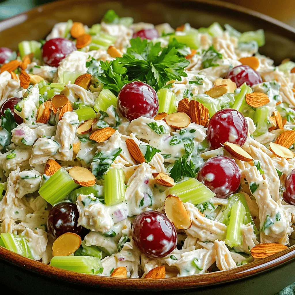 - 2 Tassen gekochtes Huhn, zerkleinert oder gewürfelt - 1/2 Tasse Sellerie, fein gehackt - 1/2 Tasse rote Trauben, halbiert Die Hauptzutaten bilden die Basis für den klassischen Hühnersalat. Gekochtes Huhn gibt dem Salat sein Herz. Ich empfehle, das Huhn vor dem Kochen zu würzen. Das gibt mehr Geschmack. Sellerie bringt einen knackigen Biss. Der süße Geschmack der Trauben rundet alles ab und sorgt für einen tollen Kontrast. - 1/4 Tasse griechischer Joghurt - 2 Esslöffel Mayonnaise - 1 Esslöffel Dijon-Senf Das Dressing ist einfach und lecker. Der griechische Joghurt macht es cremig. Mayonnaise fügt eine reichhaltige Note hinzu. Dijon-Senf gibt einen kleinen Kick. Diese Mischung verbindet sich gut mit den Zutaten und macht den Salat frisch und einladend. - 1 Esslöffel Honig - Salz und Pfeffer nach Geschmack - Frische Petersilie, gehackt zur Garnitur Die Gewürze sind wichtig für den Geschmack. Honig fügt eine süße Note hinzu. Salz und Pfeffer helfen, die Aromen zu verstärken. Frische Kräuter wie Petersilie sorgen für Farbe und Frische. Sie machen den Salat noch ansprechender. Ich liebe es, mit diesen Zutaten zu arbeiten, um den perfekten klassischen Hühnersalat zuzubereiten. Für das vollständige Rezept, schau dir die [Full Recipe] an. Zuerst müssen wir das Huhn kochen und zerkleinern. Ich empfehle, das Huhn in leicht gesalzenem Wasser zu kochen. Das Huhn sollte etwa 15 bis 20 Minuten kochen, bis es durchgegart ist. Danach lasse ich es etwas abkühlen, bevor ich das Fleisch zerkleinere. Wenn du kein gekochtes Huhn hast, kannst du auch Reste vom Grill oder Braten verwenden. Das gibt dem Salat einen tollen Geschmack. Nun geht es an das Gemüse und die Früchte. Ich schneide den Sellerie in kleine Stücke, etwa einen halben Zentimeter dick. Der Sellerie gibt eine schöne Knackigkeit. Die Trauben halbiere ich, damit sie süß und saftig bleiben. Weitere empfehlenswerte Zutaten sind Äpfel oder Walnüsse. Diese bringen zusätzliche Frische und Textur in den Salat. Für das Dressing mische ich griechischen Joghurt, Mayonnaise, Dijon-Senf und Honig in einer kleinen Schüssel. Ich gebe eine Prise Salz und Pfeffer dazu. Das Dressing sollte glatt und cremig sein. Jetzt gießen wir das Dressing über die Hühner-Mischung. Ich hebe alles vorsichtig unter, damit jeder Bissen gut gewürzt ist. Lass den Hühnersalat für mindestens 30 Minuten im Kühlschrank ruhen. So können sich die Aromen verbinden. Vor dem Servieren garniere ich den Salat mit frischer, gehackter Petersilie. Für die genaue Zubereitung, schau dir das [Full Recipe] an. Um den Geschmack Ihres klassischen Hühnersalats zu verbessern, empfehle ich frische Kräuter. Petersilie, Dill oder Schnittlauch bringen viel Aroma. Hacken Sie die Kräuter fein und mischen Sie sie unter den Salat. Sie geben eine frische Note, die den Geschmack hebt. Achten Sie auch auf die Anpassung von Salz und Pfeffer. Beginnen Sie mit einer kleinen Menge und probieren Sie. Fügen Sie mehr hinzu, je nach Geschmack. So stellen Sie sicher, dass der Salat perfekt gewürzt ist. Dieser Salat eignet sich super für Partys oder Veranstaltungen. Sie können ihn leicht im Voraus zubereiten. Der Hühnersalat hält sich gut im Kühlschrank. Lagern Sie ihn in einem luftdichten Behälter. So bleibt er frisch und lecker. Planen Sie, den Salat mindestens 30 Minuten vor dem Servieren zu machen. Das gibt den Aromen Zeit, sich zu vermischen. Sie schmecken dann viel besser. Es gibt viele Möglichkeiten, wie Sie den Salat servieren können. Eine beliebte Wahl ist, ihn auf frischem Brot zu genießen. Ein knuspriges Baguette oder ein Sandwichbrot passt gut. Alternativ können Sie den Hühnersalat auch in einer Schüssel servieren. So ist er leicht zu teilen und zu genießen. Überlegen Sie sich auch Beilagen, die gut passen. Ein einfacher grüner Salat oder frisches Obst ergänzt den Hühnersalat wunderbar. Wenn Sie mehr Ideen möchten, schauen Sie sich das [Full Recipe] an. {{image_4}} Klassischer Hühnersalat hat viele gesunde Varianten. Für eine Low-Carb-Version verwenden Sie einfach Blumenkohlrisotto anstelle von Huhn. Das gibt Ihnen das Gefühl einer Füllung, ohne viele Kohlenhydrate. Eine andere Option ist eine vegetarische Version. Statt Huhn können Sie Kichererbsen verwenden. Diese sind proteinreich und machen den Salat sättigend. Die Anpassungen des Hühnersalats können aus verschiedenen Küchen kommen. Zum Beispiel können Sie asiatische Aromen hinzufügen. Fügen Sie Sesamöl und Sojasauce hinzu, um einen neuen Geschmack zu erhalten. In Mexiko können Sie Avocado und Limettensaft verwenden. Das gibt dem Salat Frische und einen tollen Kick. Saisonale Zutaten machen den Salat noch besser. Im Frühling können Sie Spargel oder Erbsen hinzufügen. Diese bringen Farbe und einen knackigen Biss. Im Sommer sind frische Pfirsiche oder Wassermelonen eine tolle Idee. Sie geben Süße und Saftigkeit. Im Herbst können Sie Äpfel und Nüsse verwenden. Diese Zutaten passen gut zu kühleren Tagen und machen den Salat herzhaft. Für alle Variationen können Sie die Grundzutaten aus dem Full Recipe nutzen. Das sorgt für Vielfalt und Spaß beim Kochen! Um den Hühnersalat frisch zu halten, ist die Lagerung wichtig. Bewahre ihn immer im Kühlschrank auf. Verwende dafür einen luftdichten Behälter. So bleibt der Salat bis zu drei Tage frisch. Achte darauf, dass die Temperatur unter 4 Grad Celsius bleibt. Wenn du den Hühnersalat länger aufbewahren möchtest, kannst du ihn auch einfrieren. Fülle den Salat in einen gefriersicheren Behälter oder in einen speziellen Gefrierbeutel. Drücke so viel Luft wie möglich heraus. So kannst du die Frische bis zu drei Monate halten. Der Hühnersalat ist nach drei Tagen im Kühlschrank nicht mehr gut. Wenn du einen komischen Geruch bemerkst, ist es Zeit, ihn wegzuwerfen. Auch wenn der Salat eine schleimige Textur hat, solltest du ihn nicht mehr essen. Achte auf die Zutaten. Trauben und Sellerie sollten frisch aussehen. Verwende den Salat nicht, wenn du Anzeichen von Verderb siehst. Um den Hühnersalat einzufrieren, folge diesen Schritten: 1. Teile den Salat in Portionen auf. 2. Fülle die Portionen in gefriergeeignete Behälter oder Beutel. 3. Beschrifte die Behälter mit Datum und Inhalt. Wenn du deinen Salat auftauen möchtest, lege ihn über Nacht in den Kühlschrank. Du kannst ihn auch unter kaltem Wasser auftauen. Erhitze ihn nicht in der Mikrowelle, da die Textur leiden kann. Für beste Ergebnisse, genieße deinen Hühnersalat frisch. So schmeckt er am besten! Du kannst das Rezept für den klassischen Hühnersalat hier finden: [Full Recipe]. Klassischer Hühnersalat bleibt im Kühlschrank etwa drei bis fünf Tage frisch. Achte darauf, ihn in einem luftdichten Behälter zu lagern. So bleibt der Salat knusprig und lecker. Wenn du ihn länger aufbewahren möchtest, kannst du ihn auch einfrieren. Beachte, dass die Textur sich beim Auftauen ändern kann. Ja, du kannst frisches Huhn verwenden. Koche das Huhn in Wasser, bis es gar ist. Lass es abkühlen und zerkleinere es dann. Achte darauf, dass das Huhn gut durchgegart ist, um sicherzustellen, dass es sicher zu essen ist. Frisches Huhn kann den Salat besonders saftig machen. Du kannst Joghurt oder Avocado verwenden. Joghurt macht den Salat leichter und frischer. Avocado bringt eine cremige Textur. Beide Alternativen haben einen anderen Geschmack, der sehr gut harmonieren kann. Probiere aus, was dir am besten schmeckt. Ja, der klassische Hühnersalat liegt gut im Kühlschrank. Halte ihn bei 4 Grad Celsius oder kälter. Lasse den Salat mindestens 30 Minuten im Kühlschrank ruhen, bevor du ihn servierst. So vermischen sich die Aromen besser und der Geschmack wird intensiver. Ja, der Hühnersalat kann glutenfrei und kalorienarm sein. Verwende frisches Gemüse und achte auf die Menge an Dressing. Wenn du Allergien hast, überprüfe die Zutaten sorgfältig. Mandeln können in manchen Fällen Allergien auslösen. Du kannst sie auch weglassen oder durch andere Nüsse ersetzen. Um einen klassischen Hühnersalat zuzubereiten, braucht es nur einige Hauptzutaten. Dazu gehören gekochtes Huhn, Sellerie und Trauben. Das Dressing aus griechischem Joghurt, Mayonnaise und Senf bringt den Geschmack perfekt zur Geltung. Tipps zur Zubereitung verbessern das Ergebnis. Vorbereitete Varianten wie Low-Carb oder vegetarische Optionen bieten Vielfalt. Richtig aufbewahrt, bleibt der Salat frisch. Beachte die Haltbarkeit und Lagerung. Mit diesen Tipps machst du jeden Hühnersalat zum Hit!