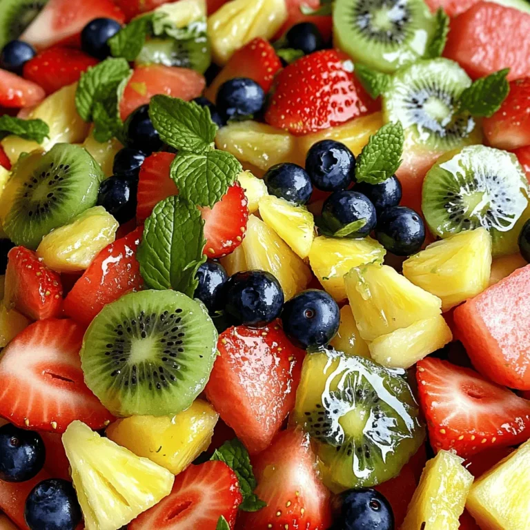 Um einen leckeren Honig Limetten Fruchtsalat zuzubereiten, brauchst du: - 1 Tasse Erdbeeren, geputzt und in Scheiben geschnitten - 1 Tasse Blaubeeren - 1 Tasse Ananas, gewürfelt - 1 Tasse Kiwi, geschält und in Scheiben geschnitten - 1 Tasse Wassermelone, gewürfelt Diese Früchte bringen Farbe und Frische in deinen Salat. Sie sind saftig und süß. Für das Dressing benötigst du: - 2 Esslöffel Honig - 2 Esslöffel frischer Limettensaft - Abrieb von 1 Limette Der Honig macht den Salat süß. Die Limette sorgt für einen spritzigen Geschmack. Diese Kombination ist einfach unwiderstehlich. Du kannst auch folgende Zutaten hinzufügen: - Frische Minzblätter zum Garnieren - Eine Prise Salz für den Kontrast - Ein Hauch von Zimt für Wärme Diese Zutaten sind nicht nötig, aber sie bringen extra Geschmack. Du kannst mit den Aromen spielen und deinen Salat anpassen. Für die vollständige Zubereitung schau dir das Full Recipe an. Um den Honig-Limetten-Fruchtsalat perfekt zuzubereiten, beginne mit den Früchten. Nimm eine große Schüssel und füge die geschnittenen Erdbeeren, Blaubeeren, Ananas, Kiwi und Wassermelone hinzu. Achte darauf, dass alle Stücke gleich groß sind. So sieht der Salat toll aus und schmeckt besser. Mische die Früchte vorsichtig, damit sie nicht zerdrückt werden. Für das Dressing brauchst du eine kleine Schüssel. Gib den Honig, den frischen Limettensaft und den Limettenabrieb hinein. Verwende einen kleinen Schneebesen oder eine Gabel, um alles gut zu vermischen. Das Dressing sollte glatt und gut kombiniert sein. Es bringt die Süße des Honigs und die Frische der Limette zusammen. Jetzt kommt der spannende Teil: das Vermengen. Gieße das Honig-Limetten-Dressing gleichmäßig über die gemischten Früchte. Rühre vorsichtig um, damit jedes Stück gut beschichtet ist. Lass den Fruchtsalat für 10-15 Minuten stehen. So können sich die Aromen gut entfalten. Vor dem Servieren garniere den Salat mit frischen Minzblättern. Das sieht nicht nur schön aus, sondern schmeckt auch frisch und lecker. Für das vollständige Rezept, schau dir den Full Recipe an. Um einen perfekten Honig Limetten Fruchtsalat zu machen, wähle frische Früchte. Achte darauf, dass sie reif, aber nicht überreif sind. Schneide die Früchte in gleichmäßige Stücke. So sehen sie schön aus und schmecken besser. Mische die Früchte nur leicht, damit sie nicht zerdrückt werden. Lass den Salat kurz stehen, damit die Aromen sich entfalten können. Dies bringt den Geschmack wirklich zur Geltung. Um deinen Fruchtsalat frisch zu halten, lagere ihn im Kühlschrank. Verwende einen luftdichten Behälter, um die Feuchtigkeit zu bewahren. Der Fruchtsalat bleibt so bis zu zwei Tage frisch. Wenn du Reste hast, serviere sie schnell. Die Früchte verlieren schnell ihre Festigkeit und ihren Geschmack. Mische den Salat erst kurz vor dem Servieren, damit die Früchte knackig bleiben. Honig hat viele Vorteile. Er enthält Antioxidantien und kann das Immunsystem stärken. Limette bringt nicht nur einen frischen Geschmack, sondern auch Vitamin C. Dieses Vitamin ist wichtig für die Gesundheit und hilft bei der Abwehr von Krankheiten. Beide Zutaten machen den Salat nicht nur lecker, sondern auch gesund. Sie bieten eine gute Mischung aus Geschmack und Nährstoffen. {{image_4}} Du kannst deinen Honig-Limetten-Fruchtsalat leicht anpassen. Füge zum Beispiel Nüsse oder Samen hinzu. Mandeln oder Chiasamen geben einen schönen Crunch. Auch Kokosraspeln passen gut. Sie bringen einen tropischen Geschmack. Wenn du etwas mehr Süße möchtest, füge Banane oder Trauben hinzu. Diese Früchte machen den Salat noch fruchtiger und süßer. Wenn du auf Zucker achten musst, verwende Agavendicksaft oder Stevia anstelle von Honig. Diese Optionen sind süß, aber kalorienärmer. Bei Allergien kannst du bestimmte Früchte weglassen. Achte darauf, dass du keine Früchte verwendest, auf die du allergisch reagierst. Du kannst auch stattdessen Tiefkühlfrüchte verwenden. Diese sind oft günstiger und immer verfügbar. Im Frühling und Sommer sind Beeren perfekt. Erdbeeren und Himbeeren sind frisch und lecker. Im Herbst sind Äpfel und Birnen gut. Sie geben einen tollen Geschmack. Im Winter kannst du Zitrusfrüchte wie Orangen und Grapefruits verwenden. Diese sorgen für einen frischen Kick. Mit saisonalen Früchten bleibt dein Fruchtsalat spannend und bunt. Für das komplette Rezept schau dir den Full Recipe Abschnitt an. Um deinen Honig Limetten Fruchtsalat frisch zu halten, lege ihn in den Kühlschrank. Verwende dafür eine luftdichte Schüssel. So bleibt der Fruchtsalat knackig und lecker. Ich empfehle, den Salat innerhalb von zwei Stunden nach der Zubereitung zu kühlen. Das schützt die Frische der Früchte und die Aromen des Dressings. Im Kühlschrank bleibt dein Fruchtsalat etwa drei Tage frisch. Nach dieser Zeit verlieren die Früchte oft ihre Textur. Der Salat wird matschig und weniger appetitlich. Ich empfehle, den Fruchtsalat frisch zu genießen. So schmeckt er am besten. Wenn du Reste hast, stelle sicher, dass sie gut abgedeckt sind. Falls du Reste hast, nutze sie kreativ! Du kannst sie in Joghurt oder Haferflocken geben. Das sorgt für einen frischen Snack am Morgen. Auch als Topping für Kuchen oder Muffins eignen sich die Reste. So machst du das Beste aus deinem Honig Limetten Fruchtsalat. Um einen Honig-Limetten-Fruchtsalat zu machen, beginne ich mit frischen Früchten. Ich schneide Erdbeeren, Kiwi, Ananas und Wassermelone in Stücke. Dann gebe ich Blaubeeren dazu. In einer Schüssel vermenge ich die Früchte vorsichtig. Ich bereite das Dressing aus Honig und Limettensaft zu. Ich mische die beiden gut in einer kleinen Schüssel. Danach gieße ich das Dressing über die Früchte. Ich rühre alles sanft um. Schließlich lasse ich den Salat 10 bis 15 Minuten ziehen. So verbinden sich die Aromen perfekt. Du kannst die genauen Schritte im [Full Recipe] nachlesen. Viele Früchte passen gut zu Honig und Limette. Ich empfehle Erdbeeren, Blaubeeren und Ananas. Kiwi bringt eine schöne Frische. Wassermelone sorgt für Saftigkeit. Du kannst auch Mango oder Pfirsiche hinzufügen. Diese Früchte harmonieren gut mit der Süße des Honigs und der Säure der Limette. Experimentiere mit deinen Lieblingsfrüchten! Ja, du kannst Honig durch andere Süßstoffe ersetzen. Agavendicksaft ist eine gute Option. Er hat einen ähnlichen Geschmack und ist ebenfalls flüssig. Ahornsirup kann auch gut funktionieren. Wenn du zuckerfrei kochen möchtest, nutze Stevia oder Erythrit. Diese Süßstoffe sind kalorienarm und passen gut zu unserem Rezept. Ein Fruchtsalat mit Honig und Limette ist einfach und lecker. Du hast gelernt, welche Zutaten du brauchst und wie du sie zubereitest. Die Tipps helfen dir, den Salat frisch zu halten. Du kannst auch viele Variationen ausprobieren, je nach Saison oder Vorlieben. Denke immer daran, dass frische Zutaten der Schlüssel sind. Experimentiere mit verschiedenen Früchten und genieße deinen gesunden Snack. Es macht Spaß, kreativ zu sein!