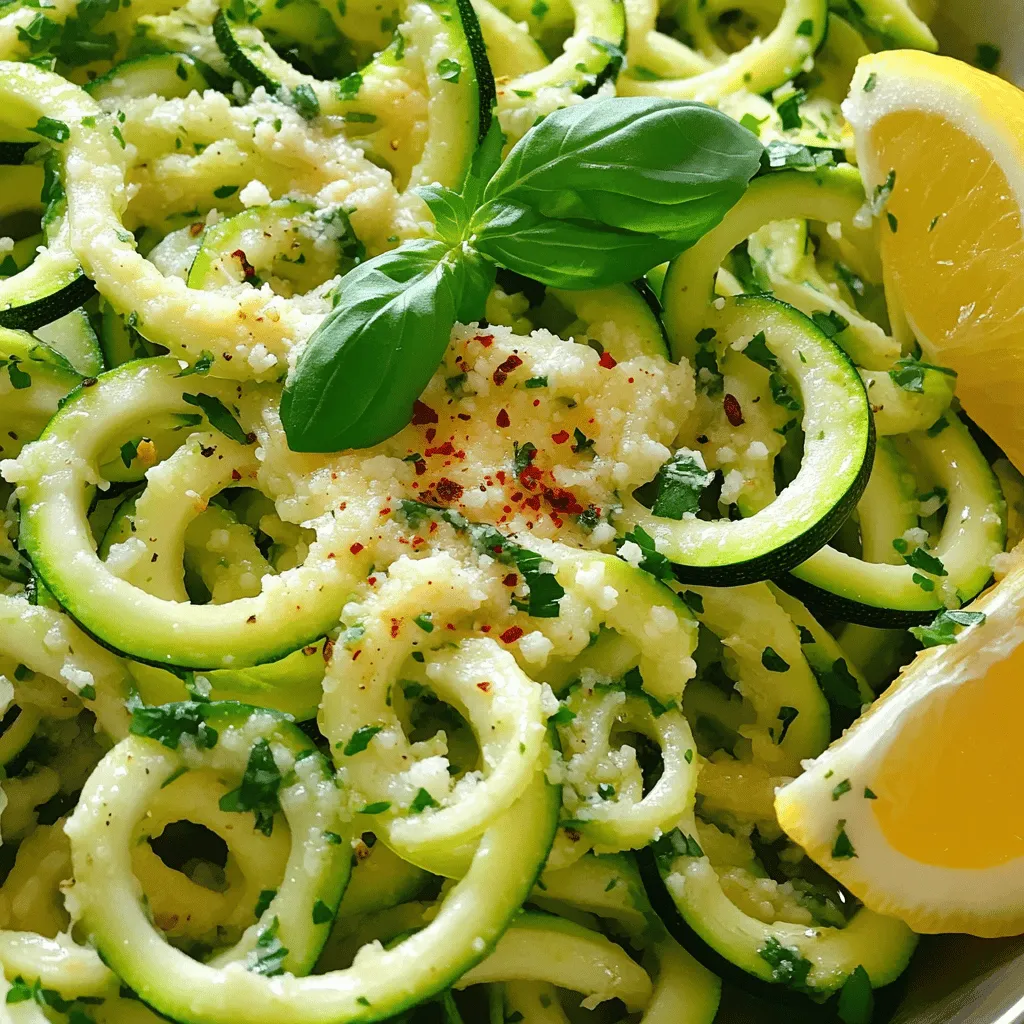 - 4 mittelgroße Zucchini - 3 Esslöffel Olivenöl - 4 Knoblauchzehen, fein gehackt - 1/2 Teelöffel rote Pfefferflocken - Salz und schwarzer Pfeffer nach Geschmack - 1/2 Tasse geriebener Parmesan - 1/4 Tasse frischer Basilikum, gehackt (plus zusätzlich zum Garnieren) - 1 Esslöffel Zitronensaft Um die besten Zoodles zu machen, brauchst du frische Zutaten. Achte darauf, dass die Zucchini fest und glänzend sind. Der Knoblauch sollte frisch sein, um den vollen Geschmack zu bringen. Olivenöl ist wichtig für die richtige Textur. Rote Pfefferflocken geben einen kleinen Kick, aber du kannst sie weglassen, wenn du es mild magst. Parmesan sorgt für einen reichen, salzigen Geschmack. Frischer Basilikum bringt Frische in dein Gericht. Der Zitronensaft fügt eine schöne Säure hinzu, die die Aromen hebt. Diese Zutaten machen die Knoblauch Parmesan Zoodles zu einem echten Genuss. Wenn du die Mengen anpasst, kannst du die Portionen leicht erhöhen oder reduzieren. Schau dir auch das [Full Recipe](#) an, um deinen Kochprozess zu unterstützen. Zuerst waschen Sie die Zucchini gründlich unter fließendem Wasser. Trocknen Sie sie ab. Nehmen Sie dann einen Spiralschneider. Damit erstellen Sie lange, nudelartige Stränge. Diese Stränge heißen Zoodles. Legen Sie die Zoodles zur Seite und machen Sie sich bereit für den nächsten Schritt. Erhitzen Sie in einer großen Pfanne 3 Esslöffel Olivenöl bei mittlerer Hitze. Warten Sie, bis das Öl heiß ist. Fügen Sie nun 4 fein gehackte Knoblauchzehen und 1/2 Teelöffel rote Pfefferflocken hinzu. Braten Sie die Mischung für 1-2 Minuten an. Achten Sie darauf, dass der Knoblauch nicht braun wird. Der Duft wird köstlich sein! Jetzt kommen die Zoodles in die Pfanne. Geben Sie sie vorsichtig zu der Knoblauchmischung. Kochen Sie die Zoodles für 5-7 Minuten. Rühren Sie dabei gelegentlich um. Die Zoodles sollen zart, aber noch leicht knackig bleiben. Dies gibt dem Gericht einen tollen Biss. Nehmen Sie die Pfanne vom Herd. Jetzt kommt der beste Teil! Fügen Sie 1/2 Tasse geriebenen Parmesan, 1/4 Tasse frischen, gehackten Basilikum und 1 Esslöffel Zitronensaft hinzu. Mischen Sie alles gut. Achten Sie darauf, dass die Zoodles gleichmäßig bedeckt sind. Der Käse wird leicht schmelzen und die Aromen werden wunderbar vermischt. Servieren Sie die Knoblauch Parmesan Zoodles auf einer schönen Platte. Die perfekte Kochzeit für knackige Zoodles liegt bei 5 bis 7 Minuten. Achte darauf, sie nicht zu lange zu kochen. Sie sollen zart, aber noch bissfest bleiben. Wenn du sie zu lange kochst, werden sie matschig und verlieren ihren tollen Biss. Um die Zucchini richtig zu spiralieren, verwende einen Spiralschneider. Du kannst auch einen Gemüseschäler verwenden, aber der Spiralschneider ist einfacher. Achte darauf, die Zucchini gleichmäßig zu schneiden. So bekommst du schöne, gleichmäßige Zoodles. Füge zusätzliche Gewürze oder Aromen hinzu, um den Geschmack zu intensivieren. Probiere frische Kräuter wie Oregano oder Thymian aus. Ein Spritzer Balsamico-Essig kann auch helfen, die Aromen hervorzuheben. Du kannst das Rezept nach deinem Geschmack anpassen. Ich empfehle, mit den Gewürzen zu experimentieren, um deinen perfekten Geschmack zu finden. {{image_4}} Sie können Ihre Knoblauch Parmesan Zoodles mit Huhn oder Garnelen aufpeppen. Huhn bringt einen herzhaften Geschmack. Garnelen fügen einen zarten und süßen Biss hinzu. So packen Sie mehr Protein in Ihr Gericht. Kochen Sie das Protein in der Pfanne, bevor Sie die Zoodles hinzufügen. Würzen Sie das Huhn oder die Garnelen mit etwas Salz und Pfeffer. So werden sie perfekt zubereitet. Diese Ergänzungen machen das Gericht noch sättigender und leckerer. Zoodles sind sehr vielseitig. Kombinieren Sie sie mit anderen Gemüsesorten für mehr Geschmack. Sie können Paprika, Karotten oder Pilze hinzufügen. Diese Gemüsesorten bringen zusätzliche Farben und Texturen. Einfach die Zoodles in die Pfanne geben und das Gemüse dazu. Kochen Sie alles zusammen für ein paar Minuten. So haben Sie eine bunte, gesunde Mahlzeit. Experimentieren Sie mit verschiedenen Gemüsesorten. Das macht Spaß und bringt neue Aromen. Wenn Sie glutenfrei essen, sind Zoodles eine großartige Wahl. Kombinieren Sie sie mit glutenfreien Saucen oder Beilagen. Sie können zum Beispiel eine glutenfreie Pesto-Sauce verwenden. Auch eine einfache Tomatensauce passt gut. Denken Sie daran, frische Kräuter hinzuzufügen. Sie bringen Frische und Geschmack. Servieren Sie die Zoodles mit einem Salat oder glutenfreien Brötchen. So bleibt Ihr Gericht leicht und befriedigend. Für die vollständige Zubereitung der Zoodles schauen Sie sich das [Full Recipe] an. Um die Reste der Knoblauch Parmesan Zoodles frisch zu halten, geht es ganz einfach. Packe die Zoodles in einen luftdichten Behälter. Stelle sicher, dass du die Zoodles nicht mit zu viel Öl überziehst, da sie sonst matschig werden. Im Kühlschrank halten sie sich gut für 2 bis 3 Tage. - Verwende ein Küchentuch, um überschüssige Feuchtigkeit aufzusaugen. - Erhitze die Reste in einer Pfanne, um die Frische wiederherzustellen. Wenn du die Zoodles länger aufbewahren möchtest, ist das Einfrieren eine gute Option. Hier ist, wie du es richtig machst: 1. Blanchieren: Koche die Zoodles 1-2 Minuten in heißem Wasser. Dies stoppt das Wachstum von Enzymen. 2. Abkühlen: Lege die Zoodles in Eiswasser, um den Kochprozess zu stoppen. 3. Abtropfen: Lass sie gut abtropfen, um überschüssiges Wasser zu entfernen. 4. Einpacken: Verwende einen Gefrierbeutel oder einen luftdichten Behälter. So bleiben die Zoodles bis zu 3 Monate frisch. Wenn du bereit bist, sie zu verwenden, tauche sie einfach im Kühlschrank auf oder koche sie direkt aus dem Gefrierfach. Zucchini-Nudeln sind einfach zuzubereiten und gesund. Wir haben die Zutaten, die Zubereitungsschritte und Tipps erkundet. Zudem haben wir Variationen für jeden Geschmack vorgestellt. Denke daran, die Zoodles knackig zu halten und mit deinem Lieblingsprotein zu kombinieren. Experimentiere mit Gewürzen, um den Geschmack zu steigern. Lagere Reste richtig, um die Frische zu bewahren. Zucchini-Nudeln bieten viele Vorteile und sind eine tolle Alternative. Probiere dieses Rezept aus und entdecke, wie lecker und vielseitig Zoodles sein können.