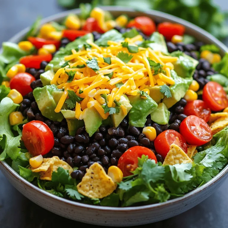 Für einen knackigen Fiesta Taco Salad brauche ich frische und gesunde Zutaten. Hier sind die Hauptzutaten: - 1 Dose schwarze Bohnen, abgespült und abgetropft - 1 Tasse Süßmais, gefroren oder aus der Dose - 1 rote Paprika, gewürfelt - 1 gelbe Paprika, gewürfelt - 1 Tasse Cherrytomaten, halbiert - 1 Avocado, gewürfelt - 1 Kopf Römersalat, grob gehackt - 1 Tasse geriebener Cheddar-Käse - 1 Tasse Tortilla-Chips, zerbröselt - 1/4 Tasse frischer Koriander, gehackt Diese Zutaten sind nicht nur bunt, sie bringen auch viele Aromen. Die schwarzen Bohnen fügen Eiweiß hinzu, und die Paprika bringt Vitamine. Manchmal möchte ich den Salat aufpeppen oder variieren. Hier sind einige zusätzliche Zutaten, die ich gerne hinzufüge: - Gegrilltes Hähnchen oder Rindfleisch für mehr Protein - Jalapeños für einen scharfen Kick - Mais Tortillas für eine andere Textur - Oliven oder Avocado für einen reichhaltigen Geschmack Diese Optionen machen den Salat noch interessanter und leckerer. Die Zutaten bieten viele Nährstoffe, die gut für unseren Körper sind. Hier sind einige Facts: - Schwarze Bohnen sind reich an Eiweiß und Ballaststoffen. - Paprika enthält Vitamin C, das unser Immunsystem stärkt. - Avocados liefern gesunde Fette, die gut für das Herz sind. - Römersalat ist kalorienarm, aber voller Vitamine. Diese Nährstoffe helfen, uns gesund und fit zu halten. Wenn du mehr über die Zubereitung erfahren möchtest, schau dir das [Full Recipe] an. Um den Fiesta Taco Salad zuzubereiten, beginne mit den frischen Zutaten. Nimm eine große Schüssel und gib die folgenden Zutaten hinein: - 1 Dose schwarze Bohnen, abgespült und abgetropft - 1 Tasse Süßmais, gefroren oder aus der Dose - 1 rote Paprika, gewürfelt - 1 gelbe Paprika, gewürfelt - 1 Tasse Cherrytomaten, halbiert - 1 Avocado, gewürfelt - 1 Kopf Römersalat, grob gehackt Du kannst alles gut vermengen. Achte darauf, die Bohnen sanft zu behandeln, damit sie nicht zerdrückt werden. Für das Dressing nimm eine kleine Schüssel. Gib dort den Saft von 2 Limetten, 1 Esslöffel Olivenöl, 1 Teelöffel Kreuzkümmel, 1 Teelöffel Chilipulver, sowie Salz und Pfeffer nach Geschmack hinein. Rühre alles gut um, bis es gut vermischt ist. Dieses Dressing wird dem Salat einen tollen Geschmack verleihen. Gieße das Dressing gleichmäßig über die Salatmischung. Vermenge alles vorsichtig, bis die Zutaten gut bedeckt sind. Um den Salat noch besser zu machen, füge 1 Tasse geriebenen Cheddar-Käse und 1 Tasse zerbröselte Tortilla-Chips hinzu. Diese sorgen für einen knusprigen Biss. Zum Schluss streue 1/4 Tasse frischen Koriander darüber. Serviere den Salat sofort in Schüsseln oder auf einer großen Platte. So können alle teilen und genießen. Du findest die vollständige Anleitung unter dem Begriff Full Recipe. Wähle frische Zutaten, um den besten Geschmack herauszuholen. Verwende reife Avocados, saftige Tomaten und knackigen Salat. Achte darauf, die Bohnen gut abzuspülen. Dies hilft, die Textur zu verbessern und den Salat leichter zu machen. Füge frische Limetten hinzu. Ihr Saft bringt einen tollen, spritzigen Geschmack. Experimentiere mit Gewürzen. Versuche mehr Kreuzkümmel oder Chili, um es schärfer zu machen. Serviere den Salat in großen Schüsseln oder auf einer Platte. Das sieht schön aus und lädt zum Teilen ein. Achte darauf, die Tortilla-Chips erst kurz vor dem Servieren hinzuzufügen. So bleiben sie knusprig. Streue den Koriander großzügig darüber. Das macht den Salat noch bunter. Du kannst auch einen zusätzlichen Limettensaft am Tisch bereitstellen. Viele lieben es, mehr Saft hinzuzufügen. Ein häufiger Fehler ist, den Salat zu früh zusammenzustellen. Er wird matschig, wenn er zu lange steht. Mische die Zutaten erst kurz vor dem Servieren. Achte darauf, die Bohnen und den Mais gut abzutropfen. Zu viel Flüssigkeit macht den Salat schwer. Ein weiterer Fehler ist, den Salat nicht zu würzen. Probiere das Dressing, bevor du es hinzufügst. So stellst du sicher, dass der Geschmack genau richtig ist. {{image_4}} Wenn du eine vegane oder glutenfreie Variante suchst, ist das einfach. Lass den Käse weg und wähle glutenfreie Tortilla-Chips. Du kannst auch Nüsse oder Samen hinzufügen. Sonnenblumenkerne sind lecker und knusprig. Für den Geschmack kannst du zusätzlich Avocado oder Guacamole verwenden. Diese Zutaten machen den Salat lecker und nahrhaft. Du kannst viele andere Zutaten hinzufügen, um den Salat zu variieren. Probiere schwarze Oliven oder Jalapeños für mehr Geschmack. Auch Zucchini oder Gurken passen gut. Diese Zutaten bringen eine frische Note. Ein bisschen Limettensaft kann die Aromen auffrischen. Weitere Bohnen wie Pintobohnen sind ebenfalls eine gute Wahl. Sie fügen mehr Protein hinzu und machen den Salat sättigender. Die richtigen Toppings bringen deinen Salat zum Strahlen. Füge frische Salsa oder Pico de Gallo für zusätzlichen Geschmack hinzu. Ein Esslöffel Joghurt oder pflanzlicher Sauerrahm kann auch toll sein. Das gibt dem Gericht eine cremige Note. Du kannst auch frische Kräuter wie Petersilie oder Schnittlauch verwenden. Diese geben dem Salat mehr Farbe und Aroma. Denk daran, beim Anrichten kreativ zu sein! Um den Fiesta Taco Salad frisch zu halten, lagere ihn in einem luftdichten Behälter. Du kannst den Salat auch in einer großen Schüssel abdecken. Achte darauf, die Tortilla-Chips getrennt zu lagern. So bleiben sie knusprig. Im Kühlschrank bleibt der Salat etwa 2 bis 3 Tage frisch. Nach dieser Zeit kann die Frische nachlassen. Die Avocado und die Tomaten werden schnell weich. Deshalb ist es besser, den Salat frisch zu servieren. Um den Salat aufzufrischen, füge etwas frisches Dressing hinzu. Das gibt dem Salat neuen Geschmack. Du kannst auch frisches Gemüse wie Paprika oder Avocado hinzufügen. Das macht den Salat appetitlicher und knackiger. Um einen scharfen Fiesta Taco Salad zu machen, füge einfach mehr Chilipulver hinzu. Du kannst auch Jalapeños oder frische Chilis verwenden. Diese Zutaten bringen mehr Hitze in den Salat. Achte darauf, die anderen Zutaten gut zu mischen, damit die Schärfe gleichmäßig verteilt ist. Ein scharfer Salat kann sehr lecker sein und deine Geschmacksknospen erfreuen. Experimentiere mit der Menge, bis es dir passt. Ja, du kannst den Salat im Voraus zubereiten. Bereite die Zutaten vor und lagere sie getrennt. So bleiben sie frisch und knackig. Mische das Dressing erst kurz vor dem Servieren. Das verhindert, dass der Salat matschig wird. Du kannst die Zutaten bis zu zwei Tage vorher vorbereiten. Das macht die Zubereitung einfacher und schneller, wenn Gäste kommen. Fiesta Taco Salad passt toll zu vielen Beilagen. Hier sind einige Ideen: - Guacamole für einen cremigen Geschmack - Salsa für zusätzliche Würze - Gegrilltes Hähnchen oder Rindfleisch für mehr Protein - Reis oder Quinoa für eine sättigende Beilage - Tortillas oder Nachos für extra Knusprigkeit Diese Beilagen ergänzen den Salat gut und machen das Essen noch abwechslungsreicher. Du kannst deiner Kreativität freien Lauf lassen und verschiedene Kombinationen ausprobieren! Der Fiesta Taco Salad ist einfach und lecker. Wir haben die wichtigsten Zutaten, die Zubereitung und Variationen betrachtet. Du kannst viele Geschmäcker anpassen, indem du zusätzliche Zutaten hinzufügst. Außerdem habe ich erklärt, wie du Fehler vermeidest und den Salat perfekt servierst. Vergiss nicht, die Aufbewahrungstipps zu nutzen. So bleibt dein Salat frisch. Denke daran, die vielen Optionen zu erkunden. Jeder kann seinen eigenen, tollen Fiesta Taco Salad kreieren. Viel Spaß beim Kochen und Entdecken!