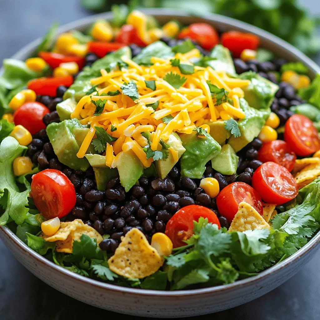 Für einen knackigen Fiesta Taco Salad brauche ich frische und gesunde Zutaten. Hier sind die Hauptzutaten: - 1 Dose schwarze Bohnen, abgespült und abgetropft - 1 Tasse Süßmais, gefroren oder aus der Dose - 1 rote Paprika, gewürfelt - 1 gelbe Paprika, gewürfelt - 1 Tasse Cherrytomaten, halbiert - 1 Avocado, gewürfelt - 1 Kopf Römersalat, grob gehackt - 1 Tasse geriebener Cheddar-Käse - 1 Tasse Tortilla-Chips, zerbröselt - 1/4 Tasse frischer Koriander, gehackt Diese Zutaten sind nicht nur bunt, sie bringen auch viele Aromen. Die schwarzen Bohnen fügen Eiweiß hinzu, und die Paprika bringt Vitamine. Manchmal möchte ich den Salat aufpeppen oder variieren. Hier sind einige zusätzliche Zutaten, die ich gerne hinzufüge: - Gegrilltes Hähnchen oder Rindfleisch für mehr Protein - Jalapeños für einen scharfen Kick - Mais Tortillas für eine andere Textur - Oliven oder Avocado für einen reichhaltigen Geschmack Diese Optionen machen den Salat noch interessanter und leckerer. Die Zutaten bieten viele Nährstoffe, die gut für unseren Körper sind. Hier sind einige Facts: - Schwarze Bohnen sind reich an Eiweiß und Ballaststoffen. - Paprika enthält Vitamin C, das unser Immunsystem stärkt. - Avocados liefern gesunde Fette, die gut für das Herz sind. - Römersalat ist kalorienarm, aber voller Vitamine. Diese Nährstoffe helfen, uns gesund und fit zu halten. Wenn du mehr über die Zubereitung erfahren möchtest, schau dir das [Full Recipe] an. Um den Fiesta Taco Salad zuzubereiten, beginne mit den frischen Zutaten. Nimm eine große Schüssel und gib die folgenden Zutaten hinein: - 1 Dose schwarze Bohnen, abgespült und abgetropft - 1 Tasse Süßmais, gefroren oder aus der Dose - 1 rote Paprika, gewürfelt - 1 gelbe Paprika, gewürfelt - 1 Tasse Cherrytomaten, halbiert - 1 Avocado, gewürfelt - 1 Kopf Römersalat, grob gehackt Du kannst alles gut vermengen. Achte darauf, die Bohnen sanft zu behandeln, damit sie nicht zerdrückt werden. Für das Dressing nimm eine kleine Schüssel. Gib dort den Saft von 2 Limetten, 1 Esslöffel Olivenöl, 1 Teelöffel Kreuzkümmel, 1 Teelöffel Chilipulver, sowie Salz und Pfeffer nach Geschmack hinein. Rühre alles gut um, bis es gut vermischt ist. Dieses Dressing wird dem Salat einen tollen Geschmack verleihen. Gieße das Dressing gleichmäßig über die Salatmischung. Vermenge alles vorsichtig, bis die Zutaten gut bedeckt sind. Um den Salat noch besser zu machen, füge 1 Tasse geriebenen Cheddar-Käse und 1 Tasse zerbröselte Tortilla-Chips hinzu. Diese sorgen für einen knusprigen Biss. Zum Schluss streue 1/4 Tasse frischen Koriander darüber. Serviere den Salat sofort in Schüsseln oder auf einer großen Platte. So können alle teilen und genießen. Du findest die vollständige Anleitung unter dem Begriff Full Recipe. Wähle frische Zutaten, um den besten Geschmack herauszuholen. Verwende reife Avocados, saftige Tomaten und knackigen Salat. Achte darauf, die Bohnen gut abzuspülen. Dies hilft, die Textur zu verbessern und den Salat leichter zu machen. Füge frische Limetten hinzu. Ihr Saft bringt einen tollen, spritzigen Geschmack. Experimentiere mit Gewürzen. Versuche mehr Kreuzkümmel oder Chili, um es schärfer zu machen. Serviere den Salat in großen Schüsseln oder auf einer Platte. Das sieht schön aus und lädt zum Teilen ein. Achte darauf, die Tortilla-Chips erst kurz vor dem Servieren hinzuzufügen. So bleiben sie knusprig. Streue den Koriander großzügig darüber. Das macht den Salat noch bunter. Du kannst auch einen zusätzlichen Limettensaft am Tisch bereitstellen. Viele lieben es, mehr Saft hinzuzufügen. Ein häufiger Fehler ist, den Salat zu früh zusammenzustellen. Er wird matschig, wenn er zu lange steht. Mische die Zutaten erst kurz vor dem Servieren. Achte darauf, die Bohnen und den Mais gut abzutropfen. Zu viel Flüssigkeit macht den Salat schwer. Ein weiterer Fehler ist, den Salat nicht zu würzen. Probiere das Dressing, bevor du es hinzufügst. So stellst du sicher, dass der Geschmack genau richtig ist. {{image_4}} Wenn du eine vegane oder glutenfreie Variante suchst, ist das einfach. Lass den Käse weg und wähle glutenfreie Tortilla-Chips. Du kannst auch Nüsse oder Samen hinzufügen. Sonnenblumenkerne sind lecker und knusprig. Für den Geschmack kannst du zusätzlich Avocado oder Guacamole verwenden. Diese Zutaten machen den Salat lecker und nahrhaft. Du kannst viele andere Zutaten hinzufügen, um den Salat zu variieren. Probiere schwarze Oliven oder Jalapeños für mehr Geschmack. Auch Zucchini oder Gurken passen gut. Diese Zutaten bringen eine frische Note. Ein bisschen Limettensaft kann die Aromen auffrischen. Weitere Bohnen wie Pintobohnen sind ebenfalls eine gute Wahl. Sie fügen mehr Protein hinzu und machen den Salat sättigender. Die richtigen Toppings bringen deinen Salat zum Strahlen. Füge frische Salsa oder Pico de Gallo für zusätzlichen Geschmack hinzu. Ein Esslöffel Joghurt oder pflanzlicher Sauerrahm kann auch toll sein. Das gibt dem Gericht eine cremige Note. Du kannst auch frische Kräuter wie Petersilie oder Schnittlauch verwenden. Diese geben dem Salat mehr Farbe und Aroma. Denk daran, beim Anrichten kreativ zu sein! Um den Fiesta Taco Salad frisch zu halten, lagere ihn in einem luftdichten Behälter. Du kannst den Salat auch in einer großen Schüssel abdecken. Achte darauf, die Tortilla-Chips getrennt zu lagern. So bleiben sie knusprig. Im Kühlschrank bleibt der Salat etwa 2 bis 3 Tage frisch. Nach dieser Zeit kann die Frische nachlassen. Die Avocado und die Tomaten werden schnell weich. Deshalb ist es besser, den Salat frisch zu servieren. Um den Salat aufzufrischen, füge etwas frisches Dressing hinzu. Das gibt dem Salat neuen Geschmack. Du kannst auch frisches Gemüse wie Paprika oder Avocado hinzufügen. Das macht den Salat appetitlicher und knackiger. Um einen scharfen Fiesta Taco Salad zu machen, füge einfach mehr Chilipulver hinzu. Du kannst auch Jalapeños oder frische Chilis verwenden. Diese Zutaten bringen mehr Hitze in den Salat. Achte darauf, die anderen Zutaten gut zu mischen, damit die Schärfe gleichmäßig verteilt ist. Ein scharfer Salat kann sehr lecker sein und deine Geschmacksknospen erfreuen. Experimentiere mit der Menge, bis es dir passt. Ja, du kannst den Salat im Voraus zubereiten. Bereite die Zutaten vor und lagere sie getrennt. So bleiben sie frisch und knackig. Mische das Dressing erst kurz vor dem Servieren. Das verhindert, dass der Salat matschig wird. Du kannst die Zutaten bis zu zwei Tage vorher vorbereiten. Das macht die Zubereitung einfacher und schneller, wenn Gäste kommen. Fiesta Taco Salad passt toll zu vielen Beilagen. Hier sind einige Ideen: - Guacamole für einen cremigen Geschmack - Salsa für zusätzliche Würze - Gegrilltes Hähnchen oder Rindfleisch für mehr Protein - Reis oder Quinoa für eine sättigende Beilage - Tortillas oder Nachos für extra Knusprigkeit Diese Beilagen ergänzen den Salat gut und machen das Essen noch abwechslungsreicher. Du kannst deiner Kreativität freien Lauf lassen und verschiedene Kombinationen ausprobieren! Der Fiesta Taco Salad ist einfach und lecker. Wir haben die wichtigsten Zutaten, die Zubereitung und Variationen betrachtet. Du kannst viele Geschmäcker anpassen, indem du zusätzliche Zutaten hinzufügst. Außerdem habe ich erklärt, wie du Fehler vermeidest und den Salat perfekt servierst. Vergiss nicht, die Aufbewahrungstipps zu nutzen. So bleibt dein Salat frisch. Denke daran, die vielen Optionen zu erkunden. Jeder kann seinen eigenen, tollen Fiesta Taco Salad kreieren. Viel Spaß beim Kochen und Entdecken!