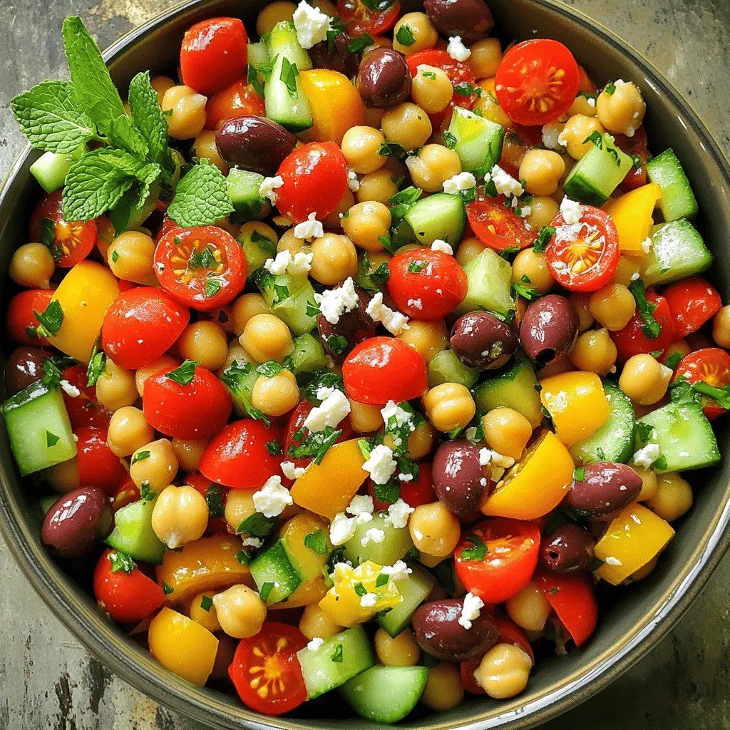 Für diesen einfachen und frischen Kichererbsensalat brauchst du einige Hauptzutaten. Du benötigst: - 1 Dose (425 g) Kichererbsen, abgetropft und abgespült - 1 Tasse Cherry-Tomaten, halbiert - 1 Gurke, gewürfelt - 1 Paprika (rot oder gelb), gewürfelt - ½ rote Zwiebel, fein gehackt - ¼ Tasse Kalamata-Oliven, entsteint und in Scheiben geschnitten - ½ Tasse Feta-Käse, zerkrümelt - 2 Esslöffel frische Petersilie, gehackt - 2 Esslöffel frische Minze, gehackt Diese Zutaten geben dir einen bunten und gesunden Salat. Kichererbsen sind voll von Protein und Ballaststoffen. Sie machen den Salat nahrhaft und sättigend. Um dem Salat den letzten Schliff zu geben, brauchst du ein einfaches Dressing. Du wirst benötigen: - 3 Esslöffel Olivenöl - 2 Esslöffel Zitronensaft - Salz und Pfeffer nach Geschmack Das Olivenöl gibt dem Salat einen tollen Geschmack. Der Zitronensaft fügt Frische hinzu. Ich empfehle, das Dressing in einer kleinen Schüssel zu vermischen. So kannst du sicherstellen, dass alles gut vermengt ist. Du kannst den Salat nach Belieben aufpeppen. Hier sind ein paar Ideen für optionales Topping: - Geröstete Sonnenblumenkerne für einen knackigen Biss - Avocadoscheiben für mehr Cremigkeit - Ein Spritzer Balsamico-Essig für zusätzliche Tiefe Diese Optionen machen deinen Kichererbsensalat noch interessanter. Du kannst kreativ werden und deine eigenen Lieblingszutaten hinzufügen. Wenn du mehr erfahren möchtest, schau dir das [Full Recipe] an. Zuerst waschen Sie alle frischen Zutaten gut. Nehmen Sie eine große Schüssel. Geben Sie die Kichererbsen hinein. Diese sollten gut abgetropft und abgespült sein. Halten Sie dann die Cherry-Tomaten bereit. Schneiden Sie sie in der Mitte durch. Nehmen Sie die Gurke und würfeln Sie sie klein. Ebenso schneiden Sie die Paprika und die rote Zwiebel. Die Oliven können Sie in Scheiben schneiden. Der Feta-Käse muss zerkrümelt werden. Bereiten Sie auch die frischen Kräuter vor, indem Sie diese hacken. In der großen Schüssel vermengen Sie jetzt alle vorbereiteten Zutaten. Beginnen Sie mit den Kichererbsen, Tomaten, Gurke, Paprika und Zwiebel. Fügen Sie die Oliven und den Feta hinzu. Mischen Sie alles gut durch. In einer kleinen Schüssel mischen Sie das Olivenöl und den Zitronensaft. Würzen Sie diese Mischung mit Salz und Pfeffer. Gießen Sie das Dressing über den Salat und rühren Sie vorsichtig um. Fügen Sie die gehackte Petersilie und Minze hinzu. Probieren Sie den Salat und passen Sie die Würze an. Decken Sie den Salat ab und lassen Sie ihn für 30 Minuten kühl stehen. Um den Geschmack zu verbessern, lassen Sie den Salat ruhen. Die Aromen ziehen so besser ein. Verwenden Sie frische Zutaten für den besten Geschmack. Feta-Käse bringt eine schöne Salzigkeit. Oliven fügen einen herzhaften Biss hinzu. Kräuter wie Petersilie und Minze bringen Frische. Spielen Sie mit den Zutaten! Fügen Sie zusätzliche Gemüse oder Nüsse hinzu. Jede Kombination kann den Salat neu erfinden. Probieren Sie auch verschiedene Dressings aus. So bleibt es spannend und lecker. Um die Aromen in deinem Kichererbsensalat zu intensivieren, lasse ihn vor dem Servieren einweichen. Kühl ihn für mindestens 30 Minuten im Kühlschrank. So verbinden sich die Geschmäcker gut. Nutze frische Kräuter, wie Petersilie und Minze. Ihre Aromen bringen Frische und Lebendigkeit. Ein häufiger Fehler ist, die Kichererbsen nicht gut abzuspülen. Das kann den Geschmack beeinträchtigen. Achte darauf, die Oliven und den Feta nicht zu übertreiben. Zu viel kann den Salat zu salzig machen. Probiere außerdem den Salat vor dem Servieren. So kannst du die Würze anpassen. Für die beste Konsistenz ist es wichtig, alle Zutaten gleichmäßig zu schneiden. So vermengen sie sich gut. Verwende frisches Gemüse, um Crunch zu gewährleisten. Wenn du den Salat länger stehen lässt, kann er weicher werden. Füge daher das Dressing erst kurz vor dem Servieren hinzu. Das bewahrt die Frische. Für das gesamte Rezept, siehe den [Full Recipe]. {{image_4}} Für mehr Geschmack können Sie den Salat mit weiteren Zutaten anpassen. Zum Beispiel füge ich oft Avocado hinzu. Sie macht den Salat cremiger und nährstoffreicher. Auch gegrillte Zucchini oder Artischocken passen gut. Diese Zutaten bringen neue Texturen und Aromen. Sie können auch geröstete Nüsse wie Mandeln oder Pinienkerne hinzufügen. Diese geben einen tollen Crunch und gesunde Fette. Wenn Sie eine vegane Version möchten, lassen Sie den Feta einfach weg. Stattdessen können Sie Cashew-Creme verwenden. Diese macht den Salat genauso cremig. Sie können auch etwas mehr Olivenöl und Zitronensaft hinzufügen. Das bringt Frische und Geschmack. Für einen extra Kick füge etwas Chili oder Paprika hinzu. Diese geben dem Salat einen schönen Schärfegrad. Manchmal möchte ich den Salat anders würzen. Für einen asiatischen Touch kann ich etwas Sojasauce und Ingwer hinzufügen. Das gibt dem Kichererbsensalat eine neue Note. Wer es süßer mag, kann getrocknete Cranberries oder Granatapfelkerne einfügen. Diese bringen eine süße Note und machen den Salat bunt. Probieren Sie, was Ihnen gefällt! Für die genaue Zubereitung schauen Sie sich das [Full Recipe] an. Um den mediterranen Kichererbsensalat richtig aufzubewahren, nutze einen luftdichten Behälter. Das hält den Salat frisch und schützt ihn vor anderen Aromen im Kühlschrank. Du kannst den Salat auch in Portionen aufteilen. So ist es einfach, ihn schnell zu genießen. Der Salat bleibt im Kühlschrank etwa drei bis fünf Tage frisch. Nach dieser Zeit kann die Textur der Zutaten nachlassen. Die Kichererbsen und das Gemüse werden weicher. Das macht den Salat weniger appetitlich. Wenn du ihn länger aufbewahren möchtest, friere ihn nicht ein. Das Gemüse verliert seine Frische und Knackigkeit. Du kannst den Salat nicht wirklich aufwärmen. Stattdessen kannst du frische Zutaten hinzufügen. Ein Spritzer Zitronensaft bringt den Geschmack zurück. Auch etwas frische Petersilie oder Minze kann helfen. Wenn der Salat trocken aussieht, füge ein wenig Olivenöl hinzu. Das macht ihn wieder saftig und lecker. Für die [Full Recipe] schaue dir die vollständige Anleitung an. Wenn du keinen Feta magst, gibt es viele Alternativen. Du kannst Ziegenkäse statt Feta nutzen. Ziegenkäse hat einen ähnlichen Geschmack, ist aber milder. Eine andere Option ist Hüttenkäse. Er ist leicht und hat eine cremige Textur. Für eine vegane Variante kannst du auch Cashewkäse verwenden. Dieser ist nussig und lecker. Du kannst den Salat bis zu zwei Tage im Voraus zubereiten. Das gibt den Aromen Zeit, sich zu vermischen. Stelle sicher, dass du das Dressing separat aufbewahrst. So bleibt der Salat frisch und knackig. Mische das Dressing erst kurz vor dem Servieren unter den Salat. Dieser Salat ist sehr gesund. Kichererbsen sind reich an Ballaststoffen und Eiweiß. Sie sorgen für ein gutes Sättigungsgefühl. Frisches Gemüse wie Paprika und Gurke liefert viele Vitamine. Das Olivenöl gibt gesunde Fette. Insgesamt ist der Salat kalorienarm, solange du die Portionen im Blick behältst. Der mediterrane Kichererbsensalat bietet viel Geschmack und gute Nährstoffe. Wir haben die Hauptzutaten, Gewürze und mögliche Toppings besprochen. Die Schritt-für-Schritt-Anleitung hilft dir, den Salat einfach zuzubereiten. Mit Tipps und Tricks kannst du Aromen intensivieren und Fehler vermeiden. Du kannst den Salat auch variieren und anpassen. Schließlich haben wir Lagerinformation und häufige Fragen beantwortet. Probier diesen Salat aus und genieße den frischen Geschmack!
