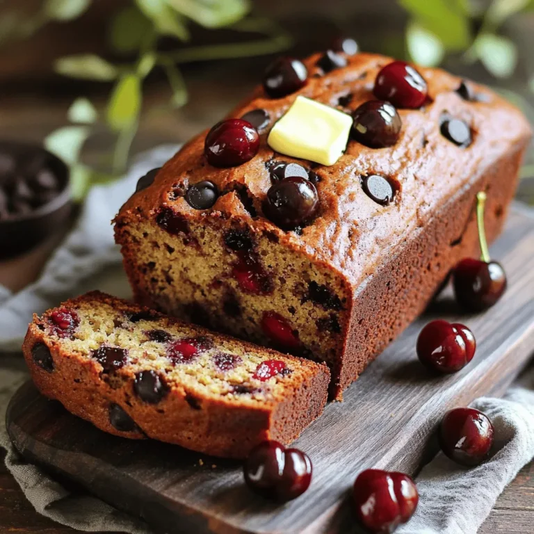 Für dein Kirschen-Schokoladenstückchen-Bananenbrot brauchst du: - 3 reife Bananen, gründlich zerdrückt - 1 Tasse Kirschen, entsteint und halbiert - 1/2 Tasse dunkle Schokoladenstückchen - 1/2 Tasse granulierter Zucker - 1/4 Tasse brauner Zucker - 1/3 Tasse ungesalzene Butter, geschmolzen - 2 große Eier - 1 Teelöffel Vanilleextrakt - 1 Teelöffel Backnatron - 1/2 Teelöffel Backpulver - 1/4 Teelöffel Salz - 1 1/2 Tassen Allzweckmehl Diese Zutaten ergeben ein saftiges und leckeres Brot. Du kannst auch Nüsse hinzufügen. Walnüsse oder Pekannüsse passen sehr gut. Eine halbe Tasse ist ideal. Sie geben dem Brot einen schönen Crunch und mehr Geschmack. Wähle reife Bananen. Sie sollten braune Flecken haben. So wird das Brot süßer und saftiger. Achte auf frische Kirschen. Sie sollten fest und saftig sein. Dunkle Schokoladenstückchen geben den besten Geschmack. Verwende ungesalzene Butter für die richtige Balance. Frische Zutaten machen dein Brot besonders lecker. Für das beste Ergebnis benutze die Zutaten aus dem [Full Recipe]. Zuerst heizen wir den Ofen auf 175°C vor. Während der Ofen aufheizt, nehmen wir eine 9x5 Zoll Kastenform. Fetten Sie die Form mit Butter oder einem Antihaft-Spray ein. So verhindern wir, dass das Brot kleben bleibt. Eine gut gefettete Form hilft, die perfekte Kruste zu erzielen. Jetzt geht's an den Teig. In einer großen Rührschüssel zerdrücken Sie drei reife Bananen gründlich. Fügen Sie dann die geschmolzene Butter, den granulierten Zucker und den braunen Zucker hinzu. Rühren Sie alles gut um, bis es vermischt ist. Danach kommen die zwei Eier und der Vanilleextrakt dazu. Verquirlen Sie die Mischung, bis sie schön glatt ist. Streuen Sie das Backnatron, das Backpulver und das Salz darüber. Rühren Sie nur so lange, bis alles gerade vermischt ist. Jetzt fügen Sie die 1 1/2 Tassen Allzweckmehl schrittweise hinzu. Seien Sie vorsichtig, damit der Teig leicht klumpig bleibt. Heben Sie dann die Kirschen, die Schokoladenstückchen und die optionalen Nüsse vorsichtig unter. So verteilen sich die leckeren Zutaten gleichmäßig im Teig. Gießen Sie den Teig in die vorbereitete Kastenform. Glätten Sie die Oberfläche mit einem Spatel. Backen Sie das Brot im Ofen für 55 bis 65 Minuten. Stecken Sie einen Zahnstocher in die Mitte, um zu testen, ob es fertig ist. Wenn er sauber herauskommt, ist das Brot fertig. Nehmen Sie das Brot aus dem Ofen und lassen Sie es etwa 10 Minuten in der Form abkühlen. Danach übertragen Sie das Brot auf ein Kuchengitter, um es vollständig abkühlen zu lassen. So bleibt es schön saftig. Für das vollständige Rezept, schauen Sie sich die Full Recipe an. Um Ihr Bananenbrot echt gut zu machen, nutzen Sie reife Bananen. Diese sind süßer und sorgen für eine bessere Textur. Drücken Sie die Bananen gut, bis sie fast wie ein Püree sind. Mischen Sie die Zutaten nicht zu lange. Ein klumpiger Teig macht das Brot fluffig. Fügen Sie die Kirschen und Schokoladenstückchen zuletzt hinzu. So bleiben sie ganz und geben dem Brot einen schönen Biss. Ein häufiger Fehler ist, den Teig zu lange zu rühren. Das macht das Brot hart. Achten Sie auch darauf, die richtigen Backzeiten zu nutzen. Jeder Ofen ist anders. Prüfen Sie das Brot nach 55 Minuten mit einem Zahnstocher. Wenn er sauber herauskommt, ist das Brot fertig. Lassen Sie das Brot nicht zu lange im Ofen, sonst wird es trocken. Sie können viele Anpassungen vornehmen. Fügen Sie zum Beispiel Nüsse hinzu, wenn Sie mögen. Walnüsse oder Pekannüsse passen gut. Möchten Sie es glutenfrei? Nutzen Sie einfach glutenfreies Mehl. Auch andere Früchte sind möglich. Probieren Sie Himbeeren oder Erdbeeren. Diese Variationen machen Ihr Bananenbrot spannend und lecker. Für das gesamte Rezept schauen Sie sich das [Full Recipe] an. {{image_4}} Für eine glutenfreie Version können Sie eine Mischung aus glutenfreiem Mehl verwenden. Achten Sie darauf, dass das Mehl die richtige Konsistenz hat. Viele Marken bieten spezielle glutenfreie Mehle an, die gut funktionieren. Diese Mischungen enthalten oft eine Kombination aus Reis-, Mais- und Kartoffelmehl. Das sorgt für den richtigen Geschmack und die Textur. Wenn Sie eine vegane Version möchten, können Sie die Eier einfach durch Apfelmus oder Leinsamen ersetzen. Verwenden Sie 1/4 Tasse Apfelmus oder 1 Esslöffel Leinsamen, gemischt mit 2,5 Esslöffeln Wasser. Auch die Butter können Sie durch Kokosöl oder vegane Margarine ersetzen. Diese Zutaten sorgen dafür, dass das Brot schön feucht bleibt. Sie können auch mit verschiedenen Früchten experimentieren. Erdbeeren, Himbeeren oder sogar Äpfel passen gut. Diese Früchte verleihen dem Brot einen anderen Geschmack. Wenn Sie andere Schokoladensorten probieren möchten, verwenden Sie weiße oder Milchschokolade. Diese Varianten bringen neue, leckere Aromen in Ihr Bananenbrot. Für das komplette Rezept schauen Sie sich bitte das Rezept für Kirschen-Schokoladenstückchen-Bananenbrot an. Um dein Cherry Chocolate Chip Banana Bread frisch zu halten, lagere es in einem luftdichten Behälter. Stelle sicher, dass der Behälter gut verschlossen ist. So bleibt das Brot weich und feucht. Vermeide es, das Brot im Kühlschrank zu lagern, da dies die Textur verändern kann. Bei Raumtemperatur hält es sich gut für etwa 3 bis 4 Tage. Das Einfrieren ist eine tolle Option, wenn du das Brot länger aufbewahren möchtest. Lass das Bananenbrot zuerst vollständig auskühlen. Wickele es dann fest in Frischhaltefolie und lege es in einen Gefrierbeutel. So bleibt es etwa 2 bis 3 Monate frisch. Beschrifte den Beutel mit dem Datum, um den Überblick zu behalten. Um das gefrorene Bananenbrot aufzutauen, lege es einfach über Nacht in den Kühlschrank. Du kannst es auch bei Raumtemperatur auftauen lassen. Wenn du es aufwärmen möchtest, schneide ein Stück ab und lege es in die Mikrowelle für 10 bis 15 Sekunden. Alternativ kannst du es im Ofen bei 175°C für 5–10 Minuten erwärmen. So schmeckt es fast wie frisch gebacken. Kirschen-Schokoladenstückchen-Bananenbrot bleibt frisch für etwa 3 bis 5 Tage. Lagern Sie es in einem luftdichten Behälter. So bleibt es saftig und lecker. Sie können das Brot auch im Kühlschrank aufbewahren, um die Haltbarkeit zu verlängern. So bleibt es bis zu einer Woche gut. Ja, Sie können den Zucker leicht anpassen. Reduzieren Sie den Zucker um ein Viertel oder die Hälfte. Verwenden Sie auch reifere Bananen. Diese sind süßer und benötigen weniger Zucker. Experimentieren Sie mit Honig oder Ahornsirup. Diese Optionen geben auch einen tollen Geschmack. Das Bananenbrot schmeckt großartig mit Butter oder Frischkäse. Sie können auch etwas Marmelade oder Honig darauf geben. Für einen besonderen Touch fügen Sie frische Kirschen oder Schokoladensauce hinzu. Eine Tasse Kaffee oder Tee passt ebenfalls gut dazu. Um Kirschen-Schokoladenstückchen-Bananenbrot zu backen, sind die richtigen Zutaten entscheidend. Ich habe die Haupt- und optionalen Zutaten sowie Tipps zur Auswahl beschrieben. Die Schritt-für-Schritt-Anleitung macht die Zubereitung einfach. Mit meinen Tipps und Tricks wird Ihr Bananenbrot perfekt. Denken Sie auch an Variationen wie glutenfreie oder vegane Optionen. Richtig gelagert bleibt Ihr Brot frisch und lecker. Genießen Sie die ganze Vielfalt, die dieses Rezept bietet. Experimentieren Sie und finden Sie Ihren Lieblingsgeschmack!