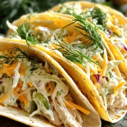 Um Pickle Ranch Chicken Tacos zuzubereiten, benötigst du folgende Zutaten: - 450 g Hähnchenbrustfilets, ohne Haut und Knochen - 120 ml Dill-Gewürzgurkenwasser - 1 Paket Ranch-Gewürzmischung - 1 Esslöffel Olivenöl - 120 g scharfer Cheddar-Käse, gerieben - 240 g Coleslaw-Mischung - 60 ml Mayonnaise - 1 Esslöffel Apfelessig - 8 kleine Maistortillas - Frischer Dill zur Dekoration - Salz und Pfeffer nach Geschmack Die Qualität der Zutaten macht einen großen Unterschied. Ich empfehle, frische Hähnchenbrust zu verwenden. Achte darauf, dass das Fleisch rosa und fest ist. Das Dill-Gewürzgurkenwasser bringt den einzigartigen Geschmack. Wähle eine gute Ranch-Gewürzmischung. Sie sollte frisch sein und gut riechen. Der Käse muss scharf und frisch gerieben sein. Frischer Dill ist der perfekte Abschluss für die Tacos. Du kannst einige Zutaten anpassen, um deine Tacos persönlicher zu gestalten. Probiere zum Beispiel, das Hähnchen mit anderen Gewürzen zu marinieren. Paprika oder Knoblauchpulver passen gut. Für eine vegetarische Option kannst du das Hähnchen durch gebratene Zucchini oder Tofu ersetzen. Die Maistortillas kannst du auch durch Weizentortillas ersetzen, wenn du es magst. Experimentiere mit verschiedenen Käsesorten, wie Gouda oder Mozzarella. So machst du deine Tacos einzigartig. Um das Hähnchen zu marinieren, nehme ich eine große Schüssel. Ich vermische die Hähnchenbrustfilets mit dem Dill-Gewürzgurkenwasser. Das Wasser gibt dem Hähnchen einen tollen Geschmack. Ich lasse das Hähnchen mindestens 30 Minuten bei Raumtemperatur marinieren. Wenn ich mehr Zeit habe, mariniere ich es bis zu 2 Stunden im Kühlschrank. So wird der Geschmack noch besser. Ich erhitze Olivenöl in einer Pfanne bei mittlerer Hitze. Ich nehme das Hähnchen aus dem Gewürzgurkenwasser und entsorge das Wasser. Dann würze ich das Hähnchen mit der Ranch-Gewürzmischung. Ich gebe das Hähnchen in die Pfanne und brate es 6-7 Minuten pro Seite. Es ist wichtig, dass die Innentemperatur mindestens 75°C erreicht. Nach dem Braten lasse ich das Hähnchen 5 Minuten ruhen und zerteile es dann. Für den Coleslaw nehme ich eine Schüssel und kombiniere die Coleslaw-Mischung mit Mayonnaise und Apfelessig. Dann füge ich Salz und Pfeffer hinzu. Ich rühre alles gut um, bis es gut vermischt ist. Die Mischung sollte frisch und knackig schmecken. Ich passe den Geschmack nach meinen Vorlieben an. Ich erwärme die Maistortillas in einer trockenen Pfanne. Jede Tortilla sollte etwa 30 Sekunden auf jeder Seite erwärmt werden. Dann lege ich einige Stücke des zerrissenen Hähnchens auf jede Tortilla. Ich füge großzügig einen Löffel des Coleslaws hinzu und streue den geriebenen Cheddar-Käse darüber. Zum Schluss garniere ich die Tacos mit frischem Dill. Die Tacos sind jetzt bereit, serviert zu werden. Für das vollständige Rezept, siehe [Full Recipe]. Die Marinade ist der Schlüssel für einen tollen Geschmack. Ich empfehle, das Hähnchen mindestens 30 Minuten zu marinieren. So zieht der Geschmack gut ein. Wenn du Zeit hast, lass es zwei Stunden im Kühlschrank stehen. Das macht das Hähnchen noch zarter. Nutze frisches Dill-Gewürzgurkenwasser für einen intensiven Geschmack. Die Innentemperatur ist wichtig. Du solltest das Hähnchen bei 75°C vom Herd nehmen. Wenn du es zu lange brätst, wird es trocken. Lass das Hähnchen nach dem Braten fünf Minuten ruhen. So bleibt der Saft im Fleisch. Das macht jeden Bissen saftig und lecker. Toppings machen die Tacos besonders. Ich liebe frischen Dill und geriebenen Cheddar-Käse. Du kannst auch Avocado für eine cremige Note hinzufügen. Ein Spritzer frischer Limette bringt Frische. Wenn du es scharf magst, füge Jalapeños hinzu. Sei kreativ und passe die Toppings deinem Geschmack an. {{image_4}} Wenn du eine vegetarische Variante der Pickle Ranch Chicken Tacos machen möchtest, dann sind einige tolle Alternativen da. Du kannst zum Beispiel Kichererbsen oder Tofu verwenden. Beides hat eine schöne Textur und nimmt Aromen gut auf. Marinieren kannst du sie im Dill-Gewürzgurkenwasser und mit der Ranch-Gewürzmischung würzen. Dies gibt dem Gericht einen ähnlichen Geschmack wie das Original. Die Saucen können deine Tacos wirklich aufpeppen. Neben der klassischen Ranch-Sauce kannst du auch eine zesty BBQ-Sauce oder eine scharfe Chipotle-Sauce verwenden. Jede Sauce bringt ihren eigenen Charakter mit und passt gut zu den Tacos. Probiere auch Avocado-Dip oder Joghurt-Dressing für eine cremigere Note. Du kannst sogar verschiedene Saucen anbieten, damit jeder nach seinem Geschmack wählen kann. Wenn du keine Maistortillas magst, gibt es viele Alternativen. Weizentortillas sind weich und schmecken gut. Du kannst auch Salatblätter verwenden, um eine leichte und frische Option zu bieten. Diese sind perfekt, wenn du die Kohlenhydrate reduzieren möchtest. Vollkorn- oder glutenfreie Tortillas sind ebenfalls gute Optionen. Jeder kann die Tortillas wählen, die ihm am besten schmecken. Für das vollständige Rezept, sieh dir die [Full Recipe] an. Um die Reste der Pickle Ranch Chicken Tacos frisch zu halten, lege sie in einen luftdichten Behälter. Achte darauf, das Hähnchen und den Coleslaw getrennt von den Tortillas zu lagern. So bleibt die Textur der Tortillas weich und der Coleslaw knusprig. Die beste Methode zur Lagerung ist der Kühlschrank. Stelle sicher, dass der Behälter gut verschlossen ist. Du kannst die Tacos auch einfrieren. Wickele sie fest in Frischhaltefolie und lege sie in einen Gefrierbeutel. So bleibt der Geschmack auch nach dem Einfrieren erhalten. Im Kühlschrank halten die Reste etwa 3 Tage. Wenn du sie einfrierst, sind sie bis zu 3 Monate haltbar. Achte darauf, sie gut zu beschriften, damit du weißt, wann du sie gemacht hast. Beim Auftauen ist es am besten, sie über Nacht im Kühlschrank zu lassen. Um Pickle Ranch Chicken Tacos zu machen, marinieren Sie zuerst das Hähnchen. Vermengen Sie die Hähnchenbrust mit Dill-Gewürzgurkenwasser. Lassen Sie es mindestens 30 Minuten ziehen. Kochen Sie das Hähnchen dann in Olivenöl. Würzen Sie es mit Ranch-Gewürzmischung. Braten Sie es 6-7 Minuten pro Seite. Zerkleinern Sie das Hähnchen nach dem Kochen. Bereiten Sie den Coleslaw mit Mayonnaise und Apfelessig vor. Erwärmen Sie die Maistortillas, füllen Sie sie mit Hähnchen und Coleslaw. Garnieren Sie mit Cheddar-Käse und frischem Dill. So einfach! Ja, das Hähnchen können Sie im Voraus zubereiten. Marinieren Sie es einfach und kochen Sie es. Lassen Sie das Hähnchen abkühlen und bewahren Sie es im Kühlschrank auf. Es bleibt frisch für bis zu drei Tage. Vor dem Servieren einfach aufwärmen. Dies spart Zeit, wenn Sie die Tacos später machen wollen. Zu diesen Tacos passen viele Beilagen gut! Probieren Sie Nachos mit Käse oder frische Guacamole. Ein einfacher Salat mit Tomaten und Gurken ist auch toll. Für etwas Schärfe können Sie Jalapeños hinzufügen. Auch ein kaltes Getränk, wie Limonade, passt gut dazu. Genießen Sie die Tacos mit diesen leckeren Beilagen! In diesem Blogbeitrag haben wir die Zutaten für leckere Tacos besprochen. Wir haben die Wichtigkeit von frischen, hochwertigen Zutaten hervorgehoben. Dazu gab es eine Schritt-für-Schritt-Anleitung, um Hähnchen und Coleslaw perfekt zuzubereiten. Tipps für Marinade und Aufbewahrung tragen zur Qualität bei. Variationen wie vegetarische Optionen erweitern die Auswahl. Schauen Sie sich die FAQs an, um weitere Fragen zu klären. Genießen Sie die Tacos in allen ihren möglichen Varianten!