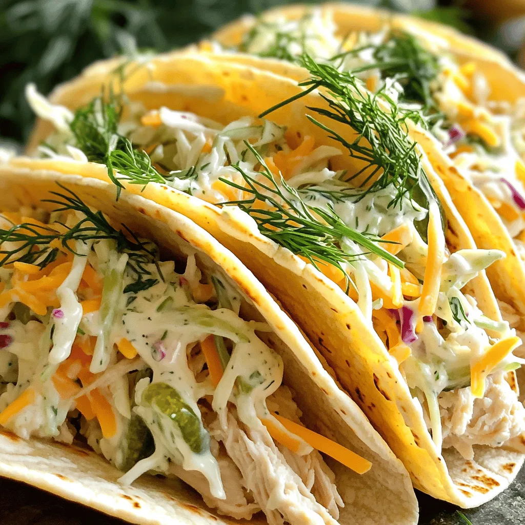 Um Pickle Ranch Chicken Tacos zuzubereiten, benötigst du folgende Zutaten: - 450 g Hähnchenbrustfilets, ohne Haut und Knochen - 120 ml Dill-Gewürzgurkenwasser - 1 Paket Ranch-Gewürzmischung - 1 Esslöffel Olivenöl - 120 g scharfer Cheddar-Käse, gerieben - 240 g Coleslaw-Mischung - 60 ml Mayonnaise - 1 Esslöffel Apfelessig - 8 kleine Maistortillas - Frischer Dill zur Dekoration - Salz und Pfeffer nach Geschmack Die Qualität der Zutaten macht einen großen Unterschied. Ich empfehle, frische Hähnchenbrust zu verwenden. Achte darauf, dass das Fleisch rosa und fest ist. Das Dill-Gewürzgurkenwasser bringt den einzigartigen Geschmack. Wähle eine gute Ranch-Gewürzmischung. Sie sollte frisch sein und gut riechen. Der Käse muss scharf und frisch gerieben sein. Frischer Dill ist der perfekte Abschluss für die Tacos. Du kannst einige Zutaten anpassen, um deine Tacos persönlicher zu gestalten. Probiere zum Beispiel, das Hähnchen mit anderen Gewürzen zu marinieren. Paprika oder Knoblauchpulver passen gut. Für eine vegetarische Option kannst du das Hähnchen durch gebratene Zucchini oder Tofu ersetzen. Die Maistortillas kannst du auch durch Weizentortillas ersetzen, wenn du es magst. Experimentiere mit verschiedenen Käsesorten, wie Gouda oder Mozzarella. So machst du deine Tacos einzigartig. Um das Hähnchen zu marinieren, nehme ich eine große Schüssel. Ich vermische die Hähnchenbrustfilets mit dem Dill-Gewürzgurkenwasser. Das Wasser gibt dem Hähnchen einen tollen Geschmack. Ich lasse das Hähnchen mindestens 30 Minuten bei Raumtemperatur marinieren. Wenn ich mehr Zeit habe, mariniere ich es bis zu 2 Stunden im Kühlschrank. So wird der Geschmack noch besser. Ich erhitze Olivenöl in einer Pfanne bei mittlerer Hitze. Ich nehme das Hähnchen aus dem Gewürzgurkenwasser und entsorge das Wasser. Dann würze ich das Hähnchen mit der Ranch-Gewürzmischung. Ich gebe das Hähnchen in die Pfanne und brate es 6-7 Minuten pro Seite. Es ist wichtig, dass die Innentemperatur mindestens 75°C erreicht. Nach dem Braten lasse ich das Hähnchen 5 Minuten ruhen und zerteile es dann. Für den Coleslaw nehme ich eine Schüssel und kombiniere die Coleslaw-Mischung mit Mayonnaise und Apfelessig. Dann füge ich Salz und Pfeffer hinzu. Ich rühre alles gut um, bis es gut vermischt ist. Die Mischung sollte frisch und knackig schmecken. Ich passe den Geschmack nach meinen Vorlieben an. Ich erwärme die Maistortillas in einer trockenen Pfanne. Jede Tortilla sollte etwa 30 Sekunden auf jeder Seite erwärmt werden. Dann lege ich einige Stücke des zerrissenen Hähnchens auf jede Tortilla. Ich füge großzügig einen Löffel des Coleslaws hinzu und streue den geriebenen Cheddar-Käse darüber. Zum Schluss garniere ich die Tacos mit frischem Dill. Die Tacos sind jetzt bereit, serviert zu werden. Für das vollständige Rezept, siehe [Full Recipe]. Die Marinade ist der Schlüssel für einen tollen Geschmack. Ich empfehle, das Hähnchen mindestens 30 Minuten zu marinieren. So zieht der Geschmack gut ein. Wenn du Zeit hast, lass es zwei Stunden im Kühlschrank stehen. Das macht das Hähnchen noch zarter. Nutze frisches Dill-Gewürzgurkenwasser für einen intensiven Geschmack. Die Innentemperatur ist wichtig. Du solltest das Hähnchen bei 75°C vom Herd nehmen. Wenn du es zu lange brätst, wird es trocken. Lass das Hähnchen nach dem Braten fünf Minuten ruhen. So bleibt der Saft im Fleisch. Das macht jeden Bissen saftig und lecker. Toppings machen die Tacos besonders. Ich liebe frischen Dill und geriebenen Cheddar-Käse. Du kannst auch Avocado für eine cremige Note hinzufügen. Ein Spritzer frischer Limette bringt Frische. Wenn du es scharf magst, füge Jalapeños hinzu. Sei kreativ und passe die Toppings deinem Geschmack an. {{image_4}} Wenn du eine vegetarische Variante der Pickle Ranch Chicken Tacos machen möchtest, dann sind einige tolle Alternativen da. Du kannst zum Beispiel Kichererbsen oder Tofu verwenden. Beides hat eine schöne Textur und nimmt Aromen gut auf. Marinieren kannst du sie im Dill-Gewürzgurkenwasser und mit der Ranch-Gewürzmischung würzen. Dies gibt dem Gericht einen ähnlichen Geschmack wie das Original. Die Saucen können deine Tacos wirklich aufpeppen. Neben der klassischen Ranch-Sauce kannst du auch eine zesty BBQ-Sauce oder eine scharfe Chipotle-Sauce verwenden. Jede Sauce bringt ihren eigenen Charakter mit und passt gut zu den Tacos. Probiere auch Avocado-Dip oder Joghurt-Dressing für eine cremigere Note. Du kannst sogar verschiedene Saucen anbieten, damit jeder nach seinem Geschmack wählen kann. Wenn du keine Maistortillas magst, gibt es viele Alternativen. Weizentortillas sind weich und schmecken gut. Du kannst auch Salatblätter verwenden, um eine leichte und frische Option zu bieten. Diese sind perfekt, wenn du die Kohlenhydrate reduzieren möchtest. Vollkorn- oder glutenfreie Tortillas sind ebenfalls gute Optionen. Jeder kann die Tortillas wählen, die ihm am besten schmecken. Für das vollständige Rezept, sieh dir die [Full Recipe] an. Um die Reste der Pickle Ranch Chicken Tacos frisch zu halten, lege sie in einen luftdichten Behälter. Achte darauf, das Hähnchen und den Coleslaw getrennt von den Tortillas zu lagern. So bleibt die Textur der Tortillas weich und der Coleslaw knusprig. Die beste Methode zur Lagerung ist der Kühlschrank. Stelle sicher, dass der Behälter gut verschlossen ist. Du kannst die Tacos auch einfrieren. Wickele sie fest in Frischhaltefolie und lege sie in einen Gefrierbeutel. So bleibt der Geschmack auch nach dem Einfrieren erhalten. Im Kühlschrank halten die Reste etwa 3 Tage. Wenn du sie einfrierst, sind sie bis zu 3 Monate haltbar. Achte darauf, sie gut zu beschriften, damit du weißt, wann du sie gemacht hast. Beim Auftauen ist es am besten, sie über Nacht im Kühlschrank zu lassen. Um Pickle Ranch Chicken Tacos zu machen, marinieren Sie zuerst das Hähnchen. Vermengen Sie die Hähnchenbrust mit Dill-Gewürzgurkenwasser. Lassen Sie es mindestens 30 Minuten ziehen. Kochen Sie das Hähnchen dann in Olivenöl. Würzen Sie es mit Ranch-Gewürzmischung. Braten Sie es 6-7 Minuten pro Seite. Zerkleinern Sie das Hähnchen nach dem Kochen. Bereiten Sie den Coleslaw mit Mayonnaise und Apfelessig vor. Erwärmen Sie die Maistortillas, füllen Sie sie mit Hähnchen und Coleslaw. Garnieren Sie mit Cheddar-Käse und frischem Dill. So einfach! Ja, das Hähnchen können Sie im Voraus zubereiten. Marinieren Sie es einfach und kochen Sie es. Lassen Sie das Hähnchen abkühlen und bewahren Sie es im Kühlschrank auf. Es bleibt frisch für bis zu drei Tage. Vor dem Servieren einfach aufwärmen. Dies spart Zeit, wenn Sie die Tacos später machen wollen. Zu diesen Tacos passen viele Beilagen gut! Probieren Sie Nachos mit Käse oder frische Guacamole. Ein einfacher Salat mit Tomaten und Gurken ist auch toll. Für etwas Schärfe können Sie Jalapeños hinzufügen. Auch ein kaltes Getränk, wie Limonade, passt gut dazu. Genießen Sie die Tacos mit diesen leckeren Beilagen! In diesem Blogbeitrag haben wir die Zutaten für leckere Tacos besprochen. Wir haben die Wichtigkeit von frischen, hochwertigen Zutaten hervorgehoben. Dazu gab es eine Schritt-für-Schritt-Anleitung, um Hähnchen und Coleslaw perfekt zuzubereiten. Tipps für Marinade und Aufbewahrung tragen zur Qualität bei. Variationen wie vegetarische Optionen erweitern die Auswahl. Schauen Sie sich die FAQs an, um weitere Fragen zu klären. Genießen Sie die Tacos in allen ihren möglichen Varianten!