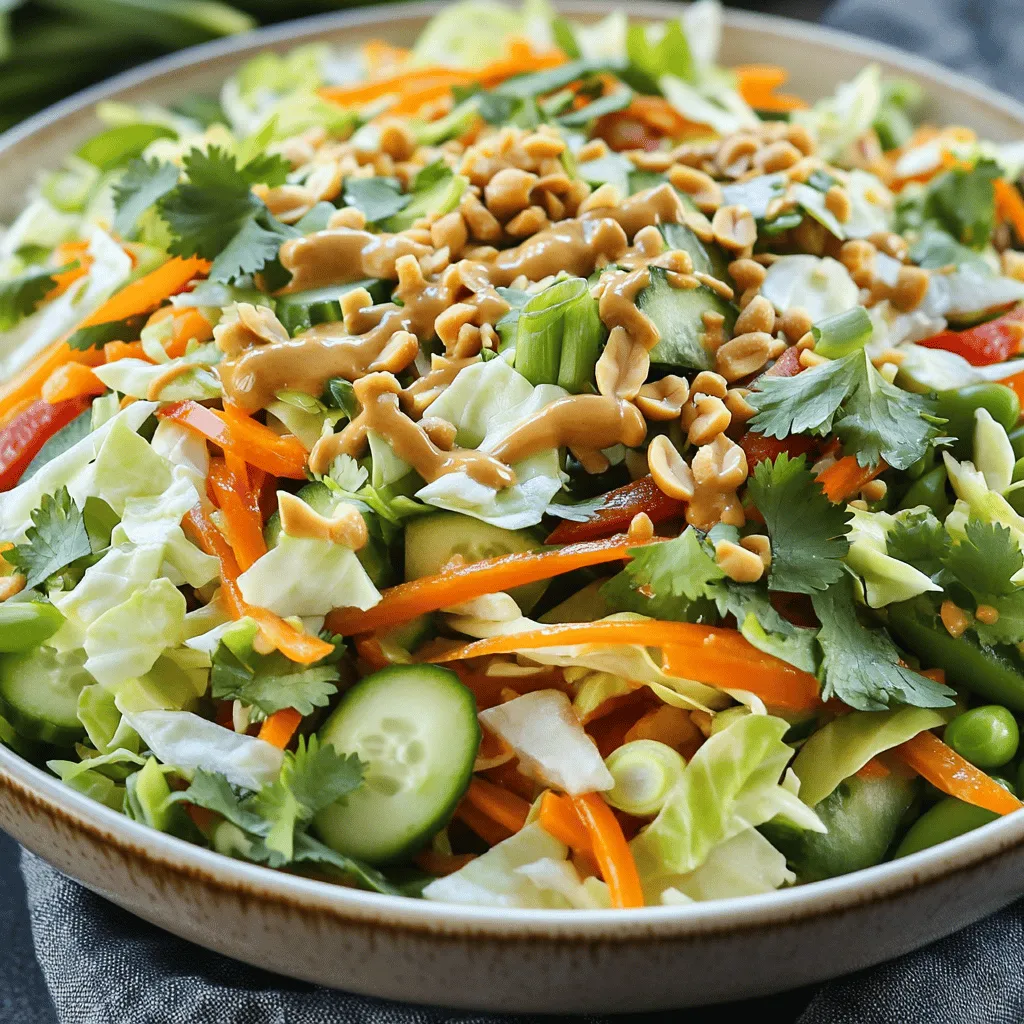 Um diesen leckeren Crunchy Thai Erdnuss-Salat zuzubereiten, brauchen Sie: - 2 Tassen grünen Kohl, fein gehobelt - 1 Tasse Karotten, fein geraspelt - 1 rote Paprika, dünn geschnitten - 1 Tasse Zuckerschoten, vorbereitet - 1 Tasse Gurke, dünn geschnitten - 1/2 Tasse frischen Koriander, grob gehackt - 1/4 Tasse Frühlingszwiebeln, in Ringe geschnitten - 1/2 Tasse geröstete Erdnüsse, grob gehackt - 1/4 Tasse Erdnussbutter - 3 Esslöffel Sojasoße - 2 Esslöffel Limettensaft - 1 Esslöffel Honig oder Agavensirup für eine vegane Option - 1 Teelöffel Sesamöl - 1/2 Teelöffel zerdrückte rote Pfefferflocken (optional für Schärfe) - Salz und Pfeffer nach Geschmack Sie können diesen Salat leicht anpassen. Verwenden Sie: - Statt Erdnüssen können Sie Mandeln oder Cashews nehmen. - Für eine vegane Option, wählen Sie Agavensirup anstelle von Honig. - Fügen Sie mehr Gemüse hinzu, wie Brokkoli oder Radieschen. - Um den Salat noch bunter zu machen, nutzen Sie verschiedene Paprika. Dieser Salat ist nicht nur lecker, sondern auch nahrhaft. Hier sind einige Nährwerte, die Sie beachten sollten: - Kalorien: Ungefähr 250 pro Portion - Fette: Etwa 15 g, hauptsächlich aus der Erdnussbutter - Proteine: Rund 10 g, dank der Erdnüsse und dem Koriander - Nährstoffe: Reich an Vitaminen A und C durch das Gemüse Diese Informationen helfen Ihnen, eine gesunde Wahl zu treffen. Für die genauen Nährwerte und das vollständige Rezept schauen Sie auf die [Full Recipe]. Beginnen Sie mit der Vorbereitung der frischen Zutaten. Hobeln Sie den grünen Kohl in feine Stücke. Das sorgt für einen knackigen Biss. Raspeln Sie die Karotten, bis sie schön dünn sind. Schneiden Sie die rote Paprika in dünne Streifen. Achten Sie darauf, alles gleichmäßig zu schneiden. Bereiten Sie die Zuckerschoten vor, indem Sie die Enden abknipsen und sie eventuell halbieren. Die Gurke sollte ebenfalls dünn geschnitten werden, um eine frische Note zu bringen. Grob hacken Sie den Koriander und schneiden die Frühlingszwiebeln in Ringe. Alle diese Schritte sind wichtig, um den Salat knackig und bunt zu halten. Für das Dressing nehmen Sie eine kleine Schüssel. Geben Sie die Erdnussbutter hinein. Fügen Sie dann die Sojasoße, den Limettensaft und den Honig hinzu. Diese Mischung sorgt für einen tollen Geschmack. Mischen Sie alles mit einem Schneebesen. Achten Sie darauf, dass die Konsistenz glatt und cremig ist. Falls das Dressing zu dick ist, können Sie etwas Wasser hinzufügen. Schmecken Sie das Dressing ab. Sie können mehr Limettensaft für Frische oder mehr Honig für Süße hinzufügen. Jetzt kommt der Spaß! Nehmen Sie eine große Schüssel und geben Sie alle vorbereiteten Zutaten hinein. Gießen Sie das Dressing über die frischen Zutaten. Mischen Sie alles vorsichtig, bis die Zutaten gleichmäßig verteilt sind. Verwenden Sie zwei große Löffel oder Ihre Hände, um die Zutaten sanft zu vermengen. Achten Sie darauf, den Salat nicht zu zerdrücken. Schmecken Sie ihn ab und passen Sie die Gewürze nach Ihrem Geschmack an. Kurz vor dem Servieren streuen Sie die gehackten Erdnüsse darüber. Das gibt dem Salat den nötigen Crunch. Für die vollständige Anleitung schauen Sie sich das [Full Recipe] an. Um den Crunchy Thai Erdnuss-Salat ansprechend zu präsentieren, nutze eine große Schüssel. Lege die Zutaten schichtweise hinein. Garniere den Salat mit frischem Koriander und streue einige Erdnüsse obenauf. Das gibt dem Salat einen tollen Look und macht ihn einladend. Wenn du ihn in einzelnen Schalen servierst, wirkt das elegant. Achte darauf, Farben und Texturen zu zeigen. Ein lebendiger Salat zieht immer die Aufmerksamkeit an. Ein häufiger Fehler ist, das Dressing zu früh hinzuzufügen. Warte bis kurz vor dem Servieren. So bleiben die Zutaten frisch und knackig. Achte darauf, die Erdnüsse erst kurz vor dem Servieren hinzuzufügen. Sie verlieren sonst ihren Crunch. Verwende frische Zutaten, um den besten Geschmack zu erzielen. Ein weiterer Tipp ist, den Salat nicht zu lange zu mischen. Zu langes Mischen kann die Zartheit der Zutaten verringern. Um Zeit zu sparen, bereite die Zutaten im Voraus vor. Du kannst das Gemüse am Vorabend schneiden und im Kühlschrank lagern. Das Dressing lässt sich ebenfalls gut vorbereiten. Bewahre es in einem verschlossenen Behälter auf. So hast du alles bereit, wenn du den Salat zubereiten möchtest. Für eine schnelle Zubereitung, nutze eine Küchenmaschine zum Hobeln und Raspeln. So sparst du viele Minuten und kannst mehr Zeit mit dem Genießen verbringen. Für das vollständige Rezept, schau dir den [Full Recipe] an. {{image_4}} Du kannst viele verschiedene Gemüse und Proteine in deinen Crunchy Thai Erdnuss-Salat integrieren. Probiere zum Beispiel: - Brokkoli, leicht blanchiert - Mangold, fein gehackt - Edamame, für mehr Protein - Tofu, gebraten oder mariniert Diese Optionen machen den Salat noch nahrhafter und abwechslungsreicher. Du kannst auch verschiedene Nüsse wie Cashews oder Mandeln verwenden. Sie bringen einen neuen Crunch und Geschmack. Das Dressing ist der Schlüssel zu einem großartigen Salat. Du kannst viele Geschmäcker ausprobieren: - Füge frischen Ingwer für eine scharfe Note hinzu. - Verwende Kokosmilch für ein cremigeres Dressing. - Mische Erdnussbutter mit Chili-Sauce für einen scharfen Kick. Experimentiere und finde deine Lieblingskombination. So wird der Salat immer wieder spannend. Je nach Jahreszeit kannst du den Salat anpassen. Im Frühling sind frische Erbsen und Radieschen perfekt. Im Sommer passen reife Tomaten und Zucchini gut dazu. Im Herbst kannst du Kürbis oder Äpfel hinzufügen. Im Winter sind rote Beete und Wintergemüse großartig. So bleibt dein Crunchy Thai Erdnuss-Salat das ganze Jahr über frisch und lecker. Für das vollständige Rezept schaue dir den Abschnitt über die Zutaten an. Um den Crunchy Thai Erdnuss-Salat frisch zu halten, sollten Sie ihn gut verpacken. Nutzen Sie einen luftdichten Behälter, um die Aromen zu bewahren. Lagern Sie das Dressing separat, damit der Salat knackig bleibt. Mischen Sie das Dressing erst kurz vor dem Servieren. So bleibt der Salat frisch und lecker. Im Kühlschrank hält der Salat etwa 2 bis 3 Tage. Nach dieser Zeit kann das Gemüse weich werden. Achten Sie darauf, den Salat in den ersten Tagen zu essen. Wenn sich die Farbe oder der Geruch ändert, entsorgen Sie ihn bitte. Meal Prep ist eine großartige Idee für diesen Salat. Bereiten Sie die Zutaten im Voraus vor. Hobeln Sie den Kohl, raspeln Sie die Karotten und schneiden Sie das Gemüse. Lagern Sie alles in einzelnen Behältern. So haben Sie jederzeit schnellen Zugriff. Mischen Sie die Zutaten mit dem Dressing nur, wenn Sie bereit sind, zu essen. Um einen veganen Crunchy Thai Erdnuss-Salat zu machen, ersetze den Honig durch Agavensirup. Das ist eine gute Option für eine pflanzliche Diät. Achte darauf, auch die Sojasoße zu wählen, die ohne tierische Produkte ist. Du kannst frische Kräuter und Gemüse nach deinem Geschmack anpassen. Ja, du kannst andere Nüsse verwenden! Mandeln, Cashews oder Walnüsse geben dem Salat einen anderen Geschmack. Diese Nüsse sind auch knusprig und lecker. Probiere verschiedene Kombinationen aus, um deinen perfekten Salat zu finden. Die Schärfe hängt von den roten Pfefferflocken ab. Wenn du es milder magst, lass sie weg oder benutze weniger. Du kannst auch frische Chilis hinzufügen, um die Schärfe zu erhöhen. Probiere es aus und passe die Schärfe nach deinem Geschmack an. In diesem Artikel haben wir die Zutaten, die Zubereitung und die besten Tipps für einen köstlichen Salat behandelt. Wir schauten uns gesunde Alternativen und die Nährwerte an. Außerdem gab es Anleitungen zur perfekten Salatzubereitung und Präsentation. Denke immer daran, deine Salate kreativ zu gestalten. Nutze frisches Obst und Gemüse nach Saison. So bleibst du gesund und sparst Zeit. Viel Spaß beim Ausprobieren!