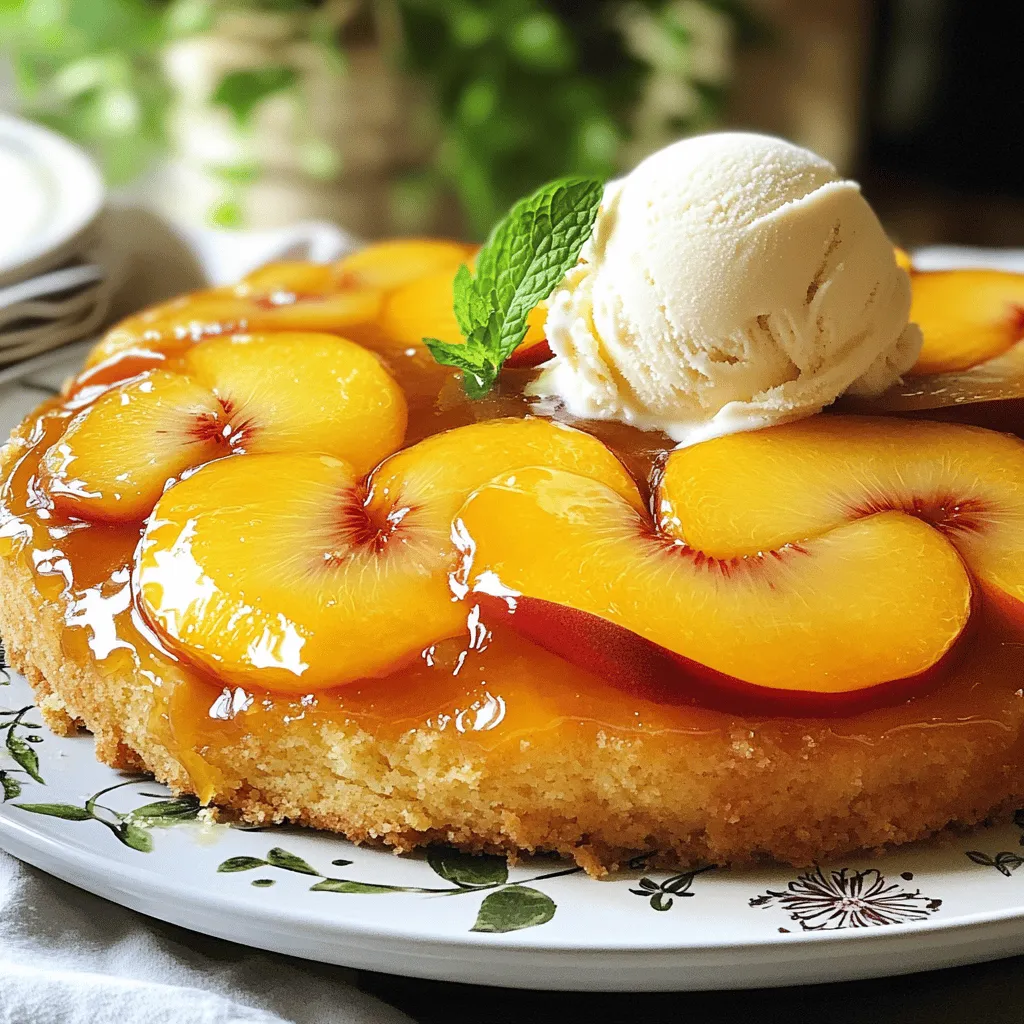Für diesen köstlichen Kuchen brauchen Sie einige einfache Zutaten: - 3 reife Pfirsiche, entkernt und in Scheiben geschnitten - 60 g ungesalzene Butter - 100 g brauner Zucker - 125 g Weizenmehl - 1 Teelöffel Backpulver - 1/2 Teelöffel Natron - 1/4 Teelöffel Salz - 100 g weißer Zucker - 120 ml Milch - 1 großes Ei - 1 Teelöffel Vanilleextrakt Diese Zutaten machen den Kuchen saftig und süß. Jede Zutat hat eine spezielle Aufgabe: - Pfirsiche: Sie sorgen für Frische und Süße. - Butter: Gibt dem Kuchen eine reiche Textur. - Brauner Zucker: Erzeugt die Karamellnote, die den Kuchen besonders macht. - Weizenmehl: Ist die Basis für die Struktur des Kuchens. - Backpulver und Natron: Lassen den Kuchen schön aufgehen. - Milch und Ei: Machen den Teig weich und luftig. - Vanilleextrakt: Fügt ein tolles Aroma hinzu. Jede Zutat trägt dazu bei, dass der Kuchen perfekt gelingt. Um die besten Pfirsiche zu finden, schauen Sie auf diese Tipps: - Wählen Sie Pfirsiche, die leicht weich sind. Dies zeigt, dass sie reif sind. - Achten Sie auf die Farbe. Reife Pfirsiche sind tief orange oder gelb. - Vermeiden Sie Pfirsiche mit Druckstellen oder braunen Flecken. Diese sind oft überreif oder schlecht. - Kaufen Sie Pfirsiche in der Saison. In Deutschland sind sie von Juni bis September am besten. Gute Pfirsiche machen den Kuchen noch schmackhafter. Wenn Sie die richtigen auswählen, wird Ihr Pfirsich-Upside-Down-Kuchen ein Hit! Zuerst heizen Sie den Ofen auf 175°C (350°F) vor. Wählen Sie eine runde 23 cm (9 Zoll) Kuchenform. Fetten Sie die Form leicht mit Kochspray oder Butter ein. Dies verhindert, dass der Kuchen kleben bleibt. Bereiten Sie alle Zutaten vor. Das macht das Backen einfacher und schneller. Schmelzen Sie 60 g ungesalzene Butter in einer mittleren Pfanne. Stellen Sie die Hitze auf mittlere Stufe ein. Fügen Sie 100 g braunen Zucker hinzu. Rühren Sie die Mischung gut um. Warten Sie, bis der Zucker vollständig aufgelöst ist und die Mischung leicht blubbert. Dies dauert etwa 2 Minuten. Gießen Sie die Mischung in die vorbereitete Kuchenform. Verteilen Sie sie gleichmäßig über den Boden. In einer separaten Schüssel vermischen Sie 125 g Weizenmehl, 1 Teelöffel Backpulver, 1/2 Teelöffel Natron und 1/4 Teelöffel Salz. In einer anderen Schüssel schlagen Sie 100 g weißen Zucker und 1 großes Ei zusammen. Rühren Sie, bis die Mischung hell und luftig ist. Fügen Sie dann 120 ml Milch und 1 Teelöffel Vanilleextrakt hinzu. Rühren Sie alles gut um. Jetzt fügen Sie die trockenen Zutaten zur feuchten Mischung hinzu. Falten Sie alles vorsichtig zusammen, bis es gerade so vermischt ist. Gießen Sie den Teig über die angeordneten Pfirsiche in der Kuchenform. Verteilen Sie den Teig gleichmäßig. Backen Sie den Kuchen im vorgeheizten Ofen für 30-35 Minuten. Der Kuchen ist fertig, wenn ein Zahnstocher sauber herauskommt. Lassen Sie den Kuchen 10 Minuten abkühlen. Kippen Sie ihn dann auf einen Servierteller, um die Pfirsiche oben zu zeigen. Genießen Sie den köstlichen Pfirsichtraum Karamell-Kuchen nach dem [Full Recipe]. Um den perfekten Pfirsich-Upside-Down-Kuchen zu backen, sind einige Tipps hilfreich. Achte darauf, die Butter nicht zu lange zu schmelzen. Sie sollte gerade flüssig sein, aber nicht kochen. Wenn du den Teig machst, mische die trockenen Zutaten nicht zu lange. Ein paar Klumpen sind in Ordnung. Sie machen den Kuchen lockerer. Achte auch darauf, die Pfirsichscheiben gleichmäßig anzuordnen. So sieht der Kuchen später schöner aus. Frische Pfirsiche sind der Schlüssel zu diesem Rezept. Lagere sie bei Raumtemperatur, bis sie reif sind. Du erkennst das an der weichen Schale. Wenn sie reif sind, lege sie in den Kühlschrank. So bleiben sie frisch. Verwende die Pfirsiche innerhalb von zwei bis drei Tagen. Zu lange Lagerung macht sie matschig. Du kannst auch bei deinem Obstladen nachfragen, ob die Pfirsiche frisch sind. Wenn du etwas Neues ausprobieren willst, gibt es tolle Alternativen. Anstelle von Pfirsichen kannst du auch Ananas oder Äpfel verwenden. Diese Früchte passen gut zur Karamellsoße. Für eine exotische Note probiere Mango oder Kirschen. Du kannst auch Gewürze wie Zimt oder Muskat hinzufügen. So bringst du einen neuen Geschmack in dein Rezept. Das macht Spaß und bringt Abwechslung! {{image_4}} Um eine vegane Version zu machen, ersetzen Sie die Butter durch Pflanzenöl. Verwenden Sie pflanzliche Milch, wie Mandel- oder Hafermilch. Das Ei können Sie durch einen Chia- oder Leinsamen-Ersatz austauschen. Mischen Sie einen Esslöffel Chiasamen mit drei Esslöffeln Wasser und lassen Sie es einige Minuten quellen. So erhalten Sie die gleiche Konsistenz. Der Geschmack bleibt ebenfalls köstlich und fruchtig. Für eine herzhafte Variante können Sie Blauschimmelkäse und Speck hinzufügen. Anstelle von Zucker verwenden Sie etwas Honig oder Balsamico-Essig. Die Kombination aus süßen Pfirsichen und salzigem Käse sorgt für ein ganz neues Geschmackserlebnis. Sie können auch frische Kräuter wie Rosmarin hinzufügen, um die Aromen zu verstärken. Sie können auch andere Früchte verwenden, um den Kuchen anzupassen. Äpfel oder Birnen sind eine tolle Wahl im Herbst. Im Sommer passen auch Beeren sehr gut. Für einen exotischen Twist probieren Sie Ananas oder Mango. Achten Sie darauf, die Früchte gleichmäßig zu schneiden, damit sie beim Backen schön gleichmäßig garen. Der Full Recipe ist ein guter Ausgangspunkt, um mit verschiedenen Früchten zu experimentieren. Der Pfirsich-Upside-Down-Kuchen bleibt frisch im Kühlschrank. Er hält sich dort etwa 3 bis 5 Tage. Achten Sie darauf, ihn in einem luftdichten Behälter zu lagern. So bleibt er länger lecker und saftig. Wenn Sie den Kuchen länger aufbewahren möchten, frieren Sie ihn ein. Wickeln Sie ihn fest in Frischhaltefolie und dann in Aluminiumfolie. So bleibt die Feuchtigkeit erhalten. Der Kuchen kann bis zu 3 Monate im Gefrierfach bleiben. Zum Aufwärmen, lassen Sie ihn im Kühlschrank auftauen. Danach erwärmen Sie ihn im Ofen bei 150°C für 10 bis 15 Minuten. Um den Kuchen frisch zu halten, decken Sie ihn mit einem sauberen Küchentuch ab. Vermeiden Sie die Lagerung in der Nähe von starken Gerüchen. Diese können den Geschmack beeinflussen. Servieren Sie den Kuchen warm, um die Aromen zu erleben. Ein Klecks Schlagsahne oder eine Kugel Vanilleeis macht ihn noch besser! Probieren Sie auch die anderen Tipps und Tricks in der [Full Recipe], um das Beste aus diesem Kuchen herauszuholen. Um den Kuchen glutenfrei zu machen, tauschen Sie das Weizenmehl aus. Verwenden Sie einfaches glutenfreies Mehl. Achten Sie darauf, dass es eine Mischung aus Reis, Kartoffeln und Mais enthält. Diese Mischung funktioniert gut in vielen Rezepten. Die Textur bleibt ähnlich, und der Geschmack wird nicht beeinträchtigt. Ja, Sie können Dosenpfirsiche verwenden. Achten Sie darauf, Pfirsiche in Saft und nicht in Sirup zu wählen. Lassen Sie die Pfirsiche gut abtropfen, um die Feuchtigkeit zu reduzieren. Auf diese Weise bleibt der Kuchen nicht zu feucht. Dosenpfirsiche können eine praktische Option sein, wenn frische nicht verfügbar sind. Dieser Kuchen schmeckt köstlich mit einer Kugel Vanilleeis. Die Kühle des Eises ergänzt die Wärme des Kuchens. Auch ein Klecks Schlagsahne ist eine gute Wahl. Frische Minze als Garnitur bringt Farbe und einen frischen Geschmack. Sie können auch eine Tasse Kaffee oder Tee dazu servieren. Der Pfirsich-Karamellkuchen ist ein einfaches, leckeres Dessert. Wir haben die besten Zutaten für den perfekten Geschmack entdeckt. Die Schritt-für-Schritt-Anleitung macht das Backen leicht. Ich habe auch Tipps geteilt, um Fehler zu vermeiden und Lagerungen zu optimieren. Variationen sorgen dafür, dass jeder etwas findet. Denke daran, frische Pfirsiche für mehr Geschmack zu wählen. Egal ob vegan oder herzhaft, der Kuchen begeistert immer. Hol dir deine Zutaten und viel Spaß beim Backen!
