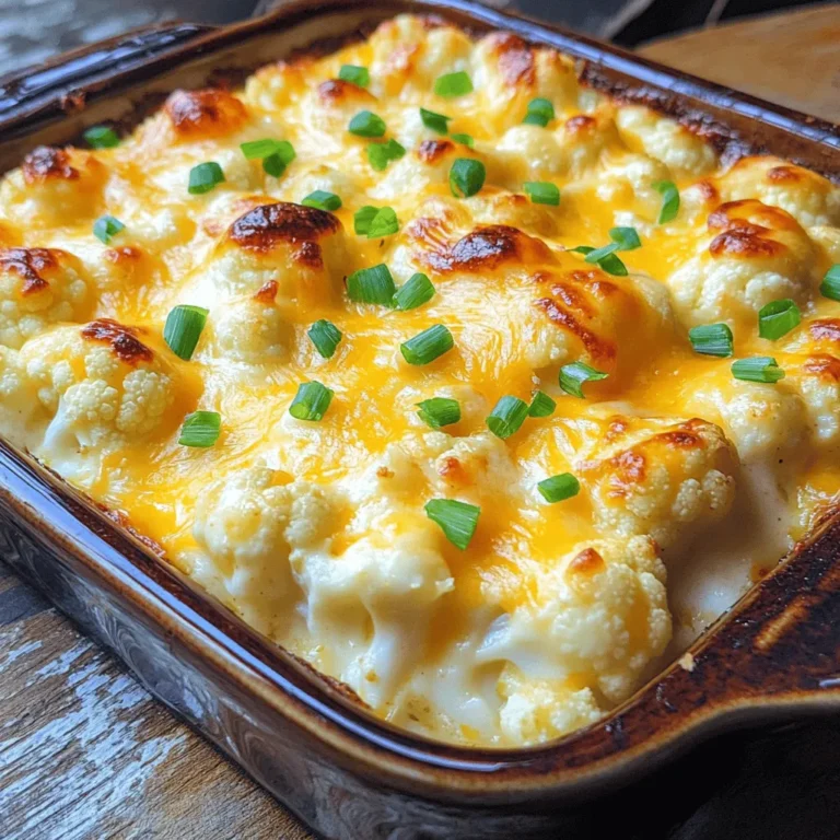 - 1 großen Kopf Blumenkohl, in Röschen zerteilt - 1 Tasse scharfer Cheddar-Käse, gerieben - 1 Tasse Mozzarella-Käse, gerieben - 1/2 Tasse Parmesan-Käse, gerieben Blumenkohl bildet die Basis dieses Auflaufs. Er hat einen milden Geschmack und ist sehr gesund. Ich nutze gerne verschiedene Käsesorten. Cheddar gibt einen kräftigen Geschmack. Mozzarella macht den Auflauf schön cremig. Parmesan sorgt für eine herzhafte Note. Diese Mischung ist einfach himmlisch. - 1 Tasse Frischkäse, weich - 1/2 Tasse Milch - 1 Teelöffel Knoblauchpulver - 1 Teelöffel Zwiebelpulver - 1/2 Teelöffel Paprika - Salz und Pfeffer nach Geschmack Frischkäse bringt eine tolle Cremigkeit in den Auflauf. Die Milch sorgt dafür, dass alles gut vermischt wird. Knoblauchpulver und Zwiebelpulver geben einen tollen Geschmack. Paprika fügt eine sanfte Würze hinzu. Vergessen Sie nicht das Salz und den Pfeffer. Diese Gewürze heben den Geschmack hervor. - 1/4 Tasse Frühlingszwiebeln, gehackt (zum Garnieren) Die Frühlingszwiebeln sind die perfekte Garnierung. Sie bringen Farbe und Frische. Sie sind knackig und passen gut zu dem cremigen Auflauf. Ich empfehle, auch frische Kräuter zu verwenden. Petersilie oder Thymian sorgen für einen schönen Farbkontrast. Für das vollständige Rezept, schauen Sie sich den Abschnitt [Full Recipe] an. Zuerst waschen Sie den Blumenkohl. Teilen Sie ihn in kleine Röschen. Kochen Sie die Röschen in einem großen Topf mit Wasser. Fügen Sie eine Prise Salz hinzu. Lassen Sie sie etwa 5 bis 7 Minuten kochen. Sie sollten zart, aber noch bissfest sein. Danach gießen Sie das Wasser ab und stellen die Röschen beiseite. Heizen Sie Ihren Ofen auf 190°C vor. In einer großen Schüssel kombinieren Sie den Frischkäse und die Milch. Fügen Sie Knoblauchpulver, Zwiebelpulver und Paprika hinzu. Geben Sie Salz und Pfeffer nach Geschmack dazu. Rühren Sie alles gut um, bis die Mischung glatt ist. Jetzt fügen Sie den scharfen Cheddar und Mozzarella hinzu. Halten Sie etwas Käse für die Oberseite zurück. Vermengen Sie alles gleichmäßig. Heben Sie vorsichtig die Blumenkohlröschen unter die Käsemischung. Achten Sie darauf, dass alle Röschen gut überzogen sind. Nehmen Sie eine gefettete Auflaufform. Füllen Sie die Blumenkohl-Käse-Mischung in die Form. Streuen Sie den restlichen Cheddar, Mozzarella und Parmesan gleichmäßig darüber. Schieben Sie die Auflaufform in den vorgeheizten Ofen. Backen Sie den Auflauf 25 bis 30 Minuten lang. Er ist fertig, wenn der Käse oben sprudelnd und goldbraun ist. Nach dem Backen nehmen Sie ihn aus dem Ofen. Lassen Sie ihn einige Minuten abkühlen, bevor Sie ihn servieren. Genießen Sie diesen Käse-Blumenkohl-Traumauflauf! Für das vollständige Rezept schauen Sie bitte hier: [Full Recipe]. Um den besten Geschmack zu erzielen, sollten Sie den Blumenkohl richtig garen. Kochen Sie die Röschen für etwa 5 bis 7 Minuten. Sie sollten weich, aber noch bissfest sein. So bleibt der Blumenkohl knackig und verliert nicht seine Form. Wenn Sie ihn zu lange kochen, wird er matschig. Um ein Überkochen zu vermeiden, verwenden Sie einen Timer. Achten Sie darauf, das Wasser sprudelnd kochen zu lassen, bevor Sie den Blumenkohl hineingeben. Nach dem Kochen gießen Sie das Wasser ab und lassen die Röschen kurz abkühlen. So verhindern Sie, dass sie weiter garen. Die Wahl des Käses ist entscheidend für den Geschmack Ihres Auflaufs. Ich empfehle eine Mischung aus scharfem Cheddar und Mozzarella. Der Cheddar gibt einen kräftigen Geschmack, während der Mozzarella für eine schöne, schmelzende Textur sorgt. Wenn Sie lactosefrei essen müssen, probieren Sie laktosefreien Käse. Vegane Optionen sind ebenfalls möglich. Nutzen Sie pflanzliche Käsealternativen, um den Auflauf cremig zu machen. Es gibt viele hochwertige Produkte, die den klassischen Käse gut ersetzen. Die Präsentation des Auflaufs kann das Esserlebnis verbessern. Bestreuen Sie den Auflauf vor dem Servieren mit frischen Kräutern wie Petersilie oder Thymian. Diese Farben machen das Gericht lebendiger. Servieren Sie den Auflauf direkt in der Auflaufform, um den rustikalen Charme zu behalten. Eine Beilage wie ein einfacher grüner Salat passt gut dazu. So haben Sie eine ausgewogene Mahlzeit, die jeder liebt. Für das vollständige Rezept schauen Sie hier: [Full Recipe]. {{image_4}} Um deinen Käse-Blumenkohl-Traumauflauf zu variieren, füge Gemüse oder Fleisch hinzu. Zucchini, Paprika oder Spinat passen gut. Auch gebratenes Hähnchen oder Schinken gibt dem Auflauf mehr Geschmack. Du kannst auch gekochte Linsen für eine proteinreiche Option verwenden. Wenn du nach Alternativen zu Käse oder Milch suchst, probiere pflanzliche Produkte. Mandelmilch oder Hafermilch sind gute Optionen. Vegan-Käse bietet eine tolle Möglichkeit, das Gericht ohne Milchprodukte zu genießen. Kreiere deine eigene Gewürzmischung. Mische Paprika, Kreuzkümmel und Kurkuma für einen besonderen Kick. Diese Gewürze geben dem Auflauf eine interessante Note. Experimentiere mit verschiedenen Kräutern wie Oregano oder Basilikum. Frische Kräuter können den Geschmack enorm steigern. Für eine keto-freundliche Version reduziere die Menge an Milch. Ersetze sie durch Sahne oder Kokosmilch. Du kannst auch Blumenkohlreis verwenden, um die Kohlenhydrate zu senken. Wenn du eine vegane Option suchst, ersetze den Käse durch Nusskäse oder Hefeflocken. Diese geben einen herzhaften Geschmack ohne tierische Produkte. Außerdem kannst du die Milch durch Gemüsebrühe ersetzen, um den Auflauf abzurunden. Für das vollständige Rezept schaue dir die [Full Recipe] an. Um Reste des Käse-Blumenkohl-Traumauflaufs gut zu lagern, lassen Sie ihn zuerst abkühlen. Dann können Sie ihn in einem luftdichten Behälter im Kühlschrank aufbewahren. Dort hält er sich bis zu fünf Tage frisch. Wenn Sie mehr Zeit haben, können Sie den Auflauf auch einfrieren. Teilen Sie ihn in Portionen auf, bevor Sie ihn in einem gefrierfesten Behälter lagern. So bleibt er bis zu drei Monate genießbar. Die besten Methoden zum Aufwärmen sind das Mikrowellengerät oder der Ofen. Wenn Sie die Mikrowelle verwenden, stellen Sie die Leistung auf mittel und erwärmen Sie ihn in kurzen Intervallen. So bleibt der Auflauf weich. Im Ofen heizen Sie ihn auf 180°C vor und decken ihn mit Folie ab. So bleibt der Käse schön schmelzend und die Textur bleibt angenehm. Achten Sie darauf, den Auflauf nicht zu lange zu erhitzen. Zu viel Hitze kann ihn trocken machen. Planen Sie im Voraus, um Zeit zu sparen. Sie können den Auflauf bis zu einem Tag vorher zubereiten. Stellen Sie ihn einfach vor dem Backen in den Kühlschrank. So kann sich der Geschmack gut entfalten. Eine weitere Idee für Meal Prep ist, die Blumenkohlröschen vorab zu kochen und die Käsemischung ebenfalls vorzubereiten. Das spart Zeit am Tag der Zubereitung. Probieren Sie diese Tipps aus, um Ihr Kochen effizienter zu gestalten. Du kannst Brokkoli oder Zucchini anstelle von Blumenkohl verwenden. Diese Alternativen haben einen ähnlichen Geschmack und eine gute Textur. Brokkoli gibt dem Auflauf einen schönen Farbkontrast. Zucchini bringt eine zarte Konsistenz. Schneide sie in kleine Stücke, um ein gleichmäßiges Garen zu gewährleisten. Der Auflauf hält sich etwa 3 bis 5 Tage im Kühlschrank. Stelle sicher, dass du ihn in einem luftdichten Behälter aufbewahrst. So bleibt der Geschmack frisch. Du kannst den Auflauf auch einfrieren, wenn du ihn länger aufbewahren möchtest. In diesem Fall hält er sich bis zu 3 Monate. Ja, du kannst die Käsesorten nach deinem Geschmack anpassen. Probiere Gouda oder Gruyère für einen anderen Geschmack. Feta-Käse kann auch eine tolle Ergänzung sein, wenn du etwas Salziges magst. Denke daran, die Menge anzupassen, um die Konsistenz zu bewahren. Ja, der Auflauf kann für glutenfreie und keto-freundliche Diäten geeignet sein. Achte darauf, glutenfreie Milchprodukte zu verwenden. Für die Keto-Diät kannst du den Anteil an Blumenkohl erhöhen, um die Kohlenhydrate zu reduzieren. Verwende auch Käse ohne Zusatzstoffe. Ja, der Auflauf ist von Natur aus vegetarisch. Du kannst ihn noch weiter anpassen, indem du mehr Gemüse hinzufügst. Zum Beispiel Paprika oder Spinat machen das Gericht bunter und gesünder. So bleibt der Auflauf fleischfrei, aber voll von Geschmack. In diesem Blogpost haben wir alles über den Blumenkohlauflauf besprochen. Wir haben die Zutaten, die Zubereitung und wertvolle Tipps geteilt. Sie können auch Variationen ausprobieren, um das Rezept zu personalisieren. Denken Sie daran, kreative Garnierungen zu nutzen und den Auflauf schön zu servieren. Der Blumenkohlauflauf ist vielseitig und kann leicht angepasst werden. Probieren Sie verschiedene Käsesorten und Gemüse für neuen Geschmack. Genießen Sie dieses leckere Gericht und laden Sie Familie und Freunde zum Probieren ein!