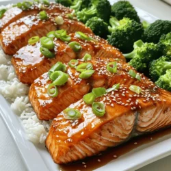 Für unser köstliches Gericht benötigen Sie folgende Zutaten: - 4 Lachsfilets (je 170 g) - 60 ml Honig - 30 ml Sriracha-Sauce - 30 ml Sojasauce (geringe Natriumwerte bevorzugt) - 15 g frischer Ingwer, gerieben - 3 Knoblauchzehen, gehackt - 15 ml Sesamöl Diese Zutaten sind entscheidend für den tollen Geschmack. Der Lachs bleibt saftig und die Glasur gibt eine schöne Süße und Schärfe. Um Ihr Gericht noch ansprechender zu machen, nutzen Sie: - 2 Frühlingszwiebeln, in Ringe geschnitten - Sesamsamen Diese Garnituren bringen nicht nur Farbe, sondern auch einen tollen Crunch. Sie setzen frische Akzente und verbessern die Präsentation. Achten Sie bei der Auswahl der Zutaten auf folgende Punkte: - Lachs: Achten Sie auf eine leuchtende Farbe und einen milden Geruch. - Honig: Wählen Sie einen reinen, ungesüßten Honig für den besten Geschmack. - Ingwer: Er sollte fest und saftig sein, ohne weiche Stellen. - Knoblauch: Frische Knoblauchzehen haben eine feste Haut und einen starken Duft. Frische Zutaten sorgen für das beste Ergebnis. Wenn Sie hochwertige Produkte wählen, wird Ihr Sriracha Honey Glazed Salmon noch besser schmecken. Probieren Sie die Tipps aus und sehen Sie den Unterschied! Zuerst heizen Sie den Ofen auf 200 °C vor. Nehmen Sie ein Backblech und legen Sie es mit Backpapier aus. Dies hilft, den Lachs nicht festzukleben. Bereiten Sie auch alle Zutaten vor. Das macht das Kochen einfacher und schneller. Nehmen Sie eine kleine Schüssel und geben Sie den Honig, die Sriracha-Sauce, die Sojasauce, den geriebenen Ingwer und den gehackten Knoblauch hinein. Rühren Sie alles gut um. Fügen Sie dann das Sesamöl hinzu. Es sorgt für einen tollen Geschmack. Mischen Sie alles, bis es gut verbunden ist. Diese Glasur ist die Geheimzutat für Ihren Lachs. Tupfen Sie die Lachsfilets mit einem Küchentuch trocken. Bestreuen Sie sie leicht mit Salz und Pfeffer. Legen Sie die Filets auf das Backblech. Löffeln Sie die Glasur großzügig über die Filets. Bewahren Sie etwas Glasur für später auf. Backen Sie den Lachs für 12 bis 15 Minuten. Er ist fertig, wenn er leicht mit einer Gabel zerfällt. Bestreichen Sie ihn kurz vor dem Ende der Garzeit mit der restlichen Glasur. Lassen Sie den Lachs nach dem Backen kurz ruhen. Garnieren Sie ihn mit Frühlingszwiebeln und Sesamsamen. Servieren Sie ihn frisch und lecker. Für das vollständige Rezept besuchen Sie [Full Recipe]. Lachs ist vielseitig und lecker. Es gibt viele Wege, ihn zuzubereiten. Eine der besten Methoden ist das Backen. Diese Methode hält den Lachs saftig. Die Hitze ist gleichmäßig, sodass der Lachs nicht austrocknet. Du kannst ihn auch grillen, um einen rauchigen Geschmack zu bekommen. Achte darauf, die Hautseite nach unten zu legen. Das verhindert ein Ankleben. Die Sriracha-Honig-Glasur hat eine tolle Balance. Du kannst die Süße und Schärfe leicht anpassen. Wenn du es süßer magst, füge mehr Honig hinzu. Für mehr Schärfe kannst du mehr Sriracha verwenden. Du kannst auch einen Spritzer Limettensaft hinzufügen. Das bringt frische Aromen in das Gericht. Experimentiere mit den Mengen, um deine perfekte Mischung zu finden. Präsentation ist wichtig. Der Lachs sieht toll aus auf einem weißen Teller. Du kannst ihn mit gedämpftem Brokkoli und Jasminreis servieren. Das sorgt für Farben auf dem Teller. Ein paar Frühlingszwiebeln und Sesamsamen oben drauf machen es hübscher. Vergiss nicht, etwas von der Glasur über die Seiten zu träufeln. Das gibt extra Geschmack und sieht gut aus. Für die vollständige Zubereitung, sieh dir das Rezept an: Full Recipe. {{image_4}} Wenn Sie etwas Neues ausprobieren möchten, können Sie die Glasur ändern. Statt Sriracha können Sie eine scharfe BBQ-Sauce verwenden. Diese gibt dem Lachs einen rauchigen Geschmack. Eine Mischung aus Honig und Dijon-Senf verleiht einen süßen und würzigen Kick. Auch eine Teriyaki-Sauce passt gut. Diese Alternativen bringen Abwechslung auf den Tisch. Wenn Sie eine vegetarische Option suchen, probieren Sie gerösteten Tofu. Marinieren Sie den Tofu in einer ähnlichen Glasur. Backen Sie ihn dann wie den Lachs. Eine weitere Idee ist, Gemüse wie Zucchini oder Paprika zu grillen. Diese Beilagen sind bunt und gesund. Servieren Sie den Lachs oder Tofu mit gedämpftem Reis oder Quinoa. Diese Kombination sorgt für ein vollwertiges Essen. Die Gewürze sind anpassbar. Wenn Sie es weniger scharf mögen, reduzieren Sie die Sriracha. Fügen Sie mehr Honig hinzu, um die Schärfe auszugleichen. Für einen kräftigeren Geschmack können Sie mehr Ingwer und Knoblauch verwenden. Experimentieren Sie mit diesen Zutaten, um Ihre perfekte Mischung zu finden. So wird jedes Mahlzeit zu einem persönlichen Genuss. Um übrig gebliebenen Lachs frisch zu halten, lassen Sie ihn zuerst abkühlen. Wickeln Sie die Filets gut in Frischhaltefolie oder legen Sie sie in einen luftdichten Behälter. Lagern Sie den Lachs im Kühlschrank und verwenden Sie ihn innerhalb von zwei Tagen. So bleibt der Geschmack erhalten und die Textur bleibt gut. Um Lachs mit Glasur einzufrieren, lassen Sie ihn zuerst vollständig abkühlen. Wickeln Sie die Filets einzeln in Frischhaltefolie. Danach legen Sie sie in einen gefrierfesten Beutel oder Behälter. So bleibt der Lachs bis zu drei Monate frisch. Vergessen Sie nicht, das Datum auf den Beutel zu schreiben! Beim Aufwärmen ist es wichtig, den Lachs nicht zu überhitzen. Erwärmen Sie ihn langsam im Ofen bei 150 °C. Decken Sie die Filets mit Alufolie ab, um die Feuchtigkeit zu halten. So bleibt der Lachs saftig und zart. Vermeiden Sie die Mikrowelle, da sie oft den Lachs trocken macht. Die Zubereitung von Sriracha Honey Glazed Salmon dauert nur 25 Minuten. In dieser Zeit können Sie die Zutaten vorbereiten und den Lachs backen. Die Vorbereitungszeit ist mit 10 Minuten schnell erledigt. Der Backprozess nimmt etwa 12 bis 15 Minuten in Anspruch. So haben Sie in kurzer Zeit ein leckeres Gericht auf dem Tisch. Ja, Sie können den Lachs auch auf dem Grill zubereiten! Grillen bringt eine tolle Rauchnote in die Glasur. Stellen Sie sicher, dass der Grill gut vorgeheizt ist und die Temperatur hoch genug ist. Legen Sie die Lachsfilets auf den Grill und pinseln Sie sie mit der Glasur ein. Grillen Sie den Lachs 5 bis 7 Minuten pro Seite, bis er durch ist. Dies verleiht dem Lachs eine schöne Grillmarkierung und zusätzlichen Geschmack. Sriracha Honey Glazed Salmon ist eine gesunde Wahl. Lachs ist reich an Omega-3-Fettsäuren, die gut für das Herz sind. Die Glasur aus Honig und Sriracha bringt Süße und Würze, aber in Maßen. Sie können die Glasur anpassen, um weniger Honig zu verwenden, wenn Sie den Zuckergehalt senken möchten. Das Gericht enthält frische Zutaten, die gut für die Gesundheit sind. Sriracha Honey Glazed Salmon ist einfach zuzubereiten und lecker. Wir haben die Zutaten, die Zubereitung und die besten Tipps besprochen. Du kannst die süße und scharfe Glasur anpassen oder Variationen ausprobieren. Denke daran, den Lachs gut zu lagern und aufzuwärmen, um die Textur zu erhalten. Dieses Gericht ist vielseitig und lässt sich leicht an deinen Geschmack anpassen. Probiere es aus und genieße jedes Bissen!