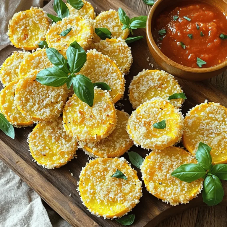 - 4 mittelgroße Sommersquash - 1 Tasse Panko-Paniermehl - 1/2 Tasse geriebener Parmesan - 1 Teelöffel Knoblauchpulver - 1 Teelöffel getrockneter Oregano - 1/2 Teelöffel Salz - 1/4 Teelöffel schwarzer Pfeffer - 2 große Eier - 1/4 Tasse Weizenmehl - Olivenölspray Ich liebe es, mit frischen Zutaten zu arbeiten. Die Sommersquash ist das Herzstück dieses Rezepts. Sie hat einen milden Geschmack und eine zarte Textur. Der Panko gibt der Panade einen tollen Crunch. Parmesan bringt den herzhaften Geschmack. Die Gewürze sind einfach, aber sie machen einen großen Unterschied. Knoblauchpulver und Oregano geben Tiefe. Salz und Pfeffer runden alles ab. Die Eier helfen, die Panade zu halten. Weizenmehl sorgt für einen perfekten Halt vor dem Wälzen. Es ist wichtig, gute Zutaten zu wählen. Frische Sommersquash macht den Geschmack besser. Wenn Sie die richtigen Gewürze verwenden, wird das Gericht lebendig. Dieses Rezept ist nicht nur lecker, sondern auch einfach. Es passt gut zu vielen Gerichten. Wenn Sie mehr über die Zubereitung erfahren möchten, schauen Sie sich das Full Recipe an. - Heizen Sie den Ofen auf 220°C vor. - Bereiten Sie das Backblech mit Backpapier vor. Zuerst ist es wichtig, dass der Ofen gut vorgeheizt ist. So wird die Kruste schön knusprig. Das Backpapier hilft, das Ankleben zu vermeiden. - Eier verquirlen und Zutaten in Schüsseln bereitstellen. - Wälzen der Squashscheiben in Mehl, Ei und Parmesan-Panko-Mischung. Beginnen Sie damit, die Eier in einer Schüssel zu verquirlen. In einer anderen Schüssel mischen Sie Panko, Parmesan, Knoblauchpulver, Oregano, Salz und Pfeffer. Das Mehl kommt in eine dritte Schüssel. Nehmen Sie eine Scheibe Sommersquash und tauchen Sie sie zuerst ins Mehl. Achten Sie darauf, dass beide Seiten gut bedeckt sind. Klopfen Sie überschüssiges Mehl ab. Tauchen Sie dann die Scheibe in das verquirlte Ei. Lassen Sie das überschüssige Ei abtropfen. Zum Schluss wälzen Sie die Scheibe in der Parmesan-Panko-Mischung. Drücken Sie sanft, damit die Panade gut haftet. - Squashscheiben im Ofen backen und dabei wenden. - Servierhinweise nach dem Backen. Legen Sie die panierten Scheiben auf das Backblech. Besprühen Sie die Oberseiten leicht mit Olivenölspray. Backen Sie sie 15 bis 20 Minuten. Wenden Sie die Scheiben nach der Hälfte der Zeit für eine gleichmäßige Bräunung. Nach dem Backen lassen Sie die Squashscheiben kurz abkühlen. Servieren Sie sie auf einem rustikalen Holzbrett und garnieren Sie sie mit frischen Kräutern. Ein kleines Schälchen marinara Sauce als Dip passt perfekt dazu. Um die Kruste perfekt zu machen, probieren Sie verschiedene Gewürze. Sie können Paprika, Thymian oder sogar Chili hinzufügen. Diese Variationen bringen mehr Geschmack. Die Konsistenz der Panade ist wichtig. Achten Sie darauf, die Squashscheiben gut in das Mehl zu tauchen. Klopfen Sie überschüssiges Mehl ab. Dies hilft der Panade, besser zu haften. Wenn Sie die Eier schlagen, sollten sie schön glatt sein. So bleibt die Panade gleichmäßig. Verwenden Sie frischen Parmesan für den besten Geschmack. Die Präsentation Ihres Gerichts kann Spaß machen. Servieren Sie die Parmesan-crusted Sommersquash auf einem rustikalen Holzbrett. Garnieren Sie es mit frischen Kräutern wie Basilikum oder Petersilie. Ein kleiner Dip kann das Gericht verbessern. Marinara-Sauce passt gut dazu und gibt einen tollen Geschmack. Dies macht das Essen noch einladender. Wenn Sie auf der Suche nach mehr Ideen sind, schauen Sie sich auch den Full Recipe an. {{image_4}} Für eine glutenfreie Version können Sie Panko durch glutenfreies Paniermehl ersetzen. Es gibt viele Marken, die glutenfreies Paniermehl anbieten. Achten Sie darauf, dass alle Zutaten auch glutenfrei sind. Diese Anpassung sorgt dafür, dass Sie den gleichen tollen Geschmack genießen können, ohne Gluten zu konsumieren. Möchten Sie eine vegane Option? Tauschen Sie die Eier durch Leinsamen oder Apfelmus aus. Diese helfen, die Panade zusammenzuhalten. Für den Käse können Sie einen veganen Parmesan verwenden. So bleibt der Geschmack lecker und die Zutaten rein pflanzlich. Sie können das Rezept leicht anpassen, indem Sie frische Kräuter hinzufügen. Basilikum, Thymian oder Petersilie passen wunderbar. Auch andere Käsesorten wie Pecorino oder Cheddar können eine neue Geschmacksrichtung bieten. Experimentieren Sie, um Ihre perfekte Mischung zu finden! Um die Parmesan-crusted Sommersquash frisch zu halten, sollten Sie sie im Kühlschrank lagern. Legen Sie die Reste in einen luftdichten Behälter. So bleiben sie knusprig und lecker. Die Reste halten sich bis zu drei Tage im Kühlschrank. Nach dieser Zeit kann der Geschmack und die Textur leiden. Um die Bissen wieder aufzuwärmen, nutzen Sie den Ofen. Heizen Sie ihn auf 180°C vor. Legen Sie die Bissen auf ein Backblech und backen Sie sie für etwa 10 Minuten. So bleiben sie knusprig. Vermeiden Sie die Mikrowelle, da sie die Bissen matschig macht. Wenn Sie die perfekte Knusprigkeit wollen, ist der Ofen immer die beste Wahl. Die Zubereitung dauert insgesamt 35 Minuten. Die Vorbereitungszeit beträgt 15 Minuten. In dieser Zeit schneiden Sie die Sommersquash und bereiten die Panade vor. Dann backen Sie die Squashscheiben für 15 bis 20 Minuten im Ofen. Diese schnelle Zubereitung macht das Gericht ideal für einen hektischen Tag oder als Beilage für ein festliches Essen. Ja, Sie können andere Gemüsesorten verwenden. Zum Beispiel sind Zucchini oder Auberginen gute Alternativen. Diese Gemüsesorten haben ähnliche Texturen und eignen sich gut für die Panade. Achten Sie darauf, die Scheiben gleichmäßig dick zu schneiden, damit sie gleichmäßig garen. Experimentieren Sie mit verschiedenen Gemüsearten, um neue Geschmäcker zu entdecken. Ja, dieses Rezept ist kinderfreundlich. Die Panade macht das Gemüse knusprig und lecker. Sie können die Gewürze anpassen, um es milder zu machen. Reduzieren Sie den Knoblauch und den Pfeffer, wenn Ihre Kinder empfindlich auf Gewürze reagieren. So genießen auch die Kleinen die leckeren Parmesan-crusted Sommersquash. In diesem Blogbeitrag haben wir die Zubereitung von Parmesan-crusted Sommersquash behandelt. Wir haben die Hauptzutaten und Gewürze, die Schritt-für-Schritt-Anleitung sowie Tipps zur perfekten Kruste besprochen. Außerdem gab es Variationen, um das Rezept anzupassen, und wichtige Aufbewahrungstipps. Die Kombination aus einfachen Zutaten und kreativen Ideen macht dieses Gericht vielseitig. Es ist ideal für jede Gelegenheit. Nutze die Tipps, um deine eigene Note hinzuzufügen und genieße die leckeren Ergebnisse!