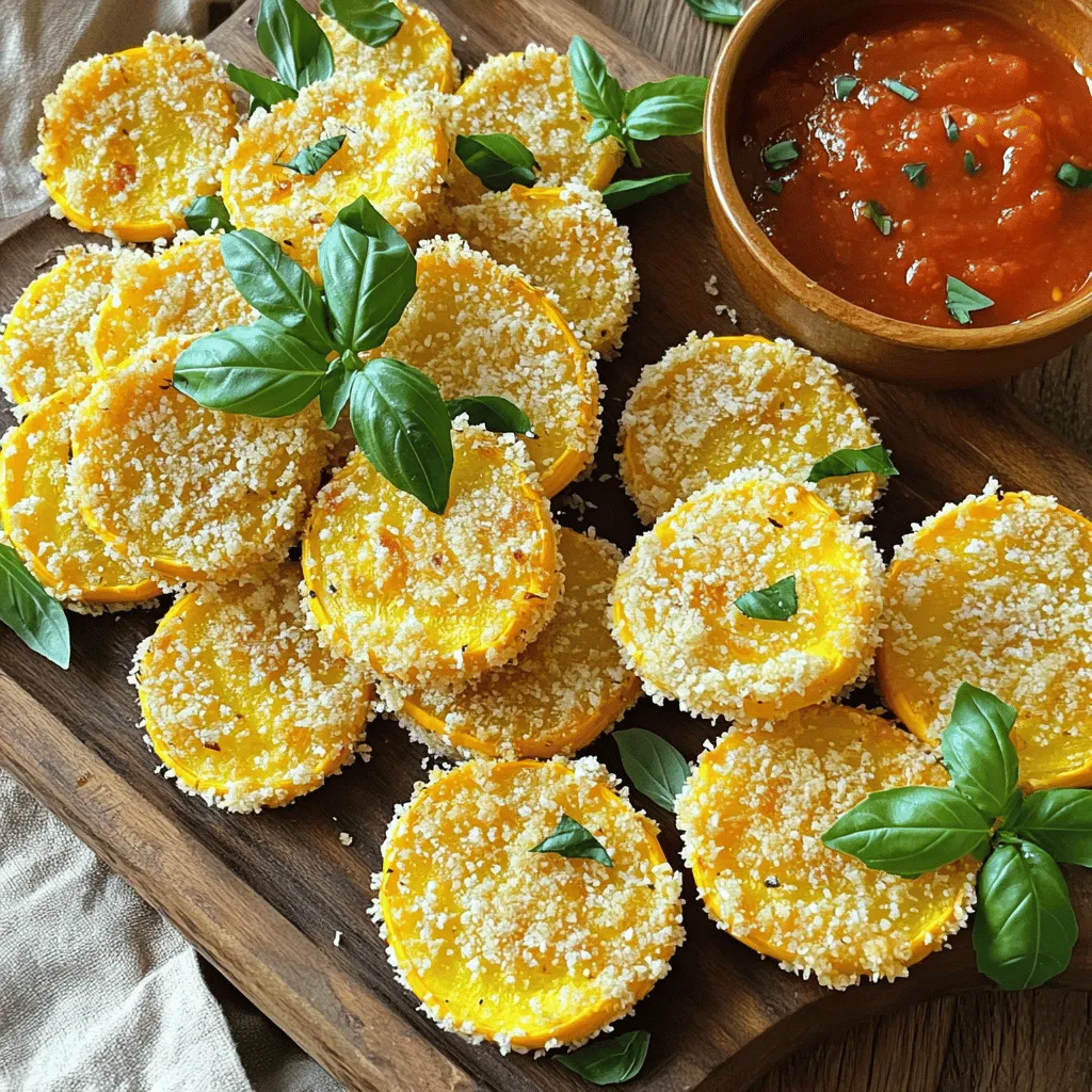 - 4 mittelgroße Sommersquash - 1 Tasse Panko-Paniermehl - 1/2 Tasse geriebener Parmesan - 1 Teelöffel Knoblauchpulver - 1 Teelöffel getrockneter Oregano - 1/2 Teelöffel Salz - 1/4 Teelöffel schwarzer Pfeffer - 2 große Eier - 1/4 Tasse Weizenmehl - Olivenölspray Ich liebe es, mit frischen Zutaten zu arbeiten. Die Sommersquash ist das Herzstück dieses Rezepts. Sie hat einen milden Geschmack und eine zarte Textur. Der Panko gibt der Panade einen tollen Crunch. Parmesan bringt den herzhaften Geschmack. Die Gewürze sind einfach, aber sie machen einen großen Unterschied. Knoblauchpulver und Oregano geben Tiefe. Salz und Pfeffer runden alles ab. Die Eier helfen, die Panade zu halten. Weizenmehl sorgt für einen perfekten Halt vor dem Wälzen. Es ist wichtig, gute Zutaten zu wählen. Frische Sommersquash macht den Geschmack besser. Wenn Sie die richtigen Gewürze verwenden, wird das Gericht lebendig. Dieses Rezept ist nicht nur lecker, sondern auch einfach. Es passt gut zu vielen Gerichten. Wenn Sie mehr über die Zubereitung erfahren möchten, schauen Sie sich das Full Recipe an. - Heizen Sie den Ofen auf 220°C vor. - Bereiten Sie das Backblech mit Backpapier vor. Zuerst ist es wichtig, dass der Ofen gut vorgeheizt ist. So wird die Kruste schön knusprig. Das Backpapier hilft, das Ankleben zu vermeiden. - Eier verquirlen und Zutaten in Schüsseln bereitstellen. - Wälzen der Squashscheiben in Mehl, Ei und Parmesan-Panko-Mischung. Beginnen Sie damit, die Eier in einer Schüssel zu verquirlen. In einer anderen Schüssel mischen Sie Panko, Parmesan, Knoblauchpulver, Oregano, Salz und Pfeffer. Das Mehl kommt in eine dritte Schüssel. Nehmen Sie eine Scheibe Sommersquash und tauchen Sie sie zuerst ins Mehl. Achten Sie darauf, dass beide Seiten gut bedeckt sind. Klopfen Sie überschüssiges Mehl ab. Tauchen Sie dann die Scheibe in das verquirlte Ei. Lassen Sie das überschüssige Ei abtropfen. Zum Schluss wälzen Sie die Scheibe in der Parmesan-Panko-Mischung. Drücken Sie sanft, damit die Panade gut haftet. - Squashscheiben im Ofen backen und dabei wenden. - Servierhinweise nach dem Backen. Legen Sie die panierten Scheiben auf das Backblech. Besprühen Sie die Oberseiten leicht mit Olivenölspray. Backen Sie sie 15 bis 20 Minuten. Wenden Sie die Scheiben nach der Hälfte der Zeit für eine gleichmäßige Bräunung. Nach dem Backen lassen Sie die Squashscheiben kurz abkühlen. Servieren Sie sie auf einem rustikalen Holzbrett und garnieren Sie sie mit frischen Kräutern. Ein kleines Schälchen marinara Sauce als Dip passt perfekt dazu. Um die Kruste perfekt zu machen, probieren Sie verschiedene Gewürze. Sie können Paprika, Thymian oder sogar Chili hinzufügen. Diese Variationen bringen mehr Geschmack. Die Konsistenz der Panade ist wichtig. Achten Sie darauf, die Squashscheiben gut in das Mehl zu tauchen. Klopfen Sie überschüssiges Mehl ab. Dies hilft der Panade, besser zu haften. Wenn Sie die Eier schlagen, sollten sie schön glatt sein. So bleibt die Panade gleichmäßig. Verwenden Sie frischen Parmesan für den besten Geschmack. Die Präsentation Ihres Gerichts kann Spaß machen. Servieren Sie die Parmesan-crusted Sommersquash auf einem rustikalen Holzbrett. Garnieren Sie es mit frischen Kräutern wie Basilikum oder Petersilie. Ein kleiner Dip kann das Gericht verbessern. Marinara-Sauce passt gut dazu und gibt einen tollen Geschmack. Dies macht das Essen noch einladender. Wenn Sie auf der Suche nach mehr Ideen sind, schauen Sie sich auch den Full Recipe an. {{image_4}} Für eine glutenfreie Version können Sie Panko durch glutenfreies Paniermehl ersetzen. Es gibt viele Marken, die glutenfreies Paniermehl anbieten. Achten Sie darauf, dass alle Zutaten auch glutenfrei sind. Diese Anpassung sorgt dafür, dass Sie den gleichen tollen Geschmack genießen können, ohne Gluten zu konsumieren. Möchten Sie eine vegane Option? Tauschen Sie die Eier durch Leinsamen oder Apfelmus aus. Diese helfen, die Panade zusammenzuhalten. Für den Käse können Sie einen veganen Parmesan verwenden. So bleibt der Geschmack lecker und die Zutaten rein pflanzlich. Sie können das Rezept leicht anpassen, indem Sie frische Kräuter hinzufügen. Basilikum, Thymian oder Petersilie passen wunderbar. Auch andere Käsesorten wie Pecorino oder Cheddar können eine neue Geschmacksrichtung bieten. Experimentieren Sie, um Ihre perfekte Mischung zu finden! Um die Parmesan-crusted Sommersquash frisch zu halten, sollten Sie sie im Kühlschrank lagern. Legen Sie die Reste in einen luftdichten Behälter. So bleiben sie knusprig und lecker. Die Reste halten sich bis zu drei Tage im Kühlschrank. Nach dieser Zeit kann der Geschmack und die Textur leiden. Um die Bissen wieder aufzuwärmen, nutzen Sie den Ofen. Heizen Sie ihn auf 180°C vor. Legen Sie die Bissen auf ein Backblech und backen Sie sie für etwa 10 Minuten. So bleiben sie knusprig. Vermeiden Sie die Mikrowelle, da sie die Bissen matschig macht. Wenn Sie die perfekte Knusprigkeit wollen, ist der Ofen immer die beste Wahl. Die Zubereitung dauert insgesamt 35 Minuten. Die Vorbereitungszeit beträgt 15 Minuten. In dieser Zeit schneiden Sie die Sommersquash und bereiten die Panade vor. Dann backen Sie die Squashscheiben für 15 bis 20 Minuten im Ofen. Diese schnelle Zubereitung macht das Gericht ideal für einen hektischen Tag oder als Beilage für ein festliches Essen. Ja, Sie können andere Gemüsesorten verwenden. Zum Beispiel sind Zucchini oder Auberginen gute Alternativen. Diese Gemüsesorten haben ähnliche Texturen und eignen sich gut für die Panade. Achten Sie darauf, die Scheiben gleichmäßig dick zu schneiden, damit sie gleichmäßig garen. Experimentieren Sie mit verschiedenen Gemüsearten, um neue Geschmäcker zu entdecken. Ja, dieses Rezept ist kinderfreundlich. Die Panade macht das Gemüse knusprig und lecker. Sie können die Gewürze anpassen, um es milder zu machen. Reduzieren Sie den Knoblauch und den Pfeffer, wenn Ihre Kinder empfindlich auf Gewürze reagieren. So genießen auch die Kleinen die leckeren Parmesan-crusted Sommersquash. In diesem Blogbeitrag haben wir die Zubereitung von Parmesan-crusted Sommersquash behandelt. Wir haben die Hauptzutaten und Gewürze, die Schritt-für-Schritt-Anleitung sowie Tipps zur perfekten Kruste besprochen. Außerdem gab es Variationen, um das Rezept anzupassen, und wichtige Aufbewahrungstipps. Die Kombination aus einfachen Zutaten und kreativen Ideen macht dieses Gericht vielseitig. Es ist ideal für jede Gelegenheit. Nutze die Tipps, um deine eigene Note hinzuzufügen und genieße die leckeren Ergebnisse!