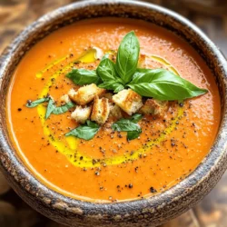 Um eine leckere cremige Tomaten-Basilikum-Suppe zu machen, brauchst du folgende Zutaten: - 4 Tassen reife Tomaten, gehackt (ca. 4-6 mittelgroße Tomaten) - 1 mittelgroße Zwiebel, gewürfelt - 3 Knoblauchzehen, fein gehackt - 2 Tassen Gemüsebrühe - 1 Tasse Schlagsahne (oder Kokoscreme für eine milchfreie Option) - 1/2 Tasse frische Basilikumblätter, fest gepackt - 2 Esslöffel Olivenöl - 1 Teelöffel Zucker (um die Säure auszugleichen) - Salz und Pfeffer nach Geschmack - Optional: Croutons und extra Basilikum zur Garnierung Diese Zutaten sind wichtig, um den vollen Geschmack der Suppe zu erreichen. Die frischen Tomaten bringen Süße und Säure. Die Zwiebel und der Knoblauch sorgen für Tiefe. Ich empfehle, frische und reife Tomaten zu verwenden. Sie machen die Suppe süßer und geschmackvoller. Achte darauf, dass die Basilikumblätter frisch sind. Sie geben der Suppe einen tollen Duft und Geschmack. Du kannst auch Bio-Produkte wählen, um die beste Qualität zu bekommen. Wenn du eine vegane oder milchfreie Suppe machen willst, ersetze die Schlagsahne durch Kokoscreme. Diese Variante gibt der Suppe eine cremige Textur und einen feinen Kokosgeschmack. Du kannst auch Cashew-Creme als Alternative verwenden. Sie ist einfach herzustellen und passt gut zu Tomaten. Diese Optionen machen die Suppe für alle zugänglich und lecker. Für die vollständige Zubereitung schau dir das [Full Recipe] an. Um eine cremige Tomaten-Basilikum-Suppe zu machen, müssen wir zuerst alles vorbereiten. Du brauchst frische Zutaten für den besten Geschmack. Hier sind die Schritte: - Zutaten sammeln: Stelle sicher, dass du alle Zutaten hast. Das sind reife Tomaten, Zwiebel, Knoblauch, Gemüsebrühe, Schlagsahne, Basilikum und Olivenöl. - Tomaten hacken: Schneide die Tomaten in kleine Stücke. So kochen sie schneller und schmecken besser. - Zwiebel und Knoblauch vorbereiten: Würfle die Zwiebel und hacke den Knoblauch fein. Diese geben der Suppe viel Geschmack. Jetzt geht es ans Kochen! Folge diesen einfachen Schritten: 1. Erhitze das Olivenöl in einem großen Topf. 2. Füge die gewürfelte Zwiebel hinzu. Dünste sie, bis sie glasig ist. 3. Rühre den Knoblauch ein und koche ihn kurz mit. Achte darauf, dass er nicht anbrennt. 4. Gib die gehackten Tomaten, Zucker, Salz und Pfeffer in den Topf. Lass alles kochen, bis die Tomaten weich sind. 5. Gieße die Gemüsebrühe hinein und bringe die Mischung zum Köcheln. Lass die Suppe dann 15-20 Minuten köcheln. Jetzt wird die Suppe schön cremig! So geht’s weiter: - Nimm den Topf vom Herd. - Püriere die Mischung mit einem Stabmixer, bis sie glatt ist. - Stelle den Topf wieder auf niedrige Hitze. - Rühre die Schlagsahne und die Basilikumblätter ein. Lass alles sanft erhitzen. - Schmecke die Suppe ab und passe die Gewürze an. Serviere die Suppe warm. Du kannst sie mit Croutons und frischem Basilikum garnieren. Diese cremige Tomaten-Basilikum-Suppe ist einfach und lecker! Für das vollständige Rezept schaue dir die [Full Recipe] an. Um den Geschmack deiner Suppe zu verbessern, kannst du verschiedene Gewürze und Kräuter verwenden. Ein Hauch von Oregano oder Thymian passt gut zu Tomaten. Du kannst auch eine Prise Chili für etwas Schärfe hinzufügen. Experimentiere mit frischen Kräutern wie Petersilie oder Schnittlauch. Sie bringen eine frische Note. Ein Spritzer Zitronensaft zum Schluss hebt die Aromen hervor. Wenn du mehr Tiefe willst, probiere geräuchertes Paprikapulver. Die Konsistenz ist wichtig für das Esserlebnis. Wenn du eine dickere Suppe magst, püriere sie weniger. Du kannst auch weniger Brühe verwenden. Für eine dünnere Suppe füge mehr Brühe oder Wasser hinzu. Ein weiteres Geheimnis ist das Hinzufügen von mehr Schlagsahne. Das macht die Suppe reichhaltiger. Du kannst auch gekochte Kartoffeln pürieren, um die Suppe zu verdicken. Für eine schöne Präsentation serviere die Suppe in tiefen Tellern. Garniere sie mit frischen Basilikumblättern. Croutons bringen einen tollen Crunch. Ein Spritzer Olivenöl oben drauf macht die Suppe noch ansprechender. Verwende eine schöne Suppenschüssel, um einen einladenden Look zu schaffen. Denke daran, die Suppe heiß zu servieren. So schmeckt sie am besten. Du kannst auch eine Scheibe frisches Brot dazu reichen. Das rundet dein Gericht perfekt ab. {{image_4}} Für eine vegane Version dieser cremigen Tomaten-Basilikum-Suppe, ersetze die Schlagsahne durch Kokoscreme. Kokoscreme gibt der Suppe eine schöne, cremige Textur und einen leichten Kokosgeschmack. Diese Variante ist ideal, wenn du auf tierische Produkte verzichten möchtest. Du kannst auch etwas Cashewcreme verwenden, um eine ähnliche Konsistenz zu erreichen. Die gute Nachricht ist, dass diese Suppe von Natur aus glutenfrei ist! Achte jedoch darauf, dass deine Gemüsebrühe auch glutenfrei ist. Viele Marken bieten glutenfreie Brühen an. Du musst dir also keine Sorgen machen, dass du Gluten zu dir nimmst. Um deiner Suppe noch mehr Geschmack zu verleihen, kannst du verschiedene Zutaten hinzufügen. Ein Teelöffel geräuchertes Paprikapulver bringt eine rauchige Note. Wenn du es scharf magst, füge eine Prise Cayennepfeffer oder frische Chilis hinzu. Auch geröstete Paprika oder eine Handvoll Spinat können die Suppe aufpeppen. Diese Zutaten bieten dir neue Geschmackserlebnisse und machen die Suppe besonders. Du kannst die Suppe nach deinem Geschmack anpassen und kreativ werden. Wenn du mehr Ideen möchtest, schau dir das Full Recipe an! Die cremige Tomaten-Basilikum-Suppe lässt sich gut im Kühlschrank aufbewahren. Fülle sie in einen luftdichten Behälter. So bleibt die Suppe frisch. Du kannst sie bis zu fünf Tage im Kühlschrank lagern. Achte darauf, die Suppe abkühlen zu lassen, bevor du sie in den Kühlschrank stellst. Dadurch vermeidest du Kondensation und Schimmelbildung. Wenn du mehr Suppe gemacht hast, kannst du sie einfrieren. Fülle die Suppe in gefriergeeignete Behälter oder Gefrierbeutel. Lasse etwas Platz, da sich die Suppe beim Einfrieren ausdehnt. Die Suppe hält sich bis zu drei Monate im Gefrierfach. Wenn du bereit bist, sie zu essen, lasse sie über Nacht im Kühlschrank auftauen. So bleibt der Geschmack erhalten. Um den besten Geschmack zurückzubringen, erwärme die Suppe langsam. Du kannst sie in einem Topf bei niedriger Hitze auf dem Herd erhitzen. Rühre dabei häufig um, damit sie nicht anbrennt. Alternativ kannst du die Suppe auch in der Mikrowelle aufwärmen. Verwende eine mikrowellengeeignete Schüssel und decke sie ab. Erhitze sie in kurzen Intervallen und rühre zwischendurch um. Füge bei Bedarf etwas Wasser oder Brühe hinzu, um die Konsistenz anzupassen. So bleibt die Suppe cremig und lecker. Die cremige Tomaten-Basilikum-Suppe hält sich 3 bis 5 Tage im Kühlschrank. Achte darauf, sie in einem luftdichten Behälter zu lagern. Vor dem Essen solltest du die Suppe gut umrühren und gegebenenfalls aufwärmen. So bleibt der Geschmack frisch und lecker. Ja, du kannst die Suppe im Voraus zubereiten. Das macht das Kochen an einem geschäftigen Tag viel einfacher. Koche die Suppe, lasse sie abkühlen und bewahre sie dann im Kühlschrank auf. Du kannst sie auch vor dem großen Tag zubereiten und dann nur noch aufwärmen. Diese Suppe schmeckt sogar noch besser, wenn sie etwas Zeit hatte, um die Aromen zu verbinden. Die beste cremige Tomaten-Basilikum-Suppe findest du oft in kleinen, gemütlichen Restaurants oder Cafés. Diese Orte legen oft Wert auf frische, lokale Zutaten. Wenn du selbst kochen möchtest, findest du die vollständige Rezeptur in diesem Artikel. So kannst du die köstliche Suppe jederzeit genießen, wann immer du Lust darauf hast. Die cremige Tomaten-Basilikum-Suppe ist einfach zuzubereiten. Wir haben die besten Zutaten besprochen, einschließlich frischer Produkte und veganer Varianten. Die Schritt-für-Schritt-Anleitung hilft dir, die Suppe perfekt g zuzubereiten. Mit unseren Tipps und Tricks kannst du den Geschmack und die Konsistenz anpassen. Vergiss nicht, die verschiedenen Variationen auszuprobieren. Lagere die Suppe richtig, um ihren Geschmack zu erhalten. Mit diesen Informationen kannst du diese leckere Suppe genießen, wann immer du willst. Viel Spaß beim Kochen und Experimentieren!
