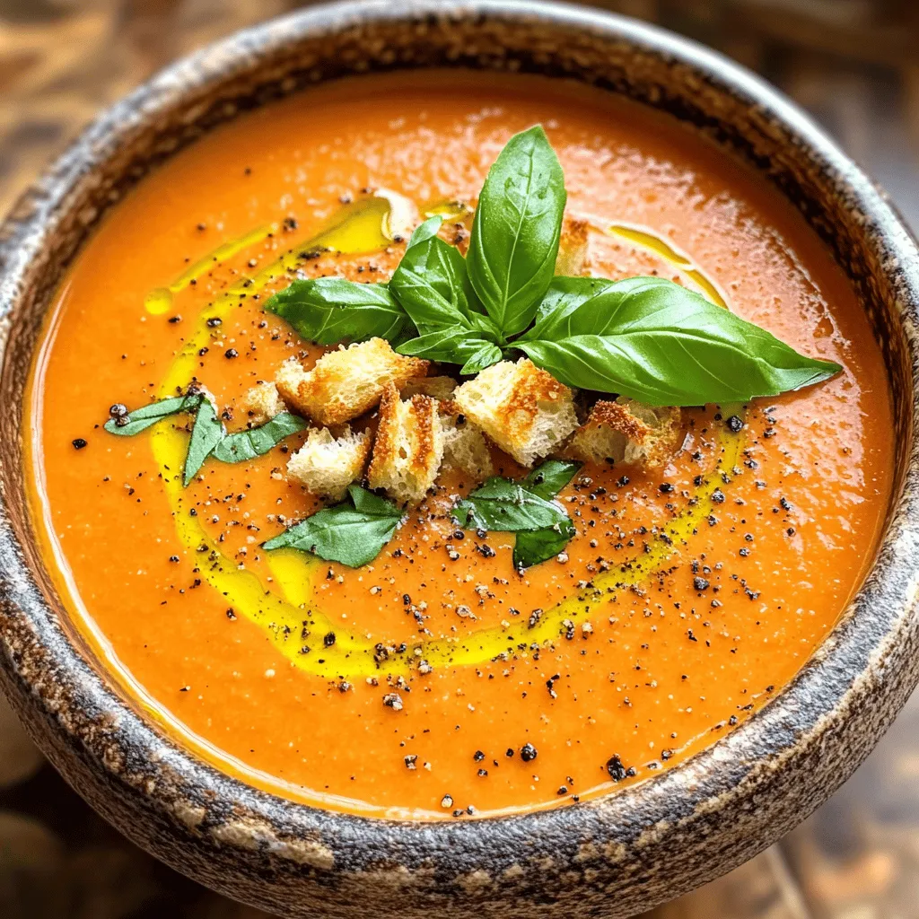 Um eine leckere cremige Tomaten-Basilikum-Suppe zu machen, brauchst du folgende Zutaten: - 4 Tassen reife Tomaten, gehackt (ca. 4-6 mittelgroße Tomaten) - 1 mittelgroße Zwiebel, gewürfelt - 3 Knoblauchzehen, fein gehackt - 2 Tassen Gemüsebrühe - 1 Tasse Schlagsahne (oder Kokoscreme für eine milchfreie Option) - 1/2 Tasse frische Basilikumblätter, fest gepackt - 2 Esslöffel Olivenöl - 1 Teelöffel Zucker (um die Säure auszugleichen) - Salz und Pfeffer nach Geschmack - Optional: Croutons und extra Basilikum zur Garnierung Diese Zutaten sind wichtig, um den vollen Geschmack der Suppe zu erreichen. Die frischen Tomaten bringen Süße und Säure. Die Zwiebel und der Knoblauch sorgen für Tiefe. Ich empfehle, frische und reife Tomaten zu verwenden. Sie machen die Suppe süßer und geschmackvoller. Achte darauf, dass die Basilikumblätter frisch sind. Sie geben der Suppe einen tollen Duft und Geschmack. Du kannst auch Bio-Produkte wählen, um die beste Qualität zu bekommen. Wenn du eine vegane oder milchfreie Suppe machen willst, ersetze die Schlagsahne durch Kokoscreme. Diese Variante gibt der Suppe eine cremige Textur und einen feinen Kokosgeschmack. Du kannst auch Cashew-Creme als Alternative verwenden. Sie ist einfach herzustellen und passt gut zu Tomaten. Diese Optionen machen die Suppe für alle zugänglich und lecker. Für die vollständige Zubereitung schau dir das [Full Recipe] an. Um eine cremige Tomaten-Basilikum-Suppe zu machen, müssen wir zuerst alles vorbereiten. Du brauchst frische Zutaten für den besten Geschmack. Hier sind die Schritte: - Zutaten sammeln: Stelle sicher, dass du alle Zutaten hast. Das sind reife Tomaten, Zwiebel, Knoblauch, Gemüsebrühe, Schlagsahne, Basilikum und Olivenöl. - Tomaten hacken: Schneide die Tomaten in kleine Stücke. So kochen sie schneller und schmecken besser. - Zwiebel und Knoblauch vorbereiten: Würfle die Zwiebel und hacke den Knoblauch fein. Diese geben der Suppe viel Geschmack. Jetzt geht es ans Kochen! Folge diesen einfachen Schritten: 1. Erhitze das Olivenöl in einem großen Topf. 2. Füge die gewürfelte Zwiebel hinzu. Dünste sie, bis sie glasig ist. 3. Rühre den Knoblauch ein und koche ihn kurz mit. Achte darauf, dass er nicht anbrennt. 4. Gib die gehackten Tomaten, Zucker, Salz und Pfeffer in den Topf. Lass alles kochen, bis die Tomaten weich sind. 5. Gieße die Gemüsebrühe hinein und bringe die Mischung zum Köcheln. Lass die Suppe dann 15-20 Minuten köcheln. Jetzt wird die Suppe schön cremig! So geht’s weiter: - Nimm den Topf vom Herd. - Püriere die Mischung mit einem Stabmixer, bis sie glatt ist. - Stelle den Topf wieder auf niedrige Hitze. - Rühre die Schlagsahne und die Basilikumblätter ein. Lass alles sanft erhitzen. - Schmecke die Suppe ab und passe die Gewürze an. Serviere die Suppe warm. Du kannst sie mit Croutons und frischem Basilikum garnieren. Diese cremige Tomaten-Basilikum-Suppe ist einfach und lecker! Für das vollständige Rezept schaue dir die [Full Recipe] an. Um den Geschmack deiner Suppe zu verbessern, kannst du verschiedene Gewürze und Kräuter verwenden. Ein Hauch von Oregano oder Thymian passt gut zu Tomaten. Du kannst auch eine Prise Chili für etwas Schärfe hinzufügen. Experimentiere mit frischen Kräutern wie Petersilie oder Schnittlauch. Sie bringen eine frische Note. Ein Spritzer Zitronensaft zum Schluss hebt die Aromen hervor. Wenn du mehr Tiefe willst, probiere geräuchertes Paprikapulver. Die Konsistenz ist wichtig für das Esserlebnis. Wenn du eine dickere Suppe magst, püriere sie weniger. Du kannst auch weniger Brühe verwenden. Für eine dünnere Suppe füge mehr Brühe oder Wasser hinzu. Ein weiteres Geheimnis ist das Hinzufügen von mehr Schlagsahne. Das macht die Suppe reichhaltiger. Du kannst auch gekochte Kartoffeln pürieren, um die Suppe zu verdicken. Für eine schöne Präsentation serviere die Suppe in tiefen Tellern. Garniere sie mit frischen Basilikumblättern. Croutons bringen einen tollen Crunch. Ein Spritzer Olivenöl oben drauf macht die Suppe noch ansprechender. Verwende eine schöne Suppenschüssel, um einen einladenden Look zu schaffen. Denke daran, die Suppe heiß zu servieren. So schmeckt sie am besten. Du kannst auch eine Scheibe frisches Brot dazu reichen. Das rundet dein Gericht perfekt ab. {{image_4}} Für eine vegane Version dieser cremigen Tomaten-Basilikum-Suppe, ersetze die Schlagsahne durch Kokoscreme. Kokoscreme gibt der Suppe eine schöne, cremige Textur und einen leichten Kokosgeschmack. Diese Variante ist ideal, wenn du auf tierische Produkte verzichten möchtest. Du kannst auch etwas Cashewcreme verwenden, um eine ähnliche Konsistenz zu erreichen. Die gute Nachricht ist, dass diese Suppe von Natur aus glutenfrei ist! Achte jedoch darauf, dass deine Gemüsebrühe auch glutenfrei ist. Viele Marken bieten glutenfreie Brühen an. Du musst dir also keine Sorgen machen, dass du Gluten zu dir nimmst. Um deiner Suppe noch mehr Geschmack zu verleihen, kannst du verschiedene Zutaten hinzufügen. Ein Teelöffel geräuchertes Paprikapulver bringt eine rauchige Note. Wenn du es scharf magst, füge eine Prise Cayennepfeffer oder frische Chilis hinzu. Auch geröstete Paprika oder eine Handvoll Spinat können die Suppe aufpeppen. Diese Zutaten bieten dir neue Geschmackserlebnisse und machen die Suppe besonders. Du kannst die Suppe nach deinem Geschmack anpassen und kreativ werden. Wenn du mehr Ideen möchtest, schau dir das Full Recipe an! Die cremige Tomaten-Basilikum-Suppe lässt sich gut im Kühlschrank aufbewahren. Fülle sie in einen luftdichten Behälter. So bleibt die Suppe frisch. Du kannst sie bis zu fünf Tage im Kühlschrank lagern. Achte darauf, die Suppe abkühlen zu lassen, bevor du sie in den Kühlschrank stellst. Dadurch vermeidest du Kondensation und Schimmelbildung. Wenn du mehr Suppe gemacht hast, kannst du sie einfrieren. Fülle die Suppe in gefriergeeignete Behälter oder Gefrierbeutel. Lasse etwas Platz, da sich die Suppe beim Einfrieren ausdehnt. Die Suppe hält sich bis zu drei Monate im Gefrierfach. Wenn du bereit bist, sie zu essen, lasse sie über Nacht im Kühlschrank auftauen. So bleibt der Geschmack erhalten. Um den besten Geschmack zurückzubringen, erwärme die Suppe langsam. Du kannst sie in einem Topf bei niedriger Hitze auf dem Herd erhitzen. Rühre dabei häufig um, damit sie nicht anbrennt. Alternativ kannst du die Suppe auch in der Mikrowelle aufwärmen. Verwende eine mikrowellengeeignete Schüssel und decke sie ab. Erhitze sie in kurzen Intervallen und rühre zwischendurch um. Füge bei Bedarf etwas Wasser oder Brühe hinzu, um die Konsistenz anzupassen. So bleibt die Suppe cremig und lecker. Die cremige Tomaten-Basilikum-Suppe hält sich 3 bis 5 Tage im Kühlschrank. Achte darauf, sie in einem luftdichten Behälter zu lagern. Vor dem Essen solltest du die Suppe gut umrühren und gegebenenfalls aufwärmen. So bleibt der Geschmack frisch und lecker. Ja, du kannst die Suppe im Voraus zubereiten. Das macht das Kochen an einem geschäftigen Tag viel einfacher. Koche die Suppe, lasse sie abkühlen und bewahre sie dann im Kühlschrank auf. Du kannst sie auch vor dem großen Tag zubereiten und dann nur noch aufwärmen. Diese Suppe schmeckt sogar noch besser, wenn sie etwas Zeit hatte, um die Aromen zu verbinden. Die beste cremige Tomaten-Basilikum-Suppe findest du oft in kleinen, gemütlichen Restaurants oder Cafés. Diese Orte legen oft Wert auf frische, lokale Zutaten. Wenn du selbst kochen möchtest, findest du die vollständige Rezeptur in diesem Artikel. So kannst du die köstliche Suppe jederzeit genießen, wann immer du Lust darauf hast. Die cremige Tomaten-Basilikum-Suppe ist einfach zuzubereiten. Wir haben die besten Zutaten besprochen, einschließlich frischer Produkte und veganer Varianten. Die Schritt-für-Schritt-Anleitung hilft dir, die Suppe perfekt g zuzubereiten. Mit unseren Tipps und Tricks kannst du den Geschmack und die Konsistenz anpassen. Vergiss nicht, die verschiedenen Variationen auszuprobieren. Lagere die Suppe richtig, um ihren Geschmack zu erhalten. Mit diesen Informationen kannst du diese leckere Suppe genießen, wann immer du willst. Viel Spaß beim Kochen und Experimentieren!