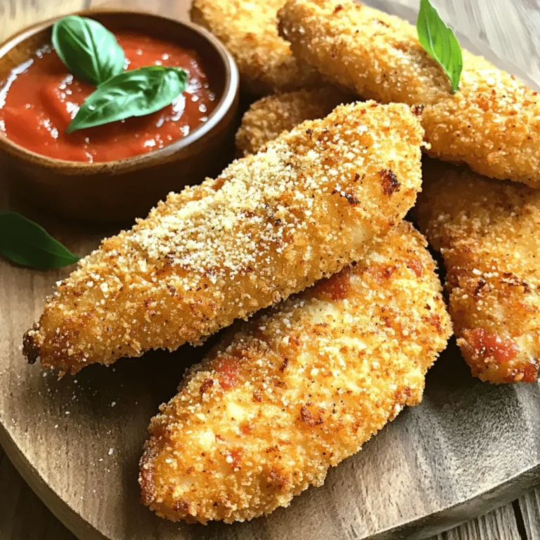 Für leckere Crispy Chicken Parmesan Tenders benötigst du einige einfache Zutaten. Diese Zutaten sorgen für den perfekten Geschmack und die Knusprigkeit. Hier ist die Liste: - 450 g Hähnchenbrustfilets - 240 ml Semmelbrösel (am besten Panko für extra Knusprigkeit) - 50 g geriebener Parmesan-Käse - 1 Teelöffel Knoblauchpulver - 1 Teelöffel getrockneter Oregano - 1 Teelöffel getrocknetes Basilikum - 2 große Eier - 120 g Allzweckmehl - Salz und Pfeffer nach Geschmack - 240 ml Marinara-Sauce (zum Dippen) - Frische Basilikumblätter zur Garnitur - Olivenöl zum Braten Frische Hähnchenbrustfilets sind wichtig für dieses Rezept. Achte darauf, dass die Hähnchenbrust hellrosa und fest ist. Sie sollte keinen unangenehmen Geruch haben. Kaufe am besten Hähnchen von vertrauenswürdigen Quellen. Wenn du das Hähnchen im Kühlschrank aufbewahrst, nutze es innerhalb von zwei Tagen. So bleibt es frisch und lecker. Panko ist eine spezielle Art von Semmelbröseln. Sie sind gröber als normale Brösel. Das macht die Panade knuspriger. Wenn du Panko verwendest, wirst du den Unterschied sofort bemerken. Die Hähnchenstücke werden außen schön knusprig und innen zart. Es ist ein einfacher Trick, um deine Crispy Chicken Parmesan Tenders noch besser zu machen. Zuerst spülst du die Hähnchenbrustfilets unter kaltem Wasser ab. Danach tupfst du sie mit Küchenpapier trocken. Die Hähnchenstücke würzt du von beiden Seiten mit Salz und Pfeffer. Dies gibt dem Fleisch Geschmack und macht es lecker. Nun bereitest du drei flache Schalen vor. In die erste Schale gibst du das Allzweckmehl. In die zweite Schale verquirlst du die beiden Eier, bis sie gut vermischt sind. In die dritte Schale kommen die Semmelbrösel, der geriebene Parmesan, das Knoblauchpulver, Oregano und Basilikum. Mische alles gut, damit die Gewürze gleichmäßig verteilt sind. Jetzt kommt der spaßige Teil! Du tauchst jedes Hähnchenstück zuerst in das Mehl. Klopfe das überschüssige Mehl ab. Danach tauchst du es in die Eiermixtur. Zum Schluss wälzt du es in der Semmelbrösel-Parmesan-Mischung. Drücke leicht, damit die Panade gut haftet. Lege die panierten Stücke beiseite. Erhitze in einer großen Pfanne das Olivenöl auf mittlerer Hitze. Das Öl sollte etwa 0,5 cm tief sein. Wenn das Öl heiß ist, legst du die panierten Hähnchenstreifen vorsichtig in die Pfanne. Achte darauf, die Pfanne nicht zu überfüllen. Brate die Hähnchenstücke 3-4 Minuten auf jeder Seite, bis sie goldbraun sind. Danach nimmst du sie heraus und lässt sie auf Küchenpapier abtropfen. Richte die knusprigen Hähnchen-Parmesan-Streifen auf einer Servierplatte an. Dazu servierst du eine kleine Schale mit warmer Marinara-Sauce zum Dippen. Garniere das Gericht mit frischen Basilikumblättern, um Farbe und Geschmack hinzuzufügen. So wird dein Gericht noch ansprechender! Um die Panade knusprig zu halten, nutze Panko. Panko sind große, luftige Brösel. Diese helfen, dass die Hähnchenstreifen schön knusprig werden. Achte darauf, das Öl gut zu erhitzen, bevor du das Hähnchen reinlegst. Zu kaltes Öl macht die Panade matschig. Wenn du die Hähnchenstreifen brätst, lasse genug Platz in der Pfanne. Überfüllte Pfannen senken die Temperatur des Öls und machen die Panade weich. Um das Hähnchen gleichmäßig zu braten, schneide es in gleichmäßige Streifen. Alle Stücke sollten gleich dick sein. So garen sie gleichmäßig. Drehe die Hähnchenstreifen regelmäßig um. Dadurch wird jede Seite schön goldbraun. Achte darauf, die Hitze nicht zu hoch einzustellen. Zuviel Hitze kann die Panade verbrennen, bevor das Hähnchen durch ist. Ein gutes Zeitmanagement macht das Kochen einfacher. Bereite zuerst alle Zutaten vor. Das spart Zeit, wenn du mit dem Braten beginnst. Während das Hähnchen brät, kannst du die Marinara-Sauce aufwärmen. Du hast so alles gleichzeitig fertig. Plane deine Schritte gut, um Stress zu vermeiden. Halte die Küche sauber, während du kochst. Das macht den Abwasch nach dem Essen leichter. {{image_4}} Wenn du gesünder essen möchtest, gibt es tolle Alternativen für die Panade. Statt Semmelbrösel kannst du auch Haferflocken verwenden. Sie bieten einen guten Crunch und sind nahrhaft. Eine andere Option sind gemahlene Mandeln. Diese sind glutenfrei und geben einen feinen Geschmack. Du kannst auch eine Mischung aus geriebenem Käse und Nüssen ausprobieren. So bleibt der Geschmack großartig und die Panade wird knusprig. Du kannst das Rezept leicht anpassen, um verschiedene Geschmäcker zu treffen. Magst du es scharf? Füge etwas Cayennepfeffer oder Paprika zur Panade hinzu. Für eine italienische Note kannst du mehr Oregano oder frischen Basilikum verwenden. Wenn du einen Käseliebhaber bist, probiere verschiedene Käsesorten wie Mozzarella oder Gouda. So machst du die Crispy Chicken Parmesan Tenders noch leckerer und interessanter. Die richtigen Beilagen machen das Gericht perfekt. Serviere die Crispy Chicken Parmesan Tenders mit einem frischen Salat. Ein einfacher grüner Salat passt gut dazu. Du kannst auch Pasta mit einer leichten Tomatensauce wählen. Für eine herzhaftere Beilage eignen sich auch geröstete Gemüse wie Zucchini oder Paprika. Diese ergänzen das Gericht und machen es noch schmackhafter. Wenn du Reste von den Crispy Chicken Parmesan Tenders hast, lass sie zuerst abkühlen. Packe die Hähnchenstreifen in einen luftdichten Behälter. Du kannst auch Frischhaltefolie verwenden. Lagere sie im Kühlschrank. So bleiben sie frisch und lecker. Um die Reste aufzuwärmen, benutze den Ofen. Heize ihn auf 180 Grad vor. Lege die Hähnchenstreifen auf ein Backblech. Backe sie für 10-15 Minuten. So bleiben sie knusprig und warm. Mikrowellen sind nicht ideal, da die Panade weich werden kann. Im Kühlschrank sind die Hähnchenstreifen bis zu drei Tage haltbar. Im Gefrierfach halten sie bis zu drei Monate. Wenn du sie einfrierst, stelle sicher, dass sie gut verpackt sind. So verhinderst du Gefrierbrand. Es dauert etwa 15 Minuten, um die Zutaten vorzubereiten. Das Braten braucht etwa 30 Minuten. Also sind wir bei etwa 45 Minuten insgesamt. Diese Zeit ist schnell um, und du wirst nicht enttäuscht sein. Ja, du kannst die Hähnchenstücke im Voraus panieren. Bewahre sie im Kühlschrank auf und brate sie kurz vor dem Servieren. So sparst du Zeit und hast dennoch frische, knusprige Tenders. Zu Crispy Chicken Parmesan Tenders passt Marinara-Sauce sehr gut. Du kannst auch Knoblauchsoße oder süß-sauren Dip ausprobieren. Jeder Dip bringt einen neuen Geschmack, den du lieben wirst. Das ursprüngliche Rezept ist nicht glutenfrei. Du kannst jedoch glutenfreie Semmelbrösel und Mehl verwenden. So wird das Gericht für alle glutenempfindlichen Personen geeignet. Das Rezept für Crispy Chicken Parmesan Tenders stammt aus meiner Erfahrung in der Küche. Ich habe es so angepasst, dass es einfach und lecker ist. Du kannst das vollständige Rezept hier finden: [Full Recipe]. Zusammenfassend haben wir die Zutaten, die Zubereitung und die Tipps für Crispy Chicken Parmesan Tenders betrachtet. Ich habe dir gezeigt, wie du frisches Hähnchen auswählst und Panko richtig nutzt. Du weißt jetzt, wie du die Panade knusprig hältst und das Hähnchen gleichmäßig brätst. Variationen und Lagerungshinweise runden das Rezept ab. Diese köstlichen Tenders sind einfach zu machen und jeder wird sie lieben. Viel Spaß beim Kochen und Genießen deiner neuen Lieblingsspeise!