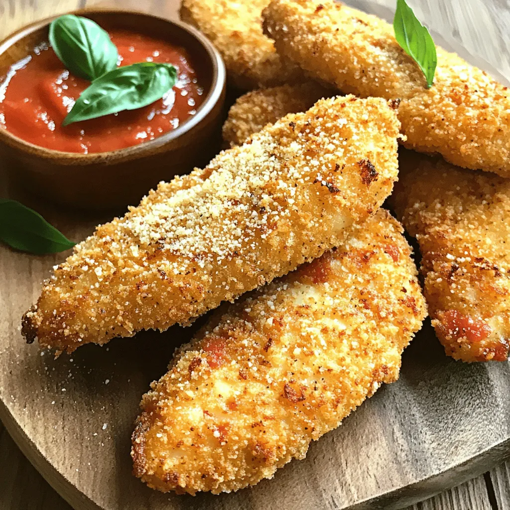 Für leckere Crispy Chicken Parmesan Tenders benötigst du einige einfache Zutaten. Diese Zutaten sorgen für den perfekten Geschmack und die Knusprigkeit. Hier ist die Liste: - 450 g Hähnchenbrustfilets - 240 ml Semmelbrösel (am besten Panko für extra Knusprigkeit) - 50 g geriebener Parmesan-Käse - 1 Teelöffel Knoblauchpulver - 1 Teelöffel getrockneter Oregano - 1 Teelöffel getrocknetes Basilikum - 2 große Eier - 120 g Allzweckmehl - Salz und Pfeffer nach Geschmack - 240 ml Marinara-Sauce (zum Dippen) - Frische Basilikumblätter zur Garnitur - Olivenöl zum Braten Frische Hähnchenbrustfilets sind wichtig für dieses Rezept. Achte darauf, dass die Hähnchenbrust hellrosa und fest ist. Sie sollte keinen unangenehmen Geruch haben. Kaufe am besten Hähnchen von vertrauenswürdigen Quellen. Wenn du das Hähnchen im Kühlschrank aufbewahrst, nutze es innerhalb von zwei Tagen. So bleibt es frisch und lecker. Panko ist eine spezielle Art von Semmelbröseln. Sie sind gröber als normale Brösel. Das macht die Panade knuspriger. Wenn du Panko verwendest, wirst du den Unterschied sofort bemerken. Die Hähnchenstücke werden außen schön knusprig und innen zart. Es ist ein einfacher Trick, um deine Crispy Chicken Parmesan Tenders noch besser zu machen. Zuerst spülst du die Hähnchenbrustfilets unter kaltem Wasser ab. Danach tupfst du sie mit Küchenpapier trocken. Die Hähnchenstücke würzt du von beiden Seiten mit Salz und Pfeffer. Dies gibt dem Fleisch Geschmack und macht es lecker. Nun bereitest du drei flache Schalen vor. In die erste Schale gibst du das Allzweckmehl. In die zweite Schale verquirlst du die beiden Eier, bis sie gut vermischt sind. In die dritte Schale kommen die Semmelbrösel, der geriebene Parmesan, das Knoblauchpulver, Oregano und Basilikum. Mische alles gut, damit die Gewürze gleichmäßig verteilt sind. Jetzt kommt der spaßige Teil! Du tauchst jedes Hähnchenstück zuerst in das Mehl. Klopfe das überschüssige Mehl ab. Danach tauchst du es in die Eiermixtur. Zum Schluss wälzt du es in der Semmelbrösel-Parmesan-Mischung. Drücke leicht, damit die Panade gut haftet. Lege die panierten Stücke beiseite. Erhitze in einer großen Pfanne das Olivenöl auf mittlerer Hitze. Das Öl sollte etwa 0,5 cm tief sein. Wenn das Öl heiß ist, legst du die panierten Hähnchenstreifen vorsichtig in die Pfanne. Achte darauf, die Pfanne nicht zu überfüllen. Brate die Hähnchenstücke 3-4 Minuten auf jeder Seite, bis sie goldbraun sind. Danach nimmst du sie heraus und lässt sie auf Küchenpapier abtropfen. Richte die knusprigen Hähnchen-Parmesan-Streifen auf einer Servierplatte an. Dazu servierst du eine kleine Schale mit warmer Marinara-Sauce zum Dippen. Garniere das Gericht mit frischen Basilikumblättern, um Farbe und Geschmack hinzuzufügen. So wird dein Gericht noch ansprechender! Um die Panade knusprig zu halten, nutze Panko. Panko sind große, luftige Brösel. Diese helfen, dass die Hähnchenstreifen schön knusprig werden. Achte darauf, das Öl gut zu erhitzen, bevor du das Hähnchen reinlegst. Zu kaltes Öl macht die Panade matschig. Wenn du die Hähnchenstreifen brätst, lasse genug Platz in der Pfanne. Überfüllte Pfannen senken die Temperatur des Öls und machen die Panade weich. Um das Hähnchen gleichmäßig zu braten, schneide es in gleichmäßige Streifen. Alle Stücke sollten gleich dick sein. So garen sie gleichmäßig. Drehe die Hähnchenstreifen regelmäßig um. Dadurch wird jede Seite schön goldbraun. Achte darauf, die Hitze nicht zu hoch einzustellen. Zuviel Hitze kann die Panade verbrennen, bevor das Hähnchen durch ist. Ein gutes Zeitmanagement macht das Kochen einfacher. Bereite zuerst alle Zutaten vor. Das spart Zeit, wenn du mit dem Braten beginnst. Während das Hähnchen brät, kannst du die Marinara-Sauce aufwärmen. Du hast so alles gleichzeitig fertig. Plane deine Schritte gut, um Stress zu vermeiden. Halte die Küche sauber, während du kochst. Das macht den Abwasch nach dem Essen leichter. {{image_4}} Wenn du gesünder essen möchtest, gibt es tolle Alternativen für die Panade. Statt Semmelbrösel kannst du auch Haferflocken verwenden. Sie bieten einen guten Crunch und sind nahrhaft. Eine andere Option sind gemahlene Mandeln. Diese sind glutenfrei und geben einen feinen Geschmack. Du kannst auch eine Mischung aus geriebenem Käse und Nüssen ausprobieren. So bleibt der Geschmack großartig und die Panade wird knusprig. Du kannst das Rezept leicht anpassen, um verschiedene Geschmäcker zu treffen. Magst du es scharf? Füge etwas Cayennepfeffer oder Paprika zur Panade hinzu. Für eine italienische Note kannst du mehr Oregano oder frischen Basilikum verwenden. Wenn du einen Käseliebhaber bist, probiere verschiedene Käsesorten wie Mozzarella oder Gouda. So machst du die Crispy Chicken Parmesan Tenders noch leckerer und interessanter. Die richtigen Beilagen machen das Gericht perfekt. Serviere die Crispy Chicken Parmesan Tenders mit einem frischen Salat. Ein einfacher grüner Salat passt gut dazu. Du kannst auch Pasta mit einer leichten Tomatensauce wählen. Für eine herzhaftere Beilage eignen sich auch geröstete Gemüse wie Zucchini oder Paprika. Diese ergänzen das Gericht und machen es noch schmackhafter. Wenn du Reste von den Crispy Chicken Parmesan Tenders hast, lass sie zuerst abkühlen. Packe die Hähnchenstreifen in einen luftdichten Behälter. Du kannst auch Frischhaltefolie verwenden. Lagere sie im Kühlschrank. So bleiben sie frisch und lecker. Um die Reste aufzuwärmen, benutze den Ofen. Heize ihn auf 180 Grad vor. Lege die Hähnchenstreifen auf ein Backblech. Backe sie für 10-15 Minuten. So bleiben sie knusprig und warm. Mikrowellen sind nicht ideal, da die Panade weich werden kann. Im Kühlschrank sind die Hähnchenstreifen bis zu drei Tage haltbar. Im Gefrierfach halten sie bis zu drei Monate. Wenn du sie einfrierst, stelle sicher, dass sie gut verpackt sind. So verhinderst du Gefrierbrand. Es dauert etwa 15 Minuten, um die Zutaten vorzubereiten. Das Braten braucht etwa 30 Minuten. Also sind wir bei etwa 45 Minuten insgesamt. Diese Zeit ist schnell um, und du wirst nicht enttäuscht sein. Ja, du kannst die Hähnchenstücke im Voraus panieren. Bewahre sie im Kühlschrank auf und brate sie kurz vor dem Servieren. So sparst du Zeit und hast dennoch frische, knusprige Tenders. Zu Crispy Chicken Parmesan Tenders passt Marinara-Sauce sehr gut. Du kannst auch Knoblauchsoße oder süß-sauren Dip ausprobieren. Jeder Dip bringt einen neuen Geschmack, den du lieben wirst. Das ursprüngliche Rezept ist nicht glutenfrei. Du kannst jedoch glutenfreie Semmelbrösel und Mehl verwenden. So wird das Gericht für alle glutenempfindlichen Personen geeignet. Das Rezept für Crispy Chicken Parmesan Tenders stammt aus meiner Erfahrung in der Küche. Ich habe es so angepasst, dass es einfach und lecker ist. Du kannst das vollständige Rezept hier finden: [Full Recipe]. Zusammenfassend haben wir die Zutaten, die Zubereitung und die Tipps für Crispy Chicken Parmesan Tenders betrachtet. Ich habe dir gezeigt, wie du frisches Hähnchen auswählst und Panko richtig nutzt. Du weißt jetzt, wie du die Panade knusprig hältst und das Hähnchen gleichmäßig brätst. Variationen und Lagerungshinweise runden das Rezept ab. Diese köstlichen Tenders sind einfach zu machen und jeder wird sie lieben. Viel Spaß beim Kochen und Genießen deiner neuen Lieblingsspeise!