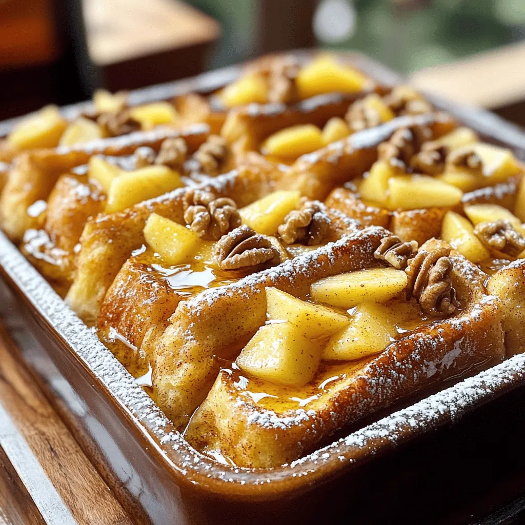 Für den Apple Cinnamon French Toast Bake brauchen Sie einige wichtige Sachen: - 1 Laib Brioche oder Challah-Brot, in 2,5 cm große Würfel geschnitten - 2 große Äpfel, geschält, entkernt und gewürfelt - 3 große Eier - 500 ml Milch Diese Zutaten sind die Basis für einen tollen Geschmack. Das Brot gibt dem Auflauf eine weiche Textur. Äpfel fügen Frische hinzu, während Zimt den perfekten Duft bringt. Einige zusätzliche Zutaten machen den Auflauf noch besser: - 100 g gehackte Walnüsse oder Pekannüsse (optional) - 60 ml Ahornsirup (plus zusätzlich zum Servieren) - Puderzucker zum Bestäuben (optional) Nüsse bringen einen schönen Crunch. Ahornsirup sorgt für Süße. Puderzucker macht es hübsch und festlich. Die Wahl der Äpfel ist wichtig. Hier sind die besten Sorten: - Granny Smith - Honeycrisp - Fuji Granny Smith ist sauer und fest. Honeycrisp ist süß und knackig. Fuji hat einen tollen Geschmack. Jede dieser Sorten passt perfekt in dieses Rezept. Für das vollständige Rezept schauen Sie sich bitte den Full Recipe an. Zuerst schneide das Brot in kleine Würfel. Du kannst Brioche oder Challah verwenden. Dann schäle die Äpfel und schneide sie in Stücke. Diese geben dem Auflauf einen frischen Geschmack. Heize deinen Ofen auf 175°C vor. Fette eine Auflaufform gut ein, damit der Auflauf nicht kleben bleibt. In einer großen Schüssel verrühre die Eier, die Milch, den Vanilleextrakt, den Zimt und den braunen Zucker. Mische alles gut, bis es gleichmäßig aussieht. Danach gib die Brotwürfel in die Schüssel. Rühre, bis alle Stücke gut mit der Mischung bedeckt sind. Lass die Brotwürfel etwa 15 Minuten in der Mischung einweichen. So nehmen sie die Flüssigkeit gut auf. Jetzt wird geschichtet! Beginne mit einer Schicht der eingeweichten Brotmischung in der Auflaufform. Streue die Hälfte der gewürfelten Äpfel gleichmäßig darüber. Wenn du Nüsse verwenden möchtest, füge auch die Hälfte der Nüsse hinzu. Wiederhole diesen Schritt mit der restlichen Brotmischung und den restlichen Äpfeln. Die Nüsse kommen oben drauf. Decke die Auflaufform mit Aluminiumfolie ab. Backe den Auflauf für 25 Minuten. Danach entferne die Folie und backe ihn weitere 15-20 Minuten. So erhältst du eine knusprige Oberseite. Lass den Auflauf nach dem Backen einige Minuten ruhen. So kann er sich setzen und die Aromen verbinden. - Die richtige Einweichzeit: Lass das Brot mindestens 15 Minuten in der Eiermischung. So saugt es die Flüssigkeit gut auf. Wenn du es länger einweichen lässt, wird der Geschmack intensiver und die Textur weicher. - Temperatur und Backdauer anpassen: Backe bei 175°C für die besten Ergebnisse. Decke die Form zuerst mit Folie ab. So bleibt die Feuchtigkeit im Auflauf. Entferne die Folie nach 25 Minuten. Backe dann weiter, bis die Oberseite goldbraun ist. - Puderzucker und Zimt: Bestäube den Auflauf kurz vor dem Servieren mit Puderzucker und Zimt. Das sieht schön aus und schmeckt toll. - Mit frischen Früchten servieren: Füge frische Äpfel oder Beeren hinzu. Sie bringen einen frischen Geschmack und eine schöne Farbe auf den Teller. - Zu viel Flüssigkeit: Achte darauf, die Menge an Milch genau zu messen. Zu viel Flüssigkeit macht den Auflauf matschig. - Nicht genug Zeit zum Einweichen: Lass das Brot ausreichend Zeit zum Einweichen. Wenn du es zu kurz machst, wird der Auflauf nicht gut durchtränkt. {{image_4}} Du kannst viele Früchte verwenden, um den Auflauf zu verändern. Eine beliebte Wahl ist die Kombination aus Birnen und Zimt. Die süße Birne passt gut zu dem warmen Zimt. Schneide die Birnen in kleine Stücke und füge sie wie die Äpfel in den Auflauf ein. Beerenmischungen sind ebenfalls eine tolle Idee. Himbeeren, Blaubeeren oder Erdbeeren bringen frische Aromen. Diese Früchte fügen eine saftige Textur hinzu. Mische sie einfach mit der Brotmischung und backe sie wie im Rezept beschrieben. Wenn du eine vegane Version machen möchtest, gibt es einfache Anpassungen. Verwende Pflanzenmilch statt normaler Milch. Mandelmilch oder Hafermilch sind gute Optionen. Auch Leinsamen sind hilfreich. Mische einen Esslöffel gemahlene Leinsamen mit drei Esslöffeln Wasser. Lass es ein paar Minuten quellen, dann hat es eine ähnliche Konsistenz wie Ei. Für die Brotalternativen nutze veganes Brot. Achte darauf, dass es keine Milch oder Eier enthält. So bleibt dein Auflauf ganz pflanzlich und voller Geschmack. Um deinen Auflauf in ein Dessert zu verwandeln, probiere einige leckere Zusätze. Schokoladenstückchen sind ein Hit! Füge sie zwischen den Schichten des Auflaufs hinzu. Sie schmelzen während des Backens und machen alles süßer. Eine Karamellsauce ist auch eine tolle Idee. Träufle sie vor dem Servieren über den Auflauf. Sie sorgt für eine köstliche, klebrige Süße. Diese Variationen machen deinen Apple Cinnamon French Toast Bake zu einem ganz besonderen Erlebnis. Du wirst es lieben, neue Geschmäcker zu entdecken! Bewahre die Reste im Kühlschrank auf. Lege die Reste in einen luftdichten Behälter. Das hält die Frische. Du kannst eine Glasschüssel oder eine Plastikbox verwenden. Diese Behälter helfen, den Geschmack zu bewahren. Die Reste halten sich bis zu drei Tage. Du kannst den Auflauf in der Mikrowelle oder im Ofen aufwärmen. In der Mikrowelle dauert es nur ein paar Minuten. Stelle die Leistung auf mittel und decke den Auflauf ab. Wenn du den Ofen verwendest, heize ihn auf 160 Grad vor. Lege den Auflauf in eine Auflaufform und backe ihn für 10 bis 15 Minuten. So bleibt er schön saftig. Achte darauf, die Reste nicht zu lange zu erhitzen. Das macht den Auflauf trocken. Die genauen Lagerzeiten sind wichtig. Im Kühlschrank bleibt der Auflauf bis zu drei Tage frisch. Nach dieser Zeit kann der Geschmack leiden. Achte auf Anzeichen für Verderb. Wenn der Auflauf komisch riecht oder eine seltsame Farbe hat, schmeiß ihn weg. Sicherheit geht vor! Die Backzeit hängt von der Dicke des Auflaufs ab. Wenn du einen dickeren Auflauf machst, kannst du die Backzeit um 10 bis 15 Minuten verlängern. Achte darauf, dass die Oberseite goldbraun und knusprig ist. Unterschiedliche Ofentypen können ebenfalls variieren. Ein Umluftofen kann schneller backen, also überprüfe den Auflauf frühzeitig. Ja, du kannst den Auflauf im Voraus zubereiten. Mische die Zutaten und schichte sie in die Form. Decke die Form ab und stelle sie über Nacht in den Kühlschrank. So zieht der Auflauf gut durch. Wenn du ihn einfrieren willst, lass ihn nach dem Backen abkühlen. Wickel ihn dann fest in Folie. So bleibt er frisch für bis zu drei Monate. Frische Früchte sind eine tolle Beilage. Probiere Äpfel, Bananen oder Beeren. Joghurt passt auch gut dazu und macht das Frühstück cremig. Du kannst auch weitere Frühstücksideen erkunden. Serviere den Auflauf mit Speck oder Wurst für eine herzhaftere Note. Das macht das Essen noch vielfältiger und leckerer. Die Zutaten für den Apple Cinnamon French Toast Bake sind entscheidend. Brioche oder Challah, Äpfel, und Zimt sind die Basis. Nüsse, Ahornsirup und Puderzucker bringen extra Geschmack. Die Schritt-für-Schritt-Anleitung macht das Kochen einfach. Bereite die Mischung sorgfältig vor und achte auf die Schichten. Die Tipps und Tricks helfen dir, Fehler zu vermeiden und perfekte Konsistenz zu erzielen. Denk an Variationen, um dein Gericht noch spannender zu machen. Lagerungshinweise sorgen dafür, dass Reste frisch bleiben. So einfach und lecker kann Kochen sein!
