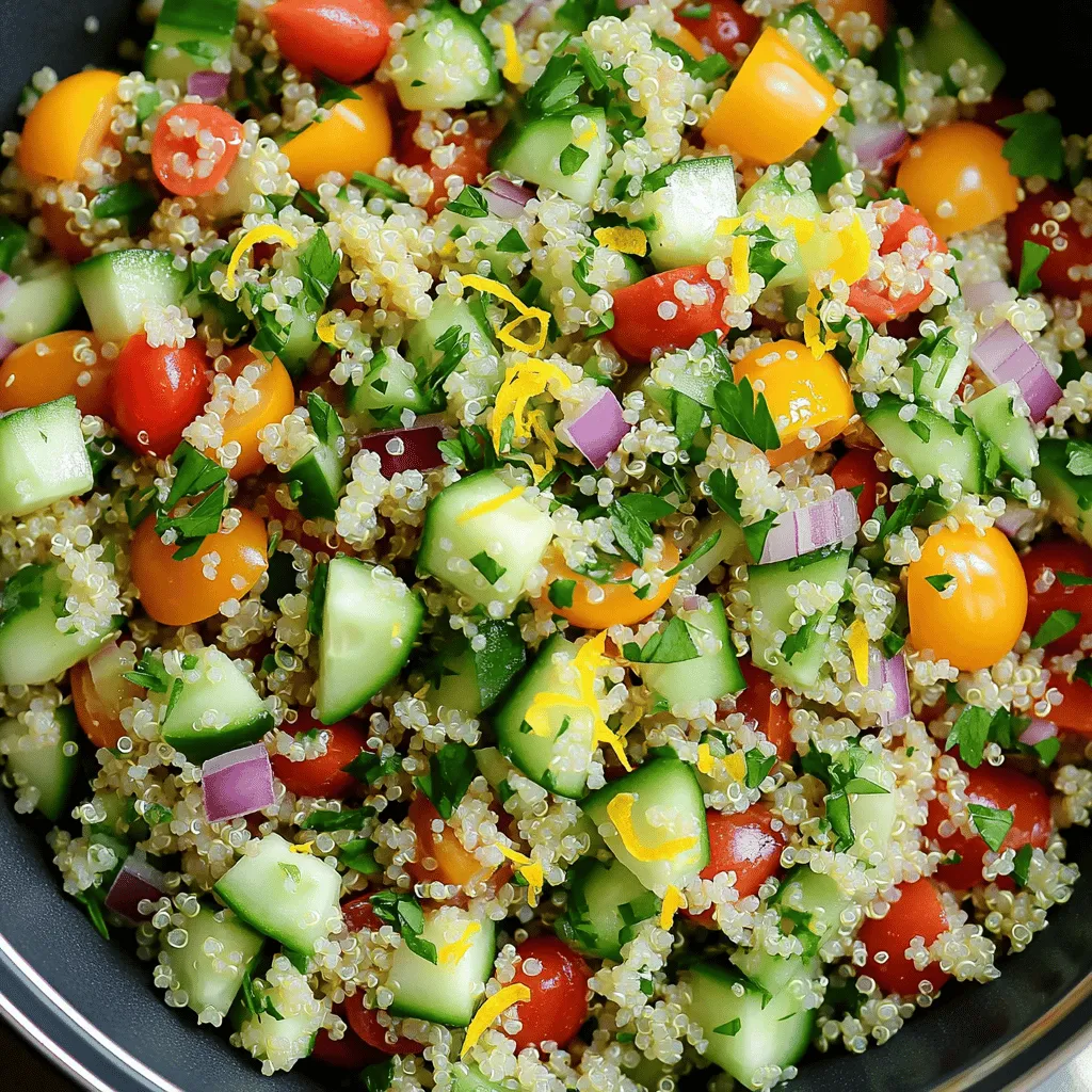 - 1 Tasse Quinoa, gut abgespült - 2 Tassen Gemüsebrühe oder Wasser - 1 Gurke, gewürfelt - 1 Paprika, gewürfelt - 1 Tasse Cherrytomaten, halbiert Die Hauptzutaten sind wichtig für den Geschmack. Quinoa ist die Basis. Sie ist nahrhaft und leicht. Gemüsebrühe gibt der Quinoa mehr Aroma. Gurken und Paprika bringen Frische. Cherrytomaten fügen eine süße Note hinzu. - 1/4 rote Zwiebel, fein gehackt - 1/2 Tasse frische Petersilie, gehackt - 1/4 Tasse frische Minze, gehackt - 1/3 Tasse Olivenöl - 1/4 Tasse Zitronensaft - Schale von 1 Zitrone - Salz und Pfeffer nach Geschmack Die Gewürze und das Dressing sind der Schlüssel. Rote Zwiebel gibt einen tollen Biss. Petersilie und Minze bringen frische Aromen. Olivenöl und Zitronensaft machen das Dressing leicht und spritzig. Salz und Pfeffer runden den Geschmack ab. Wenn du nach dem vollständigen Rezept suchst, schau im [Full Recipe]. Zuerst nimmst du 1 Tasse Quinoa und spülst sie gut ab. Das hilft, die Bitterstoffe zu entfernen. Dann vermengst du die Quinoa in einem mittelgroßen Topf mit 2 Tassen Gemüsebrühe oder Wasser. Stelle den Herd auf mittlere bis hohe Hitze. Bring die Mischung zum Kochen. Sobald es kocht, reduziere die Hitze auf niedrig. Decke den Topf ab und lasse die Quinoa etwa 15 Minuten köcheln. Die Quinoa sollte das Wasser aufnehmen und fluffig werden. Nach dem Kochen nimm den Topf vom Herd und lasse die Quinoa abkühlen. Während die Quinoa abkühlt, bereite das Gemüse vor. Nimm eine große Schüssel und füge die gewürfelte Gurke, die gewürfelte Paprika, die halbierten Cherrytomaten und die fein gehackte rote Zwiebel hinzu. Vergiss nicht, auch die frische Petersilie und Minze zu hacken. Diese Kräuter bringen viel Geschmack. Vermenge alles gut in der Schüssel, damit die Farben leuchten. Jetzt kommt der spannende Teil – das Dressing! In einer kleinen Schüssel mischt du 1/3 Tasse Olivenöl, 1/4 Tasse Zitronensaft und die Schale von 1 Zitrone. Füge Salz und Pfeffer nach Geschmack hinzu. Verquirle alles gut mit einer Gabel oder einem Schneebesen. Das Dressing wird frisch und aromatisch sein. Wenn die Quinoa abgekühlt ist, füge sie zur Gemüsemischung in der großen Schüssel hinzu. Gieße das Dressing über die Quinoa und das Gemüse. Wende alles vorsichtig, bis die Zutaten gut vermischt sind. Probiere den Salat und passe die Würze nach Belieben an. Lasse den Salat mindestens 30 Minuten im Kühlschrank kalt werden. So verbinden sich die Aromen gut. Du kannst das gesamte Rezept in [Full Recipe] finden. Um die Quinoa perfekt zuzubereiten, solltest du sie gründlich abspülen. Das Entfernen der Bitterstoffe, die Saponine genannt werden, verbessert den Geschmack. Spüle die Quinoa unter kaltem Wasser in einem feinen Sieb. So wird sie lecker und nussig. Die Kochzeit ist ebenfalls wichtig. Koche die Quinoa in Gemüsebrühe oder Wasser. Bringe sie bei mittlerer bis hoher Hitze zum Kochen. Reduziere die Hitze dann auf niedrig und decke den Topf ab. Lass sie etwa 15 Minuten köcheln. Die Quinoa ist fertig, wenn sie das Wasser ganz aufgenommen hat. Das Dressing ist der Schlüssel zu einem großartigen Salat. Du kannst frische Kräuter wie Basilikum oder Dill hinzufügen. Das gibt dem Salat mehr Tiefe. Auch Gewürze wie Kreuzkümmel oder Paprika sind eine tolle Wahl. Ein Spritzer Essig kann den Geschmack des Dressings verstärken. Verwende Balsamico oder Apfelessig für eine neue Note. Experimentiere mit verschiedenen Kombinationen, um deinen perfekten Geschmack zu finden. Serviere den Salat in einer großen Schüssel für einen tollen Look. Garniere ihn mit Zitronenscheiben und frischen Kräutern. Das sieht nicht nur schön aus, sondern bringt auch frische Aromen. Du kannst den Salat auch mit anderen Gerichten kombinieren. Er passt gut zu gegrilltem Hähnchen oder Fisch. Auch als Beilage zu einer BBQ-Party ist er ideal. So wird jeder Bissen zu einem Genuss. Probiere diese Tipps aus und genieße deinen Zitronen-Kräuter-Quinoa-Salat. Für das vollständige Rezept, schau dir die Full Recipe an. {{image_4}} Um den Zitronen-Kräuter-Quinoa-Salat noch besser zu machen, füge Feta-Käse und Oliven hinzu. Diese Zutaten bringen einen salzigen Geschmack. Sie passen gut zu den frischen Kräutern und dem Zitronensaft. Eine weitere tolle Idee ist, Avocados oder Nüsse zu verwenden. Avocados machen den Salat cremig. Nüsse geben ihm einen knackigen Biss. Wenn du eine vegane Version möchtest, kannst du Honig durch Agavendicksaft oder Ahornsirup ersetzen. Diese süßen Alternativen sind pflanzlich und lecker. Sie wirken sich nicht auf den Geschmack des Dressings aus. So bleibt dein Salat frisch und gesund. Wenn du mehr Protein brauchst, kannst du Kichererbsen oder Hähnchenbrust in den Salat integrieren. Kichererbsen sind eine großartige pflanzliche Proteinquelle. Sie fügen auch eine schöne Textur hinzu. Hähnchenbrust ist mager und macht das Gericht sättigender. Beides passt gut zu den anderen Zutaten im Salat. Um deinen Zitronen-Kräuter-Quinoa-Salat frisch zu halten, lagere ihn im Kühlschrank. Nutze dafür luftdichte Behälter. So bleibt der Salat knackig und lecker. Wenn du ein Glas oder eine Schüssel verwendest, achte darauf, dass der Deckel fest schließt. So vermeidest du das Eindringen von Feuchtigkeit. Wie lange bleibt der Salat frisch? Bei guter Lagerung hält er sich bis zu drei Tage im Kühlschrank. Nach dieser Zeit kann der Salat schlaff werden. Um den Geschmack aufzufrischen, mische den Salat vor dem Essen gut durch. Füge etwas frisches Dressing hinzu, wenn du es brauchst. So bleibt der Salat lebhaft und köstlich. Du kannst den Salat bis zu drei Tage im Kühlschrank aufbewahren. Nach einer Zeit kann der Geschmack etwas nachlassen. Der Salat schmeckt am besten frisch, aber er bleibt auch nach ein paar Tagen gut. Achte darauf, ihn in einem luftdichten Behälter zu lagern. Ja, du kannst die Quinoa im Voraus zubereiten. Koche die Quinoa und lasse sie dann abkühlen. Bewahre sie in einem luftdichten Behälter im Kühlschrank auf. So sparst du Zeit, wenn du den Salat machst. Du kannst die Quinoa bis zu fünf Tage im Voraus kochen. Ja, dieser Salat ist glutenfrei. Quinoa ist eine großartige glutenfreie Getreidealternative. Achte darauf, dass alle anderen Zutaten, wie Gemüse und Gewürze, ebenfalls glutenfrei sind. Wenn du auf Gluten achtest, ist dieser Salat eine gute Wahl für dich. Es gibt viele Kräuter, die du verwenden kannst. Dill und Basilikum sind zwei tolle Optionen. Schnittlauch kann auch einen frischen Geschmack hinzufügen. Experimentiere mit verschiedenen Kräutern, um deinen Salat zu variieren. Du kannst auch die frische Minze und Petersilie aus dem Rezept kombinieren, um mehr Geschmack zu bekommen. Dieser Salat ist einfach und gesund. Wir haben die Zutaten, die Zubereitung und Tipps behandelt. Du lernst, wie man Quinoa zubereitet und das perfekte Dressing macht. Die Variationen bieten dir neue Ideen. Lagertipps helfen, den Salat frisch zu halten. Probiere verschiedene Kräuter und Zutaten aus. So bleibt es spannend. Genieß die frischen Aromen und nahrhaften Vorteile dieses Rezeptes. Mach ihn zu deinem nächsten Lieblingsgericht!