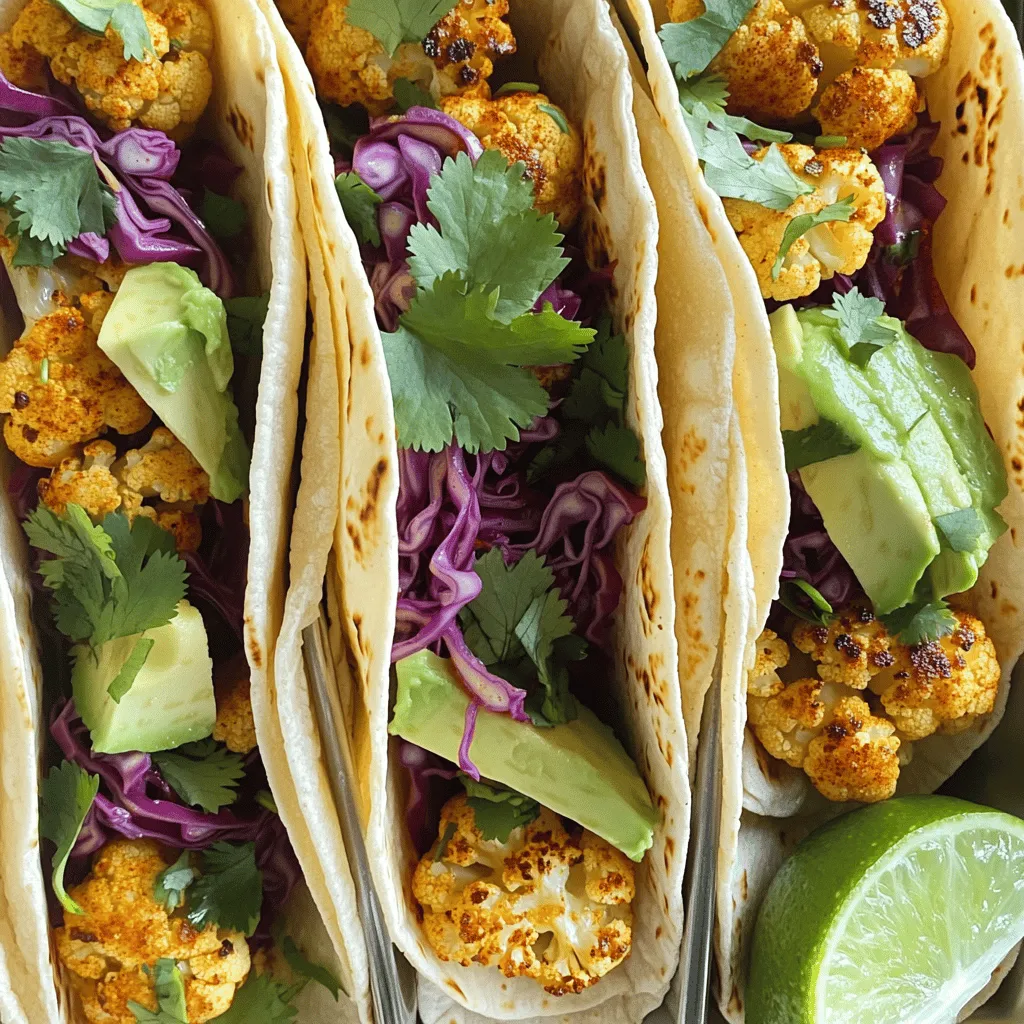 Für diese leckeren Tacos benötigen Sie: - 1 mittelgroßer Blumenkohl, in Röschen zerteilt - 2 Esslöffel Olivenöl - 8 kleine Maistortillas Blumenkohl ist die Hauptzutat. Er hat einen milden Geschmack und nimmt Gewürze gut auf. Die Maistortillas bieten eine tolle Basis. Sie sind weich und machen die Tacos einfach zu essen. Die Gewürze machen diese Tacos besonders. Sie brauchen: - 1 Teelöffel geräuchertes Paprikapulver - 1 Teelöffel gemahlener Kreuzkümmel - ½ Teelöffel Knoblauchpulver - Salz und Pfeffer nach Geschmack Das geräucherte Paprikapulver fügt einen tiefen, rauchigen Geschmack hinzu. Kreuzkümmel bringt Wärme und Tiefe. Knoblauchpulver gibt den Tacos eine schöne Note. Diese Gewürze machen den Blumenkohl zu einem echten Genuss! Die Toppings bringen Farbe und Geschmack. Hier sind die besten Optionen: - 1 Tasse rotkohl, fein geschnitten - 1 reife Avocado, in Scheiben geschnitten - ½ Tasse Koriander, gehackt - 1 Limette, in Spalten geschnitten - Chilisoße (optional) Der rote Kohl sorgt für Crunch und Frische. Avocado bringt Cremigkeit. Koriander fügt einen frischen Kick hinzu. Limette bringt etwas Säure, die die Aromen hebt. Sie können auch Chilisoße für etwas Schärfe hinzufügen. Diese Kombination macht die Tacos gesund und lecker. Für die vollständige Anleitung, sehen Sie sich das Full Recipe an. Heize deinen Ofen auf 220°C vor. Nimm ein Backblech und lege es mit Backpapier aus. Dies hilft, den Blumenkohl nicht zu kleben. Zerteile den Blumenkohl in kleine Röschen. Diese Größe sorgt dafür, dass sie gleichmäßig rösten. Wenn du größere Stücke verwendest, kann es länger dauern, bis sie gar sind. Gib die Blumenkohlröschen in eine große Schüssel. Füge 2 Esslöffel Olivenöl hinzu. Dann kommen 1 Teelöffel geräuchertes Paprikapulver, 1 Teelöffel Kreuzkümmel und ½ Teelöffel Knoblauchpulver dazu. Würze mit Salz und Pfeffer nach Geschmack. Mische alles gut, damit die Röschen gleichmäßig bedeckt sind. Verteile die Mischung auf dem Backblech. Röste den Blumenkohl 25–30 Minuten. Wende ihn nach der Hälfte der Zeit, damit er goldbraun wird. Während der Blumenkohl im Ofen ist, kannst du die Maistortillas vorbereiten. Nimm eine trockene Pfanne und erhitze sie bei mittlerer Hitze. Lege eine Tortilla hinein und wärme sie etwa 30 Sekunden auf jeder Seite. So werden sie weich und flexibel. Wiederhole dies mit den restlichen Tortillas, bis sie alle warm sind. Für das vollständige Rezept, schau dir die [Full Recipe] an. Um Blumenkohl perfekt zu rösten, sollten Sie ihn gleichmäßig schneiden. Jedes Röschen sollte gleich groß sein. So gart der Blumenkohl gleichmäßig. Verwenden Sie genug Olivenöl, um alle Stücke zu bedecken. Das hilft, die Röstung gleichmäßig zu verteilen. Stellen Sie sicher, dass die Röschen nicht übereinanderliegen. Geben Sie ihnen Platz auf dem Blech. Dadurch werden sie knusprig und goldbraun. Wenden Sie die Röschen zur Hälfte der Garzeit. So erhalten Sie eine perfekte Röstung. Beginnen Sie mit einer warmen Tortilla. Legen Sie eine großzügige Menge gerösteten Blumenkohl in die Mitte. Achten Sie darauf, die Röschen gleichmäßig zu verteilen. Fügen Sie dann etwas roten Kohl hinzu. Dies gibt den Tacos Farbe und Crunch. Legen Sie ein paar Scheiben Avocado oben drauf. Avocado sorgt für eine cremige Textur. Schließlich streuen Sie frischen Koriander darüber. Der Koriander bringt Frische und Geschmack. Rollen Sie die Tortilla vorsichtig zusammen. So bleibt die Füllung gut drin. Garnierungen können Tacos aufwerten. Limettenspalten sind ein Muss. Der Saft bringt Frische und Säure. Chilisoße ist auch eine tolle Wahl. Sie gibt den Tacos einen würzigen Kick. Weitere Optionen sind gehackte Zwiebeln und Feta-Käse. Beides fügt Geschmack und Textur hinzu. Experimentieren Sie mit verschiedenen Kräutern wie Petersilie oder Minze. So finden Sie Ihre persönliche Lieblingskombination. {{image_4}} Diese Tacos sind von Natur aus vegan und glutenfrei. Blumenkohl ist die Hauptzutat und enthält keine tierischen Produkte. Die Maistortillas sind ebenfalls glutenfrei, wenn Sie die richtigen Marken wählen. Wenn Sie die Tacos noch nahrhafter machen möchten, fügen Sie schwarze Bohnen oder Linsen hinzu. Diese Optionen steigern den Proteingehalt und machen die Tacos noch sättigender. Blumenkohl ist wunderbar, aber andere Gemüsesorten können auch lecker sein. Probieren Sie Brokkoli, Karotten oder Süßkartoffeln. Jedes Gemüse bringt seinen eigenen Geschmack und seine Textur mit. Schneiden Sie das Gemüse in gleichmäßige Stücke, damit es gleichmäßig gart. Rösten Sie das Gemüse genau wie den Blumenkohl, um die besten Ergebnisse zu erzielen. Die Gewürze sind wichtig für den Geschmack. Für ein würzigeres Gericht fügen Sie mehr Paprika oder Chili hinzu. Wenn Sie es milder mögen, reduzieren Sie die Gewürze einfach. Auch Kräuter wie Thymian oder Oregano können eine schöne Note hinzufügen. Experimentieren Sie mit verschiedenen Kombinationen, um Ihre perfekten Tacos zu finden. Jedes Mal, wenn Sie die Gewürze anpassen, erhalten Sie ein neues Geschmackserlebnis. Um die Reste der gerösteten Blumenkohl-Tacos frisch zu halten, lege sie in einen luftdichten Behälter. Stelle sicher, dass der Blumenkohl und die Toppings getrennt sind. Dies verhindert, dass die Tortillas matschig werden. Du kannst die Reste bis zu drei Tage im Kühlschrank aufbewahren. Um die Tacos aufzuwärmen, kannst du sie in einer Pfanne bei mittlerer Hitze leicht anbraten. Dies macht die Tortillas knusprig und warm. Alternativ kannst du den Blumenkohl im Ofen bei 180°C (350°F) für etwa 10 Minuten erwärmen. Die Haltbarkeit der Zutaten variiert. Gerösteter Blumenkohl hält sich etwa drei Tage im Kühlschrank. Frische Avocados sollten innerhalb von zwei Tagen verbraucht werden. Roter Kohl bleibt bis zu fünf Tage frisch, wenn er gut verpackt ist. Achte darauf, alle Zutaten vor der Lagerung gut zu prüfen. Für die komplette Anleitung, einschließlich der genauen Zubereitung, schau dir das [Full Recipe] an. Das Rösten von Blumenkohl dauert etwa 25 bis 30 Minuten. Ich empfehle, den Blumenkohl bei 220°C zu rösten. Die Röschen sollten goldbraun und zart sein. Wenden Sie die Röschen nach der Hälfte der Zeit, um eine gleichmäßige Röstung zu erzielen. Dadurch erhalten Sie den besten Geschmack und die beste Textur. Ja, Sie können die Tacos im Voraus zubereiten. Rösten Sie den Blumenkohl und lagern Sie ihn in einem luftdichten Behälter im Kühlschrank. Die Tortillas können Sie ebenfalls vorbereiten. Erwärmen Sie die Tortillas kurz, bevor Sie die Tacos zusammenstellen. Dadurch bleiben sie frisch und lecker. Zu den gerösteten Blumenkohl-Tacos passen viele Saucen. Eine einfache Limettensauce ist immer gut. Sie können auch eine cremige Avocadosauce oder scharfe Chilisoße verwenden. Diese Saucen bringen zusätzlichen Geschmack und machen die Tacos noch besser. Experimentieren Sie mit verschiedenen Saucen, um Ihren Favoriten zu finden! Die gerösteten Blumenkohl-Tacos sind einfach und lecker. Wir haben die besten Zutaten und Gewürze erkundet. Ich habe dir eine einfache Schritt-für-Schritt-Anleitung gegeben, um sie zuzubereiten. Zudem habe ich hilfreiche Tipps für die perfekte Rösttechnik und das optimale Belegen für dich zusammengefasst. Für Variationen kannst du verschiedene Gemüse und Gewürze nutzen. Achte darauf, die Reste richtig zu lagern und aufzuwärmen. Diese Tacos sind eine tolle Wahl für jeden Anlass. Viel Spaß beim Ausprobieren!