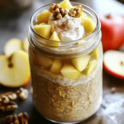 Für die Apfelkuchen Übernacht-Haferflocken brauchen Sie: - 1 Tasse Rollhafer - 1 ½ Tassen Mandelmilch (oder Milch nach Wahl) - 1 Apfel, gewürfelt (Granny Smith oder Honeycrisp empfohlen) - 1 Esslöffel Ahornsirup (nach Wunsch süßen) - 1 Teelöffel gemahlener Zimt - ¼ Teelöffel Muskatnuss - 2 Esslöffel Chiasamen - ½ Teelöffel Vanilleextrakt - Eine Prise Salz - Gehackte Walnüsse oder Pekannüsse zum Bestreuen (optional) - Griechischer Joghurt zum Servieren (optional) Diese Zutaten sorgen für einen köstlichen Geschmack. Ich liebe die Mischung aus Zimt und Äpfeln. Die Zutaten bieten viele gute Nährstoffe. Rollhafer sind reich an Ballaststoffen. Sie helfen, lange satt zu bleiben. Äpfel liefern Vitamine und Antioxidantien. Mandelmilch ist eine gute, kalorienarme Milchalternative. Chiasamen sind voll von Omega-3-Fettsäuren. Zusammen bieten diese Zutaten eine gesunde und nahrhafte Mahlzeit. Sie unterstützen Ihre Gesundheit und geben Ihnen Energie für den Tag. Frische Zutaten machen einen großen Unterschied. Achten Sie beim Kauf von Äpfeln auf feste und knackige Exemplare. Vermeiden Sie Äpfel mit Druckstellen oder braunen Flecken. Wählen Sie hochwertige Mandelmilch ohne Zusatzstoffe. Für die Nüsse sollten Sie ungesalzene, frische Varianten holen. Das sorgt für den besten Geschmack. Achten Sie auch auf das Haltbarkeitsdatum der Chiasamen. So stellen Sie sicher, dass Ihre Haferflocken perfekt werden. Um die perfekten Apple Pie Overnight Oats zu machen, beginne ich mit der Zubereitung der Haferflocken. Ich nehme eine große Rührschüssel. Dort gebe ich: - 1 Tasse Rollhafer - 1 ½ Tassen Mandelmilch (oder Milch nach Wahl) - 1 Apfel, gewürfelt - 1 Esslöffel Ahornsirup - 1 Teelöffel gemahlener Zimt - ¼ Teelöffel Muskatnuss - 2 Esslöffel Chiasamen - ½ Teelöffel Vanilleextrakt - Eine Prise Salz Ich rühre alles gut um, bis die Zutaten gleichmäßig verteilt sind. Die Mischung hat dann eine tolle Konsistenz. Sobald die Mischung fertig ist, teile ich die Hafermischung in zwei oder drei Einmachgläser oder Schalen auf. Die Portionsgröße hängt von meinem Hunger ab. Ich schließe die Gläser oder decke die Schalen mit Frischhaltefolie ab. Dann stelle ich sie für die Nacht in den Kühlschrank. So können die Haferflocken die Flüssigkeit aufnehmen und weich werden. Am Morgen, wenn ich bereit bin zu essen, rühre ich die Haferflocken gründlich um. Wenn sie zu dick sind, füge ich einen Schuss mehr Mandelmilch hinzu. Ich mag es, die Haferflocken mit gehackten Walnüssen oder Pekannüssen zu garnieren. Das gibt einen schönen Crunch. Ein Klecks griechischer Joghurt macht es noch besser. So wird mein Frühstück nahrhaft und lecker. Für eine schöne Präsentation schichte ich die Haferflocken mit extra gewürfelten Äpfeln und einer Prise Zimt. Ein häufiges Missverständnis ist, die Haferflocken nicht genug im Kühlschrank zu lassen. Sie müssen über Nacht ziehen, damit sie weich werden. Wenn Sie sie zu früh essen, sind sie hart und nicht lecker. Ein weiterer Fehler ist, die Flüssigkeit nicht ausreichend zu messen. Zu wenig Milch macht die Mischung trocken. Die perfekte Konsistenz hängt von der Menge der Flüssigkeit ab. Wenn Sie die Haferflocken morgens umrühren, schauen Sie, ob sie zu dick sind. Fügen Sie einfach einen kleinen Schuss Mandelmilch hinzu. Das macht sie cremig. Die Chiasamen helfen auch, die Mischung zu binden und eine angenehme Textur zu schaffen. Sie können die Grundrezeptur leicht anpassen. Fügen Sie mehr Früchte hinzu, wie Bananen oder Beeren, für mehr Geschmack. Nüsse wie Mandeln oder Pekannüsse geben einen schönen Crunch. Wenn Sie es süßer möchten, probieren Sie Honig statt Ahornsirup. Auch ein Esslöffel Joghurt gibt extra Protein und macht das Frühstück noch gesünder. Wenn Sie mehr über das Rezept erfahren wollen, schauen Sie sich das [Full Recipe] an. {{image_4}} Du kannst die Äpfel in deinem Rezept leicht ersetzen. Probiere Birnen für eine süße Note. Bananen bringen eine cremige Textur. Beeren wie Himbeeren oder Blaubeeren fügen Farbe und Frische hinzu. Für den Crunch sind Mandeln oder Haselnüsse eine tolle Wahl. Diese Kombinationen machen dein Frühstück spannend und lecker. Um mehr Geschmack zu erzielen, kannst du Karamellsoße oder extra Vanilleextrakt hinzufügen. Ein Teelöffel Karamell macht die Haferflocken süßer. Vanille gibt einen warmen, einladenden Geschmack. Experimentiere mit diesen Zutaten. So wird dein Frühstück noch interessanter und ansprechender. Wenn du eine vegane Option möchtest, verwende einfach pflanzliche Milch. Mandelmilch ist eine gute Wahl. Für glutenfreie Haferflocken achte auf die Verpackung. Suche nach Hafer, der als glutenfrei gekennzeichnet ist. So kannst du sicher sein, dass du eine gesunde und leckere Mahlzeit hast, die zu deinem Lebensstil passt. Um die Apfelkuchen-Haferflocken frisch zu halten, lagere sie in einem luftdichten Behälter. Du kannst Einmachgläser oder Schalen verwenden. Achte darauf, dass der Deckel gut schließt. So bleiben die Haferflocken kühl und feucht. Im Kühlschrank halten die Haferflocken bis zu fünf Tage. Nach ein paar Tagen kann die Konsistenz dicker werden. Füge einfach einen Schuss Mandelmilch hinzu, um sie wieder cremig zu machen. Achte darauf, die Haferflocken vor dem Essen gut umzurühren. Wenn du für die ganze Woche planen möchtest, bereite mehrere Portionen gleichzeitig vor. Mische die Zutaten und teile sie in Einmachgläser auf. So hast du schnell ein gesundes Frühstück zur Hand. Du kannst auch verschiedene Obstsorten verwenden, um Abwechslung zu schaffen. Die Haferflocken sollten mindestens vier Stunden im Kühlschrank bleiben. Am besten lassen Sie sie über Nacht ziehen. So nehmen sie die Flüssigkeit gut auf und werden weich. Diese Zeit hilft, die Aromen zu entfalten. Wenn Sie es eilig haben, können vier Stunden ausreichen, aber über Nacht ist ideal. Ja, Sie können die Haferflocken aufwärmen. Wenn Sie ein warmes Frühstück mögen, stellen Sie einfach das Glas oder die Schale in die Mikrowelle. Erwärmen Sie es für etwa 30 Sekunden. Rühren Sie gut um und prüfen Sie die Temperatur. Wenn es nicht warm genug ist, können Sie es noch etwas länger erwärmen. Sie können die Portionen leicht anpassen. Wenn Sie mehr machen möchten, verdoppeln Sie einfach die Zutaten. Verwenden Sie dann zwei Tassen Rollhafer und drei Tassen Mandelmilch. Teilen Sie die Mischung auf mehrere Gläser auf. So können Sie für die ganze Woche vorbereiten. Diese Anleitung hat dir gezeigt, wie du gesunde Haferflocken zubereitest und aufbewahrst. Wir haben die besten Zutaten ausgewählt und Nährwertinformationen geteilt. Du hast gelernt, häufige Fehler zu vermeiden und die perfekte Konsistenz zu erreichen. Denke daran, Variationen auszuprobieren und deine Haferflocken kreativ zu gestalten. Eine gute Aufbewahrung sorgt dafür, dass sie frisch bleiben. Nutze diese Tipps, um leckere und nahrhafte Haferflocken für jede Gelegenheit zu genießen.