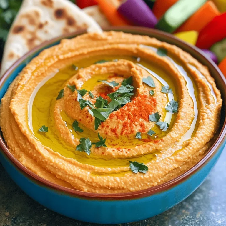 - 1 Dose (425 g) Kichererbsen, abgetropft und abgespült - 1 große geröstete Paprika, geschält und gehackt - 3 Esslöffel Tahini Diese Zutaten bilden die Grundlage für deinen köstlichen Hummus. Kichererbsen sind proteinreich und geben dem Hummus eine tolle Textur. Die geröstete Paprika bringt Süße und Farbe. Tahini, eine Paste aus Sesam, sorgt für eine cremige Konsistenz. - 2 Esslöffel Olivenöl - 1 Knoblauchzehe, fein gehackt - 2 Esslöffel Zitronensaft - 1 Teelöffel Kreuzkümmel - Salz und Pfeffer nach Geschmack - Wasser, nach Bedarf Olivenöl macht den Hummus reichhaltiger. Knoblauch gibt Geschmack, während Zitronensaft Frische bringt. Kreuzkümmel fügt eine warme Note hinzu. Wenn dein Hummus zu dick ist, kannst du Wasser hinzufügen, um die perfekte Konsistenz zu erreichen. - Frische Petersilie, gehackt - Paprika oder geräucherte Paprika Garnierungen machen dein Hummus hübsch und appetitlich. Frische Petersilie bringt Farbe und Frische. Geräucherte Paprika gibt einen interessanten Geschmack. Diese kleinen Extras machen dein Gericht noch leckerer und einladender. Für das vollständige Rezept schau dir die Full Recipe an! Zuerst solltest du die Kichererbsen abspülen und gut abtropfen lassen. Das hilft, den Hummus frisch und lecker zu halten. Wenn du geröstete Paprika verwendest, röste sie zuerst. Du kannst frische Paprika im Ofen rösten oder bereits geröstete Paprika aus dem Laden kaufen. Nach dem Rösten schäle die Paprika, um die Haut zu entfernen. Jetzt sind alle Zutaten bereit zum Mixen. Gib alle vorbereiteten Zutaten in die Küchenmaschine. Das sind die Kichererbsen, die geröstete Paprika, das Tahini, das Olivenöl, der gehackte Knoblauch, der Zitronensaft und der Kreuzkümmel. Mixe die Zutaten auf hoher Geschwindigkeit. Achte darauf, dass die Mischung glatt wird. Wenn das Hummus zu dick ist, füge esslöffelweise Wasser hinzu, bis du die gewünschte Cremigkeit erreichst. Jetzt ist es Zeit, das Hummus abzuschmecken. Füge Salz und Pfeffer nach deinem Geschmack hinzu und mixe erneut. Übertrage das Hummus in eine Servierschüssel. Beträufle es mit etwas Olivenöl. Garniere es mit frischer Petersilie und etwas Paprika oder geräucherter Paprika. Serviere das Hummus mit Pitabrot, frischem Gemüse oder deinen Lieblings-Chips. Du kannst das Rezept für gerösteten Paprika Hummus [Full Recipe] ausprobieren. Um Paprika perfekt zu rösten, gibt es verschiedene Methoden. Sie können Paprika im Ofen, über dem Grill oder auf dem Herd rösten. Ich empfehle die Ofenmethode. Legen Sie Ihre Paprika auf ein Backblech und rösten Sie sie bei 220 Grad Celsius für 20 bis 25 Minuten. Wenden Sie sie zwischendurch, bis die Haut schwarz wird. Für die beste Paprika wählen Sie rote, gelbe oder orangefarbene Sorten. Diese sind süßer. Achten Sie darauf, dass die Paprika fest und glänzend ist. Vermeiden Sie weiche oder rissige Paprika. Die Konsistenz ist wichtig für den perfekten Hummus. Wenn Ihr Hummus zu dick ist, fügen Sie einfach einen Esslöffel Wasser hinzu. Mixen Sie gut und testen Sie die Konsistenz. Wiederholen Sie diesen Schritt, bis Sie die gewünschte Cremigkeit erreichen. Wenn Sie einen dicken Hummus mögen, verwenden Sie weniger Wasser. Für einen cremigeren Hummus fügen Sie mehr hinzu. Servieren Sie Ihren Hummus in einer flachen Schüssel. Beträufeln Sie ihn mit Olivenöl für einen schönen Glanz. Garnieren Sie ihn mit frischer Petersilie und einer Prise Paprika. Für den perfekten Dip empfehle ich Pitabrot, frisches Gemüse oder Chips. Stellen Sie eine Auswahl an Dips zusammen, um Ihren Gästen mehr Optionen zu bieten. So wird Ihr Hummus zum Star jeder Party. {{image_4}} Möchtest du etwas mehr Schärfe? Füge Chili oder Cayennepfeffer hinzu. Ein Teelöffel gibt deinem Hummus einen tollen Kick. Du kannst auch Jalapeños verwenden. Diese kleinen, scharfen Paprika machen alles lebendiger. Probiere es aus und finde die perfekte Schärfe für deinen Geschmack. Für eine cremigere Textur, füge etwas Joghurt oder Sahne hinzu. Diese Zutaten machen den Hummus super weich und lecker. Du kannst auch Nüsse wie Cashews oder Mandeln einfügen. Sie bringen einen neuen Geschmack und eine tolle Konsistenz. So hast du immer eine neue Version, die du lieben wirst. Willst du frische Aromen? Nutze frische Kräuter wie Petersilie oder Koriander. Diese Kräuter geben deinem Hummus einen neuen, frischen Geschmack. Du kannst auch andere Gemüsesorten hinzufügen. Karotten oder Zucchini passen gut dazu. So wird dein Hummus bunt und gesund. Experimentiere mit verschiedenen Kombinationen, um deinen perfekten Dip zu finden. Um Hummus frisch zu halten, lege ihn in einen luftdichten Behälter. Stelle ihn in den Kühlschrank. So bleibt er bis zu fünf Tage gut. Wenn du den Hummus länger aufbewahren möchtest, ist das kein Problem. Du kannst die Menge auch portionieren und in kleinere Behälter geben. Das hilft, frische Luft zu vermeiden und die Haltbarkeit zu verlängern. Wenn du Hummus einfrieren möchtest, geht das einfach. Fülle ihn in einen gefrierfesten Behälter. Lass etwas Platz oben, denn der Hummus dehnt sich beim Gefrieren aus. Du kannst auch Eiswürfelschalen benutzen, um kleine Portionen herzustellen. Nach dem Auftauen, rühre den Hummus gut durch. Er kann nach dem Auftauen etwas wässrig sein, also füge einfach etwas Wasser hinzu, um die Konsistenz zu verbessern. Hast du Hummus übrig? Keine Sorge! Du kannst ihn auf viele Arten verwenden. Nutze ihn als Brotaufstrich oder Dip für Gemüse. Du kannst auch Hummus in Sandwiches streichen, um ihnen mehr Geschmack zu verleihen. Eine kreative Idee ist, Hummus in Pasta-Salate zu mischen. So erhältst du ein schnelles und nahrhaftes Gericht. Ich empfehle dir, mit verschiedenen Kräutern und Gewürzen zu experimentieren, um neue Geschmäcker zu entdecken. Gerösteter Paprika Hummus hält sich gut im Kühlschrank. Er bleibt bis zu fünf Tage frisch. Lagern Sie ihn in einem luftdichten Behälter. Dies schützt ihn vor anderen Gerüchen im Kühlschrank. Vor dem Servieren sollten Sie das Hummus gut umrühren. Wenn der Hummus trocken erscheint, fügen Sie einen kleinen Spritzer Wasser hinzu. Ja, Sie können gerösteten Paprika Hummus im Voraus zubereiten. Machen Sie ihn bis zu zwei Tage vorher. Dies spart Zeit, besonders bei Partys oder Veranstaltungen. Lagern Sie ihn wie beschrieben im Kühlschrank. Er wird sogar noch besser, wenn die Aromen Zeit haben, sich zu verbinden. Hummus ist sehr vielseitig. Servieren Sie ihn mit frischem Gemüse wie Karotten, Gurken oder Paprika. Pitabrot passt auch hervorragend. Tortilla-Chips oder knusprige Cracker sind ebenfalls eine gute Wahl. Für eine gesunde Variante können Sie auch Selleriestangen oder Radieschen probieren. Hummus ist einfach zu machen und voller Geschmack. Wir haben die Hauptzutaten wie Kichererbsen, geröstete Paprika und Tahini besprochen. Die Schritt-für-Schritt-Anleitung hilft dir, einen perfekten Dip zuzubereiten. Mit Tipps zum Rösten der Paprika und Varianten sollst du kreativ werden. Denke daran, dass Hummus im Kühlschrank lange hält und auch eingefroren werden kann. Nutze Reste für neue Rezepte. Du wirst immer wieder Hummus genießen wollen!