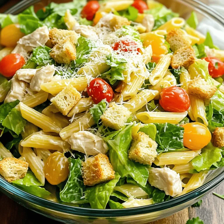 Dieser Hähnchen-Caesar-Nudelsalat ist einfach und lecker. Hier sind die Hauptzutaten: - 2 Tassen Penne-Nudeln - 1 Tasse gekochtes Hähnchen, gewürfelt - 1/2 Tasse Romanasalat, grob gehackt - 1/4 Tasse Kirschtomaten, halbiert - 1/4 Tasse Parmesan, frisch gerieben - 1/4 Tasse Caesar-Dressing - 1 Esslöffel Zitronensaft - 1/4 Teelöffel schwarzer Pfeffer - 1/4 Teelöffel Knoblauchpulver - 1/4 Tasse Croutons (hausgemacht oder gekauft) - Frische Petersilie, gehackt (zum Garnieren) Die Nudeln sind die Basis. Sie geben dem Salat Fülle. Das Hähnchen bringt Protein, während der Romanasalat Frische hinzufügt. Kirschtomaten geben Farbe und Geschmack. Parmesan und Croutons machen den Salat creamy und knusprig. Der Hähnchen-Caesar-Nudelsalat ist nahrhaft. Er bietet eine gute Balance aus Kohlenhydraten, Proteinen und Fetten. Eine Portion enthält ungefähr: - Kalorien: 450 - Protein: 25 g - Kohlenhydrate: 40 g - Fett: 20 g Dieser Salat ist perfekt für ein leichtes Mittagessen oder ein schnelles Abendessen. Er ist sättigend und gibt dir Energie. Du kannst den Salat leicht anpassen. Hier sind einige Optionen: - Glutenfrei: Verwende glutenfreie Nudeln. - Vegetarisch: Lass das Hähnchen weg und füge mehr Gemüse hinzu. - Kalorienarm: Nutze ein leichtes Caesar-Dressing oder weniger Parmesan. Diese Anpassungen machen den Salat für verschiedene Diäten geeignet. Er bleibt lecker, egal wie du ihn anpasst. Du kannst die [Full Recipe] für weitere Tipps und Details nutzen. Koche die Penne-Nudeln in einem großen Topf mit Salzwasser. Halte dich an die Packungsanleitung. Achte darauf, die Nudeln al dente zu kochen. Gieße die Nudeln ab und spüle sie unter kaltem Wasser. Das stoppt den Garprozess. So bleiben die Nudeln schön fest. Nimm eine große Schüssel und gib die abgekühlten Nudeln hinein. Füge das gewürfelte Hähnchen, den grob gehackten Romanasalat und die halbierten Kirschtomaten hinzu. Mische alles gut. Achte darauf, dass sich die Zutaten gleichmäßig verteilen. Dadurch erhält jeder Bissen den vollen Geschmack. Nimm eine kleine Schüssel und verquirle das Caesar-Dressing. Gib den Zitronensaft, den schwarzen Pfeffer und das Knoblauchpulver hinzu. Rühre alles gut um, bis die Mischung glatt ist. Gieße das Dressing über die Nudelmischung. Wende alles vorsichtig, damit die Zutaten gleichmäßig bedeckt sind. Füge den frisch geriebenen Parmesan und die Croutons hinzu. Mische sanft, damit die Croutons knusprig bleiben. Probiere den Salat und passe die Gewürze nach deinem Geschmack an. Für das vollständige Rezept schau dir die [Full Recipe] an. Die Garnierung macht den Salat schön und lecker. Verwende frische Petersilie, um Farbe hinzuzufügen. Du kannst auch extra Parmesan darüber streuen. Für mehr Crunch sind Croutons ideal. Wenn du magst, lege einige Kirschtomaten obendrauf. So sieht der Salat einladend aus. Du kannst den Salat im Voraus zubereiten. Koche die Nudeln und das Hähnchen einen Tag vorher. Lagere sie in einem Kühlschrank. Am nächsten Tag mischst du alles mit dem Dressing. Das spart Zeit und schmeckt trotzdem frisch. Stelle sicher, das Dressing erst kurz vor dem Servieren hinzuzufügen. So bleiben die Croutons knusprig. Ein häufiger Fehler ist, die Nudeln zu lange zu kochen. Sie sollten al dente sein, also bissfest. Achte darauf, das Dressing gleichmäßig zu verteilen. Wenn du zu viel Dressing verwendest, wird der Salat matschig. Probiere den Salat vor dem Servieren. So kannst du die Gewürze nach Geschmack anpassen. Wenn du diese Tipps beachtest, wird dein Hähnchen-Caesar-Nudelsalat perfekt. {{image_4}} Für eine vegetarische Variante kannst du das Hähnchen weglassen. Ersetze es mit Kichererbsen oder gebratenem Tofu. Diese Zutaten geben dir Protein und eine schöne Textur. Du kannst auch geröstete Nüsse hinzufügen, um mehr Crunch zu erhalten. Um deinem Salat mehr Geschmack zu verleihen, probiere, etwas Avocado hinzuzufügen. Sie macht den Salat cremig und lecker. Du kannst auch einige Oliven oder Artischockenherzen einmischen. Diese Zutaten bringen neue Aromen und machen den Salat interessanter. Frische Kräuter wie Basilikum oder Dill geben einen zusätzlichen Frischekick. Im Frühling sind Spargel oder Erbsen toll für deinen Salat. Sie bringen Farbe und Geschmack. Im Sommer kannst du frische Paprika oder Zucchini verwenden. Im Herbst passen geröstete Kürbiswürfel gut dazu. Im Winter sind gebratene Rosenkohlblätter eine tolle Wahl. So bleibt dein Hähnchen-Caesar-Nudelsalat immer spannend! Um Reste des Hähnchen-Caesar-Nudelsalats frisch zu halten, lege sie in einen luftdichten Behälter. So bleibt der Salat knackig und lecker. Wenn du ihn nicht sofort isst, stelle den Behälter in den Kühlschrank. Achte darauf, die Croutons getrennt zu lagern, damit sie nicht weich werden. Im Kühlschrank hält sich der Hähnchen-Caesar-Nudelsalat etwa 2 bis 3 Tage. Nach dieser Zeit kann der Geschmack nachlassen. Achte darauf, vor dem Essen an der Mischung zu riechen und sie zu probieren. Wenn etwas nicht frisch aussieht oder riecht, ist es besser, es wegzuwerfen. Ich empfehle, den Hähnchen-Caesar-Nudelsalat nicht einzufrieren. Die Nudeln und das Dressing können nach dem Auftauen matschig werden. Wenn du jedoch das Hähnchen und die Nudeln getrennt einfrierst, kannst du sie später zusammen verwenden. Achte darauf, die Zutaten gut zu verpacken, um Gefrierbrand zu vermeiden. Du kannst viele Dinge ändern, um das Rezept anzupassen. Zum Beispiel kannst du die Nudeln ersetzen. Vollkornnudeln oder glutenfreie Nudeln funktionieren gut. Das Hähnchen kannst du gegen Garnelen oder Tofu tauschen. Wenn du es würziger magst, füge etwas scharfe Sauce hinzu. Möchtest du mehr Textur? Dann nimm Nüsse oder Samen. Denke daran, die Mengen je nach Geschmack zu variieren. Ja, frisches Gemüse macht deinen Salat noch besser! Du kannst Paprika, Gurken oder Avocado hinzufügen. Diese bringen Farbe und Knackigkeit. Auch Radieschen oder Zucchini passen gut. Achte darauf, sie klein zu schneiden, damit sie sich gut vermischen. Frisches Gemüse macht den Salat gesünder und leckerer. Zu diesem Salat passen viele Beilagen. Ein einfaches Baguette oder Knoblauchbrot ist eine tolle Wahl. Du kannst auch eine leichte Gemüsesuppe servieren. Wenn du etwas Süßes möchtest, sind frische Früchte eine gute Ergänzung. Denke an Melonen oder Beeren. Diese Beilagen runden dein Essen perfekt ab. Dieser Artikel gab dir eine klare Anleitung für einen leckeren Nudelsalat. Wir schauten uns die Zutaten an, schafften eine Schritt-für-Schritt-Anleitung und teilten hilfreiche Tipps. So kannst du Fehler vermeiden und den Salat an deine Diät anpassen. Denke daran, deine Reste richtig zu lagern und die vielen Variationen zu nutzen. Mit diesem Wissen bist du bereit, deinen eigenen Nudelsalat zu genießen und zu verbessern. Viel Spaß beim Ausprobieren!