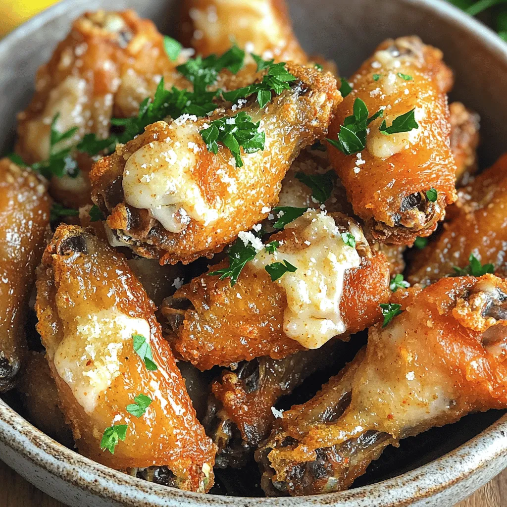 Für die perfekten Air Fryer Garlic Parmesan Wings brauchst du: - 900 g Hühnerflügel, in Drummettes und Flats getrennt - 1 Esslöffel Olivenöl Diese Hauptzutaten sind entscheidend. Die Hühnerflügel sind die Basis und das Olivenöl gibt ihnen Geschmack und hilft beim Garen. Die Gewürze machen deine Flügel besonders lecker. Hier ist, was du brauchst: - 1 Teelöffel Knoblauchpulver - 1 Teelöffel Zwiebelpulver - 1 Teelöffel geräuchertes Paprikapulver - 1 Teelöffel Salz - ½ Teelöffel schwarzer Pfeffer Diese Gewürze bringen viel Geschmack. Der Knoblauch und das Paprika sorgen für ein tolles Aroma und die anderen Gewürze runden alles ab. Frische Zutaten sind wichtig für mehr Aroma. Du benötigst: - 120 g geriebener Parmesan-Käse - 2 Esslöffel frische Petersilie, gehackt - 2 Knoblauchzehen, fein gehackt - Schale von 1 Zitrone - Saft von ½ Zitrone Der Parmesan gibt den Flügeln eine cremige Note. Die frische Petersilie macht sie bunt und der Zitronensaft bringt Frische. Diese Zutaten machen deine Flügel besonders knusprig und lecker. Du findest die vollständige Anleitung in [Full Recipe]. Zuerst musst du die Hühnerflügel vorbereiten. Du kannst sie in Drummettes und Flats teilen. Wasche die Flügel gut unter fließendem Wasser. Trockne sie mit einem Küchentuch. Diese Schritte helfen, das Wasser zu entfernen. So werden die Flügel später knusprig. In einer großen Schüssel vermenge die Hühnerflügel mit 1 Esslöffel Olivenöl. Füge 1 Teelöffel Knoblauchpulver, 1 Teelöffel Zwiebelpulver, 1 Teelöffel geräuchertes Paprikapulver, 1 Teelöffel Salz und ½ Teelöffel schwarzen Pfeffer hinzu. Rühre gut um, bis die Flügel gleichmäßig gewürzt sind. Jetzt kommen die gehackten Knoblauchzehen und die Zitronenschale dazu. Mische alles gründlich. Lass die Flügel für mindestens 15 Minuten marinieren, damit die Aromen gut einziehen. Heize die Heißluftfritteuse auf 200 °C vor. Das dauert etwa 5 Minuten. Lege die gewürzten Flügel in den Korb. Achte darauf, dass sie in einer einzigen Schicht liegen. Koche die Flügel für 25 bis 30 Minuten. Schüttle den Korb nach der Hälfte der Garzeit. So garen die Flügel gleichmäßig. Nach dem Garen nimm die Flügel raus. Streue den geriebenen Parmesan über die heißen Flügel und vermenge alles vorsichtig. Presse frischen Zitronensaft darüber und garniere sie mit gehackter Petersilie. Serviere die Flügel sofort mit deinem Lieblings-Dip. Für das vollständige Rezept schau dir den Full Recipe an. Um knusprige Flügel zu bekommen, gibt es einige Tricks. Achte darauf, die Flügel gut abzutrocknen. Feuchtigkeit macht sie weich. Verwende auch etwas mehr Olivenöl, um den Knusprigkeitsgrad zu erhöhen. Wenn du die Flügel in einer einzelnen Schicht anordnest, garen sie gleichmäßiger. Schüttel den Korb während des Garens regelmäßig. So bekommen alle Seiten die gleiche Hitze. Ein häufiger Fehler ist, die Flügel zu überladen. Wenn zu viele Flügel auf einmal drin sind, kann die Luft nicht gut zirkulieren. Dies führt zu weichen Flügeln. Außerdem kann zu viel Marinade die Flügel auch weich machen. Achte darauf, die Marinade gut abzutropfen, bevor du die Flügel in die Heißluftfritteuse gibst. Eine gut gepflegte Heißluftfritteuse hält länger. Reinige sie nach jeder Benutzung. Entferne Fettrückstände und Essensreste. Verwende warmes Seifenwasser und ein weiches Tuch. Vermeide es, scharfe Gegenstände zu benutzen, die die Beschichtung zerkratzen könnten. Lagere die Heißluftfritteuse an einem trockenen Ort. So bleibt sie in gutem Zustand und bereit für den nächsten Kochabend. {{image_4}} Für Air Fryer Garlic Parmesan Wings kann man die Gewürze leicht ändern. Eine Mischung aus Chili-Pulver und Kreuzkümmel bringt einen scharfen Kick. Wenn du es süßer magst, probiere Honig und Sojasauce. Diese Kombination gibt den Flügeln eine süßliche Note. Du kannst den Parmesan-Käse durch andere Käsesorten ersetzen. Feta oder Gouda sind tolle Optionen. Wenn du keine Knoblauchliebe hast, lass ihn weg und nutze stattdessen Zitronenpfeffer. So passt das Rezept gut zu deinem Geschmack. Für eine vegetarische Variante nimm Blumenkohl oder Tofuwürfel. Marinier sie gleich wie die Flügel. Gare sie dann in der Heißluftfritteuse. So erhältst du eine köstliche, gesunde Snack-Option. Diese Alternativen sind nicht nur lecker, sondern auch nahrhaft. Wenn du mehr über die Zubereitung erfahren möchtest, schau dir das [Full Recipe] an. Wenn Sie Flügel übrig haben, lagern Sie sie in einem luftdichten Behälter. Lassen Sie sie abkühlen, bevor Sie sie einpacken. So bleiben sie frisch und lecker. Sie können sie bis zu drei Tage im Kühlschrank aufbewahren. Wenn Sie mehr Zeit haben, frieren Sie die Flügel ein. Um die Flügel wieder heiß und knusprig zu machen, nutzen Sie die Heißluftfritteuse. Heizen Sie sie auf 180 °C vor und geben Sie die Flügel für etwa 5 bis 10 Minuten hinein. So bleiben sie knusprig und schmecken fast wie frisch zubereitet. Alternativ können Sie auch den Ofen verwenden, um die Flügel gleichmäßig zu erhitzen. Im Kühlschrank halten sich die Flügel bis zu drei Tage. Im Gefrierschrank können sie bis zu drei Monate bleiben. Achten Sie darauf, die Flügel gut einzupacken, um Frostbrand zu vermeiden. Wenn Sie die Flügel auftauen, lassen Sie sie über Nacht im Kühlschrank. So bleiben sie sicher und köstlich. Es dauert etwa 25 bis 30 Minuten, bis die Hühnerflügel gar sind. Ich empfehle, die Flügel nach der Hälfte der Zeit zu schütteln. So werden sie gleichmäßig knusprig und goldbraun. Achte darauf, dass deine Heißluftfritteuse gut vorgeheizt ist. Das hilft, die Flügel perfekt zu garen. Ja, du kannst die Flügel im Voraus zubereiten. Marinieren ist der Schlüssel. Du kannst die Hühnerflügel mit Gewürzen und Öl einige Stunden oder sogar über Nacht im Kühlschrank lassen. Dadurch ziehen die Aromen gut ein. Wenn du bereit bist, kannst du sie einfach in die Heißluftfritteuse geben und garen. Du kannst die Flügel gesünder machen, indem du weniger Öl verwendest. Stattdessen kannst du die Hühnerflügel auch mit Gewürzen und Kräutern würzen. Eine andere Option ist, die Haut zu entfernen. So vermeidest du zusätzliches Fett. Experimentiere mit verschiedenen Gewürzen, um den Geschmack zu variieren, ohne die Kalorien zu erhöhen. Um die perfekten Hühnerflügel zuzubereiten, ist es wichtig, die richtigen Zutaten und Schritte zu kennen. Wir haben die besten Zutaten, Gewürze und frischen Zutaten besprochen. Auch die Vorbereitung, das Marinieren und die Zubereitung in der Heißluftfritteuse waren Themen. Denke an unsere Tipps für knusprige Flügel und wie du Fehler vermeidest, die zu weichen Flügeln führen. Variationen und Lagerinformationen sind ebenfalls wichtig, um das beste Ergebnis zu erzielen. Nutze dieses Wissen, um köstliche Flügel zu machen und zu genießen!