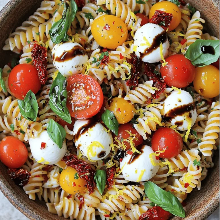 - 225 g Pasta (Fusilli oder Penne) - 240 ml frische Kirschtomaten, halbiert - 240 g Mozzarella-Kugeln, halbiert - 60 ml getrocknete Tomaten, gehackt - 125 ml frische Basilikumblätter, grob zerrissen - 45 ml Balsamico-Glasur - 30 ml extra natives Olivenöl - Salz und Pfeffer nach Geschmack - 1/4 Teelöffel rote Pfefferflocken (optional) Um einen leckeren Caprese Pasta Salad zu machen, brauchst du frische und einfache Zutaten. Die Hauptbestandteile wie Pasta, Kirschtomaten und Mozzarella sind wichtig. Sie sorgen für den klassischen Geschmack. Die zusätzlichen Zutaten bringen das Gericht auf die nächste Stufe. Die getrockneten Tomaten geben einen intensiven Geschmack. Frische Basilikumblätter sorgen für einen tollen Duft und Geschmack. Die Balsamico-Glasur macht alles noch besser. Die Gewürze sind das i-Tüpfelchen. Olivenöl bringt die Zutaten zusammen. Salz und Pfeffer sind wichtig für den Geschmack. Wenn du es etwas schärfer magst, füge die roten Pfefferflocken hinzu. Die Kombination dieser Zutaten macht deinen Salat frisch und lecker. Bereite alles vor und genieße den Prozess. Für das vollständige Rezept siehe die Full Recipe. Zuerst musst du Wasser vorbereiten. Nimm einen großen Topf und fülle ihn mit Wasser. Füge eine großzügige Prise Salz hinzu. Das Salz gibt der Pasta Geschmack. Bringe das Wasser zum Kochen. Koche die Pasta für etwa 8 bis 10 Minuten, bis sie al dente ist. Al dente bedeutet, dass die Pasta fest, aber nicht hart ist. Gieße die Pasta ab und spüle sie mit kaltem Wasser ab. Das stoppt den Kochprozess und kühlt die Nudeln ab. Jetzt ist es Zeit, die Hauptbestandteile zu mischen. Nimm eine große Schüssel und füge die gekochte Pasta hinzu. Gib die halbierten Kirschtomaten, Mozzarella-Kugeln und grob zerrissenen Basilikumblätter dazu. Füge auch die gehackten getrockneten Tomaten hinzu. Diese Mischung schmeckt frisch und bunt. Als nächstes bereitest du das Dressing vor. In einer kleinen Schüssel verrühre die Balsamico-Glasur, das Olivenöl, den Zitronenabrieb, Salz, Pfeffer und die roten Pfefferflocken (wenn du Schärfe magst). Rühre alles gut um, bis die Sauce gleichmäßig ist. Gieße das Dressing über den Salat. Vermenge alles vorsichtig, damit die Zutaten gleichmäßig bedeckt sind. Es ist wichtig, dass jede Nudel und jedes Gemüse gut mit der Sauce in Kontakt kommt. Lasse den Nudelsalat mindestens 30 Minuten im Kühlschrank ziehen. So können sich die Aromen gut entfalten. Wenn du den Salat kalt servierst, schmeckt er am besten. Du kannst ihn auch mit frischem Basilikum garnieren, um das Aussehen zu verbessern. Für das komplette Rezept, schau dir [Full Recipe] an. Wie erreicht man die richtige Konsistenz beim Kochen? Koche die Pasta in einem großen Topf mit viel Wasser. Füge eine großzügige Prise Salz hinzu. Achte darauf, die Pasta nur bis al dente zu kochen, also etwas bissfest. So bleibt sie beim Mischen mit den anderen Zutaten perfekt. Um die Pasta abzukühlen, gieße sie nach dem Kochen in ein Sieb. Spüle die Nudeln unter kaltem Wasser ab. Dies stoppt den Garprozess und hilft, die Pasta nicht zusammenkleben zu lassen. Probiere verschiedene Dressing-Variationen, um neue Geschmäcker zu entdecken. Ein einfaches Balsamico-Dressing ist klassisch, aber du kannst auch Olivenöl mit Zitronensaft mischen. Das bringt Frische und einen schönen Kick. Verwende frische Kräuter, um mehr Aromen hinzuzufügen. Basilikum ist ein Muss für Caprese Pasta Salad. Du kannst auch Petersilie oder Oregano ausprobieren. Frische Kräuter geben dem Gericht mehr Tiefe und Geschmack. Die Garnierung macht viel aus. Füge frische Basilikumblätter obenauf hinzu. Das sieht toll aus und bringt zusätzlichen Geschmack. Du kannst auch etwas geriebenen Parmesan darüber streuen. Serviere den Salat in einer großen Schüssel oder auf einem schönen Teller. So sieht er einladend aus. Stelle sicher, dass er gut gekühlt ist, bevor du ihn servierst. So genießen alle die frischen Aromen am besten. {{image_4}} Du kannst dem Caprese Pasta Salad etwas Abwechslung geben. Eine Avocado bringt Cremigkeit und einen milden Geschmack. Einfach die Avocado in Würfel schneiden und vorsichtig unter die anderen Zutaten mischen. Oliven sind eine weitere tolle Option. Sie fügen einen salzigen Geschmack hinzu, der gut zu den Tomaten passt. Verwende schwarze oder grüne Oliven, je nach deinem Geschmack. Wenn du eine vegane Variante möchtest, ersetze den Mozzarella durch pflanzlichen Mozzarella. Er ist oft auf Basis von Nüssen oder Soja. Für das Dressing kannst du Balsamico-Essig anstelle der Balsamico-Glasur verwenden. Es gibt auch viele leckere Alternativen, wie Apfelessig oder Zitronensaft. Diese sorgen für den nötigen Säurekick. Die Zutaten können je nach Saison variieren. Im Sommer sind reife Tomaten und frisches Basilikum ideal. Im Herbst kannst du Kürbis oder geröstete Paprika hinzufügen. Diese bringen neue Aromen in den Salat. Experimentiere mit saisonalen Gemüsen für einen besonderen Twist. Um deinen Caprese Pasta Salad frisch zu halten, lagere ihn in einem luftdichten Behälter. Stelle sicher, dass die Temperatur im Kühlschrank bei etwa 4 Grad Celsius liegt. So bleiben die Aromen intensiv. Der Salat hält sich bis zu drei Tage. Nach dieser Zeit kann die Qualität nachlassen. Du kannst die Zutaten im Voraus vorbereiten. Koche die Pasta und schneide das Gemüse einen Tag vorher. So sparst du Zeit am Tag des Servierens. Allerdings solltest du die Sauce erst kurz vor dem Servieren hinzufügen, damit der Salat frisch bleibt. Einfrieren von Zutaten ist nicht ideal. Die Textur der frischen Zutaten leidet. Wenn du Reste hast, benutze sie in anderen Gerichten, anstatt sie einzufrieren. Hast du Reste vom Caprese Pasta Salad? Das ist super! Du kannst ihn als Füllung für ein Sandwich oder Wrap verwenden. Eine weitere Idee ist, ihn in Omeletts zu mischen. Wenn du noch frische Zutaten hast, versuche sie in einer Suppe oder einem anderen Salat zu verwenden. Das gibt dir neue, leckere Möglichkeiten, den Geschmack zu genießen. Der Caprese Pasta Salad bleibt im Kühlschrank etwa drei bis fünf Tage frisch. Achte darauf, ihn in einem luftdichten Behälter zu lagern. So bleibt er knackig und lecker. Nach ein paar Tagen kann die Pasta jedoch etwas weicher werden. Daher genieße ihn am besten frisch! Ja, du kannst andere Käsesorten verwenden! Feta oder Ziegenkäse sind tolle Alternativen zu Mozzarella. Diese Käsesorten bringen unterschiedliche Geschmäcker und Texturen. Wenn du etwas Cremiges möchtest, versuche Ricotta. Experimentiere mit deinen Lieblingskäsen, um neue Aromen zu entdecken. Zu Caprese Pasta Salad passen viele Beilagen gut. Hier sind einige Vorschläge: - Gegrilltes Gemüse wie Zucchini oder Paprika. - Bruschetta mit frischen Tomaten und Basilikum. - Ein einfacher grüner Salat mit einem leichten Dressing. Diese Beilagen ergänzen den Salat perfekt und sorgen für ein ausgewogenes Essen. Zusammenfassend bietet das Rezept für Caprese Pasta Salad eine einfache, köstliche Kombination aus frischen Zutaten. Sie brauchen nur Pasta, Kirschtomaten und Mozzarella. Der Balsamico und die Gewürze verleihen dem Gericht Tiefe. Experimentieren Sie mit Variationen wie Avocado oder veganem Käse. Beachten Sie, wie Sie Ihren Salat lagern und vorbereiten können. Mit frischen Kräutern und kreativen Garnierungen wird jeder Biss zum Genuss. Genießen Sie diesen Salat, wann immer Sie frische Aromen lieben!