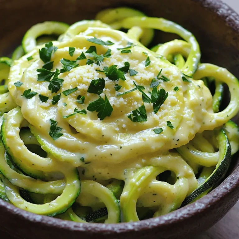 Für dieses köstliche Gericht benötigst du folgende Hauptzutaten: - 4 mittlere Zucchini, spiralisiert - 1 Tasse Blumenkohlröschen - 1 Tasse ungesüßte Mandelmilch - 3 Esslöffel Nährhefe - 2 Esslöffel Olivenöl - 2 Knoblauchzehen, fein gehackt - 1 Teelöffel Zwiebelpulver - 1/2 Teelöffel Muskatnuss - Salz und Pfeffer nach Geschmack Die Zucchini sind die Hauptzutat. Sie liefern einen frischen Geschmack und eine knackige Textur. Der Blumenkohl sorgt für die cremige Basis unserer Sauce. Mandelmilch macht die Sauce leicht und gesund. Nährhefe gibt einen käsigen Geschmack, ohne echte Milchprodukte zu verwenden. Gewürze wie Knoblauch und Muskatnuss bringen Tiefe in den Geschmack. Du kannst das Gericht noch verfeinern mit: - Frischer Petersilie, gehackt (zum Garnieren) - Geriebener Parmesan (optional, zum Bestreuen) Die frische Petersilie bringt Farbe und einen leichten Geschmack. Parmesan fügt eine weitere Schicht von Umami hinzu. Du kannst ihn weglassen, wenn du das Gericht vegan halten möchtest. Für das vollständige Rezept schau dir die [Full Recipe] an. Um die Zucchini-Nudeln zu machen, benutze einen Spiralizer. Wenn du keinen Spiralizer hast, schäle die Zucchini mit einem Gemüse-Schäler. Schneide sie in dünne Streifen. Achte darauf, gleichmäßige Stücke zu machen. Lege die Zucchini-Nudeln dann beiseite. So bleiben sie frisch und knackig. Nimm einen Topf und bringe Wasser zum Kochen. Füge die Blumenkohlröschen hinzu. Koche sie etwa fünf Minuten. Sie sollten weich, aber nicht matschig sein. Nach dem Kochen, lasse sie gut abtropfen. Stelle den Blumenkohl dann beiseite. Jetzt kommt der spannende Teil! Gib den gekochten Blumenkohl in einen Mixer. Füge die ungesüßte Mandelmilch, Nährhefe, Knoblauch, Zwiebelpulver und Muskatnuss hinzu. Schmecke mit Salz und Pfeffer ab. Mixe alles, bis die Mischung cremig ist. Das ist die Basis für deine leckere Sauce. Erhitze etwas Olivenöl in einer großen Pfanne. Wenn das Öl heiß ist, füge die Zucchini-Nudeln hinzu. Brate sie für zwei bis drei Minuten an. Sie sollten zart, aber noch bissfest sein. Gieße dann die cremige Sauce über die Nudeln. Rühre alles gut um, damit sich die Sauce verteilt. Lasse das Gericht zwei bis drei Minuten auf dem Herd, bis es warm ist. Probiere die Mischung und passe die Würze nach deinem Geschmack an. Für das komplette Rezept, kannst du die [Full Recipe] anschauen. Um die besten Zucchini-Nudeln zu machen, vermeide zu viel Feuchtigkeit. Wenn die Zucchini zu nass ist, wird dein Gericht wässrig. Nach dem Spiralieren lege die Zucchini-Nudeln auf ein Küchentuch. Drücke vorsichtig, um überschüssige Flüssigkeit zu entfernen. Dies sorgt für eine bessere Textur und Geschmack. Du kannst die Sauce leicht variieren, um neue Aromen zu entdecken. Füge frische Kräuter wie Basilikum oder Thymian hinzu. Diese Kräuter bringen frische Noten in dein Gericht. Auch Gewürze wie Paprika oder Kreuzkümmel können die Sauce aufpeppen. Probiere verschiedene Kombinationen, um deinen perfekten Geschmack zu finden. Wenn du mehr Cremigkeit willst, experimentiere mit der Menge der Mandelmilch. Beginne mit der angegebenen Menge und füge dann schrittweise mehr hinzu. Mixe die Sauce nach jeder Anpassung, um die gewünschte Konsistenz zu erreichen. Zu viel Mandelmilch kann die Sauce jedoch dünn machen, also sei vorsichtig. Für die vollständige Anleitung mit allen Zutaten, schau dir das [Full Recipe] an. {{image_4}} Um Zucchini Noodle Alfredo vegan zu machen, wähle pflanzliche Alternativen. Für die Mandelmilch kannst du Hafermilch oder Sojamilch verwenden. Beide sind reichhaltig und cremig. Anstelle von Nährhefe kannst du Cashewkerne nehmen. Weiche sie ein paar Stunden ein und püriere sie mit Wasser. Das gibt eine tolle Konsistenz und einen nussigen Geschmack. Du kannst dieses Gericht leicht anpassen. Füge zusätzliche Gemüse hinzu, wie Spinat oder Karotten. Das gibt mehr Farbe und Nährstoffe. Für Proteinquellen sind Kichererbsen oder Linsen eine gute Wahl. Sie passen gut zu den Zucchini-Nudeln und machen das Gericht sättigender. Du kannst auch Süßkartoffeln verwenden. Spiralisiere sie für eine süße Note. Auch Karotten oder Rettich sind tolle Optionen. Diese Gemüsesorten bringen neue Aromen und Farben ins Gericht. Probiere verschiedene Varianten aus, um deinen Favoriten zu finden. Um deine Zucchini Noodle Alfredo frisch zu halten, lagere die Reste in einem luftdichten Behälter. Stelle sicher, dass der Behälter gut verschlossen ist. Lege ihn in den Kühlschrank. So bleibt das Gericht bis zu drei Tage frisch. Vermeide, die Zucchini-Nudeln und die Sauce getrennt zu lagern. Sie vermischen sich besser, wenn du sie gemeinsam aufbewahrst. Wenn du die Reste aufwärmen möchtest, nutze eine Pfanne. Erhitze sie bei mittlerer Hitze. Füge einen kleinen Schuss Wasser oder Mandelmilch hinzu. So bleibt das Gericht nicht trocken. Rühre die Mischung gut um und wärme sie für etwa fünf Minuten auf. Du kannst auch die Mikrowelle verwenden, aber achte darauf, die Mischung nicht zu überhitzen. Die Zucchini Noodle Alfredo hält sich im Kühlschrank bis zu drei Tage. Wenn du die Reste länger aufbewahren möchtest, friere sie ein. In einem gefrierfesten Behälter bleibt das Gericht bis zu drei Monate gut. Achte darauf, die Mischung vor dem Einfrieren gut abzukühlen. So bleibt die Textur beim Auftauen besser. Wenn du keinen Spiralizer hast, keine Sorge! Du kannst einen Gemüseschäler benutzen. Schäle die Zucchini in lange Streifen. Diese Methode erzeugt flache Nudeln, die ebenfalls gut schmecken. Du kannst auch eine Reibe verwenden, um dünne Streifen zu machen. Achte darauf, die Zucchini nicht zu zerdrücken. Ja, du kannst andere Gemüse verwenden! Karotten und Süßkartoffeln sind gute Alternativen. Sie geben einen süßen Geschmack. Du kannst auch Gurken verwenden, um frische Nudeln zu machen. Denke daran, die Kochzeit anzupassen. Jedes Gemüse hat seine eigene Zartheit. Um die Sauce dicker zu machen, füge mehr Nährhefe hinzu. Sie gibt der Sauce einen reichhaltigen Geschmack. Du kannst auch etwas mehr Blumenkohl pürieren, um mehr Dicke zu erreichen. Eine weitere Option ist, die Sauce länger zu kochen, um die Flüssigkeit zu reduzieren. Achte darauf, die Hitze nicht zu hoch zu stellen. Ja, dieses Gericht ist glutenfrei! Die Zucchini ist natürlich glutenfrei. Achte darauf, dass alle anderen Zutaten auch glutenfrei sind. Mandelmilch und Nährhefe sind gute Optionen. Überprüfe die Etiketten, um sicherzugehen. Zu Zucchini-Noodle Alfredo passen viele Beilagen gut. Ein frischer grüner Salat ist perfekt. Du kannst auch geröstetes Gemüse oder knuspriges Brot servieren. Diese Beilagen ergänzen das Gericht und machen es bunter. Probiere verschiedene Kombinationen aus! Zusammenfassend haben wir die Hauptzutaten, die Zubereitung und nützliche Tipps für Zucchini-Noodle Alfredo besprochen. Du kannst mit Zucchini, Blumenkohl und Gewürzen spielen, um deine perfekte Sauce zu kreieren. Variationen wie vegane Optionen erweitern dein Rezept. Denke daran, Reste richtig zu lagern, um sie frisch zu halten. Mit diesen einfachen Schritten machst du ein gesundes Gericht, das nicht nur lecker, sondern auch vielseitig ist. Probiere es aus und genieße die Kreativität beim Kochen.