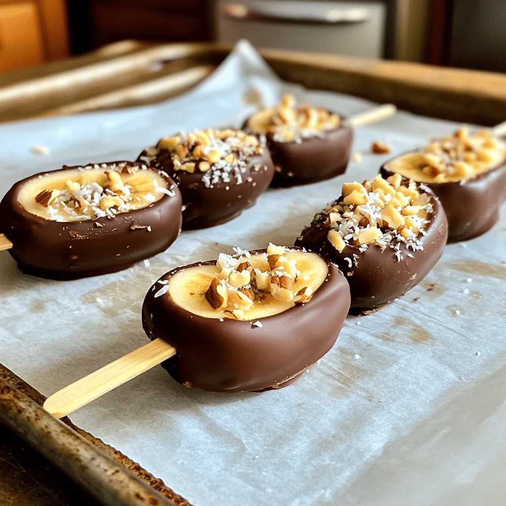 Um leckere schokoladenüberzogene gefrorene Bananen zu machen, benötigst du: - 4 reife Bananen - 1 Tasse Zartbitterschokoladenstückchen (oder Milchschokolade, nach Vorliebe) - 1 Esslöffel Kokosöl - 1/4 Tasse gehackte Nüsse (Walnüsse oder Mandeln) - 1/4 Tasse ungesüßte Kokosraspeln - Eine Prise Meersalz (zum Bestreuen) Diese Zutaten sind einfach zu finden und machen deinen Snack besonders lecker. Du kannst das Rezept nach deinem Geschmack ändern. Hier sind einige Ideen: - Verwende weiße Schokolade anstelle von Zartbitter. - Füge etwas Vanilleextrakt zur Schokolade hinzu. - Probiere verschiedene Nüsse oder Samen aus. - Streue etwas Zimt oder Kakao über die Schokolade. Diese Optionen geben deinem Snack eine persönliche Note. Die Wahl der Schokolade ist wichtig. Zartbitterschokolade hat einen reichen Geschmack. Sie passt gut zu den süßen Bananen. Milchschokolade ist süßer und cremiger. Achte darauf, eine gute Qualität zu wählen. Hochwertige Schokolade schmilzt besser und schmeckt intensiver. Für die besten Ergebnisse empfehle ich, die Schokolade im Wasserbad zu schmelzen. So bleibt sie glatt und glänzend. Wenn du mehr über das gesamte Rezept erfahren möchtest, schau dir die Full Recipe an. Zuerst wähle vier reife Bananen. Achte darauf, dass sie nicht zu weich sind. Schäl die Bananen vorsichtig. Schneide jede Banane in der Mitte durch. So erhältst du acht gleich große Stücke. Stecke in jedes Stück einen Holzstäbchen. Das macht das Essen einfacher. Lege die Bananenstücke auf ein Backblech mit Backpapier. Stelle das Blech für eine Stunde ins Gefrierfach. So werden die Bananen fest und gut zum Eintauchen. Nimm eine Tasse Zartbitterschokoladenstückchen. Du kannst auch Milchschokolade verwenden, wenn du magst. Gib einen Esslöffel Kokosöl dazu. Das Öl hilft der Schokolade, schön glänzend zu werden. Erhitze die Mischung in der Mikrowelle. Mach das in 30-Sekunden-Intervallen. Rühre die Schokolade nach jedem Intervall um. Achte darauf, dass die Schokolade glatt wird. Wenn sie fertig ist, nimm sie vorsichtig heraus. Hole die gefrorenen Bananen aus dem Gefrierfach. Tauche jedes Bananenstück in die geschmolzene Schokolade. Achte darauf, dass es vollständig bedeckt ist. Während die Schokolade noch weich ist, streue schnell die gehackten Nüsse oder Kokosraspeln darüber. Das gibt extra Geschmack und Crunch. Lege die ummantelten Bananen zurück auf das Backblech. Bestreue sie mit einer Prise Meersalz. Das hebt den Geschmack hervor. Stelle das Blech wieder ins Gefrierfach. Lass die Bananen für 30 Minuten kühlen, bis die Schokolade fest ist. Jetzt sind deine Schokoladenüberzogenen gefrorenen Bananen bereit zu genießen! Du kannst das vollständige Rezept für mehr Details finden. Um die besten gefrorenen Bananen zu machen, muss man sie richtig einfrieren. Wähle reife Bananen, die süß und leicht braun sind. Schneide sie in Stücke und stecke einen Holzstäbchen in jedes Stück. Lege die Bananen auf ein mit Backpapier ausgelegtes Blech. Achte darauf, dass sie nicht berühren. Friere sie mindestens eine Stunde lang ein. So bleiben sie fest und leicht zu tauchen. Die Schokolade ist der Star dieses Snacks. Verwende Zartbitterschokolade für einen kräftigen Geschmack oder Milchschokolade für etwas Süßes. Mische die Schokolade mit einem Esslöffel Kokosöl. Das Öl macht die Schokolade glatt und glänzend. Schmelze die Schokolade in der Mikrowelle in kurzen Intervallen. Rühre nach jedem Intervall gut um. So verhinderst du, dass die Schokolade anbrennt. Du kannst dein Rezept ganz einfach anpassen. Füge verschiedene Toppings hinzu, wie Nüsse oder Kokosraspeln. Du kannst auch Gewürze wie Zimt oder Vanille verwenden. Für einen extra Kick, probiere etwas Meersalz oben drauf. Wenn du vegan bist, wähle dunkle Schokolade und lasse das Kokosöl weg. So passt dieses Rezept zu vielen Vorlieben und Diäten. Für das vollständige Rezept, schau dir die Anleitung in der Full Recipe an. {{image_4}} Du kannst deine gefrorenen Bananen ganz einfach aufpeppen. Probiere Zimt oder Vanilleextrakt für einen zusätzlichen Kick. Auch Erdnussbutter oder Mandelbutter sind tolle Ergänzungen. Sie machen die Bananen noch cremiger und leckerer. Wenn du etwas Crunch suchst, füge noch Krokant oder zerbröselte Kekse hinzu. Diese Toppings geben dir verschiedene Texturen und Geschmäcker. Deine Gäste werden begeistert sein! Für vegane Schokoladenüberzüge wähle einfach dunkle Schokolade ohne Milchbestandteile. Es gibt viele Marken, die vegane Optionen anbieten. Diese sind oft ebenso lecker und genauso sättigend. Glutenfreie Menschen können dieses Rezept bedenkenlos genießen. Alle Zutaten sind von Natur aus glutenfrei. Achte jedoch darauf, dass die Schokolade keine glutenhaltigen Zusätze hat. So bleibt dein Snack für alle geeignet. Die Wahl der Schokolade beeinflusst den gesamten Geschmack. Zartbitter ist intensiv und passt gut zur Süße der Banane. Milchschokolade gibt eine cremige Note und ist süßer. Für ein besonderes Aroma kannst du auch weiße Schokolade verwenden. Sie hat eine andere Süße, die die Bananen toll ergänzt. Experimentiere mit verschiedenen Schokoladen, um deinen Lieblingsgeschmack zu finden. So wird jede Bananenvariation zu einem einzigartigen Erlebnis. Verpasse nicht die Anleitung zum Rezept [Full Recipe]. Um die Schokoladenüberzogenen gefrorenen Bananen frisch zu halten, lege sie in einen luftdichten Behälter. Stelle sicher, dass die Bananen nicht übereinander liegen, um das Ankleben zu vermeiden. Du kannst auch ein Blatt Backpapier zwischen die Stücke legen. So bleiben sie hübsch und unversehrt. Um die Haltbarkeit zu verlängern, friere die Bananen sofort nach dem Dippen ein. Achte darauf, die Schokolade gut aushärten zu lassen. Die gefrorenen Bananen halten bis zu einer Woche im Gefrierfach. Wenn du sie länger aufbewahren möchtest, kannst du auch die Schokolade ganz weglassen und die Bananen pur einfrieren. Überprüfe die Bananen vor dem Verzehr. Wenn du braune Flecken oder einen unangenehmen Geruch bemerkst, sind sie nicht mehr gut. Auch eine matschige Textur zeigt, dass die Bananen alt sind. Wenn du Anzeichen von Frostbrand siehst, ist es besser, sie nicht zu essen. Achte darauf, die Bananen frisch zu genießen! Gefrorene Schokoladenbananen bleiben im Gefrierfach bis zu einer Woche frisch. Sie sind also ein toller Snack, den man im Voraus zubereiten kann. Achte darauf, sie in einem luftdichten Behälter zu lagern. So bleibt die Schokolade knusprig und die Bananen lecker. Ja, du kannst auch andere Früchte verwenden! Äpfel, Erdbeeren oder Ananas sind großartige Alternativen. Schneide sie in Stücke und folge dem gleichen Rezept. Jede Frucht bringt ihren eigenen Geschmack mit. Das macht das Rezept noch spannender. Für das Überziehen empfehle ich Zartbitterschokolade. Sie hat einen tollen Geschmack und passt gut zu den süßen Bananen. Du kannst auch Milchschokolade verwenden, wenn du es süßer magst. Probiere auch weiße Schokolade aus! Jede Schokoladenart gibt den Bananen eine eigene Note. Schokoladenüberzogene gefrorene Bananen sind einfach und lecker. Wir haben die Zutaten, Schritte und einige nützliche Tipps besprochen. Du kannst mit verschiedenen Schokoladen und Toppings spielen. Denke daran, die Bananen gut zu lagern, um ihre Frische zu bewahren. Probiere auch neue Ideen aus, um deinen eigenen Twist hinzuzufügen. Diese Snacks sind gesund und machen Spaß. Mach dir bereit, deine Kreationen zu genießen!
