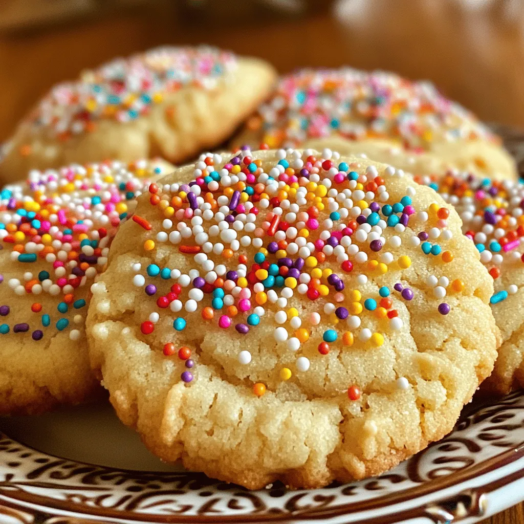 Für diese weichen Streuselkekse brauchst du einige einfache Zutaten. Hier ist die Liste: - 2 ¾ Tassen Weizenmehl - 1 Teelöffel Natron - ½ Teelöffel Backpulver - 1 Tasse ungesalzene Butter, weich - 1 ½ Tassen Kristallzucker - 1 Ei - 1 Teelöffel Vanilleextrakt - ½ Teelöffel Mandelextrakt - ½ Teelöffel Salz - ½ Tasse bunte Streusel Diese Zutaten sind einfach zu finden. Sie bilden die perfekte Basis für deine Kekse. Achte darauf, dass die Butter weich ist. Das hilft, die Kekse schön zart zu machen. Die richtigen Sprinkles machen deine Kekse noch schöner. Du kannst viele verschiedene Sprinkles verwenden: - Bunte Zuckerstreusel - Schokoladenstreusel - Glitzernde Zuckerdekorationen Ich liebe es, die bunten Sprinkles zu verwenden. Sie bringen Farbe und Freude in jedes Gebäck. Du kannst auch saisonale Sprinkles wählen, um spezielle Anlässe zu feiern. Wenn du eine glutenfreie Diät hast, kannst du das Weizenmehl ersetzen. Hier sind einige Alternativen: - Glutenfreies Mehl (z.B. Mandel- oder Reismehl) - Hafermehl Diese Mehle bieten eine gute Konsistenz. Sie sorgen dafür, dass die Kekse genauso lecker bleiben. Du kannst auch vegane Butter verwenden, wenn du eine vegane Option suchst. So kannst du die Kekse für jeden Anlass anpassen. Heize deinen Ofen auf 175°C (350°F) vor. Dies hilft den Keksen, gleichmäßig zu backen. Bereite zwei Backbleche mit Backpapier vor. Das Backpapier verhindert, dass die Kekse kleben bleiben. Stelle alle Zutaten bereit, damit du sie schnell nutzen kannst. Du brauchst Weizenmehl, Natron, Backpulver, Butter, Zucker, ein Ei, Vanilleextrakt, Mandelextrakt, Salz und bunte Streusel. Diese Zutaten sind wichtig für den perfekten Geschmack und die Textur. Beginne mit der Mischung der trockenen Zutaten. In einer mittelgroßen Schüssel vermenge das Weizenmehl, Natron, Backpulver und Salz gut. Das sorgt für eine gleichmäßige Verteilung. In einer großen Schüssel schlägst du die weiche Butter und den Kristallzucker für etwa 2-3 Minuten. Die Mischung sollte leicht und luftig sein. Füge dann das Ei, Vanille- und Mandelextrakt hinzu und verrühre alles gut. Mische die trockenen Zutaten schrittweise unter die Butter-Zucker-Mischung. Rühre nur so lange, bis alles kombiniert ist. Zu viel Rühren macht die Kekse hart. Füge zuletzt vorsichtig die bunten Streusel hinzu. Falten sorgt dafür, dass die Streusel gleichmäßig verteilt sind. Nutze einen Esslöffel oder einen Kekslöffel, um den Teig auf die Backbleche zu setzen. Lass etwa 5 cm Platz zwischen den Keksen. Backe sie im vorgeheizten Ofen für 10-12 Minuten. Die Ränder sollten leicht goldbraun sein, während die Mitte weich bleibt. Nach dem Backen nimm die Kekse aus dem Ofen und lasse sie 5 Minuten auf den Blechen abkühlen. Danach lege sie auf ein Kuchengitter, um vollständig abzukühlen. Du wirst sehen, wie sie weich und lecker werden! Um die perfekte weiche Textur für Ihre Kekse zu erreichen, gibt es einige einfache Schritte. Zuerst verwenden Sie weiche Butter. Dies hilft, die Kekse leicht und luftig zu machen. Schlagen Sie die Butter gut mit dem Zucker, bis die Mischung hell ist. Achten Sie darauf, nicht zu viel zu rühren, wenn Sie die trockenen Zutaten hinzufügen. Mischen Sie alles nur so lange, bis es gerade verbunden ist. Das sorgt für die ideale Konsistenz. Ein häufiger Fehler ist das Überbacken der Kekse. Backen Sie sie nur, bis die Ränder leicht goldbraun sind. Die Mitte sollte weich bleiben. Ein weiterer Fehler ist das falsche Messen der Zutaten. Verwenden Sie eine Küchwaage oder Tassen, um genau zu messen. Achten Sie darauf, die trockenen Zutaten gut zu vermischen, bevor Sie sie hinzufügen. So vermeiden Sie Klumpen im Teig. Die Dekoration mit Streuseln macht diese Kekse besonders. Sie können verschiedene Farben und Formen wählen. Probieren Sie saisonale Streusel für Feiertage aus. Eine andere Idee ist, die Kekse in geschmolzene Schokolade zu tauchen und dann mit Streuseln zu bestreuen. Das macht sie noch leckerer und sieht toll aus. Wenn Sie möchten, können Sie auch etwas Puderzucker darüber streuen, um einen schönen Kontrast zu schaffen. Für das volle Erlebnis schauen Sie sich das [Full Recipe] an. {{image_4}} Die klassischen Soft Sprinkle Sugar Cookies sind lecker, aber du kannst sie auch anpassen. Ein beliebter Geschmack ist Zitronen. Füge etwas Zitronenschale und -saft hinzu. So erhältst du frische und fruchtige Kekse. Eine andere Variante ist Schokolade. Mische Schokoladenstückchen unter den Teig. Das gibt den Keksen eine süße Überraschung. Du kannst auch Gewürze wie Zimt oder Muskatnuss verwenden. Diese geben den Keksen einen warmen und herzlichen Geschmack. Sprinkles sind die Farben und der Spaß in deinen Keksen. Du kannst verschiedene Stile verwenden. Herzchenstreusel sind perfekt für den Valentinstag. Für Geburtstagsfeiern eignen sich bunte Streusel. Glitzerstreusel bringen einen magischen Touch. Du kannst auch saisonale Farben nutzen. Rot und Grün für Weihnachten oder Pastellfarben für Ostern. Lass deiner Kreativität freien Lauf! Für besondere Anlässe kannst du die Kekse leicht anpassen. Für Halloween verwende schwarze und orange Sprinkles. Für den Geburtstag deiner Kinder kannst du die Kekse mit bunten Zuckerguss dekorieren. Du kannst auch kleine Dekorationen hinzufügen, wie essbare Glitzersterne. Diese kleinen Details machen deine Kekse besonders. Zudem kannst du die Größe der Kekse variieren. Kleinere Kekse sind toll für Partys, während größere Kekse ein Hit auf dem Desserttisch sind. So passt du die Kekse jedem Anlass an. Um die Frische Ihrer Weichen Soft Sprinkle Sugar Cookies zu bewahren, lagern Sie sie in einem luftdichten Behälter. Verwenden Sie eine Keksdose oder eine Behälter mit Deckel. Stellen Sie sicher, dass die Kekse vollständig abgekühlt sind, bevor Sie sie lagern. Wenn Sie sie warm lagern, kann sich Feuchtigkeit bilden und die Kekse werden matschig. Fügen Sie ein Stück Brot in den Behälter hinzu. Das Brot hilft, die Kekse weich zu halten. Das Einfrieren ist eine großartige Methode, um die Kekse länger frisch zu halten. Lassen Sie die Kekse zuerst ganz abkühlen. Legen Sie sie dann in einen Gefrierbeutel oder einen luftdichten Behälter. Trennt die Kekse mit Backpapier, damit sie nicht zusammenkleben. Die Kekse halten sich im Gefrierfach bis zu drei Monate. Zum Auftauen lassen Sie sie einfach bei Raumtemperatur liegen oder erwärmen Sie sie kurz in der Mikrowelle. Bei Raumtemperatur bleiben die Kekse etwa eine Woche frisch. Lagern Sie sie in einem kühlen, trockenen Ort. Vermeiden Sie direkte Sonneneinstrahlung oder Feuchtigkeit. Wenn Sie die Kekse richtig lagern, bleiben sie weich und lecker. Für besonders lange Haltbarkeit ist das Einfrieren die beste Wahl. So haben Sie immer einen leckeren Snack bereit! Um die Kekse noch weicher zu machen, gibt es einige Tipps. Verwenden Sie mehr Butter, um den Teig reichhaltiger zu machen. Ein zusätzliches Eigelb kann auch die Textur verbessern. Achten Sie darauf, den Teig nicht zu lange zu mischen. Übermäßiges Rühren kann die Kekse zäh machen. Lassen Sie die Kekse auch etwas dicker, bevor Sie sie backen. So bleiben sie in der Mitte weich. Wenn Sie keine Sprinkles haben, machen Sie sich keine Sorgen! Sie können die Kekse ganz einfach ohne sie backen. Sie können auch Puderzucker darüber streuen, um Süße und ein schönes Aussehen zu erhalten. Eine andere Option ist, Schokoladenstückchen oder Nüsse in den Teig zu mischen. So geben Sie den Keksen einen anderen Geschmack und eine neue Textur. Ja, diese Kekse können glutenfrei gebacken werden! Ersetzen Sie einfach das Weizenmehl durch eine glutenfreie Mehlmischung. Achten Sie darauf, eine Mischung zu wählen, die für Kekse geeignet ist. Manchmal muss man auch etwas mehr Flüssigkeit hinzufügen. Testen Sie den Teig, um sicherzustellen, dass er die richtige Konsistenz hat. So können auch glutenfreie Freunde die leckeren Kekse genießen. Sie können die Kekse in einem luftdichten Behälter aufbewahren. So bleiben sie frisch und weich. Bei Raumtemperatur halten sie etwa eine Woche. Wenn Sie sie länger aufbewahren möchten, frieren Sie die Kekse ein. Wickeln Sie sie gut ein, damit sie nicht austrocknen. So können Sie sie bis zu drei Monate aufbewahren. Ja, Sie können die Kekse im Voraus backen! Sie können sie bis zu einer Woche im Voraus machen und in einem Behälter aufbewahren. Wenn Sie sie frisch halten möchten, backen Sie sie einen Tag vorher. So haben Sie immer frische Kekse, wenn Gäste kommen oder wenn Sie Lust auf einen Snack haben. Diese Kekse sind perfekt für jeden Anlass! Sie können sie für Geburtstagsfeiern, Feiertage oder einfach so backen. Die bunten Sprinkles machen sie festlich und einladend. Fügen Sie verschiedene Farben hinzu, um sie an das Thema Ihrer Feier anzupassen. So bringen Sie Freude und Spaß in jede Zusammenkunft! Die Kekse können einfach dekoriert werden. Streuen Sie vor dem Backen mehr Sprinkles darüber. Oder verwenden Sie Zuckerguss, um die Kekse nach dem Backen zu verzieren. Sie können auch essbare Glitzer oder Früchte benutzen, um ihnen ein besonderes Aussehen zu geben. Lassen Sie Ihrer Kreativität freien Lauf! Ja, Sie können die Kekse vegan machen! Ersetzen Sie die Butter durch pflanzliche Margarine. Nutzen Sie einen Leinsamen- oder Chia-Ersatz für das Ei. Dies hilft, die Struktur der Kekse zu bewahren. Achten Sie auch darauf, vegane Sprinkles zu verwenden. So können alle die leckeren Kekse genießen! Kekse zu backen ist einfach und macht Spaß. Wir haben die Hauptzutaten, die Schritt-für-Schritt-Anleitung und viele Tipps besprochen. Auch kreative Variationen und korrekte Aufbewahrung waren wichtig. Diese Informationen helfen dir, leckere Kekse zu machen. Denk daran, Fehler sind normal und Teil des Lernens. Mit diesen Tricks siehst du nie wieder eine Keks-Enttäuschung. Jetzt ist es an der Zeit, kreativ zu werden und deine eigenen Keks-Kreationen zu genießen!