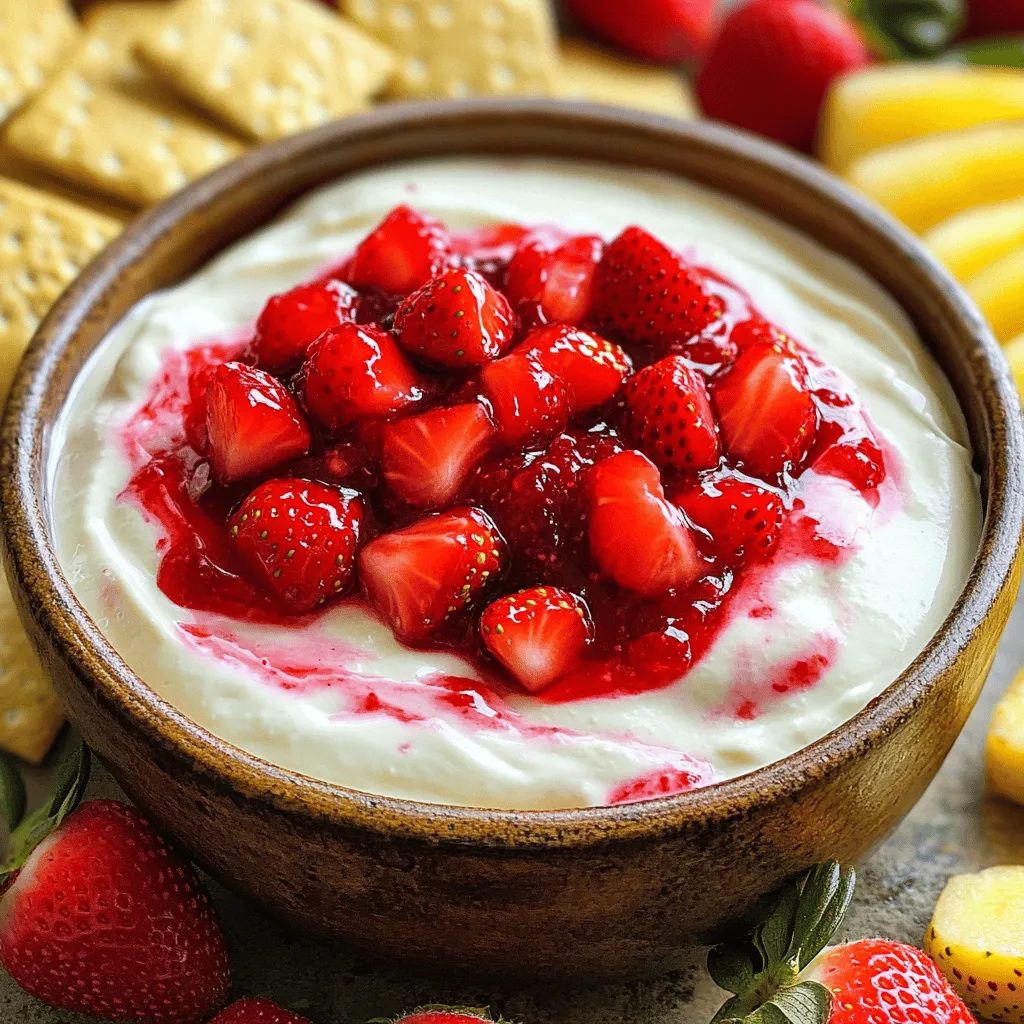 - 1 Tasse Frischkäse, weich (auf Zimmertemperatur) - 1 Tasse Puderzucker - 1 Teelöffel Vanilleextrakt - ½ Tasse saure Sahne - 1 Tasse frische Erdbeeren, gewürfelt - ¼ Tasse Erdbeer-Konfitüre - Graham-Cracker - Frisches Obst zum Dippen Um einen köstlichen Erdbeer-Käsekuchen-Dip zuzubereiten, sind die Zutaten wichtig. Frischkäse bringt die cremige Grundlage. Puderzucker macht den Dip süß. Vanilleextrakt fügt einen feinen Geschmack hinzu. Die saure Sahne macht alles noch cremiger und gibt einen tollen Kontrast. Frische Erdbeeren bringen einen fruchtigen Kick. Erdbeer-Konfitüre sorgt für zusätzliche Süße und Erdbeergeschmack. Graham-Cracker sind perfekt zum Dippen. Sie geben einen knusprigen Biss. Frisches Obst passt auch sehr gut dazu. Es bleibt bunt und lecker. Für die besten Ergebnisse ist es wichtig, frische und hochwertige Zutaten zu wählen. So wird der Dip ganz besonders gut. Für das vollständige Rezept, schau dir den [Full Recipe] an. - Schritt 1: Frischkäse cremig schlagen Beginne mit einer mittelgroßen Schüssel. Nimm den Frischkäse und schlage ihn mit einem elektrischen Mixer. Mische ihn bis er glatt und cremig ist. Das dauert etwa zwei Minuten. - Schritt 2: Puderzucker hinzufügen Füge den Puderzucker nach und nach hinzu. Schlage weiter, bis alles gut vermischt ist. Die Mischung sollte gleichmäßig und ohne Klumpen sein. - Schritt 3: Vanilleextrakt und saure Sahne unterrühren Jetzt kommt der Vanilleextrakt dazu. Rühre die saure Sahne ebenfalls ein. Du willst eine schöne, homogene Mischung. - Schritt 4: Erdbeeren und Konfitüre unterheben Nimm die gewürfelten Erdbeeren und die Erdbeer-Konfitüre. Hebe beides vorsichtig unter die Käsekuchen-Mischung. Achte darauf, die Erdbeeren nicht zu zerdrücken. - Schritt 5: Dip umfüllen und garnieren Fülle den Dip in eine Servierschüssel um. Du kannst die Oberfläche mit ganzen Erdbeeren garnieren. Das sieht schön aus! - Schritt 6: Servieren mit Dip-Optionen Serviere den Dip mit Graham-Crackern oder frischem Obst zum Dippen. Das macht das Essen noch mehr Spaß! Die gesamte Zubereitung dauert nur 15 Minuten. Für die volle Rezeptur kannst du die [Full Recipe] anschauen. Um die perfekte Konsistenz zu erreichen, ist das Schlagen des Frischkäses entscheidend. Ich empfehle, den Frischkäse zuerst in einer großen Schüssel glatt zu schlagen. Verwende einen elektrischen Mixer auf mittlerer Stufe. So wird der Käse schön cremig. Füge den Puderzucker langsam hinzu. Beginne mit einem Esslöffel und steigere die Menge schrittweise. Das hilft, Klumpen zu vermeiden und macht die Mischung gleichmäßiger. Frische Erdbeeren sind ein Muss für die Garnitur. Sie bringen Farbe und Geschmack. Du kannst sie ganz oben auf den Dip legen oder in kleine Stücke schneiden und unterheben. Sei kreativ beim Anrichten! Du kannst den Dip in einer schönen Schüssel servieren oder in Gläsern abfüllen. Füge einige ganze Erdbeeren oder einen Spritzer Erdbeer-Konfitüre hinzu, um das Aussehen zu verbessern. Für mehr Textur kannst du Haferflocken oder Nüsse hinzufügen. Das gibt dem Dip einen tollen Crunch. Misch einfach eine Handvoll in die Mischung, bevor du die Erdbeeren hinzufügst. Du kannst auch andere Früchte ausprobieren. Himbeeren oder Blaubeeren passen gut. Sie bringen neue Geschmäcker und Farben in den Dip. Sei kreativ und finde deine Lieblingskombination! {{image_4}} Du kannst deinen Erdbeer-Käsekuchen-Dip leicht variieren. Himbeeren und Blaubeeren sind tolle Alternativen. Diese Früchte bringen eine frische Note. Sie passen gut zu dem cremigen Dip. Für einen tropischen Geschmack probiere Ananas aus. Ananas gibt dem Dip eine süße und saftige Note. Du kannst sie frisch verwenden oder aus der Dose nehmen. Falls du glutenfrei essen musst, gibt es gute Alternativen. Statt Graham-Crackern kannst du glutenfreie Kekse verwenden. Diese Kekse gibt es in vielen Geschmäckern. Sie sind oft knusprig und lecker. Du kannst sogar Nüsse oder Haferflocken hinzufügen. So schaffst du eine tolle Textur, die gut zu dem Dip passt. Wenn du vegan kochen möchtest, gibt es einfache Lösungen. Verwende veganen Frischkäse für den Dip. Er hat einen ähnlichen Geschmack wie die normale Variante. Für die Süße kannst du alternative Süßstoffe nutzen. Agavendicksaft oder Kokosblütenzucker sind gute Optionen. So bleibt der Dip lecker und frei von tierischen Produkten. Bewahre den Erdbeer-Käsekuchen-Dip im Kühlschrank auf. Das hält ihn frisch und lecker. Verwende einen luftdichten Behälter. So bleibt der Dip vor Gerüchen geschützt. Wenn du den Dip nach einer Feier übrig hast, decke ihn gut ab. Der Dip hält sich etwa drei bis fünf Tage im Kühlschrank. Achte darauf, ihn in den ersten Tagen zu genießen. Nach ein paar Tagen kann die Frische nachlassen. Du kannst den Dip auch wiederverwenden. Mische ihn einfach gut durch, bevor du ihn servierst. Das Einfrieren ist möglich, aber nicht ideal. Der Dip kann nach dem Auftauen wässrig werden. Wenn du es dennoch versuchen möchtest, fülle ihn in einen gefrierfesten Behälter. Lass dabei etwas Platz, damit sich die Masse ausdehnen kann. Zum Auftauen lege den Dip über Nacht in den Kühlschrank. Rühre ihn gut um, bevor du ihn servierst. So bekommst du die beste Konsistenz zurück. Um den Dip vegan zu machen, benutze veganen Frischkäse. Dieser hat eine ähnliche Textur. Statt Puderzucker kannst du Kokosblütenzucker verwenden. Achte darauf, dass die Erdbeer-Konfitüre keinen Zucker enthält. Verwende auch pflanzliche Sahne oder Joghurt. So bleibt der Geschmack frisch und lecker. Ja, du kannst gefrorene Erdbeeren nutzen. Der Vorteil ist, dass sie lange haltbar sind und oft schon gewaschen sind. Der Nachteil ist, dass sie nach dem Auftauen weicher werden. Das kann die Textur des Dips leicht verändern. Wenn du den Dip cremig magst, verwende frische Erdbeeren. Für einen schnellen Snack sind gefrorene Erdbeeren jedoch praktisch. Wenn du keine Graham-Cracker hast, nutze Kekse wie Digestive oder Haferkekse. Auch frisches Obst eignet sich gut. Äpfel, Birnen oder Bananen sind tolle Alternativen. Sie bringen frische Aromen und zusätzliche Nährstoffe. Du kannst auch kleine Waffeln oder Cracker verwenden. Sei kreativ! Der Erdbeer-Käsekuchen-Dip ist ein einfacher, leckerer Snack. Wir haben die Hauptzutaten wie Frischkäse, Puderzucker und Vanilleextrakt genau betrachtet. Zudem ist die Zubereitung einfach: Cremig schlagen, mischen und servieren. Die Tipps helfen, die perfekte Konsistenz zu erreichen. Und wer kreativ sein will, kann Variationen ausprobieren, wie vegane oder glutenfreie Optionen. Experimentiere mit deiner eigenen Version des Dips. Du wirst wahrscheinlich die verschiedenen Geschmäcker und Texturen lieben!