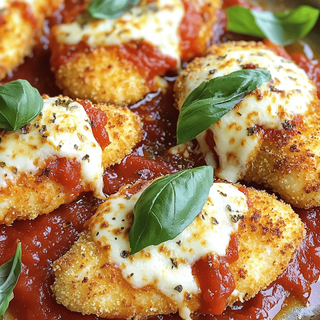 - 450 g Hähnchenbrustfilets (Tenderloins) - 120 g Mehl (Allzweckmehl) - 2 große Eier, verquirlt - 120 g Semmelbrösel (Panko) - 50 g geriebener Parmesan - 240 ml Marinara-Sauce - 1 Teelöffel Knoblauchpulver - 1 Teelöffel Zwiebelpulver - 1 Teelöffel italienische Kräuter - Salz und Pfeffer, frische Basilikumblätter Wenn du dir die Zutaten anschaust, siehst du, dass die Auswahl einfach ist. Beginne mit den Hauptzutaten. Die Hähnchenbrustfilets sind die Basis. Du kannst sie in gleichmäßige Streifen schneiden. So kochen sie gleichmäßig und werden knusprig. Für die Panade brauchst du Mehl, Eier und Panko. Das Panko gibt den Tenders eine tolle Knusprigkeit. Parmesan bringt Geschmack. Er schmilzt beim Backen und wird köstlich. Die Marinara-Sauce ist wichtig. Sie sorgt für Feuchtigkeit und Geschmack. Du kannst eine fertige Sauce verwenden oder selbst eine machen. Die Gewürze machen den Unterschied. Knoblauchpulver und Zwiebelpulver geben Aroma. Italienische Kräuter bringen Frische. Verpasse nicht das Salz und den Pfeffer. Sie heben den Geschmack der Zutaten hervor. Die frischen Basilikumblätter sind die perfekte Garnitur. Sie machen das Gericht ansprechend und lecker. Für das vollständige Rezept schau dir die Full Recipe an. Es gibt dir die genauen Schritte für ein perfektes Ergebnis. Richten Sie drei Schalen ein: - Mehl, gewürzt mit Salz und Pfeffer - Verquirlte Eier - Semmelbrösel-Mischung mit Parmesan, Knoblauchpulver, Zwiebelpulver und italienischen Kräutern Diese drei Schritte sind wichtig. Sie helfen, dass das Hähnchen gut haftet und knusprig wird. Die Gewürze im Mehl sorgen für Geschmack. Nehmen Sie jedes Hähnchenbrustfilet. - Panieren Sie es zuerst im Mehl. - Schütteln Sie das überschüssige Mehl ab. - Tauchen Sie es in die verquirlten Eier. - Drücken Sie es in die Semmelbrösel-Mischung, bis es gut bedeckt ist. Wiederholen Sie dies mit allen Hähnchenstreifen. Dieser Prozess hilft dem Hähnchen, eine schöne, knusprige Kruste zu bekommen. Erhitzen Sie etwa 0,5 cm Olivenöl in einer großen Pfanne bei mittlerer bis hoher Hitze. Wenn das Öl heiß ist, fügen Sie die panierten Hähnchenstreifen vorsichtig in Chargen hinzu. Braten Sie sie etwa 4-5 Minuten auf jeder Seite, bis sie goldbraun und knusprig sind. Überladen Sie die Pfanne nicht. Das kann die Hitze senken und das Hähnchen wird nicht knusprig. Übertragen Sie die Hähnchenstreifen auf einen mit Küchenpapier ausgelegten Teller, um überschüssiges Öl abtropfen zu lassen. Für die vollständige Anleitung können Sie [Full Recipe] ansehen. Für knusprige Hähnchen Parmesan Streifen ist Panko der Schlüssel. Panko ist grober, luftiger und gibt mehr Crunch. Achte auch auf die richtige Öltemperatur. Das Öl sollte heiß sein, etwa 180 °C. Du kannst dies testen, indem du ein kleines Stück Hähnchen hineinwirfst. Wenn es sofort brutzelt, ist das Öl bereit. Ein häufiger Fehler ist, die Pfanne zu überladen. Wenn du zu viele Stücke auf einmal brätst, sinkt die Temperatur des Öls. Das Ergebnis sind weiche, nicht knusprige Streifen. Ein weiterer Grund kann eine zu niedrige Temperatur sein. Wenn das Öl nicht heiß genug ist, wird das Hähnchen fettig und weich statt knusprig. Das Anrichten macht das Essen besonders. Lege die Hähnchenstreifen auf einen großen Teller. Gieße etwas Marinara-Sauce darüber. Streue dann den geriebenen Mozzarella gleichmäßig darauf. Du kannst auch frische Basilikumblätter oben drauflegen. Das sieht toll aus und schmeckt frisch. {{image_4}} Möchtest du etwas Neues? Du kannst eine cremige Spinatfüllung in die Hähnchenstreifen einfüllen. Dazu mischst du frischen Spinat, Frischkäse und etwas Parmesan. Das gibt einen tollen Geschmack. Wenn du es scharf magst, füge Jalapeños hinzu. Diese bringen eine feurige Note. So wird dein Gericht noch spannender. Hast du spezielle diätetische Bedürfnisse? Du kannst das Rezept glutenfrei machen. Verwende einfach glutenfreies Mehl und glutenfreie Semmelbrösel. So bleiben die Hähnchenstreifen lecker und knusprig. Jeder kann sie genießen, auch Personen mit Glutenunverträglichkeit. Die Soße kann viel ausmachen. Statt Marinara kannst du auch Alfredo-Soße verwenden. Diese ist reich und cremig. Eine BBQ-Soße ist auch eine tolle Wahl. Sie gibt den Hähnchenstreifen einen süßen und rauchigen Geschmack. Probiere verschiedene Soßen und finde deinen Favoriten. Um die Reste der krossen Hähnchen Parmesan Streifen frisch zu halten, bewahre sie in einem luftdichten Behälter auf. Stelle sicher, dass die Streifen abgekühlt sind, bevor du sie einpackst. Im Kühlschrank halten sie sich bis zu drei Tage. Wenn du sie länger aufbewahren möchtest, friere sie ein. Wenn du die Hähnchenstreifen aufwärmen möchtest, nutze den Ofen. Heize ihn auf 180 °C vor. Lege die Streifen auf ein Backblech und backe sie für etwa 10-15 Minuten. So bleiben sie knusprig und lecker. Du kannst auch eine Pfanne verwenden, um sie leicht in etwas Öl zu braten. Vermeide die Mikrowelle, da sie die Knusprigkeit zerstört. Um die Hähnchenstreifen einzufrieren, lasse sie zuerst ganz abkühlen. Lege sie dann in einen gefriergeeigneten Behälter oder einen Gefrierbeutel. Achte darauf, die Luft herauszudrücken. So bleiben sie bis zu drei Monate frisch. Zum Auftauen lege die Streifen über Nacht in den Kühlschrank. Danach kannst du sie wie oben beschrieben aufwärmen. Die Zubereitung dauert nur 15 Minuten. Die gesamte Kochzeit beträgt 25 Minuten. Das Rezept ist einfach und schnell. In nur 40 Minuten hast du ein tolles Gericht. Ja, du kannst die Hähnchenstreifen im Voraus zubereiten. Panierte Streifen lassen sich gut lagern. Du kannst sie nach dem Panieren im Kühlschrank aufbewahren. Achte darauf, dass sie gut abgedeckt sind. So bleiben sie frisch. Wenn du sie später braten möchtest, lasse sie kurz bei Raumtemperatur stehen. Das hilft, die Knusprigkeit zu bewahren. Es gibt einige Gründe, warum dein Hähnchen nicht knusprig wird. Hier sind mögliche Ursachen: - Zu wenig Öl: Stelle sicher, dass das Öl heiß genug ist. - Überladen der Pfanne: Brate die Streifen in kleinen Mengen. - Feuchtigkeit: Trockne das Hähnchen gut ab, bevor du es panierst. Diese Tipps helfen dir, das perfekte knusprige Hähnchen zu bekommen. Dieses Rezept für knusprige Hähnchenstreifen ist einfach und lecker. Wir haben die Hauptzutaten, die Schritt-für-Schritt-Anleitung und nützliche Tipps behandelt. Variationen wie Spinatfüllungen oder verschiedene Soßen machen das Gericht besonders. Auch die Lagerung und das Aufwärmen sind kein Problem. Denken Sie daran, die Temperatur des Öls richtig einzustellen. Dann wird Ihr Hähnchen perfekt knusprig. Experimentieren Sie mit den Zutaten und passen Sie das Rezept nach Ihrem Geschmack an. So wird jede Mahlzeit zum Genuss!
