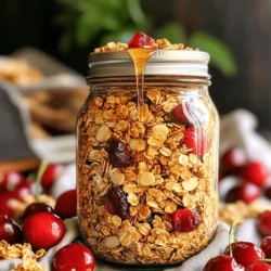 Um ein köstliches Cherry Maple Granola zu machen, brauchen Sie einige einfache Zutaten. Hier ist die Liste: - 2 Tassen Haferflocken - 1 Tasse rohe Mandeln, grob gehackt - 1/2 Tasse Kürbiskerne - 1 Tasse getrocknete Kirschen - 1/4 Tasse Ahornsirup - 1/4 Tasse Kokosöl, geschmolzen - 1 Teelöffel Vanilleextrakt - 1 Teelöffel Zimt - 1/2 Teelöffel Salz Diese Zutaten sind leicht zu finden und einfach zu verwenden. Jede Zutat in diesem Rezept bringt ihre eigenen gesundheitlichen Vorteile mit. Haferflocken sind reich an Ballaststoffen. Sie helfen, den Blutzucker zu regulieren. Mandeln liefern gesunde Fette und Eiweiß. Kürbiskerne sind voll von Zink und Magnesium, die gut für Ihr Immunsystem sind. Getrocknete Kirschen sind eine gute Quelle für Antioxidantien. Ahornsirup gibt Ihnen natürliche Süße, ohne raffinierten Zucker zu verwenden. Kokosöl enthält gesunde Fette, die Ihr Herz unterstützen. Zimt kann den Blutzucker senken und hat entzündungshemmende Eigenschaften. Diese Mischung macht Ihr Granola nahrhaft und lecker. Die Zutaten für Cherry Maple Granola sind in den meisten Supermärkten erhältlich. Haferflocken finden Sie in der Getreideabteilung. Mandeln und Kürbiskerne sind oft in der Nuss- und Trockenfrüchte-Sektion. Getrocknete Kirschen gibt es in der Obstabteilung. Ahornsirup finden Sie im Regal für Süßstoffe. Kokosöl ist normalerweise bei den Ölen oder Backzutaten. Diese Zutaten sind nicht nur einfach zu finden, sie sind auch frisch und voller Geschmack. Für das vollständige Rezept schauen Sie sich das Rezept an. Um das Cherry Maple Granola zu machen, brauchst du ein paar Dinge. Stelle sicher, dass du Folgendes hast: - Ein großes Backblech - Backpapier - Zwei Schüsseln (eine große und eine kleine) - Einen Löffel oder Spatel zum Mischen - Einen Teelöffel für genaue Messungen Lege zuerst das Backpapier auf das Blech. Dies hilft, das Granola später leicht zu entfernen. Heize deinen Ofen auf 175°C (350°F) vor. So ist es bereit, wenn du das Granola fertig hast. Jetzt kommen die Haferflocken, Mandeln und Kürbiskerne. Nimm die große Schüssel und gib folgende Zutaten hinein: - 2 Tassen Haferflocken - 1 Tasse rohe Mandeln, grob gehackt - 1/2 Tasse Kürbiskerne Rühre alles gut um. Achte darauf, dass die Zutaten gleichmäßig gemischt sind. Dies sorgt für einen guten Geschmack und eine schöne Textur. In der kleinen Schüssel mischst du die feuchten Zutaten. Das sind: - 1/4 Tasse Ahornsirup - 1/4 Tasse geschmolzenes Kokosöl - 1 Teelöffel Vanilleextrakt - 1 Teelöffel Zimt - 1/2 Teelöffel Salz Schlage diese Zutaten zusammen, bis sie gut vermischt sind. Gieße die feuchte Mischung über die trockenen Zutaten. Rühre alles sorgfältig um, bis jede Flocke und Nuss gut bedeckt sind. Jetzt kannst du die Mischung gleichmäßig auf das Backblech verteilen. Das Granola wird im Ofen knusprig und lecker. Folge einfach dem [Full Recipe], um den Rest zu machen! Beim Backen von Granola ist die Temperatur wichtig. Ein zu heißer Ofen kann die Zutaten schnell verbrennen. Ich empfehle, den Ofen auf 175°C (350°F) vorzuheizen. Achte darauf, die Mischung gleichmäßig auf dem Blech zu verteilen. So backt sie gleichmäßig. Um verbrannte Granola zu vermeiden, rühren Sie die Mischung nach 10 Minuten um. So wird alles goldbraun und knusprig. Achten Sie darauf, die Granola im Auge zu behalten. Jeder Ofen ist anders, und je nach Ofen kann die Backzeit variieren. Du kannst das Rezept leicht anpassen. Füge deine Lieblingsnüsse oder -früchte hinzu. Zum Beispiel, Walnüsse oder getrocknete Äpfel passen gut. Du kannst auch den Zimt durch Muskatnuss ersetzen. Wenn du es süßer magst, füge mehr Ahornsirup hinzu. Probiere verschiedene Kombinationen aus und finde deinen Favoriten. Für das vollständige Rezept, schaue dir die [Full Recipe] an. {{image_4}} Bei der Herstellung von Cherry Maple Granola können Sie kreativ sein. Statt getrockneter Kirschen können Sie Rosinen oder Cranberries verwenden. Diese Früchte bieten einen süßen Geschmack und eine schöne Farbe. Nüsse sind auch wichtig. Statt Mandeln probieren Sie Cashews oder Walnüsse. Diese bringen unterschiedliche Aromen und Texturen in die Mischung. Ahornsirup ist großartig, aber Sie können auch Honig oder Agavendicksaft verwenden. Diese Alternativen fügen einen einzigartigen Geschmack hinzu. Wenn Sie weniger süß mögen, reduzieren Sie die Menge. Sie können auch ungesüßtes Apfelmus verwenden, um die Granola feucht zu halten, ohne zu viel Zucker hinzuzufügen. Um Ihre Granola nahrhafter zu machen, fügen Sie Chiasamen oder Leinsamen hinzu. Diese Samen sind voll mit Protein und Ballaststoffen. Auch Erdnüsse oder Sonnenblumenkerne sind gute Optionen. Sie steigern den Nährstoffgehalt und helfen Ihnen, sich länger satt zu fühlen. Damit wird Ihre Cherry Maple Granola zu einem echten Power-Snack. Für das vollständige Rezept schauen Sie sich bitte die [Full Recipe] an. Um die Frische deiner Cherry Maple Granola zu bewahren, ist die Lagerung wichtig. Am besten bewahrst du die Granola in einem luftdichten Behälter auf. Das schützt sie vor Feuchtigkeit und Luft. Ein Einmachglas oder ein Kunststoffbehälter mit dicht schließendem Deckel funktioniert gut. Stelle den Behälter an einem kühlen, dunklen Ort auf, wie zum Beispiel in einem Küchenschrank. Die Haltbarkeit deiner selbstgemachten Granola beträgt bis zu zwei Wochen, wenn du sie richtig lagerst. Nach dieser Zeit kann die Qualität abnehmen. Die Granola kann weicher werden oder ihren Geschmack verlieren. Achte darauf, sie regelmäßig zu überprüfen. Wenn du bemerkst, dass sie nicht mehr knusprig ist, ist es Zeit, eine neue Charge zu machen. Wenn du Reste von Cherry Maple Granola hast, gibt es viele kreative Möglichkeiten, sie zu nutzen. Hier sind einige Ideen: - Joghurt-Topping: Streue die Granola über Joghurt für ein schnelles Frühstück. - Smoothie-Bowl: Nutze die Granola als Topping für deine Smoothie-Bowl. - Müsliriegel: Mische die Reste mit Honig und forme sie zu Müsliriegeln. - Salat: Füge die Granola als knackigen Topping zu einem Salat hinzu. Mit diesen Tipps bleibt deine Cherry Maple Granola frisch und lecker. Probiere die Full Recipe, um gleich loszulegen! Um Cherry Maple Granola zu Hause zu machen, folgen Sie einfach dem Full Recipe. Sie brauchen Haferflocken, Mandeln, Kürbiskerne und getrocknete Kirschen. Mischen Sie die trockenen Zutaten in einer Schüssel. In einer anderen Schüssel vermengen Sie Ahornsirup, Kokosöl, Vanille, Zimt und Salz. Gießen Sie die feuchte Mischung über die trockenen Zutaten. Backen Sie die Mischung bis sie goldbraun ist. Lassen Sie sie abkühlen und fügen Sie die Kirschen hinzu. Granola ist sehr nahrhaft. Es bietet Ballaststoffe, die gut für die Verdauung sind. Die Mandeln liefern gesunde Fette, die das Herz schützen. Kürbiskerne sind reich an Vitaminen und Mineralien. Getrocknete Kirschen haben Antioxidantien. Diese fördern die Gesundheit und helfen beim Schutz vor Krankheiten. Granola kann auch den Blutzuckerspiegel stabilisieren. Es ist ein toller Snack für alle, die gesund essen wollen. Cherry Maple Granola können Sie in vielen Geschäften kaufen. Bioläden und Supermärkte haben oft eine gute Auswahl. Achten Sie auf die Zutatenliste. Suchen Sie nach Marken, die natürliche Zutaten verwenden. Online-Shops bieten auch viele Optionen. So können Sie bequem von zu Hause aus bestellen. Zusammengefasst haben wir die besten Zutaten für Ihr Granola behandelt und deren Vorteile. Ich zeigte Ihnen, wie Sie die Mischung einfach zubereiten können. Außerdem teilte ich nützliche Tipps, um perfekte Ergebnisse zu erzielen. Denken Sie daran, dass Anpassungen das Rezept spannend machen. Lagern Sie Ihr Granola richtig, um es frisch zu halten. Mit diesen Grundlagen sind Sie bereit, leckeres und gesundes Granola zu machen. Beginnen Sie Ihr Backabenteuer noch heute!