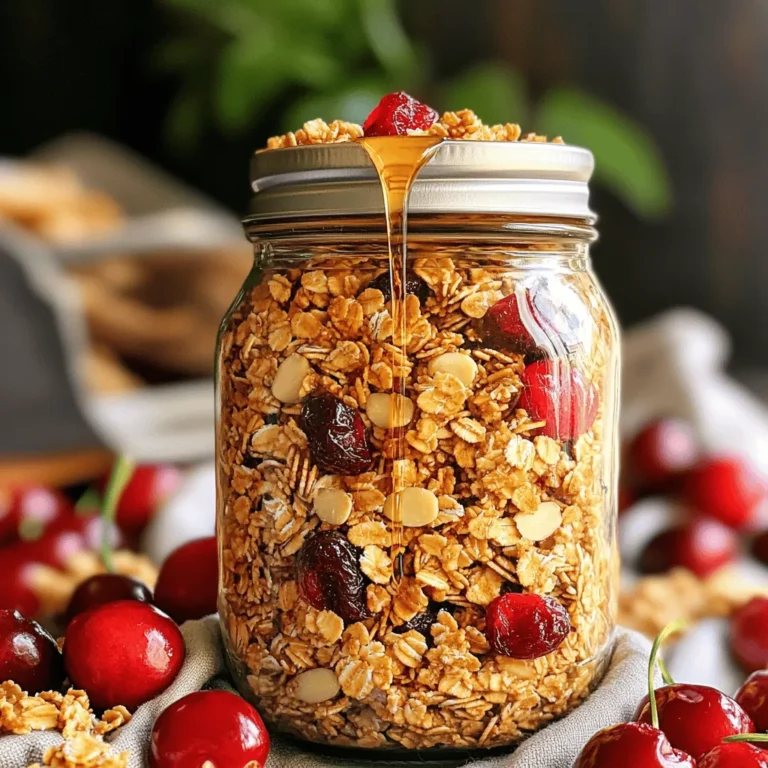 Um ein köstliches Cherry Maple Granola zu machen, brauchen Sie einige einfache Zutaten. Hier ist die Liste: - 2 Tassen Haferflocken - 1 Tasse rohe Mandeln, grob gehackt - 1/2 Tasse Kürbiskerne - 1 Tasse getrocknete Kirschen - 1/4 Tasse Ahornsirup - 1/4 Tasse Kokosöl, geschmolzen - 1 Teelöffel Vanilleextrakt - 1 Teelöffel Zimt - 1/2 Teelöffel Salz Diese Zutaten sind leicht zu finden und einfach zu verwenden. Jede Zutat in diesem Rezept bringt ihre eigenen gesundheitlichen Vorteile mit. Haferflocken sind reich an Ballaststoffen. Sie helfen, den Blutzucker zu regulieren. Mandeln liefern gesunde Fette und Eiweiß. Kürbiskerne sind voll von Zink und Magnesium, die gut für Ihr Immunsystem sind. Getrocknete Kirschen sind eine gute Quelle für Antioxidantien. Ahornsirup gibt Ihnen natürliche Süße, ohne raffinierten Zucker zu verwenden. Kokosöl enthält gesunde Fette, die Ihr Herz unterstützen. Zimt kann den Blutzucker senken und hat entzündungshemmende Eigenschaften. Diese Mischung macht Ihr Granola nahrhaft und lecker. Die Zutaten für Cherry Maple Granola sind in den meisten Supermärkten erhältlich. Haferflocken finden Sie in der Getreideabteilung. Mandeln und Kürbiskerne sind oft in der Nuss- und Trockenfrüchte-Sektion. Getrocknete Kirschen gibt es in der Obstabteilung. Ahornsirup finden Sie im Regal für Süßstoffe. Kokosöl ist normalerweise bei den Ölen oder Backzutaten. Diese Zutaten sind nicht nur einfach zu finden, sie sind auch frisch und voller Geschmack. Für das vollständige Rezept schauen Sie sich das Rezept an. Um das Cherry Maple Granola zu machen, brauchst du ein paar Dinge. Stelle sicher, dass du Folgendes hast: - Ein großes Backblech - Backpapier - Zwei Schüsseln (eine große und eine kleine) - Einen Löffel oder Spatel zum Mischen - Einen Teelöffel für genaue Messungen Lege zuerst das Backpapier auf das Blech. Dies hilft, das Granola später leicht zu entfernen. Heize deinen Ofen auf 175°C (350°F) vor. So ist es bereit, wenn du das Granola fertig hast. Jetzt kommen die Haferflocken, Mandeln und Kürbiskerne. Nimm die große Schüssel und gib folgende Zutaten hinein: - 2 Tassen Haferflocken - 1 Tasse rohe Mandeln, grob gehackt - 1/2 Tasse Kürbiskerne Rühre alles gut um. Achte darauf, dass die Zutaten gleichmäßig gemischt sind. Dies sorgt für einen guten Geschmack und eine schöne Textur. In der kleinen Schüssel mischst du die feuchten Zutaten. Das sind: - 1/4 Tasse Ahornsirup - 1/4 Tasse geschmolzenes Kokosöl - 1 Teelöffel Vanilleextrakt - 1 Teelöffel Zimt - 1/2 Teelöffel Salz Schlage diese Zutaten zusammen, bis sie gut vermischt sind. Gieße die feuchte Mischung über die trockenen Zutaten. Rühre alles sorgfältig um, bis jede Flocke und Nuss gut bedeckt sind. Jetzt kannst du die Mischung gleichmäßig auf das Backblech verteilen. Das Granola wird im Ofen knusprig und lecker. Folge einfach dem [Full Recipe], um den Rest zu machen! Beim Backen von Granola ist die Temperatur wichtig. Ein zu heißer Ofen kann die Zutaten schnell verbrennen. Ich empfehle, den Ofen auf 175°C (350°F) vorzuheizen. Achte darauf, die Mischung gleichmäßig auf dem Blech zu verteilen. So backt sie gleichmäßig. Um verbrannte Granola zu vermeiden, rühren Sie die Mischung nach 10 Minuten um. So wird alles goldbraun und knusprig. Achten Sie darauf, die Granola im Auge zu behalten. Jeder Ofen ist anders, und je nach Ofen kann die Backzeit variieren. Du kannst das Rezept leicht anpassen. Füge deine Lieblingsnüsse oder -früchte hinzu. Zum Beispiel, Walnüsse oder getrocknete Äpfel passen gut. Du kannst auch den Zimt durch Muskatnuss ersetzen. Wenn du es süßer magst, füge mehr Ahornsirup hinzu. Probiere verschiedene Kombinationen aus und finde deinen Favoriten. Für das vollständige Rezept, schaue dir die [Full Recipe] an. {{image_4}} Bei der Herstellung von Cherry Maple Granola können Sie kreativ sein. Statt getrockneter Kirschen können Sie Rosinen oder Cranberries verwenden. Diese Früchte bieten einen süßen Geschmack und eine schöne Farbe. Nüsse sind auch wichtig. Statt Mandeln probieren Sie Cashews oder Walnüsse. Diese bringen unterschiedliche Aromen und Texturen in die Mischung. Ahornsirup ist großartig, aber Sie können auch Honig oder Agavendicksaft verwenden. Diese Alternativen fügen einen einzigartigen Geschmack hinzu. Wenn Sie weniger süß mögen, reduzieren Sie die Menge. Sie können auch ungesüßtes Apfelmus verwenden, um die Granola feucht zu halten, ohne zu viel Zucker hinzuzufügen. Um Ihre Granola nahrhafter zu machen, fügen Sie Chiasamen oder Leinsamen hinzu. Diese Samen sind voll mit Protein und Ballaststoffen. Auch Erdnüsse oder Sonnenblumenkerne sind gute Optionen. Sie steigern den Nährstoffgehalt und helfen Ihnen, sich länger satt zu fühlen. Damit wird Ihre Cherry Maple Granola zu einem echten Power-Snack. Für das vollständige Rezept schauen Sie sich bitte die [Full Recipe] an. Um die Frische deiner Cherry Maple Granola zu bewahren, ist die Lagerung wichtig. Am besten bewahrst du die Granola in einem luftdichten Behälter auf. Das schützt sie vor Feuchtigkeit und Luft. Ein Einmachglas oder ein Kunststoffbehälter mit dicht schließendem Deckel funktioniert gut. Stelle den Behälter an einem kühlen, dunklen Ort auf, wie zum Beispiel in einem Küchenschrank. Die Haltbarkeit deiner selbstgemachten Granola beträgt bis zu zwei Wochen, wenn du sie richtig lagerst. Nach dieser Zeit kann die Qualität abnehmen. Die Granola kann weicher werden oder ihren Geschmack verlieren. Achte darauf, sie regelmäßig zu überprüfen. Wenn du bemerkst, dass sie nicht mehr knusprig ist, ist es Zeit, eine neue Charge zu machen. Wenn du Reste von Cherry Maple Granola hast, gibt es viele kreative Möglichkeiten, sie zu nutzen. Hier sind einige Ideen: - Joghurt-Topping: Streue die Granola über Joghurt für ein schnelles Frühstück. - Smoothie-Bowl: Nutze die Granola als Topping für deine Smoothie-Bowl. - Müsliriegel: Mische die Reste mit Honig und forme sie zu Müsliriegeln. - Salat: Füge die Granola als knackigen Topping zu einem Salat hinzu. Mit diesen Tipps bleibt deine Cherry Maple Granola frisch und lecker. Probiere die Full Recipe, um gleich loszulegen! Um Cherry Maple Granola zu Hause zu machen, folgen Sie einfach dem Full Recipe. Sie brauchen Haferflocken, Mandeln, Kürbiskerne und getrocknete Kirschen. Mischen Sie die trockenen Zutaten in einer Schüssel. In einer anderen Schüssel vermengen Sie Ahornsirup, Kokosöl, Vanille, Zimt und Salz. Gießen Sie die feuchte Mischung über die trockenen Zutaten. Backen Sie die Mischung bis sie goldbraun ist. Lassen Sie sie abkühlen und fügen Sie die Kirschen hinzu. Granola ist sehr nahrhaft. Es bietet Ballaststoffe, die gut für die Verdauung sind. Die Mandeln liefern gesunde Fette, die das Herz schützen. Kürbiskerne sind reich an Vitaminen und Mineralien. Getrocknete Kirschen haben Antioxidantien. Diese fördern die Gesundheit und helfen beim Schutz vor Krankheiten. Granola kann auch den Blutzuckerspiegel stabilisieren. Es ist ein toller Snack für alle, die gesund essen wollen. Cherry Maple Granola können Sie in vielen Geschäften kaufen. Bioläden und Supermärkte haben oft eine gute Auswahl. Achten Sie auf die Zutatenliste. Suchen Sie nach Marken, die natürliche Zutaten verwenden. Online-Shops bieten auch viele Optionen. So können Sie bequem von zu Hause aus bestellen. Zusammengefasst haben wir die besten Zutaten für Ihr Granola behandelt und deren Vorteile. Ich zeigte Ihnen, wie Sie die Mischung einfach zubereiten können. Außerdem teilte ich nützliche Tipps, um perfekte Ergebnisse zu erzielen. Denken Sie daran, dass Anpassungen das Rezept spannend machen. Lagern Sie Ihr Granola richtig, um es frisch zu halten. Mit diesen Grundlagen sind Sie bereit, leckeres und gesundes Granola zu machen. Beginnen Sie Ihr Backabenteuer noch heute!
